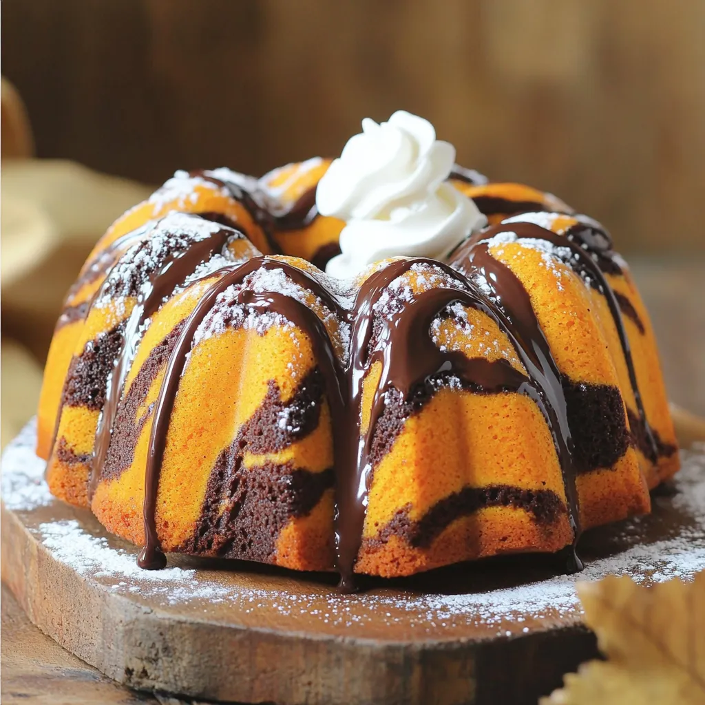 Um diesen leckeren Kürbis-Schokoladen-Swirl-Bundt-Kuchen zu machen, benötigst du: - 1 ¾ Tassen Weizenmehl - 1 Teelöffel Backpulver - 1 Teelöffel Natron - ½ Teelöffel Salz - 1 Teelöffel gemahlener Zimt - ½ Teelöffel gemahlene Muskatnuss - ½ Teelöffel gemahlener Ingwer - ½ Tasse ungesalzene Butter, zimmerwarm - 1 Tasse Kristallzucker - ½ Tasse brauner Zucker, fest gepackt - 2 große Eier - 1 Tasse Kürbispüree (aus der Dose oder frisch) - 1 Teelöffel Vanilleextrakt - 1 Tasse Zartbitterschokoladenstückchen - 2 Esslöffel Kakaopulver - 1 Esslöffel Milch (nach Bedarf für die Schokoladenmischung) Wähle die Zutaten mit Bedacht. Das Mehl sollte frisch sein, um einen guten Geschmack zu garantieren. Achte darauf, dass die Gewürze wie Zimt und Muskatnuss frisch gemahlen sind. Dies gibt dem Kuchen ein intensives Aroma. Die Butter sollte zimmerwarm sein, damit sie gut mit dem Zucker vermischt werden kann. Bei den Schokoladenstückchen greife zu hochwertiger Zartbitter-Schokolade. Sie sorgt für einen tollen Kontrast zum süßen Kürbisteig. Kürbispüree ist der Star dieses Kuchens. Du kannst frisches Kürbispüree verwenden oder das aus der Dose. Wenn du frisches Kürbisfleisch verwendest, koche oder dämpfe den Kürbis zuerst, bis er weich ist. Danach pürierst du ihn zu einer glatten Masse. Das aus der Dose ist oft bereits sehr gut gewürzt, also achte darauf, ungesüßtes Püree zu wählen. Beide Optionen funktionieren gut. Der Geschmack bleibt köstlich, egal für welche du dich entscheidest. Zuerst heize deinen Ofen auf 175°C vor. Fette eine 10-Zoll-Gugelhupfform ein. Streue etwas Mehl hinein, damit der Kuchen nicht kleben bleibt. In einer Schüssel mische das Mehl, Backpulver, Natron, Salz, Zimt, Muskatnuss und Ingwer. Diese Mischung stellst du beiseite. In einer großen Schüssel schlägst du die zimmerwarme Butter mit Kristallzucker und braunem Zucker. Mische alles gut, bis die Masse leicht und fluffig wird. Gib die Eier nach und nach dazu und rühre gut um. Füge dann das Kürbispüree und den Vanilleextrakt hinzu. Jetzt nimm die trockene Mischung und gib sie nach und nach zur feuchten Mischung. Rühre nur so lange, bis alles gerade verbunden ist. Übermäßiges Rühren macht den Kuchen dicht. Für die Schokoladenmischung schmelze die Schokoladenstückchen in der Mikrowelle. Mache das in 20-Sekunden-Intervallen. Rühre zwischendurch um, bis die Schokolade glatt ist. Mische das Kakaopulver unter. Wenn die Mischung zu dick ist, füge etwas Milch hinzu. Gieße die Hälfte des Kürbisteigs in die Gugelhupfform. Löffle die Schokoladenmischung gleichmäßig darüber. Gieße den restlichen Kürbisteig darauf und streiche ihn glatt. Mit einem Buttermesser ziehe vorsichtig durch die Schokoladenmischung, um den Swirl-Effekt zu erzeugen. Backe den Kuchen 45-55 Minuten. Überprüfe mit einem Zahnstocher, ob er fertig ist. Der Zahnstocher sollte sauber herauskommen. Lass den Kuchen nach dem Backen 10-15 Minuten in der Form abkühlen. Danach lege ihn auf ein Kuchengitter, um ihn vollständig abzukühlen. Um einen schönen Swirl zu machen, benutze ein Buttermesser oder einen Holzspieß. Tauche es sanft in die Schokoladenmischung. Ziehe dann durch den Kürbisteig, um den Swirl zu formen. Sei vorsichtig! Zu starkes Mischen zerstört das Muster. Mach sanfte Bewegungen, damit die Farben klar bleiben. Achte darauf, dass alle Zutaten bereit sind, bevor du beginnst. Das hilft dir, nichts zu vergessen. Halte die trockenen und feuchten Zutaten getrennt, bis es Zeit ist, sie zu mischen. Verwirrung beim Messen kann den Geschmack beeinflussen. Halte die Schokoladenstückchen und das Kakaopulver bereit, um sie schnell hinzuzufügen. Verwende eine große Rührschüssel für den Teig. Ein elektrischer Mixer macht das Rühren einfach. Achte darauf, eine Antihaftform zu nutzen. Diese hilft, den Kuchen leicht herauszunehmen. Ein Kuchengitter ist ideal zum Abkühlen. So bleibt der Kuchen gleichmäßig kühl und feucht. {{image_4}} Wenn du die Zartbitterschokolade nicht magst, gibt es viele Alternativen. Du kannst Milchschokolade verwenden. Sie macht den Kuchen süßer und cremiger. Weiße Schokolade ist eine andere Option. Sie gibt einen schönen Kontrast zur Kürbismasse. Probiere auch Nuss-Nougat-Schokolade. Sie bringt einen nussigen Geschmack in den Kuchen. Du kannst diesen Kuchen auch glutenfrei machen. Verwende einfach glutenfreies Mehl. Achte darauf, dass die Mischung gut bindet. Das ist wichtig, damit der Kuchen nicht bricht. Du kannst auch eine Mischung aus Mandelmehl und Kokosmehl verwenden. Das gibt dem Kuchen einen tollen Geschmack. Um den Kuchen interessanter zu machen, füge Gewürze hinzu. Eine Prise Muskatnuss oder mehr Zimt bringt Tiefe. Du kannst auch gehackte Nüsse wie Walnüsse oder Pekannüsse einstreuen. Diese geben einen schönen Crunch. Wenn du einen Hauch von Karamell magst, füge Karamellstückchen hinzu. Das sorgt für eine süße Überraschung in jedem Bissen. Um den Kürbis-Schokoladen-Swirl-Bundt-Kuchen frisch zu halten, ist die Lagerung wichtig. Lassen Sie den Kuchen zuerst vollständig abkühlen. Legen Sie ihn dann auf einen Teller oder in einen Kuchenbehälter. Bedecken Sie ihn gut mit Frischhaltefolie oder einem Deckel. So bleibt die Feuchtigkeit im Kuchen und er trocknet nicht aus. Der Kuchen bleibt bei Raumtemperatur bis zu 3 Tage frisch. Wenn Sie ihn länger aufbewahren möchten, stellen Sie ihn in den Kühlschrank. Dort hält er sich bis zu einer Woche. Achten Sie darauf, den Kuchen weiterhin abzudecken. So bleibt er schmackhaft und feucht. Um den Kuchen einzufrieren, schneiden Sie ihn in Stücke. Wickeln Sie jedes Stück gut in Frischhaltefolie ein. Danach legen Sie die Stücke in einen Gefrierbeutel. So bleibt der Kuchen bis zu 3 Monate frisch. Zum Auftauen legen Sie die Stücke einfach in den Kühlschrank. Lassen Sie sie dort über Nacht auftauen. So bleibt der Geschmack erhalten und der Kuchen bleibt saftig. Um einen fluffigen Kuchen zu machen, ist es wichtig, die Butter und Zucker gut zu schlagen. Ich empfehle, etwa 3-4 Minuten zu mischen. Dadurch wird Luft in die Mischung eingearbeitet. Verwende auch zimmerwarme Zutaten, wie Butter und Eier. Sie verbinden sich leichter. Übermische den Teig nicht, wenn du die trockenen Zutaten hinzufügst. Rühre nur so lange, bis alles gerade so vermischt ist. Ja, du kannst frisches Kürbispüree verwenden! Es gibt nichts Besseres als frische Zutaten. Koche dazu den Kürbis weich, püriere ihn und lasse ihn abkühlen. Achte darauf, dass das Püree nicht zu nass ist. Ein zu feuchtes Püree kann den Teig schwer machen und den Kuchen dicht machen. Der Kuchen bleibt bei Raumtemperatur für etwa 3-4 Tage frisch. Bewahre ihn in einem luftdichten Behälter auf. Wenn du den Kuchen im Kühlschrank lagerst, hält er bis zu einer Woche. Du kannst den Kuchen auch einfrieren. Wickel ihn gut ein, um Gefrierbrand zu vermeiden. So bleibt er bis zu drei Monate haltbar. Wir haben die wichtigen Zutaten betrachtet und die besten Kürbispürees ausgewählt. Danach haben wir die Schritte zum perfektionieren des Rezepts durchgearbeitet. Tipps zur Swirl-Technik und Lagerung helfen, Missgeschicke zu vermeiden. Auch Variationen für Allergien und Geschmäcker wurden angesprochen. Mit diesen Informationen wirst du sicher einen köstlichen Kuchen zaubern. Nutze die Tipps und genieße das Backen!