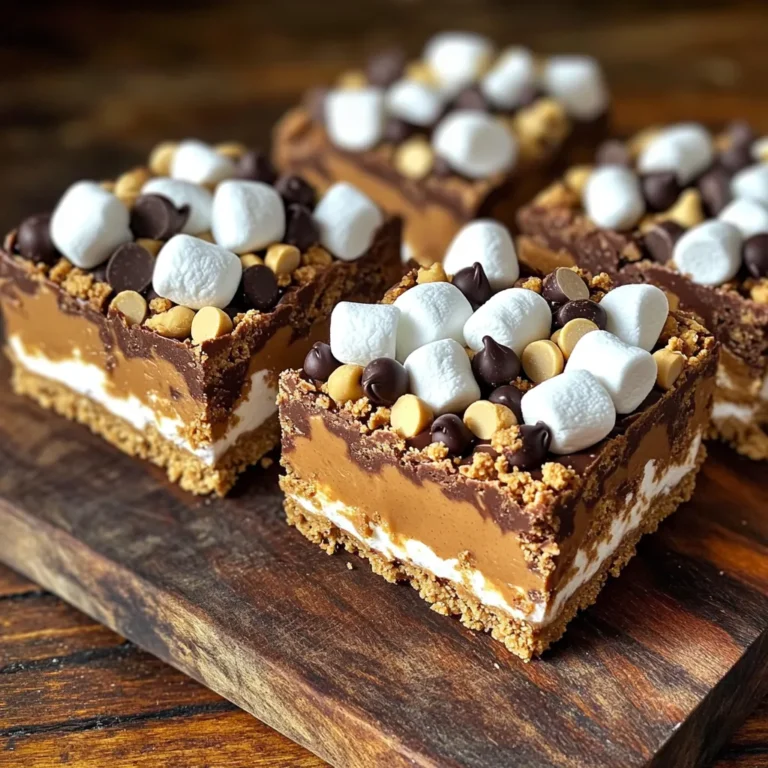 Für diese leckeren Bars benötigst du folgende Hauptzutaten: - 1 ½ Tassen Graham-Cracker-Brösel - ½ Tasse ungesüßtes Kakaopulver - 1 Tasse cremige Erdnussbutter - ½ Tasse Honig oder Ahornsirup - 1 Teelöffel Vanilleextrakt - 1 Tasse Mini-Marshmallows - ½ Tasse halbherbe Schokoladenstückchen Diese Zutaten machen die Bars süß und cremig. Die Graham-Cracker-Brösel geben dir die Basis. Das Kakaopulver fügt einen schokoladigen Geschmack hinzu. Die Erdnussbutter macht alles schön cremig. Honig oder Sirup sorgen für die Süße. Die Mini-Marshmallows und Schokoladenstückchen bringen den S’mores-Geschmack. Für das Topping kannst du ¼ Tasse zerdrückte Graham-Cracker verwenden. Sie geben den Bars einen zusätzlichen Crunch. Wenn du magst, füge mehr Mini-Marshmallows oder Schokoladensirup hinzu. Das sieht nicht nur gut aus, sondern schmeckt auch toll. Wähle frische Erdnussbutter ohne Zuckerzusatz. Das sorgt für einen echten Erdnussgeschmack. Achte darauf, dass die Graham-Cracker-Brösel fein sind. Das macht die Mischung gleichmäßiger. Verwende halbherbe Schokoladenstückchen für den perfekten süßen und herben Geschmack. Wenn du magst, kannst du auch andere Schokoladensorten ausprobieren. Zuerst nimm eine große Schüssel. Gib 1 ½ Tassen Graham-Cracker-Brösel und ½ Tasse ungesüßtes Kakaopulver hinein. Vermenge die Zutaten gut. Du willst eine gleichmäßige Mischung erzielen. So wird der Geschmack später besser verteilt. Jetzt ist es Zeit für die Erdnussbutter. Nimm einen kleinen Topf und stelle ihn bei niedriger Hitze auf den Herd. Füge 1 Tasse cremige Erdnussbutter und ½ Tasse Honig oder Ahornsirup hinzu. Rühre ständig, bis die Mischung cremig wird. Nimm den Topf vom Herd und füge 1 Teelöffel Vanilleextrakt hinzu. Rühren, bis alles gut vermischt ist. Gieße die Erdnussbutter-Mischung über die Graham-Cracker-Mischung. Rühre alles gut um, bis die Brösel gleichmäßig bedeckt sind. Jetzt hast du einen dicken Teig. Nimm eine 20x20 cm große Backform und lege sie mit Backpapier aus. Drücke den Teig gleichmäßig in die Form. Streue 1 Tasse Mini-Marshmallows und ½ Tasse halbherbe Schokoladenstückchen darüber. Leicht eindrücken. Für einen zusätzlichen Crunch, verteile ¼ Tasse zerdrückte Graham-Cracker darauf. Stelle die Form für mindestens 2 Stunden in den Kühlschrank. Nach dem Kühlen kannst du die Bars in gleichmäßige Quadrate schneiden. Um die besten No-Bake Peanut Butter S’mores Bars zu machen, gibt es ein paar Dinge zu beachten: - Graham-Cracker-Brösel gut zerdrücken: Achte darauf, die Brösel fein genug zu machen. So wird die Basis stabil. - Erdnussbutter richtig schmelzen: Schmelze die Erdnussbutter bei niedriger Hitze. Zu hohe Hitze kann die Textur ruinieren. - Honig oder Ahornsirup gut einrühren: Mische den Honig gleichmäßig ein. Klumpen können die Bars bröckelig machen. Die Kühlzeit ist wichtig für die perfekte Konsistenz: - Mindestens 2 Stunden kühlen: Lass die Bars mindestens 2 Stunden im Kühlschrank. So werden sie fest und leicht zu schneiden. - Für beste Ergebnisse über Nacht kühlen: Wenn du Zeit hast, lasse sie über Nacht stehen. Die Aromen vermischen sich besser. Das Schneiden der Bars kann tricky sein. Hier sind einige Tipps: - Backpapier verwenden: Hebe die Bars mit dem Backpapier heraus. Das macht das Schneiden einfacher. - Schneide mit einem scharfen Messer: Ein scharfes Messer macht saubere Schnitte. Wische es nach jedem Schnitt ab. - Quadrate gleichmäßig portionieren: Teile die Bars in gleichmäßige Quadrate. So sehen sie nicht nur gut aus, sondern sind auch perfekt portioniert. {{image_4}} Um den Geschmack Ihrer No-Bake Peanut Butter S’mores Bars zu erhöhen, können Sie einige Zutaten hinzufügen. Denken Sie an: - Kokosraspeln: Diese geben ein tropisches Gefühl. - Erdnüsse: Zerdrückte Erdnüsse sorgen für zusätzlichen Crunch. - Karamellsoße: Ein wenig Karamell zwischen den Schichten macht sie besonders lecker. Jede dieser Zutaten bringt einen neuen Twist. Experimentieren Sie, um Ihre perfekte Mischung zu finden! Wenn Sie Allergien haben, können Sie die Bars leicht anpassen. Verwenden Sie glutenfreie Graham-Cracker für eine glutenfreie Option. Für vegane Bars ersetzen Sie den Honig durch Ahornsirup und verwenden Sie vegane Schokolade. Achten Sie darauf, dass alle Zutaten frei von Tierprodukten sind. So genießen Sie den Geschmack ohne Sorgen! Ein weiteres tolles Feature dieser Bars ist ihre Flexibilität. Sie können saisonale Zutaten verwenden! Im Herbst sind Kürbisstückchen eine tolle Wahl. Im Sommer können Sie frische Beeren hinzufügen, um eine fruchtige Note zu schaffen. Für die Schokoladenliebhaber können Sie auch weiße Schokoladenstückchen ausprobieren. Diese Variationen halten die Bars frisch und spannend! Um die No-Bake Peanut Butter S’mores Bars frisch zu halten, lagere sie in einem luftdichten Behälter. Der Behälter schützt die Bars vor Luft und Feuchtigkeit. Stelle sicher, dass die Bars vollständig abgekühlt sind, bevor du sie einlagerst. Das verhindert Kondenswasser. Du kannst sie auch mit Backpapier trennen, damit sie nicht kleben. Im Kühlschrank bleiben die Bars etwa eine Woche frisch. Sie sind perfekt für einen schnellen Snack oder ein Dessert. Wenn du die Bars länger aufbewahren möchtest, überprüfe regelmäßig auf Anzeichen von Verderb. Das kann zum Beispiel ein unangenehmer Geruch sein. Wenn sie noch gut riechen, sind sie meist auch noch gut. Das Einfrieren ist eine tolle Option. Du kannst die Bars bis zu drei Monate einfrieren. Schneide die Bars in Stücke, bevor du sie einfrierst. Wickel jedes Stück in Frischhaltefolie. Leg sie dann in einen Gefrierbeutel oder einen luftdichten Behälter. So bleiben sie frisch und lecker. Wenn du sie genießen möchtest, nimm sie aus dem Gefrierfach und lasse sie im Kühlschrank auftauen. Die Bars können nach dem Kühlen weich bleiben, weil sie keine Backzeit haben. Die Erdnussbutter und der Honig sorgen für eine cremige Konsistenz. Wenn dein Kühlschrank nicht kalt genug ist, wird es auch länger dauern, bis sie fest werden. Du kannst die Kühlzeit verlängern, um die gewünschte Festigkeit zu erreichen. Achte darauf, dass die Bars mindestens zwei Stunden in den Kühlschrank kommen. Ja, du kannst andere Nussbutter verwenden, wenn du magst. Mandelbutter oder Cashewbutter sind tolle Alternativen. Sie geben den Bars einen anderen Geschmack, aber sie bleiben ebenso lecker. Stelle sicher, dass die Nussbutter cremig ist, damit die Mischung gut zusammenhält. Probiere verschiedene Nussbutter aus, um deinen perfekten Geschmack zu finden. Die No-Bake Bars halten sich im Kühlschrank etwa eine Woche. Bewahre sie in einem luftdichten Behälter auf, damit sie frisch bleiben. Du kannst die Bars auch einfrieren. So halten sie sich bis zu drei Monate. Lass sie einfach vor dem Essen etwas auftauen. So hast du immer einen leckeren Snack bereit. Du hast nun alles, was du für die perfekten No-Bake Peanut Butter S’mores Bars brauchst. Wir haben die Hauptzutaten, eine klare Schritt-für-Schritt-Anleitung und viele Tipps behandelt. Du kannst die Rezepte anpassen und Variationen ausprobieren, um deinen Geschmack zu treffen. Denke daran, gute Zutaten zu wählen und achte auf die Lagerung. Mit diesen Ratschlägen wirst du sicher viel Freude beim Zubereiten haben. Die Bars sind einfach lecker und eine tolle Süßigkeit für jeden Anlass. Viel Spaß beim Ausprobieren!