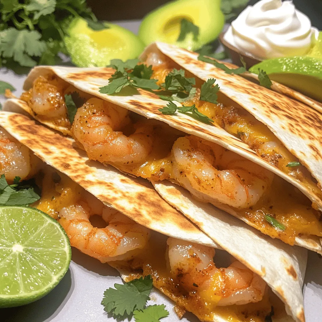 - 450 g mittelgroße Garnelen - 60 g ungesalzene Butter - 4 Knoblauchzehen, fein gehackt Die Garnelen sind der Star dieser Quesadillas. Sie geben den Geschmack und die Textur. Achte darauf, frische oder aufgetaute Garnelen zu verwenden. Die Butter sorgt für eine reiche Basis. Der Knoblauch bringt ein tolles Aroma mit sich, das beim Anbraten herrlich duftet. - 1 Teelöffel Paprika - 1 Teelöffel Chilipulver - 100 g geriebener Monterey Jack Käse - 100 g geriebener Cheddar Käse Die Gewürze bringen Farbe und Geschmack. Paprika gibt eine sanfte Süße. Chilipulver bringt einen leichten Kick. Die Käsesorten schmelzen wunderbar und sorgen für eine cremige Füllung. Du kannst auch andere Käsesorten verwenden, wenn du magst. - 4 große Weizentortillas - 60 g frische Korianderblätter - 1 Avocado, in Scheiben - Sauerrahm und Limettenviertel Die Tortillas bilden die perfekte Hülle. Sie sind weich und gut zum Falten. Frischer Koriander bringt ein frisches Aroma. Avocadoscheiben sind eine tolle Ergänzung. Sauerrahm und Limettenviertel sorgen für einen frischen Abschluss. Diese Zutaten machen das Gericht rund und lecker. Zuerst schmelze ich die Butter in einer großen Pfanne bei mittlerer Hitze. Es duftet sofort gut. Dann gebe ich den fein gehackten Knoblauch dazu. Ich brate ihn etwa eine Minute lang an. Achte darauf, dass der Knoblauch nicht braun wird. Das macht ihn bitter. Danach kommen die Garnelen in die Pfanne. Ich würze sie mit Paprika, Chilipulver, Salz und Pfeffer. Nach etwa drei bis vier Minuten sind die Garnelen rosa und durch. Dann nehme ich die Pfanne vom Herd. Jetzt erhitze ich eine separate große Pfanne. Ich gebe etwas Butter hinein. Eine Tortilla lege ich in die Pfanne. Auf eine Hälfte der Tortilla gebe ich die Garnelenmischung. Dann füge ich die Hälfte des Monterey Jack und Cheddar Käses hinzu. Frische Korianderblätter streue ich darüber. Das gibt einen tollen Geschmack. Ich klappe die Tortilla in der Mitte, sodass ein Halbmond entsteht. Ich brate die Tortilla für zwei bis drei Minuten auf jeder Seite. So wird sie goldbraun und der Käse schmilzt. Nach dem Braten nehme ich die Quesadilla aus der Pfanne. Ich lasse sie kurz abkühlen und schneide sie in Keile. Ich serviere sie warm mit Avocadoscheiben, Sauerrahm und Limettenvierteln. Um übergarte Garnelen zu vermeiden, achte auf die Kochzeit. Garnelen sind schnell gar. Koche sie nur 3-4 Minuten, bis sie rosa sind. Du kannst frische Garnelen auswählen, indem du auf die Farbe achtest. Sie sollten leicht glänzen und einen frischen Geruch haben. Vermeide Garnelen, die matschig oder grau wirken. Wenn du nach Alternativen suchst, probiere Gouda oder Mozzarella. Diese Käsesorten schmelzen gut und schmecken lecker. Die optimale Menge Käse liegt bei etwa 200 g für zwei Quesadillas. So bleibt alles schön cremig und geschmackvoll. Wähle große, weiche Weizentortillas für die besten Ergebnisse. Du kannst auch Maistortillas verwenden, wenn du einen anderen Geschmack magst. Für glutenfreie Optionen gibt es Tortillas aus Reis oder Mais. Achte darauf, dass sie frisch sind, um die perfekte Textur zu erreichen. {{image_4}} Du kannst die Quesadillas mit mehr Gemüse anreichern. Füge Paprika oder Zwiebeln hinzu. Diese Beilagen bringen Farbe und Geschmack. Auch Spinat oder Pilze sind tolle Optionen. Das Gemüse wird in der Pfanne leicht angebraten. So bleibt es knackig und frisch. Es gibt viele Möglichkeiten, die Quesadillas gesund und lecker zu machen. Für einen würzigen Kick, benutze scharfe Soße oder Jalapeños. Du kannst die Schärfe auch mit Gewürzen anpassen. Füge mehr Chilipulver oder Cayennepfeffer hinzu. So werden die Quesadillas für Liebhaber von scharfer Küche spannend. Achte darauf, die Schärfe nach deinem Geschmack einzustellen. So wird jedes Bissen zum Erlebnis. Wenn du es vegan magst, gibt es tolle Alternativen. Du kannst vegane Käsealternativen verwenden. Diese schmelzen gut und schmecken lecker. Außerdem kannst du die Garnelen durch pflanzliche Ersatzprodukte ersetzen. Tofu oder Kichererbsen sind gute Optionen. Sie bieten Protein und Geschmack. So kannst du trotzdem eine köstliche Quesadilla genießen. Um übrig gebliebene Quesadillas aufzubewahren, lass sie zuerst abkühlen. Wickel sie dann in Folie ein oder lege sie in einen luftdichten Behälter. So bleiben sie frisch. Du kannst sie auch in einer flachen Schicht in einem Behälter stapeln. Das verhindert, dass sie zusammenkleben. Die besten Methoden, um Quesadillas wieder aufzuwärmen, sind die Pfanne oder der Ofen. In der Pfanne wird die Tortilla knusprig. Erhitze sie bei mittlerer Hitze für etwa 2-3 Minuten auf jeder Seite. Im Ofen kannst du die Quesadillas bei 180 Grad Celsius für 10-15 Minuten aufwärmen. Um Trockenheit zu vermeiden, lege ein feuchtes Küchentuch über die Quesadillas. Quesadillas sind im Kühlschrank 3-4 Tage haltbar. Wenn du sie einfrierst, halten sie bis zu 2 Monate. Anzeichen, dass die Quesadillas nicht mehr gut sind, sind unangenehmer Geruch oder ein schimmliger Belag. Wenn die Tortilla weich oder matschig aussieht, ist es besser, sie wegzuwerfen. H2 - Häufige Fragen (FAQs) H3 - Wie lange dauert es, Garlic Butter Shrimp Quesadillas zuzubereiten? Die Zubereitung der Knoblauchbutter Garnelen Quesadillas dauert insgesamt 30 Minuten. Die Vorbereitungszeit beträgt etwa 15 Minuten. In dieser Zeit schälen und entdarmen Sie die Garnelen. Dann schneiden Sie den Knoblauch und den Koriander. Das Kochen der Garnelen dauert nur 3-4 Minuten. Danach braten Sie die Quesadillas für 2-3 Minuten auf jeder Seite. So einfach und schnell haben Sie ein leckeres Gericht. H3 - Kann ich anderen Käse verwenden? Ja, Sie können andere Käsesorten verwenden. Monterey Jack und Cheddar sind großartig, aber auch Gouda oder Mozzarella passen gut. Wenn Sie einen schärferen Käse mögen, probieren Sie Pepper Jack. Achten Sie darauf, den Käse gut zu reiben. So schmilzt er besser in den Quesadillas. H3 - Ist dieses Rezept für Meal Prep geeignet? Ja, dieses Rezept eignet sich gut für Meal Prep. Sie können die Garnelenmischung im Voraus zubereiten und im Kühlschrank aufbewahren. Portionieren Sie die Mischung in Behälter. So ist es einfach, die Quesadillas schnell zuzubereiten. Sie können die Quesadillas auch im Voraus braten und dann einfrieren. Erwärmen Sie sie in der Pfanne, um sie wieder knusprig zu machen. Zusammengefasst haben wir die Zutaten, Zubereitung und verschiedene Variationen für köstliche Garlic Butter Shrimp Quesadillas besprochen. Du hast gelernt, wie man frische Garnelen auswählt und richtig zubereitet. Die richtigen Gewürze und Käsesorten machen den Unterschied. Egal, ob mit Gemüse oder veganen Alternativen, es gibt viele Anpassungen. Achte auf die richtige Lagerung, damit deine Quesadillas lange frisch bleiben. Genieße das Kochen und experimentiere mit neuen Ideen!