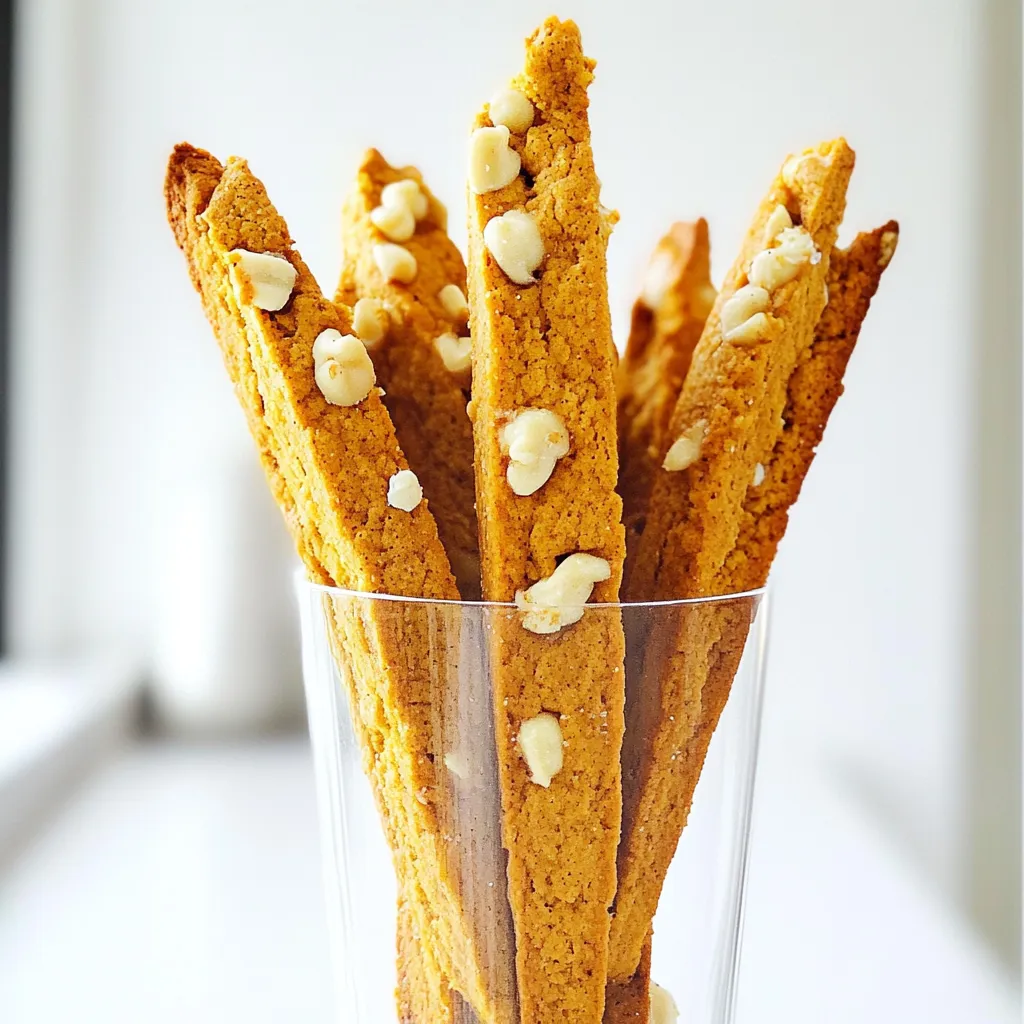 - 1 Tasse Kürbispüree - 2/3 Tasse Kristallzucker - 1/2 Tasse brauner Zucker - 3 große Eier - 2 Teelöffel Vanilleextrakt Die Hauptzutaten bilden die Basis für deine Kürbisspice Biscotti. Kürbispüree gibt dem Gebäck seine feuchte Textur und tollen Geschmack. Zucker sorgt für die Süße. Ich mag es, Kristall- und braunen Zucker zu mischen. Der braune Zucker verleiht den Biscotti eine leichte Karamellnote. Eier helfen, alles zu binden. Vanilleextrakt bringt eine warme, aromatische Note. - 3 1/2 Tassen Weizenmehl - 2 Teelöffel Backpulver - 1 Teelöffel Natron - 1 Esslöffel Kürbisgewürzmischung - 1/2 Teelöffel Salz Die trockenen Zutaten sind wichtig für die Struktur der Biscotti. Weizenmehl gibt dem Gebäck Halt. Backpulver und Natron helfen beim Aufgehen und machen die Biscotti luftig. Die Kürbisgewürzmischung sorgt für den typischen Herbstgeschmack. Sie enthält oft Zimt, Muskatnuss und Ingwer. Salz verstärkt die Aromen und balanciert die Süße. - 1/2 Tasse gehackte Walnüsse oder Pekannüsse - 1/2 Tasse weiße Schokoladenstückchen Wenn du magst, füge gehackte Nüsse hinzu. Sie geben einen tollen Crunch. Weiße Schokoladenstückchen bringen eine süße, cremige Note. Du kannst sie auch weglassen, wenn du es einfacher magst. Probiere aus, was dir am besten schmeckt! - Heize deinen Ofen auf 175°C (350°F) vor. - Lege ein Backblech mit Backpapier aus. - Stelle alle Zutaten bereit, damit du schnell arbeiten kannst. - In einer großen Schüssel mische das Kürbispüree, den Kristallzucker, den braunen Zucker und das Pflanzenöl. - Rühre alles mit einem Schneebesen, bis die Mischung glatt ist. - Füge die Eier nacheinander hinzu und rühre gut nach jedem. - Rühre dann den Vanilleextrakt unter. - In einer anderen Schüssel mische das Mehl, Backpulver, Natron, die Kürbisgewürzmischung und das Salz. - Gib die trockenen Zutaten nach und nach zu den feuchten Zutaten. - Rühre, bis alles gerade so vermischt ist. - Wenn gewünscht, hebe die gehackten Nüsse und die Schokoladenstückchen unter. - Teile den Teig in zwei Hälften. - Forme zwei Logs, die jeweils etwa 30 cm lang sind. - Lege die Logs auf das Backblech. - Backe die Logs 25-30 Minuten, bis sie goldbraun sind. - Lass sie 10 Minuten abkühlen. - Schneide jeden Log diagonal in 1,5 cm dicke Stücke. - Lege die Stücke mit der Schnittfläche nach unten wieder aufs Blech. - Backe die Biscotti erneut für 10-15 Minuten, wende sie einmal. - Lass die Biscotti auf einem Drahtgitter abkühlen. Um perfekte Biscotti zu backen, achte auf die Backzeit. Du kannst sie je nach Vorliebe anpassen. Magst du sie knuspriger, backe sie etwas länger. Wenn du weichere Biscotti magst, halte dich an die kürzere Backzeit. Die Konsistenz des Teigs ist ebenfalls wichtig. Der Teig sollte fest, aber leicht klebrig sein. Wenn der Teig zu trocken ist, füge ein wenig mehr Kürbispüree oder Öl hinzu. Zu viel Flüssigkeit macht die Biscotti matschig. Das Anrichten der Biscotti macht Spaß. Stelle sie in ein hohes Glas oder auf eine schöne Platte. Serviere sie mit einer Tasse gewürztem Tee oder Kaffee für das perfekte Herbstgefühl. Ein zusätzlicher Tipp ist, geschmolzene weiße Schokolade über die Biscotti zu träufeln. Das sieht nicht nur toll aus, sondern schmeckt auch lecker! Du kannst auch die Oberseite in gehackte Nüsse tauchen, um Textur und Geschmack hinzuzufügen. {{image_4}} Die Kürbisspice Biscotti sind sehr vielseitig. Du kannst sie anpassen, um neue Aromen zu entdecken. Zum Beispiel: - Zugabe von Schokolade oder anderen Nüssen: Du kannst weiße Schokoladenstückchen oder dunkle Schokolade hinzufügen. Nüsse wie Walnüsse oder Pekannüsse geben einen tollen Crunch. Diese Zutaten machen jeden Biss noch spannender. - Herstellung mit Gewürzen wie Zimt oder Muskatnuss: Wenn du mehr Gewürzgeschmack willst, probiere Zimt oder Muskatnuss. Diese Gewürze passen perfekt zu Kürbis. Du kannst auch eine eigene Gewürzmischung erstellen, um einen einzigartigen Geschmack zu erzielen. Wenn du Gluten meiden musst, gibt es einfache Wege, die Biscotti glutenfrei zu machen. - Verwendung von glutenfreiem Mehl: Ersetze das Weizenmehl durch glutenfreies Mehl. Viele glutenfreie Mehle funktionieren gut, wie Mandeln oder Kokosmehl. - Alternative Zutaten für die gleiche Textur und Geschmack: Du kannst auch andere Zutaten nutzen, wie Haferflocken oder gemahlene Mandeln. Diese helfen, die richtige Textur zu erreichen und geben einen besonderen Geschmack. So kannst du auch ohne Gluten leckere Kürbisspice Biscotti genießen! Um die Kürbisspice Biscotti frisch zu halten, bewahre sie in einem luftdichten Behälter auf. So bleiben sie knusprig und lecker. Du kannst auch einen Behälter mit Silikagel verwenden, um Feuchtigkeit zu reduzieren. Wenn du einige für später aufbewahren möchtest, lege sie in den Kühlschrank. Das hält sie länger frisch, aber sie werden nicht ganz so knusprig. Für eine längere Lagerung kannst du die Biscotti auch einfrieren. Wickele sie gut in Frischhaltefolie ein und lege sie dann in einen Gefrierbeutel. So bleiben sie bis zu drei Monate haltbar. Die Kürbisspice Biscotti sind bei richtiger Lagerung etwa zwei Wochen haltbar. Wenn du sie im Kühlschrank aufbewahrst, können sie bis zu drei Wochen frisch bleiben. Achte darauf, sie regelmäßig auf Frische zu prüfen. Wenn sie weich werden oder ihre Farbe ändern, ist es Zeit, sie zu entsorgen. So stellst du sicher, dass du immer einen köstlichen Snack zur Hand hast. Kürbisgewürz-Biscotti bleiben etwa zwei bis drei Wochen frisch. Lagere sie in einem luftdichten Behälter. So bleiben sie knusprig und lecker. Ja, du kannst die Biscotti einfrieren. Wickele sie gut in Frischhaltefolie ein. So bleiben sie bis zu drei Monate haltbar. Lass sie vor dem Essen einfach auftauen. Die Nüsse sind optional. Sie geben zusätzlichen Crunch und Geschmack. Du kannst die Biscotti auch ohne Nüsse machen. Sie schmecken trotzdem großartig. Kürbisgewürz-Biscotti passen perfekt zu Tee oder Kaffee. Ein gewürzter Chai oder ein milder Kaffeeklassiker sind tolle Begleiter. Sie ergänzen den Geschmack der Biscotti gut. Ja, du kannst das Kürbispüree durch Apfelmus oder Süßkartoffelpüree ersetzen. Diese Optionen bringen ähnliche Feuchtigkeit und Süße. Die Biscotti erhalten einen anderen, aber leckeren Geschmack. Zusammenfassend ist die Zubereitung von Kürbisgewürz-Biscotti einfach und macht Spaß. Wir haben die wichtigsten Zutaten, die Zubereitung und Lagerung behandelt. Variationen wie Schokolade oder Nüsse geben den Biscotti neuen Geschmack. Denke daran, mit der Backzeit zu spielen, um die perfekte Konsistenz zu finden. Diese Biscotti sind perfekt für jeden Anlass und halten lange frisch. Lass deiner Kreativität freien Lauf und genieße jeden Bissen.