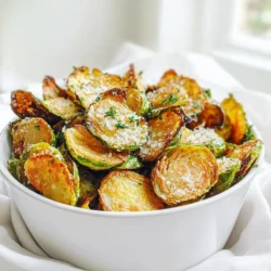 - 450 g Rosenkohl, geputzt und halbiert - 2 Esslöffel Olivenöl - 1 Teelöffel Knoblauchpulver - 1 Teelöffel Zwiebelpulver - 1/2 Teelöffel geräuchertes Paprikapulver - Salz und Pfeffer nach Geschmack - Optional: Frisch geriebener Parmesan zum Bestreuen Die Hauptzutaten für die knusprigen Rosenkohl-Chips sind einfach und frisch. Zuerst brauchen wir 450 g Rosenkohl. Achte darauf, dass sie gut geputzt und halbiert sind. Dies hilft, die Chips gleichmäßig zu garen. Das Olivenöl, 2 Esslöffel, gibt den Röschen ein tolles Aroma und hilft, sie knusprig zu machen. Füge dann die Gewürze hinzu: 1 Teelöffel Knoblauchpulver gibt einen herzhaften Geschmack. 1 Teelöffel Zwiebelpulver fügt eine süßliche Note hinzu. Das geräucherte Paprikapulver mit 1/2 Teelöffel gibt einen rauchigen Kick. Schließlich schmecke alles mit Salz und Pfeffer ab. Das bringt die Aromen zusammen. Wenn du es magst, kannst du auch frisch geriebenen Parmesan darüber streuen. Dieser Schritt ist optional, aber er gibt den Chips einen extra leckeren Geschmack. Heize den Airfryer auf 190°C (375°F) vor. Dies ist wichtig, um die Chips schön knusprig zu machen. Stelle sicher, dass der Korb sauber ist. Ein sauberer Korb sorgt für den besten Geschmack. Nimm 450 g Rosenkohl und putze ihn gut. Halbiere jeden Rosenkohl in zwei Hälften. Gib die halbierten Röschen in eine große Schüssel. Füge 2 Esslöffel Olivenöl, 1 Teelöffel Knoblauchpulver, 1 Teelöffel Zwiebelpulver, 1/2 Teelöffel geräuchertes Paprikapulver, Salz und Pfeffer hinzu. Vermenge alles gut. Stelle sicher, dass jedes Röschen gleichmäßig mit der Mischung bedeckt ist. Das macht die Chips schmackhafter. Sobald der Airfryer bereit ist, lege die Rosenkohlhälften in den Korb. Achte darauf, sie in einer einzelnen Schicht auszulegen. Überfülle den Korb nicht, sonst werden die Röschen nicht knusprig. Frittiere die Chips für etwa 10-12 Minuten. Schüttle den Korb nach der Hälfte der Zeit. So bräunen die Chips gleichmäßig. Beobachte die Chips gut, sie sollten goldbraun und knusprig sein. Wenn du magst, streue in den letzten 2 Minuten frisch geriebenen Parmesan darüber. Das gibt einen tollen Geschmack! Nimm die Chips nach dem Garen aus dem Airfryer und lass sie kurz abkühlen, bevor du sie servierst. Um die besten Chips zu bekommen, frittiere die Röschen schichtweise. Lege sie in einer einzigen Schicht in den Korb. Wenn du zu viele auf einmal frittierst, werden sie weich. Schüttle den Korb nach der Hälfte der Garzeit. So werden die Chips gleichmäßig knusprig und goldbraun. Experimentiere mit verschiedenen Gewürzen, um neue Geschmäcker zu entdecken. Probiere Chili-Pulver für einen scharfen Kick oder Curry-Pulver für ein anderes Aroma. Du kannst auch frische Kräuter wie Rosmarin oder Thymian hinzufügen. So machst du die Chips ganz nach deinem Geschmack. Präsentiere die Chips auf einem rustikalen Holzbrett. Eine kleine Schüssel mit Backpapier sieht ebenfalls gut aus. Garniere die Chips mit frischen Kräutern oder einem Hauch Parmesan. Dies macht das Gericht nicht nur lecker, sondern auch schön anzusehen. {{image_4}} Es gibt viele Wege, um Rosenkohl-Chips zu machen. Eine Methode ist das Rösten im Ofen. Heize den Ofen auf 200°C vor. Lege die gewürzten Rosenkohlhälften auf ein Backblech. Röste sie für etwa 20-25 Minuten. Dabei solltest du sie einmal wenden. So werden sie auch knusprig und lecker. Eine weitere Option ist die Nutzung des Grillmodus. Das gibt den Chips eine tolle, rauchige Note. Für eine vegane Version lasse den Parmesan weg. Du kannst auch Nährhefe hinzufügen, um einen käsigen Geschmack zu erzielen. Achte darauf, dass alle Gewürze glutenfrei sind, wenn du diese Chips für eine glutenfreie Diät machst. Das macht sie für jeden geeignet, ohne den Geschmack zu verlieren. Du kannst mit verschiedenen Gewürzen experimentieren. Probiere etwas Currypulver oder italienische Kräuter. Diese geben den Chips eine neue, spannende Note. Auch etwas Chili-Pulver kann für einen scharfen Kick sorgen. Sei kreativ und finde deine Lieblingskombination. Um die Knusprigkeit der Chips zu erhalten, lege sie in einen luftdichten Behälter. Verwende am besten einen Behälter aus Glas oder Metall. Diese Materialien halten die Feuchtigkeit fern. Stelle sicher, dass die Chips ganz abgekühlt sind, bevor du sie aufbewahrst. Wenn du sie zu früh lagerst, werden sie weich. Vermeide Plastikbeutel, da sie die Chips schneller weich machen können. Die Chips bleiben bis zu fünf Tage frisch. Nach dieser Zeit könnten sie an Knusprigkeit verlieren. Wenn du die Chips länger aufbewahren möchtest, solltest du sie einfrieren. Lege die Chips in einen Gefrierbeutel und drücke die Luft heraus. So bleiben sie bis zu drei Monate haltbar. Zum Essen kannst du sie einfach im Airfryer aufwärmen. So werden sie wieder knusprig und lecker. Die Chips brauchen etwa 10 bis 12 Minuten in der Heißluftfritteuse. Ich empfehle, die Röschen nach der Hälfte der Zeit zu schütteln. Das sorgt für eine gleichmäßige Bräunung. Achte darauf, die Chips gut zu beobachten. Sie sollten goldbraun und knusprig sein. Ja, du kannst viele andere Gemüse verwenden. Süßkartoffeln, Zucchini und Karotten sind gute Alternativen. Einfach die gleichen Schritte befolgen, um leckere Chips zu machen. Jedes Gemüse hat einen eigenen Geschmack, der spannend ist. Probiere verschiedene Sorten aus, um deine Favoriten zu entdecken. Um die Chips würziger zu machen, kannst du verschiedene Gewürze hinzufügen. Chili-Pulver oder Cayenne-Pfeffer geben einen scharfen Kick. Auch Kräuter wie Thymian oder Rosmarin bringen einen tollen Geschmack. Für einen käsigen Touch ist frisch geriebener Parmesan in den letzten Minuten ideal. Experimentiere mit deinen Lieblingsgewürzen für den perfekten Snack! Rosenkohl-Chips sind einfach und lecker. Wir haben die Hauptzutaten und Schritte besprochen. Das richtige Frittieren sorgt für die perfekte Knusprigkeit. Vergessen Sie nicht, mit Gewürzen zu experimentieren und eigene Variationen auszuprobieren. Halten Sie die Chips frisch, indem Sie sie richtig lagern. Mit diesen Tipps sind Sie bereit, köstliche Chips zu machen, die jeden begeistern! Genießen Sie das Experimentieren in der Küche!