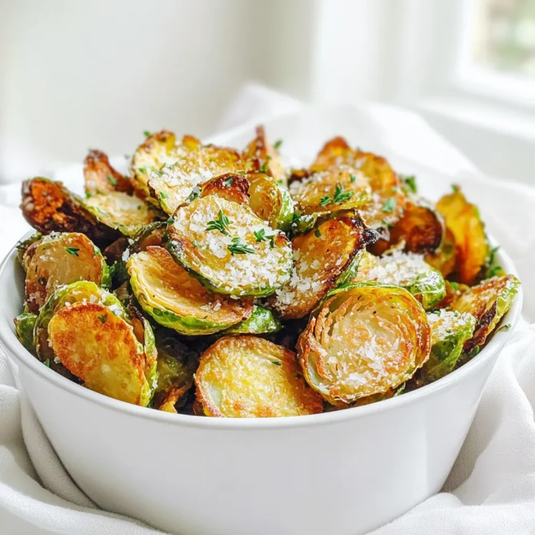 - 450 g Rosenkohl, geputzt und halbiert - 2 Esslöffel Olivenöl - 1 Teelöffel Knoblauchpulver - 1 Teelöffel Zwiebelpulver - 1/2 Teelöffel geräuchertes Paprikapulver - Salz und Pfeffer nach Geschmack - Optional: Frisch geriebener Parmesan zum Bestreuen Die Hauptzutaten für die knusprigen Rosenkohl-Chips sind einfach und frisch. Zuerst brauchen wir 450 g Rosenkohl. Achte darauf, dass sie gut geputzt und halbiert sind. Dies hilft, die Chips gleichmäßig zu garen. Das Olivenöl, 2 Esslöffel, gibt den Röschen ein tolles Aroma und hilft, sie knusprig zu machen. Füge dann die Gewürze hinzu: 1 Teelöffel Knoblauchpulver gibt einen herzhaften Geschmack. 1 Teelöffel Zwiebelpulver fügt eine süßliche Note hinzu. Das geräucherte Paprikapulver mit 1/2 Teelöffel gibt einen rauchigen Kick. Schließlich schmecke alles mit Salz und Pfeffer ab. Das bringt die Aromen zusammen. Wenn du es magst, kannst du auch frisch geriebenen Parmesan darüber streuen. Dieser Schritt ist optional, aber er gibt den Chips einen extra leckeren Geschmack. Heize den Airfryer auf 190°C (375°F) vor. Dies ist wichtig, um die Chips schön knusprig zu machen. Stelle sicher, dass der Korb sauber ist. Ein sauberer Korb sorgt für den besten Geschmack. Nimm 450 g Rosenkohl und putze ihn gut. Halbiere jeden Rosenkohl in zwei Hälften. Gib die halbierten Röschen in eine große Schüssel. Füge 2 Esslöffel Olivenöl, 1 Teelöffel Knoblauchpulver, 1 Teelöffel Zwiebelpulver, 1/2 Teelöffel geräuchertes Paprikapulver, Salz und Pfeffer hinzu. Vermenge alles gut. Stelle sicher, dass jedes Röschen gleichmäßig mit der Mischung bedeckt ist. Das macht die Chips schmackhafter. Sobald der Airfryer bereit ist, lege die Rosenkohlhälften in den Korb. Achte darauf, sie in einer einzelnen Schicht auszulegen. Überfülle den Korb nicht, sonst werden die Röschen nicht knusprig. Frittiere die Chips für etwa 10-12 Minuten. Schüttle den Korb nach der Hälfte der Zeit. So bräunen die Chips gleichmäßig. Beobachte die Chips gut, sie sollten goldbraun und knusprig sein. Wenn du magst, streue in den letzten 2 Minuten frisch geriebenen Parmesan darüber. Das gibt einen tollen Geschmack! Nimm die Chips nach dem Garen aus dem Airfryer und lass sie kurz abkühlen, bevor du sie servierst. Um die besten Chips zu bekommen, frittiere die Röschen schichtweise. Lege sie in einer einzigen Schicht in den Korb. Wenn du zu viele auf einmal frittierst, werden sie weich. Schüttle den Korb nach der Hälfte der Garzeit. So werden die Chips gleichmäßig knusprig und goldbraun. Experimentiere mit verschiedenen Gewürzen, um neue Geschmäcker zu entdecken. Probiere Chili-Pulver für einen scharfen Kick oder Curry-Pulver für ein anderes Aroma. Du kannst auch frische Kräuter wie Rosmarin oder Thymian hinzufügen. So machst du die Chips ganz nach deinem Geschmack. Präsentiere die Chips auf einem rustikalen Holzbrett. Eine kleine Schüssel mit Backpapier sieht ebenfalls gut aus. Garniere die Chips mit frischen Kräutern oder einem Hauch Parmesan. Dies macht das Gericht nicht nur lecker, sondern auch schön anzusehen. {{image_4}} Es gibt viele Wege, um Rosenkohl-Chips zu machen. Eine Methode ist das Rösten im Ofen. Heize den Ofen auf 200°C vor. Lege die gewürzten Rosenkohlhälften auf ein Backblech. Röste sie für etwa 20-25 Minuten. Dabei solltest du sie einmal wenden. So werden sie auch knusprig und lecker. Eine weitere Option ist die Nutzung des Grillmodus. Das gibt den Chips eine tolle, rauchige Note. Für eine vegane Version lasse den Parmesan weg. Du kannst auch Nährhefe hinzufügen, um einen käsigen Geschmack zu erzielen. Achte darauf, dass alle Gewürze glutenfrei sind, wenn du diese Chips für eine glutenfreie Diät machst. Das macht sie für jeden geeignet, ohne den Geschmack zu verlieren. Du kannst mit verschiedenen Gewürzen experimentieren. Probiere etwas Currypulver oder italienische Kräuter. Diese geben den Chips eine neue, spannende Note. Auch etwas Chili-Pulver kann für einen scharfen Kick sorgen. Sei kreativ und finde deine Lieblingskombination. Um die Knusprigkeit der Chips zu erhalten, lege sie in einen luftdichten Behälter. Verwende am besten einen Behälter aus Glas oder Metall. Diese Materialien halten die Feuchtigkeit fern. Stelle sicher, dass die Chips ganz abgekühlt sind, bevor du sie aufbewahrst. Wenn du sie zu früh lagerst, werden sie weich. Vermeide Plastikbeutel, da sie die Chips schneller weich machen können. Die Chips bleiben bis zu fünf Tage frisch. Nach dieser Zeit könnten sie an Knusprigkeit verlieren. Wenn du die Chips länger aufbewahren möchtest, solltest du sie einfrieren. Lege die Chips in einen Gefrierbeutel und drücke die Luft heraus. So bleiben sie bis zu drei Monate haltbar. Zum Essen kannst du sie einfach im Airfryer aufwärmen. So werden sie wieder knusprig und lecker. Die Chips brauchen etwa 10 bis 12 Minuten in der Heißluftfritteuse. Ich empfehle, die Röschen nach der Hälfte der Zeit zu schütteln. Das sorgt für eine gleichmäßige Bräunung. Achte darauf, die Chips gut zu beobachten. Sie sollten goldbraun und knusprig sein. Ja, du kannst viele andere Gemüse verwenden. Süßkartoffeln, Zucchini und Karotten sind gute Alternativen. Einfach die gleichen Schritte befolgen, um leckere Chips zu machen. Jedes Gemüse hat einen eigenen Geschmack, der spannend ist. Probiere verschiedene Sorten aus, um deine Favoriten zu entdecken. Um die Chips würziger zu machen, kannst du verschiedene Gewürze hinzufügen. Chili-Pulver oder Cayenne-Pfeffer geben einen scharfen Kick. Auch Kräuter wie Thymian oder Rosmarin bringen einen tollen Geschmack. Für einen käsigen Touch ist frisch geriebener Parmesan in den letzten Minuten ideal. Experimentiere mit deinen Lieblingsgewürzen für den perfekten Snack! Rosenkohl-Chips sind einfach und lecker. Wir haben die Hauptzutaten und Schritte besprochen. Das richtige Frittieren sorgt für die perfekte Knusprigkeit. Vergessen Sie nicht, mit Gewürzen zu experimentieren und eigene Variationen auszuprobieren. Halten Sie die Chips frisch, indem Sie sie richtig lagern. Mit diesen Tipps sind Sie bereit, köstliche Chips zu machen, die jeden begeistern! Genießen Sie das Experimentieren in der Küche!