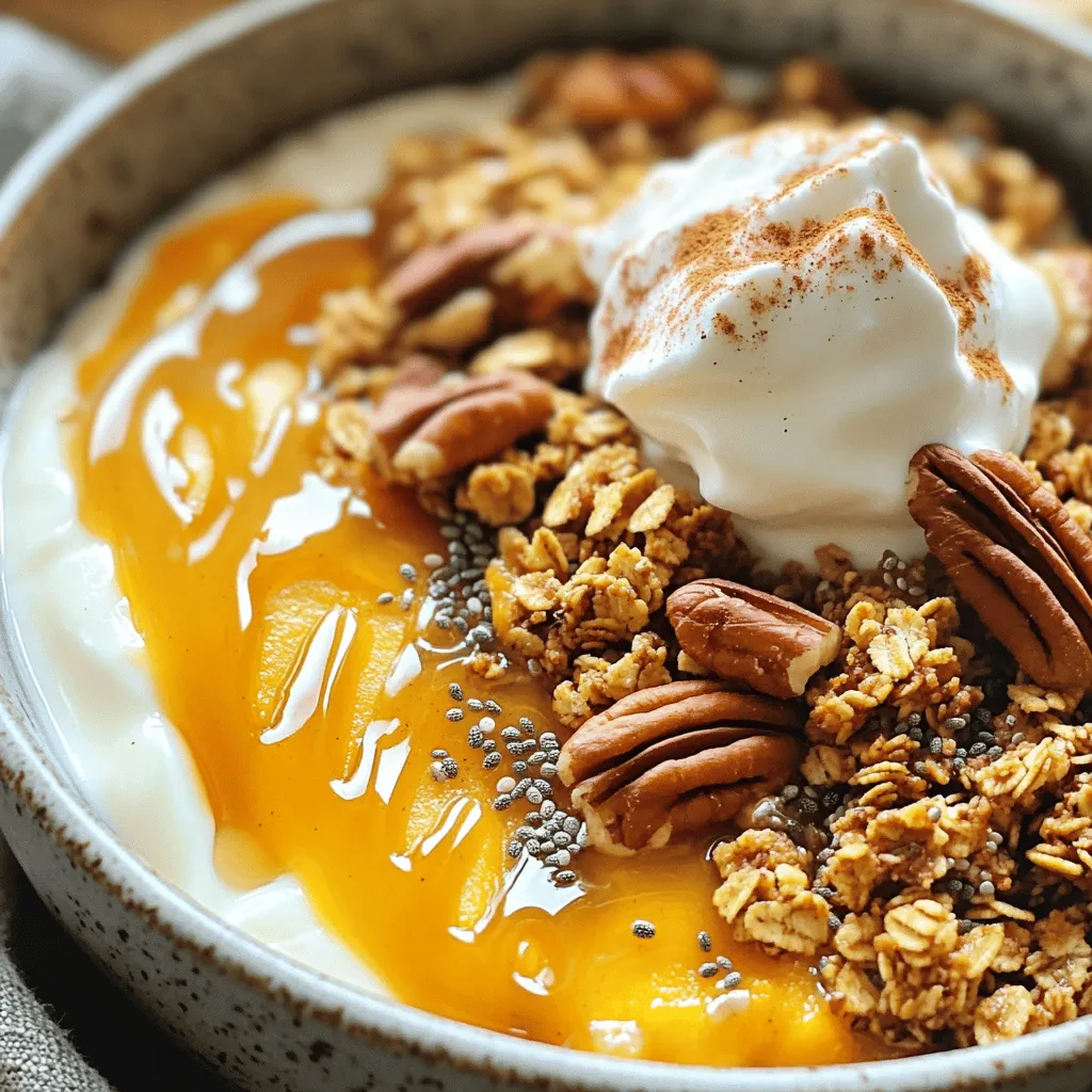 - Griechischer Joghurt und seine Bedeutung Griechischer Joghurt ist dick und cremig. Er gibt dem Kürbispie-Joghurt einen tollen Geschmack. Zudem enthält er viel Protein, was ihn zu einer gesunden Wahl macht. - Kürbispüree: Auswahl und Tipps Verwende am besten Kürbispüree aus der Dose. Es ist einfach und schmeckt gut. Achte darauf, dass es reines Kürbispüree ist, ohne Zucker oder Gewürze. Du kannst auch frischen Kürbis verwenden, wenn du ihn selbst kochst und pürierst. - Süßungsmittel und Gewürze Ahornsirup oder Honig sind tolle Süßungsmittel. Sie geben dem Joghurt eine süße Note. Lebkuchengewürz sorgt für den typischen Geschmack von Herbst. Ein kleiner Schuss Vanilleextrakt rundet das Ganze perfekt ab. Nehmen Sie eine große Rührschüssel. Geben Sie 1 Tasse griechischen Joghurt und 1/2 Tasse Kürbispüree hinein. Fügen Sie 2 Esslöffel Ahornsirup, 1 Teelöffel Lebkuchengewürz und 1/4 Teelöffel Vanilleextrakt hinzu. Rühren Sie alles gut um. Die Mischung sollte glatt sein. Probieren Sie die Mischung. Wenn es nicht süß genug ist, fügen Sie mehr Ahornsirup hinzu. Jetzt nehmen Sie eine Servierschale oder ein Glas. Geben Sie zuerst eine Schicht der Kürbis-Joghurt-Mischung hinein. Danach kommt eine Schicht Granola. Wiederholen Sie dies, bis die Schüssel voll ist. Diese Schichtung sorgt für einen tollen Crunch. Streuen Sie 2 Esslöffel gehackte Pekannüsse oder Walnüsse oben drauf. Wenn Sie mögen, fügen Sie 1 Esslöffel Chiasamen hinzu. Für eine besondere Note können Sie frische Schlagsahne oben drauf geben. Bestäuben Sie die Schüssel mit etwas Zimt. Sofort servieren und genießen! Wie viel Ahornsirup verwenden? Beginne mit zwei Esslöffeln Ahornsirup. Das gibt dem Joghurt eine schöne Süße. Probiere die Mischung und füge mehr hinzu, wenn du es süßer magst. Alternativen für gesündere Süße Wenn du gesündere Optionen suchst, kannst du Honig oder Agavendicksaft verwenden. Diese natürlichen Süßstoffe haben weniger Einfluss auf den Blutzucker. Verfeinerung des Geschmacks mit Gewürzen Füge mehr Gewürze hinzu, um den Geschmack zu verbessern. Eine Prise Muskatnuss oder Ingwer kann die Aromen lebendiger machen. Experimentiere, bis du die perfekte Mischung findest. Ideen für eine ansprechende Garnierung Garnieren ist wichtig! Verwende frische Schlagsahne, gehackte Nüsse und eine Prise Zimt. Diese Extras machen die Schüssel appetitlicher. Verwendung von verschiedenen Behältern Die Wahl des Behälters kann einen großen Unterschied machen. Ein klares Glas zeigt die Schichten gut. Eine schöne Schüssel macht das Gericht einladender. Tipps für Fotografie und Social Media Um deine Schüssel gut zu fotografieren, wähle helles Licht. Achte darauf, dass der Hintergrund nicht ablenkt. Verwende eine Nahaufnahme, um die Texturen zu zeigen. Teile deine Kreation online und inspiriere andere! {{image_4}} Für eine vegane Version der Kürbispie Joghurt Schüssel können Sie pflanzliche Joghurt-Alternativen nutzen. Optionen wie Kokos- oder Sojajoghurt sind ideal. Diese Sorten bieten einen tollen Geschmack und eine cremige Textur. Achten Sie darauf, ungesüßte Varianten zu wählen, um die Süße selbst zu steuern. Beim Austausch von Süßungsmitteln können Sie Agavendicksaft oder Dattelsirup verwenden. Diese sind pflanzlich und bieten einen leckeren Geschmack. Experimentieren Sie mit der Menge, um die perfekte Süße zu finden. Wenn Sie eine proteinreiche Variante möchten, fügen Sie hochprozentige Proteinpulver hinzu. Erbsenprotein oder Sojaprotein funktionieren gut, ohne den Geschmack zu verändern. Mischen Sie einfach einen Esslöffel in die Joghurt-Mischung, um den Nährwert zu erhöhen. Weitere nahrhafte Toppings sind frische Beeren, Sonnenblumenkerne und Hanfsamen. Diese bieten nicht nur zusätzliche Nährstoffe, sondern auch eine schöne Textur und Farbe. Um Abwechslung zu schaffen, können Sie andere Früchte verwenden. Äpfel oder Birnen sind großartige Ergänzungen, die den herbstlichen Geschmack unterstützen. Schneiden Sie sie klein und mischen Sie sie unter die Joghurt-Mischung. Verwenden Sie saisonale Gewürze wie Muskatnuss oder Kardamom. Diese Gewürze bringen einen neuen Twist in Ihr Rezept und machen es noch festlicher. Einfach einen Hauch hinzufügen, um den Geschmack zu intensivieren. Um den Kürbis-Joghurt frisch zu halten, lagere ihn im Kühlschrank. Verwende einen luftdichten Behälter. So bleibt der Geschmack lange erhalten. Der Joghurt kann bis zu fünf Tage frisch bleiben. Achte darauf, dass du ihn gut abdeckst. Dadurch vermeidest du Gerüche aus dem Kühlschrank. Die Zutaten haben unterschiedliche Haltbarkeiten. Griechischer Joghurt ist oft ein paar Wochen haltbar. Das Kürbispüree aus der Dose bleibt bis zu einem Jahr in der Dose haltbar. Nach dem Öffnen solltest du es jedoch innerhalb von fünf bis sieben Tagen verwenden. Nüsse und Granola sind ebenfalls lange haltbar, solange sie kühl und trocken gelagert werden. Die Kürbispie-Joghurt-Schüssel ist perfekt zum Vorbereiten. Du kannst die Joghurt-Mischung am Abend vorher machen. Stelle sie dann in den Kühlschrank. So sparst du Zeit am Morgen. Für ein schnelles Frühstück kannst du die Schüssel auch in einem Einmachglas schichten. Das ist praktisch, wenn du es eilig hast. Du kannst die Nüsse und das Granola separat aufbewahren, um den Crunch frisch zu halten. So wird dein Frühstück lecker und knusprig! Du kannst den Kürbispie-Joghurt bis zu drei Tage im Kühlschrank aufbewahren. Stelle sicher, dass du ihn in einem luftdichten Behälter lagerst. So bleibt er frisch. Wenn du den Joghurt länger aufbewahren möchtest, kannst du das Kürbispüree separat lagern. So vermeidest du, dass der Joghurt wässrig wird. Ja, du kannst den Kürbispie-Joghurt warm servieren, wenn du es magst. Erwärme den Joghurt vorsichtig in der Mikrowelle. Achte darauf, ihn nicht zu lange zu erhitzen, damit er nicht gerinnt. Viele genießen ihn kalt, aber warm hat er auch seinen Reiz. Probiere beide Varianten aus und finde heraus, welche dir besser gefällt! Ja, unser Kürbispie-Joghurt ist glutenfrei! Alle verwendeten Zutaten, wie griechischer Joghurt und Kürbispüree, enthalten kein Gluten. Achte jedoch auf das Granola, denn einige Marken können Gluten enthalten. Wähle ein glutenfreies Granola oder lasse es ganz weg, um sicherzugehen. So kannst du den Joghurt ohne Sorgen genießen! Das Rezept für den Kürbis-Joghurt-Engel ist einfach und köstlich. Wir haben die wichtigen Zutaten besprochen, wie griechischen Joghurt und Kürbispüree. Ich habe Schritt für Schritt erklärt, wie man es zubereitet und garnieren kann. Auch Tipps zur Süße und Präsentation sollten helfen. Denke an Variationen wie eine vegane Version oder proteinreiche Ergänzungen. Die Aufbewahrung ist wichtig für die Frische. Jetzt liegt es an dir, kreativ zu sein und deine eigene Schüssel zu gestalten. Viel Spaß beim Ausprobieren!