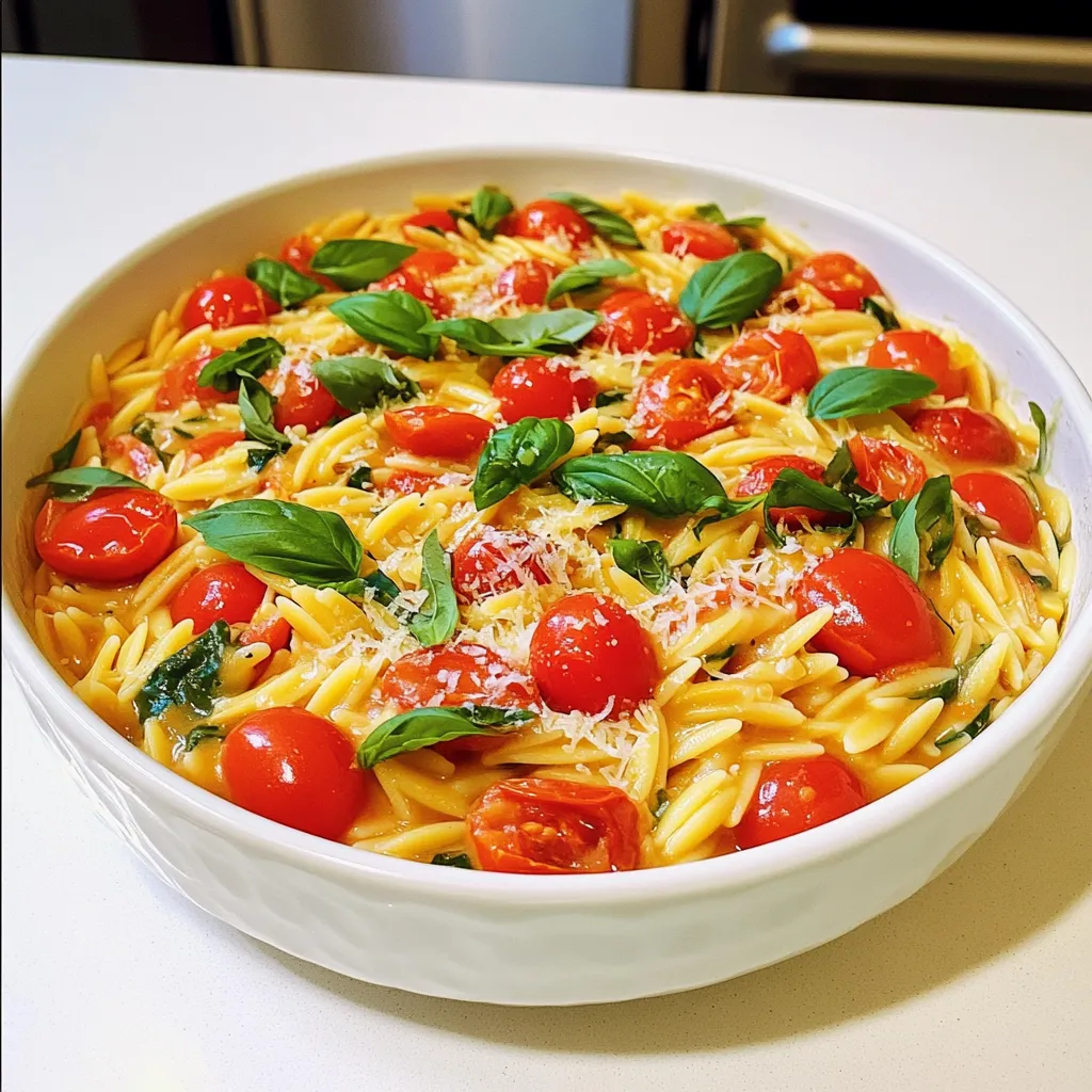 Für dieses Gericht brauchst du: - 1 Tasse Orzo-Pasta - 2 Esslöffel Olivenöl - 3 Knoblauchzehen, fein gehackt - 1 Tasse Cherrytomaten, halbiert - 2 Tassen Gemüsebrühe - 1 Tasse Schlagsahne - 1 Teelöffel getrockneter Oregano - 1/2 Teelöffel rote Pfefferflocken (optional) - Salz und Pfeffer nach Geschmack - 1 Tasse frische Basilikumblätter, grob gehackt Die Orzo-Pasta ist das Herzstück dieses Gerichts. Sie hat eine schöne Form und nimmt die Aromen gut auf. Cherrytomaten bringen Frische und Süße. Der Knoblauch sorgt für den nötigen Geschmack. Die Gewürze sind wichtig für den Geschmack. Du verwendest: - 1 Teelöffel getrockneter Oregano - 1/2 Teelöffel rote Pfefferflocken (optional) - Salz und Pfeffer nach Geschmack Der Oregano bringt ein mediterranes Flair. Die roten Pfefferflocken fügen eine leichte Schärfe hinzu. Du kannst die Menge anpassen, je nachdem, wie würzig du es magst. Falls du Käse magst, füge hinzu: - 1/2 Tasse geriebener Parmesan (optional) Der Parmesan macht das Gericht noch cremiger und reicher. Du kannst auch andere Käsesorten ausprobieren, wie Feta oder Mozzarella. Diese ergänzen das Gericht schön und geben ihm eine besondere Note. Zuerst erhitzte ich 2 Esslöffel Olivenöl in einem großen Topf. Bei mittlerer Hitze gebe ich 3 fein gehackte Knoblauchzehen dazu. Nach etwa 1 Minute duftet es schon lecker. Achte darauf, dass der Knoblauch nicht anbrennt. Dann kommen 1 Tasse halbierte Cherrytomaten in den Topf. Ich koche sie etwa 5 Minuten. Sie werden weich und geben ihren Saft ab. Jetzt rühre ich 1 Tasse Orzo-Pasta unter die Tomaten. Ich lasse sie 2 Minuten anbraten, damit die Pasta leicht röstet. Danach gieße ich 2 Tassen Gemüsebrühe und 1 Tasse Schlagsahne dazu. Ich füge 1 Teelöffel getrockneten Oregano und 1/2 Teelöffel rote Pfefferflocken hinzu, wenn ich es scharf mag. Dann bringe ich alles zum sanften Kochen. Sobald es kocht, reduziere ich die Hitze und decke den Topf ab. Ich lasse es 10-12 Minuten köcheln. Dabei rühre ich gelegentlich um, damit nichts anklebt. Wenn die Orzo-Pasta zart ist, nehme ich den Topf vom Herd. Ich würze nach Geschmack mit Salz und Pfeffer. Dann mische ich 1 Tasse grob gehackte Basilikumblätter und optional 1/2 Tasse geriebenen Parmesan unter. Jetzt ist das Gericht bereit zum Servieren! Um das Orzo perfekt zu kochen, achte auf die Flüssigkeit. Die Mischung aus Brühe und Sahne sorgt für eine cremige Textur. Rühre das Gericht regelmäßig um. So verhinderst du, dass das Orzo am Boden kleben bleibt. Wenn du eine dickere Sauce magst, koche es etwas länger. Für mehr Cremigkeit kannst du mehr Sahne hinzufügen. Jeder hat andere Geschmäcker. Du kannst die Cherrytomaten durch andere Tomaten ersetzen. Auch Spinat oder Zucchini passen gut dazu. Wenn du es schärfer magst, füge mehr rote Pfefferflocken hinzu. Für eine herzhaftere Note kannst du gebratenes Hähnchen oder Garnelen hinzufügen. Ein häufiger Fehler ist, die Hitze zu hoch einzustellen. Das kann das Orzo anbrennen lassen. Achte darauf, dass du die Hitze nach dem Kochen reduzierst. Ein weiterer Fehler ist, zu wenig Salz zu verwenden. Das Gericht braucht eine gute Würze, um die Aromen zu heben. Schließlich, vergiss nicht, das Gericht vor dem Servieren abzuschmecken. {{image_4}} Die Basis dieses Gerichts ist schon vegetarisch. Du kannst jedoch noch mehr Gemüse hinzufügen. Zum Beispiel passen Zucchini oder Spinat gut dazu. Diese Zutaten machen das Gericht noch bunter und nahrhafter. Du kannst auch Kichererbsen oder Linsen hinzufügen, um den Proteingehalt zu erhöhen. Diese Optionen sind gesund und sättigend. Wenn du mehr Protein möchtest, füge Hähnchen oder Garnelen hinzu. Brate das Fleisch zuerst in Olivenöl an, bevor du den Knoblauch und die Tomaten hinzufügst. Alternativ kannst du auch Tofu verwenden. Mariniere den Tofu mit Gewürzen, bevor du ihn hinzufügst. So bleibt das Gericht lecker und nahrhaft. Nutze frisches, saisonales Gemüse. Im Sommer kannst du reife Tomaten und frische Kräuter verwenden. Im Herbst sind Kürbis oder Pilze eine tolle Wahl. Diese Zutaten bringen neue Geschmäcker in dein Gericht. Experimentiere mit verschiedenen Kräutern, wie Thymian oder Petersilie, um den Geschmack zu verändern. Um dein cremiges Tomaten-Basilikum-Orzo frisch zu halten, lagere es in einem luftdichten Behälter. Lass das Gericht auf Raumtemperatur abkühlen, bevor du es in den Kühlschrank stellst. So vermeidest du Kondensation, die das Gericht wässrig machen kann. Du kannst auch kleine Portionen zubereiten und diese getrennt aufbewahren. So bleibt der Geschmack frisch. Im Kühlschrank bleibt dein Orzo etwa 3 bis 4 Tage frisch. Achte darauf, es gut abzudecken, damit es keine Gerüche annehmen kann. Im Gefrierfach hält es sich bis zu 3 Monate. Für eine bessere Textur, friere es in Portionen ein. Das erleichtert das Auftauen und die Wiedererwärmung. Wenn du das Orzo wieder erhitzt, verwende einen Topf oder eine Mikrowelle. Füge etwas Gemüsebrühe oder Sahne hinzu, um die Cremigkeit zu erhalten. Erhitze es langsam, damit die Pasta nicht überkocht. Rühre gut um, damit alles gleichmäßig warm wird. So schmeckt dein Gericht fast wie frisch zubereitet! Die Zubereitung dauert etwa 25 Minuten. Du brauchst 10 Minuten, um die Zutaten vorzubereiten und 15 Minuten zum Kochen. Es ist ein schnelles und einfaches Gericht, perfekt für einen Wochentag. Du kannst alles in einem großen Topf machen, was die Reinigung erleichtert. Ja, du kannst Orzo-Pasta durch andere Sorten ersetzen. Du kannst kleine Pasta wie Farfalle oder Penne verwenden. Achte darauf, die Kochzeit anzupassen. Größere Pasta braucht vielleicht länger. Achte darauf, dass die Flüssigkeitsmenge passt. Um das Gericht vegan zu machen, ersetze die Schlagsahne durch eine pflanzliche Alternative. Du kannst Kokosmilch oder eine Cashew-Sahne verwenden. Lasse den Käse weg oder verwende einen veganen Käse. Achte darauf, dass die Gemüsebrühe auch vegan ist. So bleibt der Geschmack trotzdem lecker! In diesem Artikel habe ich die Hauptzutaten für cremigen Tomaten-Basilikum-Orzo erläutert. Ich habe dir gezeigt, wie du die Zutaten vorbereitest und perfekt zubereitest. Außerdem habe ich dir Tipps gegeben, um häufige Fehler zu vermeiden und das Gericht nach deinem Geschmack anzupassen. Denke daran, verschiedene Variationen auszuprobieren und zu wissen, wie du das Gericht lagern kannst. Die Anpassung an deinen Geschmack macht das Kochen noch spannender! Jeder Biss sollte Freude bringen. Viel Spaß beim Kochen!