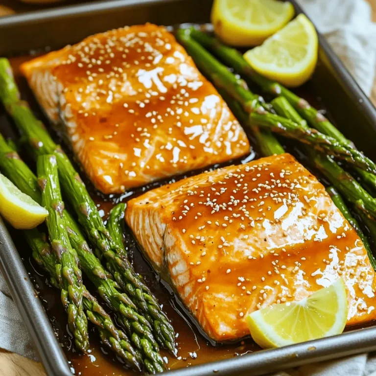 - 4 Lachsfilets (je 170 g) - 1 Bund Spargel, geputzt - 4 Esslöffel Honig - 3 Esslöffel Sojasauce (niedriger Natriumgehalt) - 3 Knoblauchzehen, fein gehackt Lachsfilets sind der Star dieses Gerichts. Sie sind zart und reich an Omega-3-Fetten. Spargel bringt eine knackige Textur und frischen Geschmack. Honig verleiht eine süße Note und Sojasauce bringt Salz und Umami. Knoblauch fügt Tiefe und Aroma hinzu. - 1 Esslöffel Olivenöl - 1 Teelöffel Sesamöl - Salz und frisch gemahlener Pfeffer nach Geschmack Olivenöl ist perfekt zum Braten und gibt einen leichten Geschmack. Sesamöl hat einen nussigen Geschmack, der gut mit dem Lachs harmoniert. Salz und Pfeffer sind wichtig, um die Aromen zu verstärken. - Sesamsamen - Zitronenschnitze Sesamsamen fügen einen schönen Crunch hinzu und sehen toll aus. Zitronenschnitze bringen Frische und einen spritzigen Kontrast zu den süßen und salzigen Aromen. Diese kleinen Details machen das Gericht besonders. Heizen Sie Ihren Ofen auf 200 °C vor. Stellen Sie sicher, dass die Temperatur genau ist. Ein heißer Ofen ist wichtig für den Lachs. Legen Sie ein großes Backblech mit Backpapier oder Aluminiumfolie aus. So bleibt das Blech sauber und die Reinigung wird einfach. Nehmen Sie eine kleine Schüssel. Geben Sie 4 Esslöffel Honig, 3 Esslöffel Sojasauce, 3 fein gehackte Knoblauchzehen, 1 Esslöffel Olivenöl und 1 Teelöffel Sesamöl hinein. Mischen Sie alles gut. Diese Marinade gibt dem Lachs und dem Spargel viel Geschmack. Legen Sie 4 Lachsfilets in die Mitte des Blechs. Würzen Sie die Filets mit Salz und frisch gemahlenem Pfeffer. Nehmen Sie dann den geputzten Spargel und arrangieren Sie ihn um die Lachsfilets. Der Spargel sollte gleichmäßig verteilt sein. Beträufeln Sie alles mit der Hälfte der Marinade. So bleibt alles saftig und lecker. Schieben Sie das Blech in den Ofen. Backen Sie alles für 15 bis 20 Minuten. Überwachen Sie die Zeit gut. Der Lachs sollte durchgegart sein und leicht mit einer Gabel zerfallen. Der Spargel bleibt zart und knackig. Prüfen Sie die Garstufe, um sicherzustellen, dass alles perfekt ist. Nehmen Sie die restliche Marinade und geben Sie sie in einen kleinen Topf. Lassen Sie sie bei mittlerer Hitze für 3 bis 5 Minuten köcheln. Rühren Sie gelegentlich um, bis die Sauce leicht eindickt. Nehmen Sie das Blech aus dem Ofen. Beträufeln Sie den Lachs und den Spargel mit der eingedickten Sauce. Bestreuen Sie das Gericht mit Sesamsamen und servieren Sie es heiß. Zitronenschnitze passen gut dazu. - Garzeit anpassen: Backen Sie den Lachs 15 bis 20 Minuten. Prüfen Sie nach 15 Minuten. Der Lachs sollte leicht zerfallen. - Qualität der Zutaten: Verwenden Sie frische Lachsfilets. Achten Sie auf den Spargel. Frischer Spargel hat einen knackigen Biss. - Vorbereitungen und Marinieren: Marinieren Sie die Lachsfilets mindestens 30 Minuten. So ziehen die Aromen gut ein. Bereiten Sie alles vor, bevor Sie den Ofen vorheizen. - Zusätzliche Gewürze oder Aromen: Fügen Sie Ingwer für mehr Tiefe hinzu. Chili-Flocken geben einen scharfen Kick. Experimentieren Sie mit Kräutern wie Petersilie oder Koriander. {{image_4}} Die Wahl des Gemüses kann den Geschmack stark beeinflussen. Zwei tolle Alternativen sind: - Brokkoli: Diese grüne Blume hat einen milden Geschmack. Sie nimmt die Aromen gut auf. Garzeit ist ähnlich wie bei Spargel. Einfach um die Lachsfilets anordnen. - Mangold: Mangold hat eine leicht süßliche Note. Er bringt Farbe auf den Teller. Verwenden Sie die Blätter und Stiele. Diese Garzeit ist etwas kürzer. Wenn Sie eine andere Proteinquelle möchten, probieren Sie: - Hähnchenbrust: Diese ist mager und vielseitig. Sie hat einen neutralen Geschmack. Schneiden Sie die Brust in Stücke. Garzeit bleibt gleich wie beim Lachs. - Tofu: Tofu ist eine großartige pflanzliche Option. Er nimmt die Marinade gut auf. Sie können ihn fest oder weich wählen. Würfeln Sie den Tofu, bevor Sie ihn backen. Manchmal möchten Sie das Rezept anpassen. Hier sind zwei beliebte Optionen: - Low-Carb-Version: Wenn Sie Kohlenhydrate reduzieren möchten, lassen Sie den Honig weg. Verwenden Sie stattdessen etwas Stevia. Das Gericht bleibt lecker und gesund. - Glutenfreie Optionen: Verwenden Sie glutenfreie Sojasauce. Sie finden sie in vielen Geschäften. So bleibt das Rezept für alle geeignet. Lagere die Reste in einem luftdichten Behälter. So bleibt der Lachs frisch. Stelle sicher, dass der Behälter gut schließt. Du kannst die Reste bis zu drei Tage im Kühlschrank aufbewahren. Um das Gericht einzufrieren, lasse es zuerst abkühlen. Teile die Portionen in geeignete Behälter oder Gefrierbeutel auf. Achte darauf, die Luft herauszudrücken, bevor du sie verschließt. So bleibt der Geschmack erhalten. Du kannst die Reste bis zu drei Monate im Gefrierfach lagern. Die Haltbarkeit hängt von der Lagerung ab. Im Kühlschrank bleibt das Gericht drei Tage frisch. Im Gefrierfach sind es bis zu drei Monate. Überprüfe immer den Geruch und das Aussehen, bevor du es isst. Wenn etwas nicht gut aussieht oder riecht, entsorge es lieber. Die Zubereitung dauert insgesamt 25 Minuten. Die Vorbereitungszeit beträgt 10 Minuten. Die Kochzeit im Ofen ist 15 bis 20 Minuten. So bleibt genug Zeit für andere Aufgaben in der Küche. Ja, Sie können frischen Knoblauch ersetzen. Verwenden Sie Knoblauchpulver oder Knoblauchpaste. Diese Optionen geben einen ähnlichen Geschmack. Achten Sie darauf, weniger zu verwenden, da sie konzentrierter sind. Ein Teelöffel Knoblauchpulver entspricht etwa drei Knoblauchzehen. Neben Spargel passen auch Brokkoli, Paprika und Zucchini gut. Diese Gemüsesorten fügen Farbe und Nährstoffe hinzu. Sie können das Gemüse nach Ihrem Geschmack mischen. Achten Sie darauf, ähnliche Garzeiten zu wählen. So bleibt alles gleichmäßig zart und lecker. In diesem Artikel haben wir die Zubereitung von Blach-Pfanne Honig Knoblauch Lachs & Spargel behandelt. Wir haben die Hauptzutaten und Gewürze besprochen, sowie die Schritte zum perfekten Gericht erläutert. Tipps für die Zubereitung und Variationen bieten Flexibilität. Die Lagerinformationen helfen bei der richtigen Aufbewahrung. Denke daran, frische Zutaten zu verwenden und die Garzeit anzupassen. Ob du mit Gemüse oder Protein spielst, finde deinen perfekten Geschmack. So wird jedes Gericht ein Hit!