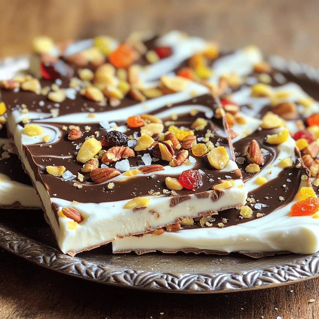 - 2 Tassen griechischer Joghurt - 1/4 Tasse Honig oder Ahornsirup - 1/2 Tasse Zartbitterschokoladenstückchen Griechischer Joghurt ist die Basis. Er gibt der Bark eine cremige Textur. Honig oder Ahornsirup sorgt für die Süße. Ich mag Honig, weil er einen schönen Geschmack hat. Die Zartbitterschokoladenstückchen bringen den Schokoladengeschmack. Sie schmelzen lecker in die Joghurt-Schicht. - 1/4 Tasse gehackte Nüsse (Mandeln, Walnüsse oder Pistazien) - 1/4 Tasse getrocknete Früchte (Cranberries, Kirschen oder Aprikosen) - Meersalz zum Bestreuen Nüsse geben einen tollen Crunch. Ich liebe Mandeln, aber alle sind gut. Getrocknete Früchte bringen Süße und Farbe. Cranberries sind fruchtig und lecker. Meersalz verstärkt den Geschmack. Es macht die Bark noch besser. In einer großen Schüssel mische ich den griechischen Joghurt mit Honig und Vanilleextrakt. Ich rühre kräftig, bis die Mischung glatt und cremig ist. Diese Basis gibt der Bark einen tollen Geschmack. Ich lege ein Backblech mit Backpapier aus. Das Papier sollte an den Seiten überstehen. So kann ich die Bark später leicht herausnehmen. Dann gieße ich die Joghurtmischung gleichmäßig auf das Blech. Mit einem Spatel streiche ich sie zu einem Rechteck. Die Dicke sollte etwa 0,5 cm betragen. Ich gebe die Zartbitterschokoladenstückchen in eine mikrowellengeeignete Schüssel. In 30-Sekunden-Intervallen schmelze ich die Schokolade. Dabei rühre ich die Schokolade zwischen den Intervallen. Wenn sie ganz geschmolzen ist, kann ich sie gleichmäßig über die Joghurtmischung träufeln. Ich verwende einen Spatel, um die Schokolade sanft in den Joghurt einzuarbeiten. So entsteht ein schöner Marmoriereffekt. Jetzt streue ich die gehackten Nüsse und die getrockneten Früchte gleichmäßig über die Schicht. Eine Prise Meersalz macht den Geschmack noch besser. Dann stelle ich das Blech in das Gefrierfach. Ich lasse die Bark mindestens 3 Stunden gefrieren, bis sie fest ist. Nach dem Einfrieren löse ich die Bark vorsichtig vom Backpapier und breche sie in Stücke. - Tipps zum Marmorieren: Um den besten Marmoriereffekt zu erzielen, träufle die geschmolzene Schokolade in verschiedenen Bereichen. Verwende dann einen Spatel oder ein Messer, um sanft durch die Joghurtmasse zu ziehen. Achte darauf, nicht zu fest zu rühren. So bleibt das Muster schön sichtbar. - Umgang mit der Schokolade: Erhitze die Schokolade vorsichtig in der Mikrowelle. Mache dies in 30-Sekunden-Intervallen und rühre dazwischen um. So verhinderst du, dass die Schokolade anbrennt. Die Schokolade sollte glatt und cremig sein, bevor du sie verwendest. - Anrichten der Bark-Stücke: Breche die gefrorene Bark in Stücke. Arrangiere sie dekorativ auf einem Teller oder in einem Behälter. So sieht es ansprechend aus. Ein schöner Anblick macht die Nascherei noch besser. - Kombination mit frischen Beeren: Serviere die Bark mit frischen Beeren wie Himbeeren oder Erdbeeren. Diese Beeren bringen Frische und Farbe auf den Teller. Zudem ergänzen sie den Geschmack wunderbar. - Nährstoffreiche Zutaten: Griechischer Joghurt ist reich an Protein und Kalzium. Nüsse liefern gesunde Fette und Ballaststoffe. Datteln oder Trockenfrüchte fügen natürliche Süße hinzu und sind voll von Vitaminen. - Alternative Süßigkeiten für gesunde Ernährung: Diese Bark ist eine tolle Alternative zu Schokoladenriegeln. Sie hat weniger Zucker und mehr Nährstoffe. Du kannst sie als Snack während des Tages genießen, ohne ein schlechtes Gewissen zu haben. {{image_4}} Für dein Schokoladen griechischer Joghurt Bark kannst du verschiedene Joghurt-Sorten nutzen. Probiere auch griechischen Joghurt mit Geschmack. Du kannst auch fruchtige Varianten wählen, wie Erdbeer- oder Himbeerjoghurt. Diese geben deinem Snack einen neuen Dreh. Eine weitere Idee ist, die Zartbitterschokolade durch Vollmilchschokolade zu ersetzen. Diese macht die Bark süßer und cremiger. Für alle Liebhaber von intensiven Aromen gibt es auch weiße Schokolade. Die Toppings machen deine Bark noch interessanter. Frische saisonale Früchte wie Erdbeeren oder Himbeeren sind ideal. Trockenfrüchte wie Cranberries oder Kirschen geben einen süßen Kick. Die Nüsse sind wichtig für den Crunch. Du kannst Mandeln, Walnüsse oder Pistazien verwenden. Wenn du es besonders magst, füge auch Samen hinzu. Chiasamen oder Leinsamen bringen zusätzlich Nährstoffe. Wenn du eine vegane Variante möchtest, gibt es tolle Optionen. Pflanzliche Joghurt-Optionen, wie Kokos- oder Sojajoghurt, sind perfekt. Diese haben oft auch einen tollen Geschmack. Für den Süßstoff kannst du Agavendicksaft oder Dattelsirup nutzen. Diese sind süß und gesund. So bleibt dein Snack rein pflanzlich und lecker! Um die Bark optimal zu lagern, lege sie in einen luftdichten Behälter. Wenn du keinen Behälter hast, packe die Bark in Frischhaltefolie. So bleibt sie frisch und lecker. Achte darauf, dass die Bark nicht mit anderen Lebensmitteln in Kontakt kommt. Die Haltbarkeit im Gefrierfach beträgt etwa zwei bis drei Monate. Nach dieser Zeit kann der Geschmack nachlassen. Du kannst die Bark auch portionsweise einfrieren. So hast du immer einen gesunden Snack zur Hand. Richtiges Auftauen ist wichtig, um die Textur zu bewahren. Nimm die Bark aus dem Gefrierfach und lasse sie bei Raumtemperatur stehen. Nach etwa 10 bis 15 Minuten ist sie bereit zum Genießen. Beste Praktiken für den Genuss sind, die Bark in kleine Stücke zu brechen. Serviere sie mit frischen Beeren oder knackigen Nüssen. Das macht den Snack noch besser! Die Schokoladen-Joghurt-Bark bleibt im Gefrierfach etwa 2 bis 3 Monate frisch. Um die beste Qualität zu erhalten, lagern Sie sie in einem luftdichten Behälter. So bleibt der Geschmack intensiv und die Textur bleibt knusprig. Achten Sie darauf, die Bark gut zu verpacken. So vermeiden Sie Gefrierbrand. Ja, Sie können die Zutaten nach Ihrem Geschmack anpassen. Verwenden Sie griechischen Joghurt, den Sie mögen. Statt Honig können Sie auch Agavendicksaft nehmen. Für die Schokolade sind Zartbitter oder Vollmilch möglich. Seien Sie kreativ mit den Nüssen und Früchten. Mandeln, Walnüsse, und Pistazien sind tolle Optionen. Auch frische Früchte sind eine gute Wahl. Um die Bark gesünder zu machen, reduzieren Sie den Zucker. Benutzen Sie weniger Honig oder Sirup. Sie können auch ungesüßten Joghurt wählen. Fügen Sie mehr Nüsse und Früchte hinzu. Diese Zutaten bringen Nährstoffe und Geschmack. Achten Sie darauf, die Schokolade in Maßen zu verwenden. So bleibt die Kalorienzahl niedrig. Das Rezept kann für Allergiker angepasst werden. Achten Sie auf die Zutaten, wie Nüsse. Wenn jemand allergisch ist, lassen Sie diese weg oder ersetzen Sie sie. Für Milchallergiker gibt es pflanzliche Joghurt-Optionen. Verwenden Sie auch veganen Honig oder andere Süßungsmittel. So gestalten Sie die Bark sicher für alle. Zusammenfassend haben wir eine einfache und leckere Schokoladen-Joghurt-Bark erstellt. Du wusstest jetzt, welche Haupt- und Zusatzstoffe du benötigst, um diese zu machen. Wir haben die Schritte zur Zubereitung sowie Tipps zur Perfektionierung besprochen. Denke daran, die Bark vielseitig zu gestalten, je nach deinen Vorlieben. Mit gesunden Zutaten erhältst du einen tollen Snack. Probiere das Rezept aus und entdecke deine eigenen Variationen für mehr Genuss.