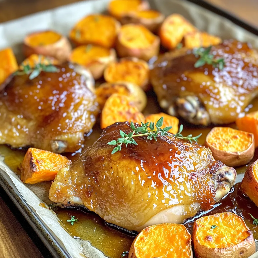 - 4 Hähnchenschenkel: knochenlos und ohne Haut - 2 große Süßkartoffeln: geschält und gewürfelt - 1/4 Tasse reiner Ahornsirup: für besten Geschmack - 3 Esslöffel Dijon-Senf: für eine würzige Note - 2 Esslöffel Olivenöl: für die Zubereitung - 1 Teelöffel Knoblauchpulver: für zusätzlichen Geschmack - 1 Teelöffel Zwiebelpulver: für mehr Tiefe - 1 Teelöffel geräuchertes Paprikapulver: für eine rauchige Note - Salz und Pfeffer: nach Geschmack Alle diese Zutaten sind wichtig, um den vollen Geschmack zu erreichen. Die Hähnchenschenkel sorgen für Saftigkeit. Die Süßkartoffeln fügen eine süße, cremige Textur hinzu. Der Ahornsirup bietet eine köstliche Süße, die perfekt mit dem Dijon-Senf harmoniert. Die Gewürze bringen das Gericht zum Leben und machen es wirklich besonders. - Heize deinen Ofen auf 220°C (425°F) vor. - Lege ein großes Backblech mit Backpapier aus. Dies macht die Reinigung einfach. - Mische in einer kleinen Schüssel den Ahornsirup, Dijon-Senf, Olivenöl, Knoblauchpulver, Zwiebelpulver, geräuchertes Paprikapulver sowie Salz und Pfeffer. - Nimm eine große Rührschüssel und vermenge die gewürfelten Süßkartoffeln mit der Hälfte der Glasur. Stelle sicher, dass sie gleichmäßig bedeckt sind. - Tupfe die Hähnchenschenkel mit Papiertüchern trocken. Würze beide Seiten mit Salz und Pfeffer. - Bestreiche die Hähnchenschenkel großzügig mit der restlichen Glasur. - Lege die Süßkartoffeln auf einer Seite des Backblechs und die Hähnchenschenkel auf die andere Seite. - Röste alles im vorgeheizten Ofen für 25-30 Minuten. Das Hähnchen sollte 75°C (165°F) erreichen und die Süßkartoffeln zart und karamellisiert sein. - Für die letzten 3-5 Minuten kannst du die Grillfunktion nutzen. Achte darauf, dass das Hähnchen nicht anbrennt. - Lass das Hähnchen einige Minuten ruhen, bevor du es aufschneidest. - Garniere das Gericht mit frischem Thymian oder Petersilie, bevor du es servierst. - Überprüfen der Innentemperatur des Hähnchens: Die Innentemperatur ist wichtig. Nutze ein Fleischthermometer. Das Hähnchen sollte 75°C (165°F) erreichen. So bleibst du sicher und das Hähnchen bleibt saftig. - Karamellisieren der Süßkartoffeln: Um die Süßkartoffeln perfekt zu karamellisieren, achte auf eine gleichmäßige Schicht auf dem Blech. Das hilft, dass die Hitze gleichmäßig verteilt wird. Du kannst auch etwas mehr Ahornsirup hinzufügen, um den süßen Geschmack zu verstärken. - Servieren direkt vom Backblech: Das ist einfach und macht Eindruck. Es gibt einen rustikalen Look. Platziere das Blech einfach auf den Tisch. - Alternativen zur Anrichtung auf einem Teller: Du kannst das Hähnchen und die Süßkartoffeln schön auf einem Teller anrichten. Träufle etwas von der restlichen Glasur darüber. Das macht das Gericht noch ansprechender. - Nützliche Küchengeräte und Utensilien: Ein gutes Fleischthermometer ist wichtig. Auch eine große Rührschüssel und ein Backblech mit hohen Rändern sind hilfreich. - Empfehlungen für Backbleche und Auflaufformen: Wähle ein Backblech mit Antihaftbeschichtung. Das erleichtert die Reinigung. Eine Auflaufform kann auch nützlich sein, wenn du mehr Gemüse verwenden möchtest. {{image_4}} Für diese Variante des Gerichts können Sie Hähnchenbrust oder -keulen anstelle von Hähnchenschenkeln verwenden. Hähnchenbrust wird magerer und hat weniger Fett. Hähnchenkeulen geben zusätzlichen Geschmack. Sie können auch andere Gemüsesorten verwenden. Karotten und Zucchini passen gut zu diesem Gericht. Diese Gemüsesorten bringen neue Aromen und Farben auf den Teller. Haben Sie keinen Dijon-Senf? Kein Problem! Sie können andere Senfsorten ausprobieren. Gelber Senf oder Honigsenf geben auch einen guten Geschmack. Zusätzlich können Sie frische Kräuter wie Rosmarin oder Oregano hinzufügen. Diese Kräuter bringen einen frischen Geschmack und Duft in das Gericht. Wenn Sie eine kalorienreduzierte Version möchten, verwenden Sie weniger Öl oder Ahornsirup. Dies hilft, die Kalorien zu senken und das Gericht leichter zu machen. Eine weitere gesunde Idee ist die Ergänzung mit grünen Blattgemüsen. Spinat oder Grünkohl sind tolle Optionen. Diese Gemüse fügen Nährstoffe hinzu und machen das Gericht noch bunter. Um das Essen frisch zu halten, lege die Reste in einen luftdichten Behälter. Das hält Feuchtigkeit und Geschmack. Du kannst die Reste bis zu drei Tage im Kühlschrank aufbewahren. Wenn du es wieder aufwärmst, achte darauf, dass es gleichmäßig heiß wird. Für längere Lagerung kannst du das Gericht einfrieren. Teile die Portionen in einzelne Behälter. So bleibt das Essen frisch und lecker. Um es aufzutauen, lege es über Nacht in den Kühlschrank. Wenn du es schnell auftauen möchtest, nutze die Mikrowelle auf der Auftaufunktion. Achte darauf, die Süßkartoffeln vor dem Einfrieren leicht zu blanchieren. Das hilft, die Textur zu bewahren. Nach dem Aufwärmen können die Süßkartoffeln weich werden, aber sie bleiben lecker. Um das Hähnchen gleichmäßig zu erwärmen, benutze den Ofen. Stelle ihn auf 175°C (350°F) ein und lege das Hähnchen in eine Auflaufform. Decke die Form mit Folie ab, damit das Hähnchen nicht austrocknet. Eine andere Methode ist die Pfanne. Erhitze etwas Öl und brate das Hähnchen, bis es heiß ist. So bleibt es saftig und erhält eine knusprige Oberfläche. Vermeide die Mikrowelle, wenn du trockenes Hähnchen verhindern willst. Die Zubereitung dauert etwa 15 Minuten. Das Kochen im Ofen dauert 25 bis 30 Minuten. Die gesamte Zeit beträgt also ungefähr 40 Minuten. So einfach und schnell ist es, ein köstliches Gericht zu zaubern! Ja, Sie können die Glasur einen Tag im Voraus machen. Mischen Sie einfach alle Zutaten und lagern Sie sie im Kühlschrank. Wenn Sie bereit sind, das Gericht zu kochen, nehmen Sie die Glasur heraus und verwenden Sie sie. So sparen Sie Zeit und haben eine leckere Mischung zur Hand! Um saftiges Hähnchen zu bekommen, tupfen Sie die Hähnchenschenkel trocken. Das hilft, die Glasur besser haften zu lassen. Würzen Sie das Hähnchen gut mit Salz und Pfeffer. Überkochen Sie das Hähnchen nicht! Verwenden Sie ein Fleischthermometer, um die Innentemperatur von 75°C zu erreichen. So bleibt das Hähnchen zart und saftig. Wenn Sie keine Süßkartoffeln haben, probieren Sie andere Gemüsesorten! Karotten, Zucchini oder Brokkoli sind tolle Alternativen. Sie können auch Blumenkohl oder Paprika verwenden. Diese Gemüsesorten nehmen die Glasur gut auf und schmecken ebenso lecker! Diese Anleitung hat dir gezeigt, wie du köstliches Hähnchen mit Süßkartoffeln zubereitest. Wir haben die Zutaten, die Schritte und hilfreiche Tipps behandelt. Du kannst das Gericht variieren und anpassen, um es noch leckerer zu machen. Vergiss nicht, Reste richtig aufzubewahren. Mit diesen Informationen kannst du das Rezept einfach nachkochen. Viel Spaß beim Kochen und Genießen deiner Mahlzeit!