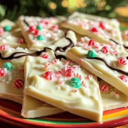 Für diesen leckeren Bark brauchst du: - 340 g weiße Schokoladenstückchen - 240 ml zerstoßenen Pfefferminzbonbons oder Zuckerstangen - 1/2 Teelöffel Pfefferminzextrakt - 60 g Zartbitterschokoladenstückchen für das Verzieren Diese Zutaten machen deinen Bark süß und mintig. Die weiße Schokolade ist der Hauptgeschmacksträger. Sie schmilzt gut und verbindet sich perfekt mit dem Pfefferminzgeschmack. Du kannst auch ein paar optionale Dinge hinzufügen: - Meersalzflocken (zum Garnieren) Meersalz gibt dem Bark einen netten Kontrast. Es bringt die Süße der Schokolade richtig zur Geltung. Wenn du magst, kannst du auch noch andere Extras wie Nüsse oder Trockenfrüchte hinzufügen. Ich empfehle, gute Qualität zu wählen. Hochwertige weiße Schokolade schmilzt besser und hat einen tollen Geschmack. Achte auf Marken, die echte Kakaobutter verwenden. Diese Schokolade macht deinen Bark besonders lecker. Mit diesen Zutaten und Tipps bist du bereit, deinen No-Bake Weißer Schokoladen-Pfefferminz-Bark zu machen! Zuerst lege ein Backblech mit Backpapier aus. Das Backpapier sorgt dafür, dass der Bark nicht kleben bleibt. Achte darauf, dass die Fläche glatt und eben ist. So kannst du später die Schokolade leicht abheben. Nimm eine mikrowellengeeignete Schüssel. Gib die weißen Schokoladenstückchen und den Pfefferminzextrakt hinein. Erhitze die Mischung in der Mikrowelle. Mache das in 30-Sekunden-Intervallen. Rühre die Schokolade zwischendurch um. Das dauert etwa 1 bis 2 Minuten, bis sie ganz geschmolzen und glatt ist. Füge drei Viertel der zerstoßenen Pfefferminzbonbons zur geschmolzenen Schokolade hinzu. Rühre gut um, damit sich alles vermischt. Gieße die Schokoladenmischung auf das Backblech. Verteile sie gleichmäßig mit einem Spatel. Streue die restlichen Pfefferminzbonbons darüber. Drücke sie sanft in die Schokolade, damit sie haften bleibt. Schmelze nun die Zartbitterschokoladenstückchen in einer anderen Schüssel. Nutze wieder die Mikrowelle. Wenn die Zartbitterschokolade glatt ist, träufle sie über den Bark. Du kannst einen Löffel oder einen Spritzbeutel verwenden. Wenn du magst, streue etwas Meersalz über die Oberfläche. Das gibt einen tollen Geschmacks-Kontrast. Stelle das Backblech in den Kühlschrank. Lass es dort mindestens 1 Stunde fest werden. Danach kannst du den Bark in Stücke brechen und servieren. Beim Schmelzen von Schokolade können einige Fehler auftreten. Der häufigste Fehler ist, die Schokolade zu lange zu erhitzen. Dies kann die Schokolade verbrennen. Achte darauf, die Mikrowelle in kurzen Intervallen von 30 Sekunden zu nutzen. Rühre die Schokolade regelmäßig um, um eine gleichmäßige Schmelze zu erreichen. Ein weiterer Fehler ist die Verwendung von nassen Utensilien. Wasser kann die Schokolade klumpig und unbrauchbar machen. Stelle sicher, dass deine Schüssel und Löffel trocken sind. Für eine glatte und cremige Konsistenz ist der richtige Schokoladentyp wichtig. Verwende hochwertige weiße Schokolade, die einen hohen Kakaobutteranteil hat. Dies hilft, die Schokolade geschmeidig zu halten. Achte darauf, den Pfefferminzextrakt gleichmäßig in die geschmolzene Schokolade einzurühren. Wenn die Schokolade zu dick ist, kannst du einen kleinen Löffel Kokosöl hinzufügen. Das macht die Mischung dünnflüssiger und erleichtert das Verteilen. Die Präsentation macht viel aus! Arrange die Stücke des Pfefferminz-Bark auf einem festlichen Tablett. Du kannst frische Pfefferminzblätter hinzufügen, um das Aussehen zu verbessern. Für Geschenke kannst du die Stücke in klare Tüten füllen und mit einem hübschen Band binden. So sieht es nicht nur gut aus, sondern du kannst auch anderen eine Freude machen. Verpacke es gut, um die Frische zu bewahren. {{image_4}} Eine tolle Variante ist die Verwendung von dunkler oder Milchschokolade. Dunkle Schokolade bringt einen reichen Geschmack und wird oft von vielen geliebt. Milchschokolade hingegen hat eine süßere Note, die gut zu Pfefferminz passt. Du kannst auch eine Mischung aus beiden verwenden. Dies gibt deinem Bark einen einzigartigen und interessanten Geschmack. Die Zugabe von Nüssen oder Trockenfrüchten macht dein Bark noch besser. Du kannst zum Beispiel Mandeln, Walnüsse oder Pistazien verwenden. Diese Nüsse geben einen schönen Crunch. Trockenfrüchte wie Cranberries oder Aprikosen bringen eine fruchtige Süße. Achte darauf, sie klein zu hacken, damit sie gut im Bark verteilt sind. Du kannst mit Aromen spielen, um dein Bark besonders zu machen. Eine Option ist, etwas Orangenschale hinzuzufügen. Das gibt eine frische Note. Zimt ist eine weitere großartige Wahl, besonders im Winter. Ein Hauch von Zimt macht das Bark warm und einladend. Experimentiere mit verschiedenen Aromen und finde deine Lieblingskombination. Um die Frische deines No-Bake weißen Schokoladen-Pfefferminz-Bark zu bewahren, lagere ihn an einem kühlen, trockenen Ort. Die ideale Temperatur liegt zwischen 15 und 20 Grad Celsius. So bleibt die Schokolade fest und der Geschmack bleibt lange erhalten. Du kannst den Bark sowohl im Kühlschrank als auch bei Raumtemperatur aufbewahren. Wenn du ihn im Kühlschrank lagern möchtest, lege ihn in einen luftdichten Behälter. So vermeidest du, dass er Feuchtigkeit aufnimmt. Bei Raumtemperatur solltest du ihn an einem schattigen Ort aufbewahren, fern von direkter Sonneneinstrahlung. Der Bark hält sich gut bis zu zwei Wochen, wenn du ihn richtig lagerst. Bei Resten kannst du kreativ werden. Zerbrich die Stücke und verwende sie als Topping für Eis oder in Muffins. Es gibt viele Möglichkeiten, die Reste zu genießen! Der Bark braucht mindestens eine Stunde im Kühlschrank, um fest zu werden. Ich empfehle, ihn länger zu lassen, wenn du eine sehr feste Textur willst. Dies gibt der Schokolade genug Zeit, um sich vollständig zu setzen. Wenn du es eilig hast, kannst du ihn auch in den Gefrierschrank stellen. Achte jedoch darauf, ihn nicht zu vergessen, sonst wird er zu hart. Ja, du kannst viele verschiedene Aromen ausprobieren! Zum Beispiel sind Vanille oder Orange tolle Alternativen. Wenn du etwas Exotisches magst, probiere Lavendel oder Karamell. Du kannst das Rezept anpassen, indem du verschiedene Extrakte hinzufügst oder die Bonbons änderst. Sei kreativ! Ja, dieses Rezept ist glutenfrei. Alle Zutaten, die du verwendest, wie weiße Schokolade und Pfefferminzbonbons, sind in der Regel glutenfrei. Achte jedoch darauf, dass die Marken, die du wählst, keine glutenhaltigen Zutaten enthalten. So kannst du sicher sein, dass dein Bark für alle Gäste geeignet ist. In diesem Blogpost habe ich die besten Zutaten für den No-Bake Weißer Schokoladen-Pfefferminz-Bark vorgestellt. Wir haben die Hauptzutaten, praktische Tipps und kreative Variationen besprochen. Außerdem lernst du, wie wichtig die richtige Lagerung ist. Denke daran, hochwertige Schokolade zu verwenden und häufige Fehler zu vermeiden. Mit diesen Infos machst du diesen leckeren Snack perfekt für die Feiertage. Ich hoffe, du probierst das Rezept aus und genießt es!