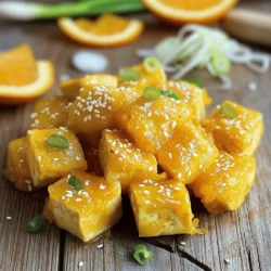 - 400 g fester Tofu, abgetropft und gepresst - 60 ml Pflanzenöl (zum Frittieren) - 240 ml frischer Orangensaft (etwa 2-3 Orangen) Fester Tofu ist die Basis für dieses Gericht. Er hat eine gute Textur und nimmt die Aromen gut auf. Das Pflanzenöl sorgt für eine perfekte Knusprigkeit. Frischer Orangensaft bringt die süße, fruchtige Note, die wir brauchen. - ½ Teelöffel Salz - ½ Teelöffel Pfeffer - 3 Esslöffel Sojasauce - 2 Esslöffel Ahornsirup Die Gewürze sind wichtig für den Geschmack. Salz und Pfeffer bringen die Balance. Die Sojasauce ergänzt den Tofu mit Umami. Ahornsirup fügt eine süße Tiefe hinzu und harmoniert gut mit dem Orangensaft. - 1 Esslöffel Sesamsamen - 2 Frühlingszwiebeln, in Ringe geschnitten Sesamsamen geben einen schönen Crunch und ein nussiges Aroma. Frühlingszwiebeln bringen Frische und Farbe auf den Teller. Diese Garnierungen machen die Speise noch ansprechender und leckerer. Zuerst schneide ich den Tofu in 2,5 cm große Würfel. Dieser Schritt ist wichtig, um die richtige Textur zu erreichen. Danach trockne ich die Würfel mit Küchenpapier. So entferne ich die überschüssige Feuchtigkeit. Ein gut gepresster Tofu nimmt die Sauce besser auf. In einer großen Schüssel mische ich 125 g Speisestärke, ½ Teelöffel Salz und ½ Teelöffel Pfeffer. Diese Mischung macht den Tofu knusprig. Ich gebe die Tofuwürfel in die Schüssel und schüttle sie gut durch. Es ist wichtig, dass jede Seite gleichmäßig bedeckt ist. Ich erhitze 60 ml Pflanzenöl in einer beschichteten Pfanne bei mittlerer Hitze. Wenn das Öl heiß ist, füge ich die Tofuwürfel in einer einzigen Schicht hinzu. Ich frittiere sie für etwa 10-12 Minuten. Die Würfel sollen goldbraun und knusprig sein. Nach dem Frittieren lasse ich den Tofu auf Küchenpapier abtropfen. In einem separaten Topf mische ich 240 ml frischen Orangensaft, die Schale von 1 Orange, 3 Esslöffel Sojasauce, 2 Esslöffel Ahornsirup, 1 Esslöffel Reisessig, 1 Teelöffel frisch geriebenen Ingwer und 1 fein gehackte Knoblauchzehe. Ich bringe die Mischung bei mittlerer Hitze zum Köcheln. Ich lasse die Sauce 5-7 Minuten kochen, bis sie leicht eindickt. Sobald die Sauce fertig ist, gebe ich die knusprigen Tofuwürfel in den Topf. Ich rühre vorsichtig um, damit jedes Stück gut mit der Sauce überzogen ist. Dies sorgt für den besten Geschmack. Ich richte den Tofu auf einem Teller an und träufle die restliche Sauce darüber. Dann garniere ich das Gericht mit Sesamsamen und geschnittenen Frühlingszwiebeln. Diese Garnierungen machen das Gericht noch schöner und schmackhafter. - Verwendung des richtigen Tofus: Verwende festen Tofu. Er hat die beste Textur und hält gut. Seiden-Tofu ist zu weich für dieses Rezept. - Richtiges Frittieren für Knusprigkeit: Achte darauf, dass das Öl heiß genug ist. So wird der Tofu schön knusprig. Frittiere in kleinen Portionen. Das hilft, gleichmäßige Bräunung zu erreichen. - Variationen der Orangensauce: Du kannst die Orangensauce variieren. Probiere Limettensaft statt Orangensaft. Das gibt einen anderen, frischen Geschmack. - Verwendung von weiteren Gewürzen: Füge Chili-Flocken für eine scharfe Note hinzu. Auch Koriander kann die Sauce aufpeppen. - Beilagen für das Gericht: Serviere den Tofu mit Reis oder Quinoa. Gedämpftes Gemüse passt auch gut dazu. - Anrichten für besondere Anlässe: Lege den Tofu dekorativ auf einem Teller. Verwende frische Kräuter zur Garnierung. Das macht das Gericht ansprechend. {{image_4}} Du kannst den Tofu durch andere Gemüsesorten ersetzen. Zum Beispiel ist Blumenkohl eine gute Wahl. Er wird knusprig und nimmt die Sauce gut auf. Auch Zucchini eignet sich gut. Du kannst sie in Scheiben schneiden und ähnlich zubereiten. Wenn du mehr Protein willst, verwende Kichererbsen oder Tempeh. Diese passen perfekt zur Orangensauce. Wenn du auf Kalorien achtest, reduziere das Öl beim Frittieren. Du kannst den Tofu auch backen. So sparst du Fett und Kalorien. Für glutenfreie Varianten nutze Tamari statt Sojasauce. Achte darauf, dass alle Zutaten glutenfrei sind. So bleibt dein Gericht gesund und lecker. Frisches Gemüse macht den Tofu noch besser. Füge Brokkoli oder Paprika hinzu. Diese geben Farbe und Geschmack. Du kannst auch die Orange durch andere Zitrusfrüchte ersetzen. Limetten oder Grapefruits bringen einen neuen Twist. So bleibt das Rezept spannend und frisch. Um die Reste von knusprigem Orangen-Tofu zu speichern, folge diesen Tipps: - Optimale Aufbewahrungsmethoden: Lege die Reste in einen luftdichten Behälter. Dies hält die Feuchtigkeit weg und sorgt für Frische. - Tipps zur Lagerung im Kühlschrank: Stelle sicher, dass der Tofu vollständig abgekühlt ist, bevor du ihn in den Kühlschrank stellst. So bleibt er knusprig und lecker. Wenn du die Reste aufwärmen möchtest, beachte diese Methoden: - Beste Methoden zum Aufwärmen: Nutze eine Pfanne bei mittlerer Hitze. Füge etwas Öl hinzu, um die Knusprigkeit zu erhalten. - Vermeidung von matschigem Tofu: Vermeide die Mikrowelle, da sie den Tofu weich macht. Rühre den Tofu vorsichtig um, um gleichmäßige Hitze zu gewährleisten. Die Haltbarkeit ist wichtig, um den besten Geschmack zu genießen: - Tipps zur Verlängerung der Frische: Lagere den Tofu nicht länger als 3-4 Tage im Kühlschrank. Das sorgt dafür, dass er frisch bleibt. - Erkennen von verderblichen Lebensmitteln: Achte auf einen unangenehmen Geruch oder eine schleimige Textur. Dies sind Anzeichen dafür, dass der Tofu nicht mehr gut ist. Die Zubereitung von knusprigem Orangen-Tofu dauert etwa 30 Minuten. Die Vorbereitungszeit beträgt nur 15 Minuten. In dieser Zeit schneidest du den Tofu und bereitest die Sauce vor. Das Frittieren des Tofus nimmt rund 10 bis 12 Minuten in Anspruch. So kannst du schnell ein leckeres Gericht zaubern. Ja, du kannst den Tofu auch im Ofen backen. Heize den Ofen auf 200 Grad Celsius vor. Lege die panierten Tofuwürfel auf ein Backblech mit Backpapier. Besprühe sie leicht mit Pflanzenöl. Backe den Tofu für etwa 25 bis 30 Minuten, bis sie knusprig sind. Wende die Würfel nach der Hälfte der Zeit, damit sie gleichmäßig bräunen. Zu knusprigem Orangen-Tofu passen verschiedene Dips gut. Hier sind einige Vorschläge: - Erdnusssauce für einen cremigen Geschmack - Sojasauce mit Sesamöl für einen herzhaften Kick - Süß-saurer Dip als fruchtige Ergänzung - Chili-Sauce für etwas Schärfe Ja, dieser Tofu ist vegan. Alle Zutaten stammen aus pflanzlichen Quellen. Der Tofu selbst ist eine großartige Proteinquelle. Die Orangensauce enthält keine tierischen Produkte. So kannst du das Gericht ohne Bedenken genießen. Diese Anleitung zeigt, wie man köstlichen knusprigen Orangen-Tofu zubereitet. Wir haben die besten Zutaten, einfache Schritte, nützliche Tipps und Variationen behandelt. Tofu wird perfekt frittiert und mit einer leckeren Orangensauce kombiniert. Denke daran, kreativ mit den Zutaten umzugehen und eigene Variationen zu probieren. Mit unseren Lagerungshilfen bleiben Reste frisch. Gibt es Fragen? Die FAQs helfen dir sicher weiter. Viel Spaß beim Kochen und Genießen!