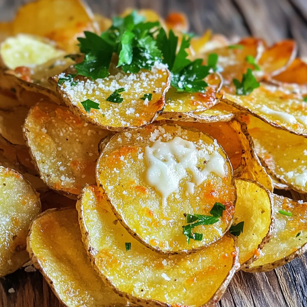 Für die perfekten Parmesan Knoblauch Kartoffelchips brauchst du folgende Zutaten: - 2 große Russet-Kartoffeln - 3 Esslöffel Olivenöl - 1 Teelöffel Knoblauchpulver - 1 Teelöffel Zwiebelpulver - 1 Teelöffel geräuchertes Paprikapulver - ½ Teelöffel Meersalz - ½ Tasse geriebener Parmesan-Käse - Frisch gemahlener schwarzer Pfeffer nach Geschmack Die Wahl der Russet-Kartoffeln ist wichtig. Sie sind stärkehaltig und sorgen für eine knusprige Textur. Die Gewürze machen den Unterschied. Du benötigst: - Knoblauchpulver - Zwiebelpulver - Geräuchertes Paprikapulver - Meersalz - Schwarzer Pfeffer Diese Gewürze verleihen den Chips einen lecker-würzigen Geschmack. Du kannst die Mengen nach deinem Geschmack anpassen. Um deinen Chips den letzten Schliff zu geben, verwende: - Gehackte frische Petersilie Die Petersilie bringt Farbe und Frische. Sie ist zwar optional, macht die Chips aber noch appetitlicher. Zuerst wasche die Kartoffeln gut. Verwende eine Bürste, um den Schmutz zu entfernen. Schneide die Kartoffeln mit einem scharfen Messer oder einem Mandolinen-Schneider in dünne Scheiben. Halte die Scheiben etwa 1/8 Zoll dick. Gleichmäßige Scheiben helfen, dass die Chips gleichmäßig garen. Lege die geschnittenen Kartoffelscheiben in eine Schüssel mit kaltem Wasser. Lasse sie 30 Minuten einweichen. Dies entfernt überschüssige Stärke und macht die Chips knuspriger. Nach dem Einweichen, lasse das Wasser ab und tupfe die Scheiben mit einem Küchentuch trocken. Dieser Schritt ist wichtig für die perfekte Knusprigkeit. In einer großen Schüssel mische das Olivenöl, Knoblauchpulver, Zwiebelpulver, geräuchertes Paprikapulver, Meersalz und schwarzen Pfeffer. Füge die getrockneten Kartoffelscheiben hinzu und mische gut. Die Chips sollten gleichmäßig mit der Gewürzmischung bedeckt sein. Heize die Luftfritteuse auf 190°C vor. Lege die Kartoffelscheiben in einer einzigen Schicht in den Korb. Frittier sie 12 bis 15 Minuten. Schüttle den Korb einmal während des Garens. Die Chips sind fertig, wenn sie goldbraun und knusprig sind. Wenn die Chips gar sind, streue den geriebenen Parmesan-Käse sofort darüber. Der Käse schmilzt leicht und bleibt an den Chips haften. Lass die Chips eine Minute abkühlen. Garniere sie nach Belieben mit frischer, gehackter Petersilie. Um deine Parmesan Garlic Kartoffelchips besonders knusprig zu machen, gibt es einige einfache Schritte. Zuerst schneide die Kartoffeln dünn. Die ideale Dicke ist etwa 1/8 Zoll. Dünnere Chips werden knuspriger. Zweitens, weiche die Kartoffelscheiben 30 Minuten in kaltem Wasser ein. Dies entfernt die Stärke und hilft, eine knusprige Textur zu erzielen. Drittens, achte darauf, die Chips gründlich zu trocknen. Feuchtigkeit macht sie weich. Tupfe die Scheiben mit einem Küchentuch ab, bis sie ganz trocken sind. Schließlich solltest du die Chips in einer einzigen Schicht in die Luftfritteuse legen. Überfüllung führt zu ungleichmäßigem Garen und weniger Knusprigkeit. Ein häufiger Fehler ist, die Kartoffeln nicht einzuweichen. Das führt zu matschigen Chips. Ein weiterer Fehler ist, die Chips nach dem Würzen nicht richtig zu mischen. Stelle sicher, dass jede Scheibe gut mit Öl und Gewürzen bedeckt ist. Achte auch darauf, die Chips nicht zu lange in der Luftfritteuse zu lassen. Überwache sie genau, um Verbrennungen zu vermeiden. Wenn du die Chips nicht sofort nach dem Frittieren mit Parmesan bestreust, schmilzt der Käse nicht gut. Du kannst die Grundrezeptur leicht anpassen. Probiere, frische Kräuter wie Rosmarin oder Thymian hinzuzufügen. Diese geben den Chips einen zusätzlichen Geschmackskick. Für etwas Schärfe kannst du Chili-Pulver oder Paprika verwenden. Wenn du einen Käse-Liebhaber bist, probiere andere Käsesorten wie Gouda oder Cheddar. Diese Varianten bringen neue Geschmäcker in dein Gericht. Sei kreativ und experimentiere mit verschiedenen Gewürzen. So findest du deine perfekte Mischung! {{image_4}} Du kannst verschiedene Käsesorten verwenden, um den Geschmack deiner Chips zu verändern. Cheddar, Gouda oder sogar Feta sind tolle Optionen. Jeder Käse bringt seinen eigenen Charakter mit. Experimentiere mit der Menge, um den besten Geschmack zu finden. Kartoffeln sind nicht die einzige Wahl. Du kannst auch Süßkartoffeln, Zucchini oder Karotten verwenden. Diese Gemüsesorten bieten verschiedene Geschmäcker und Texturen. Schneide sie dünn, um sicherzustellen, dass sie knusprig werden. Die Gewürze bleiben gleich, du kannst aber auch neue hinzufügen. Für einen scharfen Kick füge etwas Chili-Pulver oder frische Chilis zu deiner Gewürzmischung hinzu. Das gibt deinen Chips eine feurige Note. Kombiniere dies mit dem Knoblauch für einen intensiven Geschmack. Diese Variante ist perfekt für alle, die es gerne scharf mögen. Um die Knusprigkeit der Parmesan Knoblauch Kartoffelchips zu bewahren, lagere sie in einem luftdichten Behälter. Achte darauf, dass die Chips vollständig abgekühlt sind, bevor du sie lagerst. So verhinderst du Feuchtigkeit, die die Chips weich macht. Die Chips bleiben bis zu einer Woche frisch, wenn du sie richtig lagerst. Wenn die Chips weich geworden sind, kannst du sie aufwärmen. Lege sie für etwa 5 Minuten in die Luftfritteuse bei 190°C (375°F). So werden sie wieder knusprig. Du kannst auch den Backofen nutzen. Lege die Chips auf ein Blech und backe sie für 5 bis 10 Minuten bei 180°C (350°F). Du kannst die Kartoffelscheiben bis zu einem Tag im Voraus schneiden. Lege sie in kaltes Wasser, um die Stärke zu entfernen. Das hilft, die Chips knusprig zu machen. Vergiss nicht, sie gut abzutrocknen, bevor du sie würzt und frittierst. So sparst du Zeit beim Kochen und kannst die Chips schnell zubereiten, wenn du bereit bist. Um die Chips knusprig zu machen, befolge einige wichtige Schritte. Du solltest die Kartoffelscheiben zuerst in kaltem Wasser einweichen. Das hilft, überschüssige Stärke zu entfernen. Nach dem Einweichen tupfe die Scheiben gründlich trocken. Feuchtigkeit macht die Chips weich. Achte darauf, dass du die Chips in einer einzigen Schicht in die Luftfritteuse legst. Schüttle den Korb einmal während des Garens. So werden sie gleichmäßig knusprig. Ja, du kannst die Chips auch im Ofen machen. Heize den Ofen auf 200°C vor. Lege die gewürzten Kartoffelscheiben auf ein Backblech, das mit Backpapier ausgelegt ist. Backe sie für 20 bis 25 Minuten. Wende die Chips nach der Hälfte der Backzeit. So werden sie knusprig und goldbraun. Achte darauf, sie genau zu beobachten, damit sie nicht verbrennen. Für Chips sind Russet-Kartoffeln die beste Wahl. Sie sind stärkehaltig und ergeben knusprige Chips. Ihre Textur bleibt beim Frittieren gut. Du kannst auch andere Sorten wie Yukon Gold probieren, aber Russet liefert die besten Ergebnisse. Achte darauf, die Kartoffeln frisch und fest zu wählen. Die Herstellung eigener Kartoffelchips ist einfach und macht Spaß. Du hast gelernt, welche Zutaten du brauchst und wie du sie vorbereitest. Ich hoffe, die Tipps helfen dir, die Chips richtig knusprig zu machen und verschiedene Geschmäcker auszuprobieren. Ob mit Käse oder Chili-Knoblauch, deine Kreativität hat keine Grenzen. Lagere die Chips gut, so bleiben sie länger frisch. Mit diesen Infos bist du bereit, deine eigenen leckeren Snacks zu kreieren. Viel Spaß beim Chips machen!
