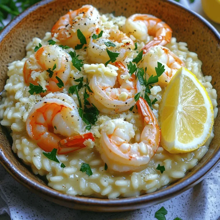 Um ein köstliches cremiges Knoblauch-Garnelen-Risotto zu machen, brauchst du einige wichtige Zutaten: - 1 Tasse Arborio-Reis - 3 Tassen Hühner- oder Gemüsebrühe (niedriger Natriumgehalt) - 450 g Garnelen, geschält und entdarmt - 1 kleine Zwiebel, fein gehackt - 3 Knoblauchzehen, gehackt - 1 Tasse Schlagsahne - 1 Tasse geriebener Parmesan - 2 Esslöffel Olivenöl - 2 Esslöffel ungesalzene Butter - Salz und Pfeffer nach Geschmack - Frische Petersilie, gehackt (zum Garnieren) - Schale von 1 Zitrone Jede Zutat hat ihren eigenen Platz im Rezept. Arborio-Reis sorgt für die perfekte Cremigkeit. Die Brühe gibt Geschmack und hilft, den Reis weich zu machen. Garnelen bringen eine leckere Proteinquelle. Zwiebeln und Knoblauch fügen ein tolles Aroma hinzu, während Sahne und Parmesan das Risotto samtig machen. Für Risotto verwende ich oft Hühnerbrühe oder Gemüsebrühe. Beide geben dem Reis viel Geschmack. Achte darauf, dass die Brühe einen niedrigen Natriumgehalt hat. So kannst du die Kontrolle über den Salzgehalt behalten. Wenn du eine kräftige Brühe verwendest, schmeckt das Risotto einfach besser. Halte sie warm, während du das Risotto zubereitest. So bleibt es cremig und gut. Beim Kauf von Garnelen achte auf einige Dinge. Wähle Garnelen, die fest und glänzend sind. Der Geruch sollte leicht nach Meer riechen, aber nicht stark fischig sein. Frische Garnelen haben oft eine klare Schale. Du kannst auch gefrorene Garnelen verwenden. Achte dann darauf, sie rechtzeitig zu tauen. So bleibt die Konsistenz gut. Frische oder gefrorene, du kannst beides nutzen, um dein Risotto zu verfeinern. Um ein perfektes Risotto zu machen, folge diesen einfachen Schritten: 1. Brühe erwärmen: Beginne mit dem Erhitzen der Hühner- oder Gemüsebrühe in einem mittleren Topf. Halte sie warm, aber lass sie nicht kochen. 2. Zwiebel anbraten: In einer großen Pfanne erhitzt du das Olivenöl und 1 Esslöffel Butter bei mittlerer Hitze. Füge die fein gehackte Zwiebel hinzu. Dünste sie 3-4 Minuten, bis sie glasig ist. 3. Knoblauch hinzufügen: Rühre den gehackten Knoblauch ein und garen ihn eine weitere Minute. So wird der Knoblauch aromatisch. 4. Reis rösten: Gib den Arborio-Reis in die Pfanne. Rühre gut um, damit der Reis die Zwiebel-Öl-Mischung aufnimmt. Röste den Reis etwa 2 Minuten, bis er leicht goldbraun ist. 5. Brühe hinzufügen: Beginne, die warme Brühe schöpferweise hinzuzufügen. Rühre ständig und warte, bis der Reis die Flüssigkeit aufnimmt, bevor du mehr hinzufügst. Dieser Vorgang dauert etwa 18-20 Minuten. Das Risotto sollte cremig und al dente sein. Die Garnelen sind der Star in diesem Gericht. Hier erfährst du, wie du sie perfekt zubereitest: 1. Butter schmelzen: In einer anderen Pfanne schmelze die restliche Butter bei mittlerer Hitze. 2. Garnelen braten: Füge die geschälten und entdarmten Garnelen hinzu. Würze sie mit Salz und Pfeffer. Brate jede Garnele 2-3 Minuten auf beiden Seiten, bis sie rosa und undurchsichtig sind. Jetzt kommt der aufregendste Teil – das Abschmecken und Anrichten! 1. Cremigkeit hinzufügen: Wenn das Risotto fertig ist, füge die Schlagsahne, den geriebenen Parmesan und die Zitronenschale hinzu. Rühre alles gut um, bis es vermischt ist. 2. Würzen: Schmecke das Risotto nach Belieben mit Salz und Pfeffer ab. 3. Garnelen unterheben: Hebe die sautierten Garnelen vorsichtig unter das Risotto. So vermischt sich alles gut. 4. Präsentieren: Serviere das Risotto in flachen Schalen. Garniere es mit gehackter Petersilie und einer Prise extra Parmesan. Eine Zitronenscheibe an die Seite gibt einen frischen Akzent. Ein häufiger Fehler beim Risotto kochen ist, dass die Brühe zu kalt ist. Immer warme Brühe verwenden. Ein weiterer Fehler ist, zu viel Brühe auf einmal hinzuzufügen. Füge die Brühe schrittweise hinzu und rühre gut um. Das hilft dem Reis, die Flüssigkeit besser aufzunehmen. Achte auch darauf, den Reis nicht zu stark zu rühren. Zu viel Rühren kann den Reis matschig machen. Lass ihn ruhig ein wenig in der Hitze arbeiten. Um die Cremigkeit des Risottos zu maximieren, benutze Arborio-Reis. Dieser Reis gibt beim Kochen Stärke ab. Die Zugabe von Schlagsahne und Parmesan am Ende sorgt für eine reichhaltige Textur. Rühre alles gut ein, um die Cremigkeit gleichmäßig zu verteilen. Du kannst auch etwas mehr Butter hinzufügen, wenn du eine extra cremige Konsistenz möchtest. Zitrone bringt Frische und hebt die Aromen hervor. Die Garnitur macht dein Risotto noch besser. Frische Petersilie bringt Farbe und Geschmack. Ein paar Zitronenscheiben am Rand geben einen zusätzlichen frischen Kick. Extra Parmesan darüber streuen, um den Käsegeschmack zu verstärken. Du kannst auch geröstete Pinienkerne oder ein paar Chili-Flocken hinzufügen, für etwas mehr Textur und Würze. Diese einfachen Ideen machen dein Gericht besonders und lecker. {{image_4}} Wenn du kein Fleisch magst, kannst du das Garnelen-Risotto leicht anpassen. Du kannst einfach die Garnelen weglassen und stattdessen Gemüse verwenden. Brokkoli, Erbsen oder Spargel passen gut. Röste das Gemüse leicht an, bevor du es zum Risotto hinzufügst. So bleibt es knackig und frisch. Du kannst dein Risotto mit vielen zusätzlichen Zutaten verfeinern. Hier sind einige Ideen: - Pilze: Brate sie mit der Zwiebel an. - Paprika: Füge bunte Paprikawürfel hinzu. - Spinat: Rühre frischen Spinat kurz vor dem Servieren unter. - Käse: Probiere andere Käsesorten wie Feta oder Ziegenkäse für einen neuen Geschmack. Diese Zutaten bringen Farbe und Geschmack in dein Gericht. Für einen neuen Twist kannst du Kokosmilch verwenden. Ersetze die Schlagsahne durch Kokosmilch. Das macht das Risotto cremig und gibt einen tollen Geschmack. Füge auch ein wenig frischen Ingwer und Sojasauce hinzu, um die asiatische Note zu betonen. Garniere mit frischem Koriander statt Petersilie. So wird dein Risotto besonders und spannend! Um Reste von Risotto aufzubewahren, lass es zuerst abkühlen. Fülle das Risotto in einen luftdichten Behälter. Du kannst auch eine Schicht Frischhaltefolie darüberlegen, um die Frische zu bewahren. Stelle den Behälter in den Kühlschrank. Reste halten sich so bis zu drei Tage. Wenn du das Risotto länger aufbewahren möchtest, friere es ein. Teile das Risotto in Portionen auf. Fülle jede Portion in einen gefriergeeigneten Behälter oder einen Gefrierbeutel. Achte darauf, die Luft herauszudrücken, um Gefrierbrand zu vermeiden. So bleibt das Risotto bis zu drei Monate frisch. Um Risotto aufzuwärmen, gib es in einen Topf. Füge einen Schuss Brühe oder Wasser hinzu. Erhitze das Risotto bei schwacher Hitze und rühre oft um. So wird es schön cremig. Du kannst auch die Mikrowelle nutzen, aber achte darauf, es in kurzen Intervallen zu erhitzen. Zu cremigem Knoblauch-Garnelen-Risotto passen viele leckere Beilagen. Hier sind einige Vorschläge: - Gemischter grüner Salat: Frische Blätter mit einem leichten Dressing bringen Farbe und Frische. - Gegrilltes Gemüse: Zucchini, Paprika und Auberginen sind tolle Begleiter. - Knoblauchbrot: Das passt wunderbar zu den Aromen des Risottos. - Spargel oder Brokkoli: Diese Gemüsesorten sind leicht und schmecken gut dazu. Ja, du kannst den Reis ersetzen. Arborio-Reis ist ideal für Risotto, aber wenn du eine Alternative suchst, probiere: - Carnaroli-Reis: Ein weiterer Risottoreis, ebenfalls cremig. - Vollkornreis: Dies ist gesünder, aber koche es länger. - Quinoa: Eine glutenfreie Option, die gut funktioniert. Achte auf die Kochzeit. Übrig gebliebenes Risotto hält sich in einem luftdichten Behälter im Kühlschrank etwa 3 Tage. Achte darauf, es gut abzukühlen, bevor du es lagerst. Wenn du es länger aufbewahren möchtest, kannst du es auch einfrieren. Im Gefrierschrank bleibt es bis zu 3 Monate frisch. Das Cremige Knoblauch-Garnelen-Risotto bietet viele köstliche Möglichkeiten. Wir haben die Hauptzutaten und Tipps zur idealen Brühe besprochen. Ich habe dir gezeigt, wie du frische Garnelen auswählst und das Risotto perfekt zubereitest. Häufige Fehler lassen sich leicht vermeiden, sodass dein Gericht immer gelingt. Du kannst auch kreative Variationen ausprobieren. Wenn du Reste hast, weißt du jetzt, wie du sie richtig lagerst. Mit diesen Informationen kannst du noch besser kochen und genießen. Mach dich ans Werk und starte dein kulinarisches Abenteuer!