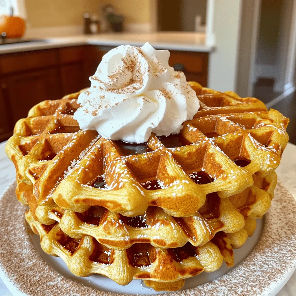 Für die Kürbis-Pie-Waffeln brauchst du einige einfache, aber wichtige Zutaten. Diese Zutaten machen die Waffeln lecker und saftig. Hier sind die Hauptzutaten: - 1 Tasse Weizenmehl - 1 Teelöffel Backpulver - 1/2 Teelöffel Natron - 1/2 Teelöffel Salz - 1/2 Tasse Kürbispüree aus der Dose - 1 Tasse Buttermilch - 2 große Eier - 1/4 Tasse brauner Zucker - 1/4 Tasse geschmolzene Butter Die Gewürze geben den Waffeln ihren besonderen Geschmack. Sie machen die Waffeln warm und einladend. Hier sind die Gewürze, die du brauchst: - 1 Teelöffel gemahlener Zimt - 1/2 Teelöffel gemahlene Muskatnuss - 1/4 Teelöffel gemahlener Ingwer Zusätzlich zu den Hauptzutaten und Gewürzen benötigst du noch etwas, um die Waffeln zu servieren. Ahornsirup ist der perfekte Begleiter. Du kannst auch Schlagsahne hinzufügen, wenn du möchtest. Das macht die Waffeln noch köstlicher. Hier sind die zusätzlichen Zutaten: - Ahornsirup zum Servieren - Schlagsahne zur Garnierung (optional) Zuerst müssen Sie Ihr Waffeleisen vorheizen. Folgen Sie den Anweisungen des Herstellers. Ein heißes Waffeleisen sorgt für knusprige Waffeln. Verwenden Sie etwas Kochspray oder Butter, um das Eisen leicht zu fetten. Jetzt nehmen Sie eine große Schüssel. Fügen Sie das Weizenmehl, Backpulver, Natron, Salz, Zimt, Muskatnuss und Ingwer hinzu. Mischen Sie alles gut, bis die trockenen Zutaten gleichmäßig verteilt sind. Dies ist wichtig für den Geschmack der Waffeln. In einer separaten Schüssel geben Sie das Kürbispüree, die Buttermilch, die Eier, den braunen Zucker und die geschmolzene Butter. Mischen Sie alles gut, bis die Mischung glatt ist. Diese feuchten Zutaten bringen die Waffeln zum Leben. Gießen Sie nun die feuchten Zutaten in die Schüssel mit den trockenen. Rühren Sie vorsichtig, bis alles gerade vermischt ist. Ein paar Klumpen sind in Ordnung. Jetzt geben Sie eine geeignete Menge Teig in das Waffeleisen. Schließen Sie den Deckel und backen Sie die Waffeln gemäß den Anweisungen. Wenn sie goldbraun sind, sind sie fertig. Halten Sie die Waffeln im warmen Ofen, während Sie die anderen backen. Servieren Sie sie mit Ahornsirup und vielleicht etwas Schlagsahne. Guten Appetit! Um knusprige Waffeln zu erzielen, gibt es ein paar einfache Tricks. Zuerst sollten Sie Ihr Waffeleisen gut vorheizen. Ein heißes Waffeleisen sorgt für eine schöne Kruste. Fetten Sie das Eisen leicht ein, um ein Ankleben zu vermeiden. Ein weiterer Tipp: Lassen Sie den Teig nicht zu lange stehen. Wenn der Teig zu lange wartet, wird er weich. Verwenden Sie das Waffeleisen, sobald Sie den Teig gemischt haben. Ein häufiger Fehler ist, den Teig zu stark zu mischen. Das führt zu zähen Waffeln. Rühren Sie die Zutaten nur so lange, bis sie gerade vermischt sind. Klumpen sind in Ordnung. Achten Sie auch darauf, nicht zu viel Teig einzufüllen. Zu viel Teig kann überlaufen und eine Sauerei machen. Prüfen Sie die Kochzeit Ihres Waffeleisens. Zu kurze Kochzeiten ergeben weiche Waffeln. Die Konsistenz des Teigs ist wichtig. Der Teig sollte dick, aber nicht trocken sein. Wenn er zu dick ist, fügen Sie einen Esslöffel Buttermilch hinzu. Wenn er zu flüssig ist, geben Sie etwas mehr Mehl hinzu. Achten Sie auf die richtigen Zutaten. Frisches Kürbispüree kann zu viel Feuchtigkeit bringen. Verwenden Sie daher besser das pürierte Kürbis aus der Dose. So bleiben die Waffeln perfekt in Form. {{image_4}} Ich liebe es, meine Kürbis-Pie-Waffeln mit Nüssen zu verfeinern. Fügen Sie gehackte Walnüsse oder Pekannüsse zum Teig hinzu. Dies gibt den Waffeln einen tollen Crunch. Die Nüsse passen perfekt zu den warmen Gewürzen. Sie können auch die Waffeln nach dem Backen mit gerösteten Nüssen bestreuen. So erhalten Sie noch mehr Textur und Geschmack. Für eine vegane Version der Kürbis-Pie-Waffeln können Sie die Eier durch Apfelmus ersetzen. Verwenden Sie etwa 1/4 Tasse Apfelmus pro Ei. Ersetzen Sie die Buttermilch durch pflanzliche Milch. Sojamilch oder Mandelmilch sind gute Optionen. Nutzen Sie auch vegane Butter für den Teig. Diese Änderungen machen die Waffeln nicht nur pflanzlich, sondern auch köstlich. Für glutenfreie Kürbis-Pie-Waffeln können Sie das Weizenmehl durch eine glutenfreie Mehlmischung ersetzen. Achten Sie darauf, dass die Mischung für Backwaren geeignet ist. Auch die anderen Zutaten bleiben gleich. So genießen Sie die Waffeln ohne Gluten. Das Ergebnis bleibt lecker und fluffig, genau wie die Originalversion. Wenn Sie Waffeln übrig haben, lassen Sie sie zuerst abkühlen. Wickeln Sie die Waffeln in Frischhaltefolie oder legen Sie sie in einen luftdichten Behälter. So bleiben sie frisch und weich. Lagern Sie die Waffeln im Kühlschrank. Sie bleiben dort bis zu drei Tage gut. Um die Waffeln wieder warm zu machen, nutzen Sie den Toaster oder einen Ofen. Im Toaster werden sie knusprig, während der Ofen die Waffeln gleichmäßig erwärmt. Stellen Sie den Ofen auf 180 Grad Celsius ein. Legen Sie die Waffeln auf ein Blech und backen Sie sie für etwa 5 bis 10 Minuten. Um Waffeln einzufrieren, lassen Sie sie zuerst ganz abkühlen. Trennen Sie die Waffeln mit Backpapier, damit sie nicht ankleben. Legen Sie die Waffeln in einen Gefrierbeutel. Sie können die Waffeln bis zu drei Monate einfrieren. Zum Aufwärmen, nehmen Sie die Waffeln aus dem Gefrierfach und nutzen Sie den Toaster oder Ofen. So bleiben sie lecker und frisch. Um die Waffeln frisch zu halten, lege sie in einen luftdichten Behälter. Dies schützt sie vor Feuchtigkeit. Wenn du mehrere Waffeln hast, trenne sie mit Backpapier. So bleiben sie knusprig. Du kannst die Waffeln auch im Kühlschrank aufbewahren. Sie bleiben dort bis zu drei Tage gut. Ja, frisches Kürbispüree ist eine tolle Option! Du musst den Kürbis zuerst kochen oder backen. Danach püriere ihn gut. Achte darauf, dass das Püree nicht zu wässrig ist. Zu viel Wasser kann die Waffeln matschig machen. Frisches Püree gibt den Waffeln einen tollen Geschmack! Kürbis-Pie-Waffeln schmecken am besten mit Ahornsirup. Er bringt eine süße Note. Auch Schlagsahne ist eine feine Wahl. Du kannst die Waffeln mit Nüssen oder Früchten garnieren. Walnüsse oder Pekannüsse fügen einen schönen Crunch hinzu. Ein bisschen Zimt obendrauf macht sie noch besser! Diese Kürbis-Pie-Waffeln sind einfach und lecker. Wir haben die besten Zutaten, die richtige Technik und nützliche Tipps besprochen. Perfekt knusprig und vielseitig, können Sie diese Waffeln anpassen und speichern. Denken Sie daran, Reste gut aufzubewahren, um die Frische zu erhalten. Experimentieren Sie mit Variationen, um verschiedene Geschmäcker zu erleben. Genießen Sie Ihren nächsten Waffel-Moment!