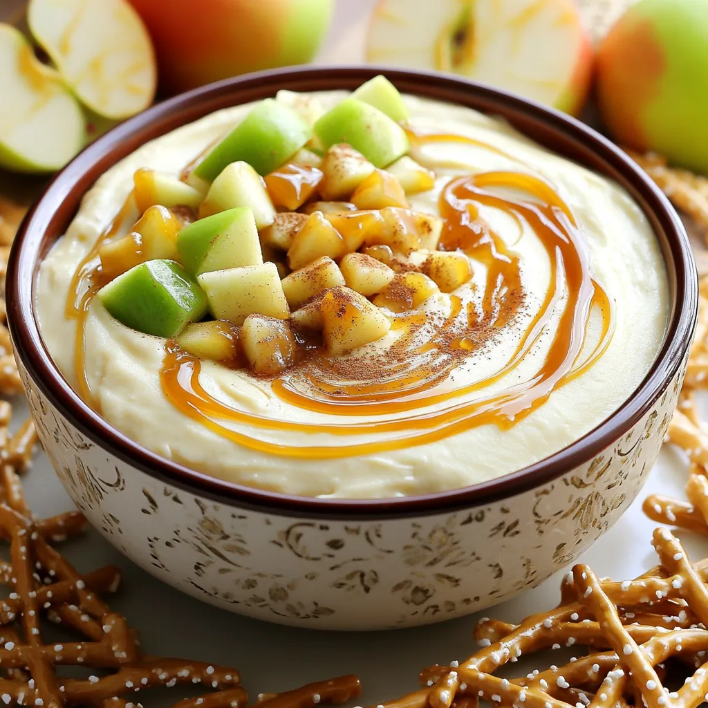 Für den Caramel Apple Cheesecake Dip brauchst du einige Hauptzutaten: - 225 g Frischkäse, weichgestellt - 120 g Puderzucker - 1 Teelöffel Vanilleextrakt - 1/2 Teelöffel gemahlener Zimt - 240 g Sauerrahm - 240 g Karamellsauce (außer 2 Esslöffel zum Drizzeln) - 1 großer Apfel (z. B. Granny Smith oder Honeycrisp), gewürfelt - 75 g Toffee-Stücke Frischkäse ist der Hauptbestandteil. Er sorgt für die cremige Basis. Puderzucker fügt süßen Geschmack hinzu. Vanilleextrakt und Zimt bringen tolle Aromen. Sauerrahm macht den Dip noch reicher. Karamellsauce gibt dem Dip die süße und klebrige Note, die wir lieben. Äpfel und Toffee-Stücke sorgen für den Crunch und die Frische. Zusätzlich zu den Hauptzutaten kannst du noch einige Ergänzungen verwenden: - Graham Crackers zum Dippen - Salzstangen zum Dippen Graham Crackers sind süß und knusprig. Sie passen gut zu dem reichen Dip. Salzstangen bieten einen herzhaften Kontrast. So bekommst du verschiedene Geschmäcker in einem Biss. Der Dip ist sehr vielseitig. Hier sind einige großartige Optionen zum Dippen: - Apfelscheiben für einen frischen Geschmack - Kekse, wie Schokoladenkekse - Bananenscheiben für mehr Süße Mit diesen Optionen kannst du den Dip an deinen Geschmack anpassen. Probiere verschiedene Kombinationen aus. So bleibt das Dip-Erlebnis spannend und lecker. Zuerst brauchst du einen großen Rührschüssel. Stelle sicher, dass der Frischkäse weich ist. Das hilft, ihn glatt zu machen. Schlage ihn mit einem elektrischen Mixer. Achte darauf, dass es keine Klumpen gibt. Dies dauert etwa ein bis zwei Minuten. Füge nun den Puderzucker nach und nach hinzu. Mische gut weiter, bis alles gleichmäßig ist. Danach kommt der Vanilleextrakt und der gemahlene Zimt dazu. Diese geben dem Dip einen tollen Geschmack. Jetzt gib den Sauerrahm dazu. Schlage alles, bis die Mischung seidig ist. Jetzt kommt der spannende Teil. Hebe 180 g der Karamellsauce unter die Mischung. Behalte die restlichen 2 Esslöffel für später. Jetzt füge die gewürfelten Äpfel und die Toffee-Stücke hinzu. Mische vorsichtig, damit die Stücke nicht zerdrückt werden. Fülle den Dip in eine schöne Servierschüssel. Jetzt kommt der letzte Schliff. Beträufle den Dip mit der reservierten Karamellsauce. Du kannst auch zusätzliche Toffee-Stücke oben drauf streuen. Das sieht gut aus und gibt einen tollen Crunch. Serviere den Dip sofort mit Graham Crackers oder Salzstangen. Um die Präsentation zu verbessern, lege ein paar Apfelscheiben um die Schüssel. Ein leichter Zimtstaub darüber macht es noch festlicher. Lass es dir schmecken! Um den Dip schön cremig zu machen, achte darauf, dass der Frischkäse weich ist. Lass ihn einfach etwas bei Raumtemperatur stehen. Mixe ihn gut, bis keine Klumpen mehr vorhanden sind. Bei der Zugabe des Sauerrahms ist es wichtig, auch hier gut zu mixen. So wird alles schön glatt. Wenn du den Dip zu fest findest, kannst du einen kleinen Schuss Milch hinzufügen. Du kannst die Äpfel nach deinem Geschmack wählen. Granny Smith bringt Säure, während Honeycrisp süßer ist. Füge Nüsse für einen Crunch hinzu oder tausche die Karamellsauce gegen Schokoladensauce aus. Für eine gesündere Variante kannst du griechischen Joghurt statt Sauerrahm verwenden. Auch die Toffee-Stücke sind variabel. Probier mal Schokoladenstückchen! Vermeide es, die Zutaten zu schnell zu vermischen. Das kann Klumpen hinterlassen. Achte darauf, dass du nicht zu viel Karamellsauce unterrührst, sonst wird die Konsistenz zu flüssig. Keine zu großen Apfelstücke verwenden, da sie schwer zu dippen sind. Noch ein Tipp: Lass den Dip nicht zu lange stehen. Er schmeckt frisch am besten! {{image_4}} Du kannst verschiedene Karamellen und Äpfel ausprobieren. Anstelle von Karamellsauce kannst du Schokoladensauce verwenden. Das gibt dem Dip eine andere süße Note. Für die Äpfel kannst du auch rote Äpfel oder Birnen nehmen. Diese Früchte bringen fruchtige Aromen, die gut passen. Wenn du es gesünder magst, ersetze den Frischkäse durch griechischen Joghurt. Das macht den Dip cremig, aber weniger fettig. Du kannst auch Honig statt Puderzucker verwenden. Für einen frischen Geschmack füge etwas Zitronensaft hinzu. So bleibt der Dip lecker und gesund. Im Herbst kannst du den Dip mit Kürbispüree verfeinern. Das gibt einen tollen Geschmack und eine schöne Farbe. Im Sommer füge frische Beeren hinzu, um den Dip fruchtiger zu machen. Ändere die Gewürze je nach Saison. Zimt passt gut im Herbst, während Minze im Sommer frisch wirkt. Du kannst den Karamell-Apfel-Käsekuchen-Dip ganz einfach aufbewahren. Lege ihn in einen luftdichten Behälter. Das hält ihn frisch und lecker. Stelle den Behälter in den Kühlschrank. Achte darauf, den Dip nicht länger als nötig offen zu lassen, um Oxidation zu vermeiden. Der Dip hält sich im Kühlschrank etwa 3 bis 5 Tage. Nach dieser Zeit kann der Geschmack nachlassen. Wenn du den Dip länger aufbewahren möchtest, ist Einkühlen eine gute Option. Du kannst den Dip portionieren und in den Kühlschrank stellen. Das macht es einfach, ihn bei Bedarf zu genießen. Du kannst den Karamell-Apfel-Käsekuchen-Dip auch einfrieren. Fülle den Dip in einen gefrierfesten Behälter. Lass etwas Platz für die Ausdehnung beim Einfrieren. Um ihn wiederherzustellen, stelle den Behälter in den Kühlschrank. Lass ihn dort über Nacht auftauen. Rühre den Dip gut um, bevor du ihn servierst. So bleibt die cremige Konsistenz erhalten und du kannst den vollen Geschmack genießen. Du kannst den Dip bis zu zwei Tage im Voraus machen. Lagere ihn in einem luftdichten Behälter im Kühlschrank. Die Aromen haben Zeit, sich zu verbinden. Vor dem Servieren rühre ihn kurz um, damit er wieder cremig wird. Graham Crackers und Salzstangen sind die besten Optionen. Sie ergänzen den süßen Geschmack gut. Du kannst auch Obst wie Apfelscheiben oder Bananen verwenden. Diese bringen Frische und eine tolle Textur. Ja, du kannst den Dip ohne Frischkäse machen. Probiere stattdessen griechischen Joghurt oder eine vegane Frischkäse-Alternative. Der Geschmack wird anders, aber immer noch lecker. Achte darauf, die Konsistenz mit Puderzucker und Sauerrahm zu prüfen. Dieser Artikel hat dir gezeigt, wie du einen köstlichen Karamell-Apfel-Käsekuchen-Dip machst. Du hast die Hauptzutaten kennengelernt, die für den Geschmack wichtig sind, sowie Tipps zur perfekten Konsistenz. Auch die Lagerung und Variationen wurden besprochen. Denke daran, kreativ zu sein und den Dip anzupassen. Probiere verschiedene Früchte oder gesunde Alternativen. Mit diesen Ideen wird jeder Snack zu einem besonderen Genuss. Viel Spaß beim Dippen!