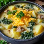 - 450 g italienische Wurst (mild oder scharf, je nach Vorliebe), Häute entfernt - 4 mittelgroße Kartoffeln, geschält und gewürfelt - 1 mittelgroße Zwiebel, fein gehackt - 3 Knoblauchzehen, gehackt Die italienische Wurst gibt der Suppe ihren herzhaften Geschmack. Du kannst milde oder scharfe Wurst wählen. Die Kartoffeln machen die Suppe sättigend. Sie geben der Suppe auch eine schöne Textur. Die Zwiebel und der Knoblauch bringen zusätzliches Aroma. Sie sorgen für einen tollen Duft, während die Suppe kocht. - 1 Liter Hühnerbrühe - 240 ml Schlagsahne - 2 Tassen frischer Grünkohl, grob gehackt Hühnerbrühe ist die Basis der Suppe. Sie verleiht Geschmack und Tiefe. Schlagsahne macht die Suppe cremig und reichhaltig. Der Grünkohl bringt eine gesunde Note. Er fügt Farbe und Nährstoffe hinzu. - 1 Teelöffel italienische Gewürzmischung - Salz und Pfeffer nach Geschmack - 1 Tasse geriebener Cheddarkäse (zum Servieren) Die italienische Gewürzmischung hebt den Geschmack hervor. Du kannst nach Belieben Salz und Pfeffer hinzufügen. Der Cheddarkäse ist die perfekte Garnitur. Er schmilzt und macht die Suppe noch leckerer. Frische Petersilie ist eine tolle Ergänzung, um das Gericht zu dekorieren. Zuerst erhitze ich das Olivenöl in einer großen Pfanne. Ich nutze mittlere Hitze, um die Wurst gleichmäßig zu braten. Ich füge die italienische Wurst hinzu und brate sie, bis sie goldbraun ist. Dabei zerbreche ich die Wurst mit einem Holzlöffel in kleine Stücke. Dies dauert etwa 5 bis 7 Minuten. Sobald die Wurst fertig ist, übertrage ich sie in den Slow Cooker. Jetzt füge ich die gewürfelten Kartoffeln in den Slow Cooker. Dann kommen die fein gehackte Zwiebel und der gehackte Knoblauch dazu. Ich mische alles gut durch. Danach gieße ich die Hühnerbrühe hinein und streue die italienische Gewürzmischung darüber. Alles sollte gleichmäßig verteilt sein, damit jeder Bissen gut schmeckt. Ich decke den Slow Cooker ab und stelle ihn auf niedrige Hitze. Die Suppe köchelt jetzt für etwa 6 Stunden. In dieser Zeit werden die Kartoffeln schön zart. Nach 6 Stunden ist es Zeit für die nächsten Zutaten. Ich füge die Schlagsahne und den gehackten Grünkohl hinzu. Dann würze ich die Suppe mit Salz und Pfeffer nach Geschmack. Ich decke den Slow Cooker erneut ab und lasse die Suppe für weitere 30 Minuten kochen. Jetzt ist der Grünkohl verwelkt und die Suppe ist gut durchgewärmt. - Richtiges Würzen: Die richtige Mischung von Gewürzen macht die Suppe besonders. Ich empfehle, mit einem Teelöffel italienischer Gewürzmischung zu starten. Schmecke die Suppe während des Kochens ab. So kannst du sicherstellen, dass der Geschmack stimmt. Füge bei Bedarf mehr Salz und Pfeffer hinzu, um die Aromen zu verstärken. - Alternative zur Schlagsahne: Wenn du die Schlagsahne meiden möchtest, gibt es Alternativen. Du kannst auch griechischen Joghurt verwenden. Er gibt der Suppe eine cremige Note und ist leichter. Eine andere Option ist pflanzliche Sahne, die gut zu diesem Rezept passt. - Vorbereitungszeit optimieren: Um die Zubereitung zu beschleunigen, schneide alle Zutaten vorher. Wenn du die Kartoffeln und Zwiebeln am Morgen vorbereitest, kannst du die Suppe schnell in den Slow Cooker geben. Das spart Zeit und macht das Kochen stressfreier. - Verwendung von gefrorenem Grünkohl: Gefrorener Grünkohl ist eine tolle Option. Er ist bereits gewaschen und geschnitten. So sparst du Zeit bei der Zubereitung. Füge ihn einfach in den letzten 30 Minuten des Kochens hinzu. Dies sorgt dafür, dass der Grünkohl zart bleibt. - Beste Beilagen: Zu dieser herzhaften Suppe passen frisches Brot oder Brötchen sehr gut. Sie helfen, die leckere Brühe aufzunehmen. Ein einfacher grüner Salat ist auch eine gute Ergänzung. Er bringt Frische und Balance. - Anrichten für Gäste: Um die Suppe schön zu präsentieren, serviere sie in tiefen Schalen. Garniere jede Portion mit etwas geriebenem Cheddarkäse und frischer Petersilie. Das sieht nicht nur gut aus, sondern zieht auch die Gäste an. {{image_4}} Wenn du eine vegane Version der Suppe machen möchtest, gibt es einfache Wege. - Ersetzen der Wurst: Nutze vegane Wurst oder eine Mischung aus Linsen und Pilzen. Diese geben dir den herzhaften Geschmack. - Pflanzenbasierte Sahne: Ersetze die Schlagsahne durch eine pflanzliche Sahne. Kokos- oder Sojasahne sind gute Optionen. Diese Anpassungen machen die Suppe ebenso lecker und nahrhaft. Um deiner Suppe mehr Geschmack zu geben, probiere ein paar zusätzliche Zutaten. - Zutaten für zusätzlichen Geschmack: Füge geräucherte Paprika oder frischen Thymian hinzu. Diese Gewürze bringen Tiefe. - Variationen mit anderen Gemüsesorten: Du kannst auch Karotten, Sellerie oder Spinat hinzufügen. Diese Gemüsesorten passen gut dazu und machen die Suppe bunter. Experimentiere mit verschiedenen Zutaten. Es macht Spaß und bringt neue Geschmäcker. Eine mexikanische Note verleiht der Suppe einen neuen Twist. - Verwendung von Tortilla-Chips: Streue knusprige Tortilla-Chips oben drauf. Sie geben einen tollen Crunch. - Gewürze für einen würzigen Kick: Nutze Chili-Pulver oder Kreuzkümmel. Diese Gewürze bringen Schärfe und Wärme in die Suppe. Diese Anpassungen machen die Suppe besonders und aufregend. Probiere es aus! - Kühlung und Haltbarkeit: Du solltest die Suppe nach dem Abkühlen in einen luftdichten Behälter füllen. Im Kühlschrank hält sie sich bis zu fünf Tage. Achte darauf, sie gut zu verschließen, damit sie frisch bleibt. - Wiedererwärmen: Um die Suppe erneut zu erwärmen, kannst du sie einfach in einem Topf oder in der Mikrowelle aufwärmen. Rühre sie gut um, damit die Hitze gleichmäßig verteilt wird. - Gefriergeeignet oder nicht?: Ja, die Suppe ist gefriergeeignet. Sie lässt sich gut einfrieren. Achte darauf, sie in Portionen zu verpacken. So kannst du nur das auftauen, was du brauchst. - Tipps zur Portionierung: Verwende Gefrierbeutel oder kleine Behälter. Lass Platz für die Ausdehnung der Suppe, wenn sie gefriert. Beschrifte die Behälter mit dem Datum, damit du weißt, wie lange sie im Gefrierschrank sind. - Neue Rezepte mit übrig gebliebener Suppe: Du kannst die Reste in einen Eintopf verwandeln. Füge einfach etwas Gemüse und Nudeln hinzu. Eine andere Idee ist, die Suppe als Soße für Pasta zu verwenden. - Kreative Möglichkeiten: Nutze die Suppe als Basis für einen Auflauf. Gib sie in eine Auflaufform, füge Käse und Brotkrumen hinzu und backe sie bis sie goldbraun ist. So hast du eine leckere neue Mahlzeit! Die Zubereitung der Suppe dauert etwa 15 Minuten. Dies ist die Zeit, die du brauchst, um die Wurst zu braten und die anderen Zutaten vorzubereiten. Danach kommt die Suppe in den Slow Cooker. Dort kocht sie für etwa 6 Stunden auf niedriger Hitze. Nach dieser Zeit sind die Kartoffeln weich und die Aromen gut vermischt. Wenn du die Schlagsahne und den Grünkohl hinzufügst, koche die Suppe für weitere 30 Minuten. Ingesamt benötigt die Suppe also etwa 6 Stunden und 45 Minuten. Das ist perfekt, um einen langen Tag zu genießen. Ja, du kannst die Wurst ersetzen. Wenn du eine andere Art von Wurst verwenden möchtest, funktioniert das gut. Du kannst Hähnchenwurst oder vegetarische Wurst nehmen. Jede Wurst bringt ihren eigenen Geschmack mit. Wenn du die Wurst weglässt, kannst du auch Bohnen als Proteinquelle nutzen. Das gibt der Suppe auch eine gute Textur. Achte darauf, die Gewürze anzupassen, um den neuen Geschmack zu ergänzen. Ja, die Suppe ist einfrierbar. Du kannst sie in einem luftdichten Behälter aufbewahren. So bleibt sie frisch und lecker. Lass die Suppe zuerst abkühlen, bevor du sie einfrierst. Sie hält sich bis zu drei Monate im Gefrierfach. Um die Suppe aufzutauen, lege sie einfach über Nacht in den Kühlschrank. Du kannst sie auch in der Mikrowelle aufwärmen, aber achte darauf, sie gleichmäßig zu erhitzen. So bleibt der Geschmack erhalten und die Konsistenz bleibt gut. Diese Suppe ist einfach zuzubereiten und köstlich. Wir haben die Hauptzutaten wie italienische Wurst, Kartoffeln und Grünkohl besprochen. Die Schritt-für-Schritt-Anleitung hilft dir, jede Phase zu meistern. Mit unseren Tipps und Variationen kannst du die Suppe anpassen und perfekt machen. Denke daran, Reste kreativ zu nutzen. Diese Suppe wird sicher zu deinem neuen Favoriten. Probiere sie aus und genieße, was du gemacht hast!