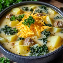 - 450 g italienische Wurst (mild oder scharf, je nach Vorliebe), Häute entfernt - 4 mittelgroße Kartoffeln, geschält und gewürfelt - 1 mittelgroße Zwiebel, fein gehackt - 3 Knoblauchzehen, gehackt Die italienische Wurst gibt der Suppe ihren herzhaften Geschmack. Du kannst milde oder scharfe Wurst wählen. Die Kartoffeln machen die Suppe sättigend. Sie geben der Suppe auch eine schöne Textur. Die Zwiebel und der Knoblauch bringen zusätzliches Aroma. Sie sorgen für einen tollen Duft, während die Suppe kocht. - 1 Liter Hühnerbrühe - 240 ml Schlagsahne - 2 Tassen frischer Grünkohl, grob gehackt Hühnerbrühe ist die Basis der Suppe. Sie verleiht Geschmack und Tiefe. Schlagsahne macht die Suppe cremig und reichhaltig. Der Grünkohl bringt eine gesunde Note. Er fügt Farbe und Nährstoffe hinzu. - 1 Teelöffel italienische Gewürzmischung - Salz und Pfeffer nach Geschmack - 1 Tasse geriebener Cheddarkäse (zum Servieren) Die italienische Gewürzmischung hebt den Geschmack hervor. Du kannst nach Belieben Salz und Pfeffer hinzufügen. Der Cheddarkäse ist die perfekte Garnitur. Er schmilzt und macht die Suppe noch leckerer. Frische Petersilie ist eine tolle Ergänzung, um das Gericht zu dekorieren. Zuerst erhitze ich das Olivenöl in einer großen Pfanne. Ich nutze mittlere Hitze, um die Wurst gleichmäßig zu braten. Ich füge die italienische Wurst hinzu und brate sie, bis sie goldbraun ist. Dabei zerbreche ich die Wurst mit einem Holzlöffel in kleine Stücke. Dies dauert etwa 5 bis 7 Minuten. Sobald die Wurst fertig ist, übertrage ich sie in den Slow Cooker. Jetzt füge ich die gewürfelten Kartoffeln in den Slow Cooker. Dann kommen die fein gehackte Zwiebel und der gehackte Knoblauch dazu. Ich mische alles gut durch. Danach gieße ich die Hühnerbrühe hinein und streue die italienische Gewürzmischung darüber. Alles sollte gleichmäßig verteilt sein, damit jeder Bissen gut schmeckt. Ich decke den Slow Cooker ab und stelle ihn auf niedrige Hitze. Die Suppe köchelt jetzt für etwa 6 Stunden. In dieser Zeit werden die Kartoffeln schön zart. Nach 6 Stunden ist es Zeit für die nächsten Zutaten. Ich füge die Schlagsahne und den gehackten Grünkohl hinzu. Dann würze ich die Suppe mit Salz und Pfeffer nach Geschmack. Ich decke den Slow Cooker erneut ab und lasse die Suppe für weitere 30 Minuten kochen. Jetzt ist der Grünkohl verwelkt und die Suppe ist gut durchgewärmt. - Richtiges Würzen: Die richtige Mischung von Gewürzen macht die Suppe besonders. Ich empfehle, mit einem Teelöffel italienischer Gewürzmischung zu starten. Schmecke die Suppe während des Kochens ab. So kannst du sicherstellen, dass der Geschmack stimmt. Füge bei Bedarf mehr Salz und Pfeffer hinzu, um die Aromen zu verstärken. - Alternative zur Schlagsahne: Wenn du die Schlagsahne meiden möchtest, gibt es Alternativen. Du kannst auch griechischen Joghurt verwenden. Er gibt der Suppe eine cremige Note und ist leichter. Eine andere Option ist pflanzliche Sahne, die gut zu diesem Rezept passt. - Vorbereitungszeit optimieren: Um die Zubereitung zu beschleunigen, schneide alle Zutaten vorher. Wenn du die Kartoffeln und Zwiebeln am Morgen vorbereitest, kannst du die Suppe schnell in den Slow Cooker geben. Das spart Zeit und macht das Kochen stressfreier. - Verwendung von gefrorenem Grünkohl: Gefrorener Grünkohl ist eine tolle Option. Er ist bereits gewaschen und geschnitten. So sparst du Zeit bei der Zubereitung. Füge ihn einfach in den letzten 30 Minuten des Kochens hinzu. Dies sorgt dafür, dass der Grünkohl zart bleibt. - Beste Beilagen: Zu dieser herzhaften Suppe passen frisches Brot oder Brötchen sehr gut. Sie helfen, die leckere Brühe aufzunehmen. Ein einfacher grüner Salat ist auch eine gute Ergänzung. Er bringt Frische und Balance. - Anrichten für Gäste: Um die Suppe schön zu präsentieren, serviere sie in tiefen Schalen. Garniere jede Portion mit etwas geriebenem Cheddarkäse und frischer Petersilie. Das sieht nicht nur gut aus, sondern zieht auch die Gäste an. {{image_4}} Wenn du eine vegane Version der Suppe machen möchtest, gibt es einfache Wege. - Ersetzen der Wurst: Nutze vegane Wurst oder eine Mischung aus Linsen und Pilzen. Diese geben dir den herzhaften Geschmack. - Pflanzenbasierte Sahne: Ersetze die Schlagsahne durch eine pflanzliche Sahne. Kokos- oder Sojasahne sind gute Optionen. Diese Anpassungen machen die Suppe ebenso lecker und nahrhaft. Um deiner Suppe mehr Geschmack zu geben, probiere ein paar zusätzliche Zutaten. - Zutaten für zusätzlichen Geschmack: Füge geräucherte Paprika oder frischen Thymian hinzu. Diese Gewürze bringen Tiefe. - Variationen mit anderen Gemüsesorten: Du kannst auch Karotten, Sellerie oder Spinat hinzufügen. Diese Gemüsesorten passen gut dazu und machen die Suppe bunter. Experimentiere mit verschiedenen Zutaten. Es macht Spaß und bringt neue Geschmäcker. Eine mexikanische Note verleiht der Suppe einen neuen Twist. - Verwendung von Tortilla-Chips: Streue knusprige Tortilla-Chips oben drauf. Sie geben einen tollen Crunch. - Gewürze für einen würzigen Kick: Nutze Chili-Pulver oder Kreuzkümmel. Diese Gewürze bringen Schärfe und Wärme in die Suppe. Diese Anpassungen machen die Suppe besonders und aufregend. Probiere es aus! - Kühlung und Haltbarkeit: Du solltest die Suppe nach dem Abkühlen in einen luftdichten Behälter füllen. Im Kühlschrank hält sie sich bis zu fünf Tage. Achte darauf, sie gut zu verschließen, damit sie frisch bleibt. - Wiedererwärmen: Um die Suppe erneut zu erwärmen, kannst du sie einfach in einem Topf oder in der Mikrowelle aufwärmen. Rühre sie gut um, damit die Hitze gleichmäßig verteilt wird. - Gefriergeeignet oder nicht?: Ja, die Suppe ist gefriergeeignet. Sie lässt sich gut einfrieren. Achte darauf, sie in Portionen zu verpacken. So kannst du nur das auftauen, was du brauchst. - Tipps zur Portionierung: Verwende Gefrierbeutel oder kleine Behälter. Lass Platz für die Ausdehnung der Suppe, wenn sie gefriert. Beschrifte die Behälter mit dem Datum, damit du weißt, wie lange sie im Gefrierschrank sind. - Neue Rezepte mit übrig gebliebener Suppe: Du kannst die Reste in einen Eintopf verwandeln. Füge einfach etwas Gemüse und Nudeln hinzu. Eine andere Idee ist, die Suppe als Soße für Pasta zu verwenden. - Kreative Möglichkeiten: Nutze die Suppe als Basis für einen Auflauf. Gib sie in eine Auflaufform, füge Käse und Brotkrumen hinzu und backe sie bis sie goldbraun ist. So hast du eine leckere neue Mahlzeit! Die Zubereitung der Suppe dauert etwa 15 Minuten. Dies ist die Zeit, die du brauchst, um die Wurst zu braten und die anderen Zutaten vorzubereiten. Danach kommt die Suppe in den Slow Cooker. Dort kocht sie für etwa 6 Stunden auf niedriger Hitze. Nach dieser Zeit sind die Kartoffeln weich und die Aromen gut vermischt. Wenn du die Schlagsahne und den Grünkohl hinzufügst, koche die Suppe für weitere 30 Minuten. Ingesamt benötigt die Suppe also etwa 6 Stunden und 45 Minuten. Das ist perfekt, um einen langen Tag zu genießen. Ja, du kannst die Wurst ersetzen. Wenn du eine andere Art von Wurst verwenden möchtest, funktioniert das gut. Du kannst Hähnchenwurst oder vegetarische Wurst nehmen. Jede Wurst bringt ihren eigenen Geschmack mit. Wenn du die Wurst weglässt, kannst du auch Bohnen als Proteinquelle nutzen. Das gibt der Suppe auch eine gute Textur. Achte darauf, die Gewürze anzupassen, um den neuen Geschmack zu ergänzen. Ja, die Suppe ist einfrierbar. Du kannst sie in einem luftdichten Behälter aufbewahren. So bleibt sie frisch und lecker. Lass die Suppe zuerst abkühlen, bevor du sie einfrierst. Sie hält sich bis zu drei Monate im Gefrierfach. Um die Suppe aufzutauen, lege sie einfach über Nacht in den Kühlschrank. Du kannst sie auch in der Mikrowelle aufwärmen, aber achte darauf, sie gleichmäßig zu erhitzen. So bleibt der Geschmack erhalten und die Konsistenz bleibt gut. Diese Suppe ist einfach zuzubereiten und köstlich. Wir haben die Hauptzutaten wie italienische Wurst, Kartoffeln und Grünkohl besprochen. Die Schritt-für-Schritt-Anleitung hilft dir, jede Phase zu meistern. Mit unseren Tipps und Variationen kannst du die Suppe anpassen und perfekt machen. Denke daran, Reste kreativ zu nutzen. Diese Suppe wird sicher zu deinem neuen Favoriten. Probiere sie aus und genieße, was du gemacht hast!