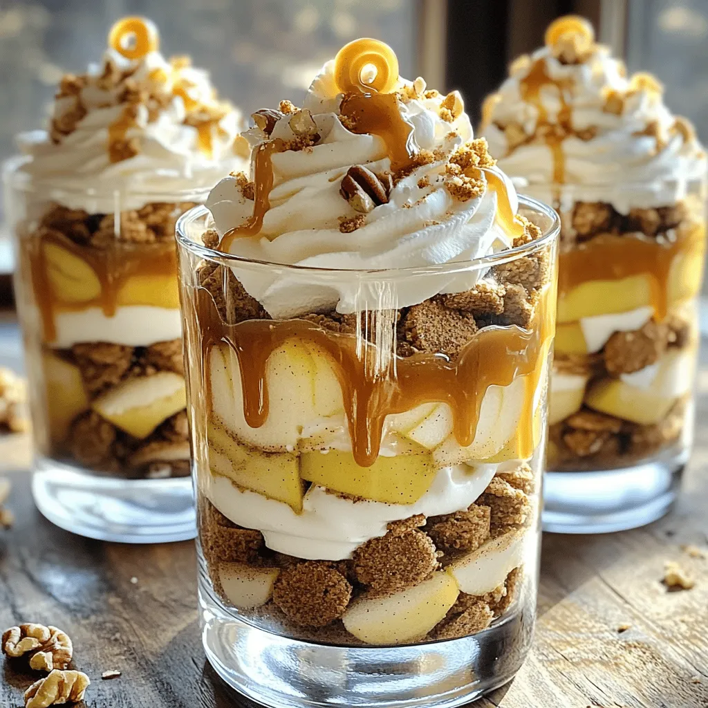 Hier sind die Zutaten für die köstlichen Caramel Apple Cinnamon Trifles. Diese Mischung sorgt für einen tollen Geschmack. - 3 mittelgroße Äpfel - 1 Teelöffel gemahlener Zimt - 2 Esslöffel brauner Zucker - 1 Tasse Schlagsahne - 1/4 Tasse Puderzucker - 1 Teelöffel Vanilleextrakt - 1 Tasse Karamellsauce - 1 Tasse zerbröselte Ingwerplätzchen - Schlagsahne zum Dekorieren - Extra Karamellsauce zum Drizzeln - Gehackte Nüsse (optional) Ich wähle immer frische Äpfel. Ihre Süße ergänzt die anderen Zutaten gut. Zimt bringt Wärme und einen tollen Duft in das Dessert. Brauner Zucker gibt dem Ganzen eine süße Note, die harmonisch ist. Die Schlagsahne ist ein wichtiger Teil. Sie macht das Dessert leicht und luftig. Ich benutze Puderzucker, um die Schlagsahne süß zu machen. Vanilleextrakt gibt einen zusätzlichen Geschmack. Karamellsauce ist das Herzstück. Sie sorgt für einen süßen, klebrigen Genuss. Zerbröselte Ingwerplätzchen bringen einen tollen Crunch. Ich füge gerne etwas Schlagsahne und Karamellsauce oben drauf hinzu. Gehackte Nüsse sind eine optionale Garnitur. Sie geben einen extra Biss und einen nussigen Geschmack. Mit diesen Zutaten können Sie ein einfaches und schmackhaftes Dessert zaubern. - Zuerst schälen Sie die Äpfel. - Dann schneiden Sie sie in kleine Würfel. - Vermengen Sie die Äpfel mit Zimt und braunem Zucker in einem Topf. - Kochen Sie die Mischung bei mittlerer Hitze etwa 5-7 Minuten. - Die Äpfel sind fertig, wenn sie zart sind. - Nehmen Sie den Topf vom Herd und lassen Sie die Mischung abkühlen. - In einer Rührschüssel geben Sie die Schlagsahne, den Puderzucker und den Vanilleextrakt. - Schlagen Sie alles zusammen, bis weiche Spitzen entstehen. - Achten Sie darauf, nicht zu lange zu schlagen. - Nehmen Sie kleine Gläser oder Gefäße. - Beginnen Sie mit einer Schicht zerbröselter Ingwerplätzchen am Boden. - Fügen Sie dann eine Schicht der gekochten Äpfel hinzu. - Darauf kommt eine Schicht der Schlagsahne. - Träufeln Sie etwas Karamellsauce über die Schlagsahne. - Wiederholen Sie diese Schichten bis das Glas voll ist. - Beenden Sie mit einer letzten Schicht Schlagsahne obenauf. - Garnieren Sie die Trifles mit extra Karamellsauce. - Streuen Sie gehackte Nüsse darüber, wenn Sie mögen. - Stellen Sie die Trifles für mindestens 30 Minuten in den Kühlschrank. - Dies lässt die Aromen gut durchziehen. - Kühlen Sie Ihre Schüssel und die Rührbesen. Kalte Utensilien helfen, die Sahne besser aufzuschlagen. - Schlagen Sie die Sahne, bis sich weiche Spitzen bilden. Achten Sie darauf, nicht zu lange zu schlagen. - Verwenden Sie klare Gläser, um die schönen Schichten zu zeigen. So sieht das Dessert appetitlich aus. - Garnieren Sie mit einem Schwung Karamellsauce und einer Prise Zimt. Das gibt einen tollen Look. - Kochen Sie die Äpfel nicht zu lange. Sie sollen zart, aber nicht mushy sein. - Schichten Sie die Zutaten vorsichtig. Falsches Schichten kann das Aussehen und den Geschmack ruinieren. {{image_4}} Du kannst die Äpfel durch Birnen ersetzen. Birnen geben dem Dessert eine süßere Note. Sie schmecken großartig mit Zimt und Karamell. Eine andere Möglichkeit sind Beeren. Himbeeren oder Heidelbeeren fügen eine fruchtige Frische hinzu. Sie bringen auch eine schöne Farbe in die Trifles. Du kannst deine Karamellsauce selbst machen oder eine gekaufte verwenden. Selbstgemachte Sauce hat oft mehr Geschmack. Sie ist auch einfach zuzubereiten. Variiere die Süßigkeit, indem du andere Saucen hinzufügst. Schokoladensauce oder Erdbeersauce sind leckere Alternativen. Für eine glutenfreie Version kannst du glutenfreie Ingwerplätzchen nutzen. Sie sind oft genauso knusprig und schmackhaft. Außerdem kannst du alternative Zutaten ausprobieren. Zum Beispiel, benutze Kokosmehl in deinem Rezept. So bleibt das Dessert für alle genießbar. Um die Karamell-Apfel-Zimt-Trifles frisch zu halten, decke sie gut ab. Verwende Frischhaltefolie oder einen luftdichten Behälter. So verhinderst du, dass sie Gerüche aus dem Kühlschrank aufnehmen. Diese Trifles bleiben bis zu drei Tage frisch. Achte darauf, sie vor dem Servieren kurz kühl zu stellen. So sind sie perfekt, wenn du Gäste hast. Wenn du die Trifles länger aufbewahren möchtest, kannst du sie einfrieren. Fülle sie in gefrierfreundliche Behälter. Achte darauf, dass du die Schichten nicht zu nah am Rand hast. So vermeidest du das Auslaufen. Zum Aufwärmen nimmst du die Trifles am besten einen Tag vorher aus dem Gefrierfach. Lass sie im Kühlschrank auftauen. Sie schmecken dann fast wie frisch zubereitet. Die Trifles sind schnell zubereitet. In nur 20 Minuten kannst du sie fertigstellen. Du kannst die Äpfel und die Schlagsahne auch einen Tag vorher vorbereiten. So sparst du Zeit, wenn Gäste kommen. Bereite die Schichten einfach am Serviertag zusammen. So sind sie frisch und lecker. Die Trifles bleiben im Kühlschrank etwa 2 bis 3 Tage frisch. Achten Sie darauf, die Gläser gut zu verschließen. Im Gefrierschrank halten sie bis zu 2 Monate. Beachten Sie, dass die Textur nach dem Auftauen leicht verändert sein kann. Ja, Sie können die Trifles bis zu 24 Stunden im Voraus zubereiten. Schichten Sie die Zutaten und stellen Sie die Gläser im Kühlschrank kalt. Dadurch vermischen sich die Aromen gut. Das macht es einfach, eine große Menge für Gäste vorzubereiten. Verwenden Sie glutenfreie Ingwerplätzchen anstelle der normalen. Diese sind leicht erhältlich. Für die Schichten können Sie auch glutenfreies Müsli oder zerbröselte Nüsse nutzen. So bleibt der Geschmack lecker und die Trifles glutenfrei. Diese Trifles sind einfach zuzubereiten und lecker. Mit Äpfeln, Zimt und Schlagsahne hast du einen tollen Nachtisch. Vergiss nicht, die Schichtung gut zu machen und die Äpfel nicht zu lange zu kochen. Du kannst auch mit verschiedenen Früchten oder Saucen variieren. Denk an die Lagerung, damit sie frisch bleiben. Probiere es aus und genieß die vielen Möglichkeiten dieses Rezepts!