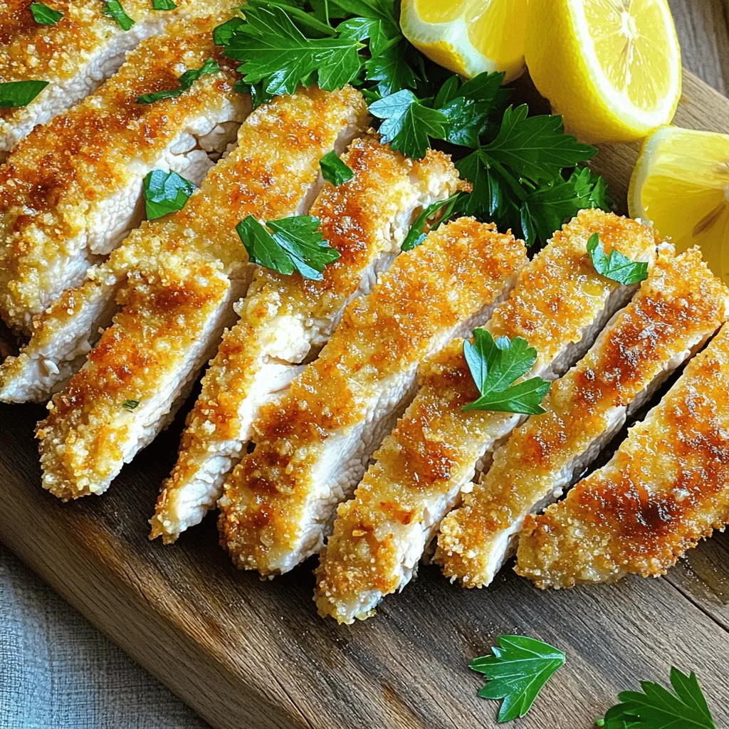 - 2 große Hähnchenbrustfilets - 125 g geriebener Parmesan-Käse - 100 g Panko-Semmelbrösel Die Hauptzutaten sind einfach und lecker. Die Hähnchenbrustfilets geben dir eine saftige Basis. Parmesan sorgt für einen tollen Geschmack, während Panko-Semmelbrösel die Knusprigkeit bringen. - 1 Teelöffel Knoblauchpulver - 1 Teelöffel Zwiebelpulver - ½ Teelöffel getrocknete italienische Kräuter (Oregano, Basilikum) - Salz und frisch gemahlener Pfeffer nach Geschmack - 1 großes Ei - 2 Esslöffel Milch Knoblauch- und Zwiebelpulver geben dem Hähnchen einen würzigen Kick. Die italienischen Kräuter bringen frische Aromen. Diese kleinen Dinge machen einen großen Unterschied! Kochspray oder Olivenöl hilft, das Hähnchen im Air Fryer knusprig zu machen. Es verhindert, dass das Hähnchen anklebt. Du kannst beides verwenden, je nachdem, was du bevorzugst. Olivenöl hat einen milden Geschmack und ist gesund. Kochspray ist praktisch und leicht zu dosieren. Heize deinen Air Fryer auf 200°C vor. Lass ihn für etwa 5 Minuten laufen. Diese Temperatur sorgt für knusprige Hähnchenstücke. Ein gut vorgeheiztes Gerät hilft beim gleichmäßigen Garen. In einer flachen Schüssel mische folgende trockene Zutaten: - 125 g geriebener Parmesan-Käse - 100 g Panko-Semmelbrösel - 1 Teelöffel Knoblauchpulver - 1 Teelöffel Zwiebelpulver - ½ Teelöffel getrocknete italienische Kräuter - Salz und frisch gemahlener Pfeffer nach Geschmack Stelle die Mischung beiseite. In einer anderen Schüssel schlage ein großes Ei und 2 Esslöffel Milch gut auf. Du willst eine homogene Masse, die gut haftet. Schneide die Hähnchenbrustfilets längs in zwei dünnere Schnitzel. Das sorgt für eine gleichmäßige Garung. Tauche jedes Stück in die Eimischung. Lass überschüssige Flüssigkeit abtropfen. Wende das Hähnchen dann in der Parmesan-Panko-Mischung. Drücke leicht, damit die Krümel gut haften. Sprühe den Korb des Air Fryers leicht mit Kochspray oder pinsle ihn mit Olivenöl ein. Das verhindert das Ankleben. Lege die panierten Hähnchenstücke in einer einzigen Schicht in den Korb. Wenn nötig, arbeite in Chargen, um Überfüllung zu vermeiden. Besprühe die Oberseite der Hähnchenstücke leicht mit Kochspray für zusätzliche Knusprigkeit. Frittier das Hähnchen 12-15 Minuten lang. Wende es in der Mitte der Garzeit. Achte darauf, dass die Innentemperatur 74°C erreicht. So wird das Hähnchen goldbraun und saftig. Um zu verhindern, dass das Hähnchen anklebt, sprühen Sie den Air Fryer-Korb gut mit Kochspray ein. Alternativ können Sie auch Olivenöl verwenden. Eine dünne Schicht Öl hilft dabei, die Hähnchenstücke leicht zu lösen. Achten Sie darauf, die Hähnchenstücke in einer einzigen Schicht zu platzieren. Zu viele Stücke auf einmal können das Ankleben fördern und die Garzeit beeinträchtigen. Für extra Knusprigkeit sprühen Sie die Oberseite der panierten Hähnchenstücke leicht mit Kochspray. Dies sorgt für eine goldene, knusprige Kruste. Sie können auch etwas mehr Parmesan oder Panko hinzufügen, um die Textur zu verbessern. Eine Mischung aus beidem gibt dem Hähnchen einen köstlichen Biss. Ein häufiges Missverständnis ist, dass man die Hähnchenstücke zu dicht packt. Wenn Sie das Hähnchen übereinander stapeln, garen sie ungleichmäßig. Achten Sie darauf, dass zwischen den Stücken Platz bleibt, damit die heiße Luft zirkulieren kann. Ein weiterer Fehler ist das Überspringen der Eimischung. Diese hilft, die Panade gut haften zu lassen. Wenn Sie diese Schritte befolgen, wird Ihr Hähnchen perfekt knusprig und saftig. {{image_4}} Um den Geschmack zu variieren, können Sie verschiedene Gewürze verwenden. Fügen Sie Paprika für eine rauchige Note hinzu. Chili-Pulver bringt etwas Schärfe ins Spiel. Kräuter wie Thymian oder Rosmarin geben einen frischen Geschmack. Probieren Sie auch verschiedene Kombinationen aus, um Ihr Lieblingsrezept zu finden. Die Panade ist wichtig für den Crunch. Verwenden Sie andere Käsesorten wie Pecorino oder Gouda. Diese geben einen anderen Geschmack. Statt Panko können Sie auch normale Semmelbrösel verwenden. Für eine glutenfreie Option nutzen Sie Mandelmehl oder Kokosmehl. Experimentieren Sie, um neue Texturen zu entdecken. Das Hähnchen passt gut zu vielen Beilagen. Servieren Sie es mit einem frischen Salat. Ein klassischer Kartoffelsalat ergänzt den Geschmack. Auch Gemüse wie grüne Bohnen oder Brokkoli sind lecker. Für einen besonderen Rahmen können Sie Zitronenschnitze als Garnitur verwenden. Um das gekochte Hähnchen frisch zu halten, lege es in einen luftdichten Behälter. Das Hähnchen bleibt so saftig. Du kannst es auch in Frischhaltefolie wickeln. Stelle sicher, dass die Hähnchenstücke abgekühlt sind, bevor du sie lagerst. Um die Knusprigkeit zu erhalten, empfehle ich das Aufwärmen im Air Fryer. Stelle die Temperatur auf 180°C ein und erhitze das Hähnchen für 5-7 Minuten. So bleibt die Panade knusprig. Alternativ kannst du auch eine Pfanne benutzen. Erhitze die Pfanne ohne Öl und lege das Hähnchen hinein. Drehe es nach ein paar Minuten um. Im Kühlschrank bleibt das Hähnchen bis zu drei Tage frisch. Achte darauf, dass es gut verpackt ist. Wenn du es länger aufbewahren möchtest, kannst du es einfrieren. Im Gefrierschrank bleibt es bis zu drei Monate haltbar. Vergiss nicht, es in einem speziellen Gefrierbeutel zu lagern, um Gefrierbrand zu vermeiden. H2 - Häufig gestellte Fragen (FAQs) H3 - Wie lange dauert die Zubereitung? Die Zubereitung dauert insgesamt 30 Minuten. Die Vorbereitungszeit beträgt 15 Minuten. So bleibt genug Zeit für das Frittieren im Air Fryer. H3 - Kann ich die Hähnchenbrust auch im Ofen zubereiten? Ja, aber die Zubereitung im Air Fryer macht das Hähnchen knuspriger. Der Air Fryer benötigt weniger Zeit und erzeugt eine gleichmäßige Hitze. Im Ofen kann das Hähnchen länger brauchen und weniger knusprig sein. H3 - Ist die Verwendung von Panko-Semmelbröseln notwendig? Panko-Semmelbrösel sind nicht zwingend nötig, aber sie bringen Vorteile. Sie machen die Panade luftiger und knuspriger. Normale Semmelbrösel sind dichter und schwerer. Für das beste Ergebnis empfehle ich Panko. Zusammenfassend haben wir die besten Zutaten und Schritte für das perfekte Hähnchen im Air Fryer durchgesehen. Von der Auswahl der Hähnchenbrust und Käse bis hin zu den Gewürzen. Wir haben auch die richtige Paniermethode und Technik für gleichmäßiges Garen behandelt. Denke daran, beim Panieren clever zu sein und Fehler zu meiden. Experimentiere mit verschiedenen Gewürzen und Beilagen, um dein Gericht zu verfeinern. Mit diesen Tipps bist du bereit, ein köstliches Hähnchen zu kreieren.
