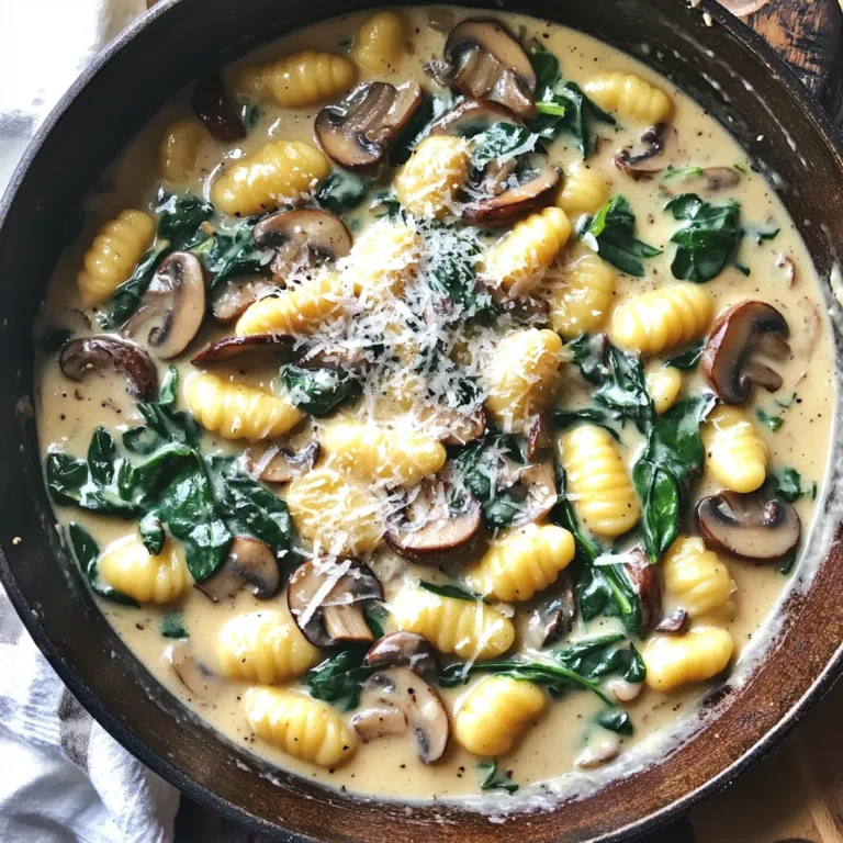 Für dieses leckere Gericht brauchst du folgende Hauptzutaten: - 450 g Kartoffelgnocchi - 150 g frischer Spinat, grob gehackt - 225 g Cremini- oder Champignonpilze, in Scheiben geschnitten - 1 mittelgroße Zwiebel, gewürfelt - 3 Knoblauchzehen, fein gehackt - 500 ml Gemüsebrühe - 250 ml Schlagsahne Diese Zutaten bilden die Basis deines Eintopfs. Die Gnocchi geben dem Gericht Substanz. Die Pilze bringen einen tollen Geschmack. Für mehr Geschmack brauchst du auch folgende Gewürze und Zutaten: - 1 Teelöffel italienische Gewürzmischung - 1 Esslöffel Olivenöl - Salz und Pfeffer nach Geschmack - Geriebener Parmesan, zum Servieren (optional) Die italienische Gewürzmischung verstärkt die Aromen. Olivenöl sorgt für eine schöne Textur. Parmesan ist eine tolle Option für den letzten Schliff. Um dein Gericht abzurunden, empfehle ich ein paar Beilagen: - Ein frischer grüner Salat - Knuspriges Brot - Ein Glas Weißwein Ein Salat bringt Frische. Brot ist perfekt, um die Sauce aufzutunken. Ein Glas Wein macht das Essen noch besser. Zuerst sammeln wir alle Zutaten. Du benötigst: - 450 g Kartoffelgnocchi - 150 g frischer Spinat, grob gehackt - 225 g Cremini- oder Champignonpilze, in Scheiben geschnitten - 1 mittelgroße Zwiebel, gewürfelt - 3 Knoblauchzehen, fein gehackt - 500 ml Gemüsebrühe - 250 ml Schlagsahne - 1 Teelöffel italienische Gewürzmischung - 1 Esslöffel Olivenöl - Salz und Pfeffer nach Geschmack - Geriebener Parmesan, zum Servieren (optional) Wasche den Spinat gut und schneide die Pilze. Würfle die Zwiebel und hacke den Knoblauch. So sind wir bereit. Erhitze das Olivenöl in einem großen Topf. Gib die gewürfelte Zwiebel hinein. Brate sie für 3-4 Minuten an, bis sie weich ist. Füge dann die Knoblauchzehen und Pilze hinzu. Koche diese Mischung für 5-7 Minuten. Sie sollte weich und saftig werden. Gieße die Schlagsahne und Gemüsebrühe in den Topf. Lass alles sanft köcheln. Danach kommen die Gnocchi und die italienische Gewürzmischung dazu. Rühre gut um, damit sich alles vermischt. Decke den Topf ab und lasse die Gnocchi 3-5 Minuten garen. Sie sind fertig, wenn sie an die Oberfläche schwimmen. Rühre gelegentlich um, damit sie nicht kleben bleiben. Sobald die Gnocchi durch sind, füge den gehackten Spinat hinzu. Rühre so lange, bis der Spinat verwelkt ist. Schmecke das Gericht mit Salz und Pfeffer ab. Jetzt kannst du das Gericht warm servieren. Bestreue es mit geriebenem Parmesan, wenn du magst. So wird es noch köstlicher! Um perfekte Gnocchi zu machen, beachte diese Tipps: - Wähle frische Kartoffelgnocchi. Sie haben eine bessere Textur. - Koche die Gnocchi nicht zu lange, sonst werden sie matschig. - Rühre vorsichtig, um ein Zerbrechen zu vermeiden. - Lass die Gnocchi an die Oberfläche schwimmen. Das zeigt, dass sie fertig sind. Einige häufige Fehler können dein Gericht ruinieren: - Zu viel Flüssigkeit kann die Gnocchi aufweichen. Halte die Brühe in Maßen. - Zu wenig Hitze kann die Pilze wässern, statt sie zu braten. - Nicht genug Rühren kann das Ankleben der Gnocchi verursachen. - Schmecke das Gericht erst am Ende ab, um die Aromen zu balancieren. Du kannst das Rezept leicht anpassen: - Füge anderes Gemüse wie Brokkoli oder Erbsen hinzu. - Probiere verschiedene Pilzsorten wie Shiitake oder Portobello. - Ersetze die Sahne durch pflanzliche Alternativen für eine leichtere Version. - Experimentiere mit verschiedenen Käsesorten wie Feta oder Mozzarella. {{image_4}} Es gibt viele Gemüse, die gut in Eintopf-Gnocchi passen. Du kannst zum Beispiel Erbsen, Karotten oder Brokkoli verwenden. Diese bieten mehr Farbe und Nährstoffe. Möchtet du eine scharfe Note? Probiere rote Paprika oder Chili. Diese geben dem Gericht eine spannende Wendung. Um das Rezept vegan zu gestalten, ersetze die Schlagsahne durch eine pflanzliche Alternative. Kokosmilch oder Mandelmilch sind gute Optionen. Verwende zudem vegane Gnocchi. Achte darauf, dass sie keine Eier enthalten. Diese Anpassungen machen das Gericht lecker und veganfreundlich. Käse kann das Gericht verfeinern. Parmesan ist eine klassische Wahl, aber probiere auch andere Käsesorten. Feta oder Mozzarella bringen unterschiedliche Geschmäcker. Für einen intensiveren Geschmack ist Gruyère eine tolle Option. Die Wahl des Käses kann das Aroma stark verändern. Um die Eintopf-Gnocchi frisch zu halten, lagere sie in einem luftdichten Behälter. Stelle sicher, dass der Behälter gut verschlossen ist. Die Gnocchi bleiben im Kühlschrank etwa 3 Tage genießbar. Es ist wichtig, sie nicht zu lange stehen zu lassen, da die Gnocchi weich werden können. Wenn du etwas für später aufbewahren möchtest, friere die Gnocchi ein. Lasse das Gericht zuerst etwas abkühlen. Fülle die Eintopf-Gnocchi in einen gefrierfesten Behälter. Du kannst auch Portionen in Plastikbeuteln einfrieren. So hast du immer eine schnelle Mahlzeit parat. Die Gnocchi bleiben bis zu 2 Monate im Gefrierfach gut. Um die Gnocchi aufzuwärmen, nutze einen Topf oder eine Mikrowelle. Erhitze sie auf mittlerer Hitze, bis sie heiß sind. Füge etwas Gemüsebrühe hinzu, wenn die Gnocchi trocken wirken. In der Mikrowelle erwärmst du sie in kurzen Intervallen. So vermeidest du, dass sie zäh werden. Achte darauf, die Gnocchi gleichmäßig zu erwärmen. So bleibt der Geschmack frisch und lecker. Die Gnocchi sind im Kühlschrank etwa 3 bis 5 Tage haltbar. Achte darauf, sie in einem luftdichten Behälter zu lagern. Wenn du sie länger aufbewahren möchtest, friere sie einfach ein. So bleiben sie bis zu 3 Monate frisch. Ja, frische Gnocchi sind eine tolle Wahl! Sie haben eine weichere Textur und kochen schnell. Achte darauf, die Garzeit etwas anzupassen. Frische Gnocchi benötigen weniger Zeit, um gar zu werden. Zu Eintopf-Gnocchi passen verschiedene Saucen. Eine einfache Tomatensauce bringt Frische. Eine Pesto-Sauce fügt Kräuteraroma hinzu. Du kannst auch eine Käsesauce probieren, um mehr Cremigkeit zu erreichen. Dieser Blogpost hat dir die besten Zutaten und Schritte für Eintopf-Gnocchi gezeigt. Du hast gelernt, welche Gewürze und Beilagen passen. Außerdem hast du erfahren, wie du Fehler vermeidest und Variationen ausprobierst. Denke daran, dass die richtigen Zutaten und die richtige Lagerung entscheidend sind. So bleibt dein Gericht frisch und lecker. Ich hoffe, du bereitest bald deine eigenen Eintopf-Gnocchi zu und erfreust dich an diesem einfachen Gericht!