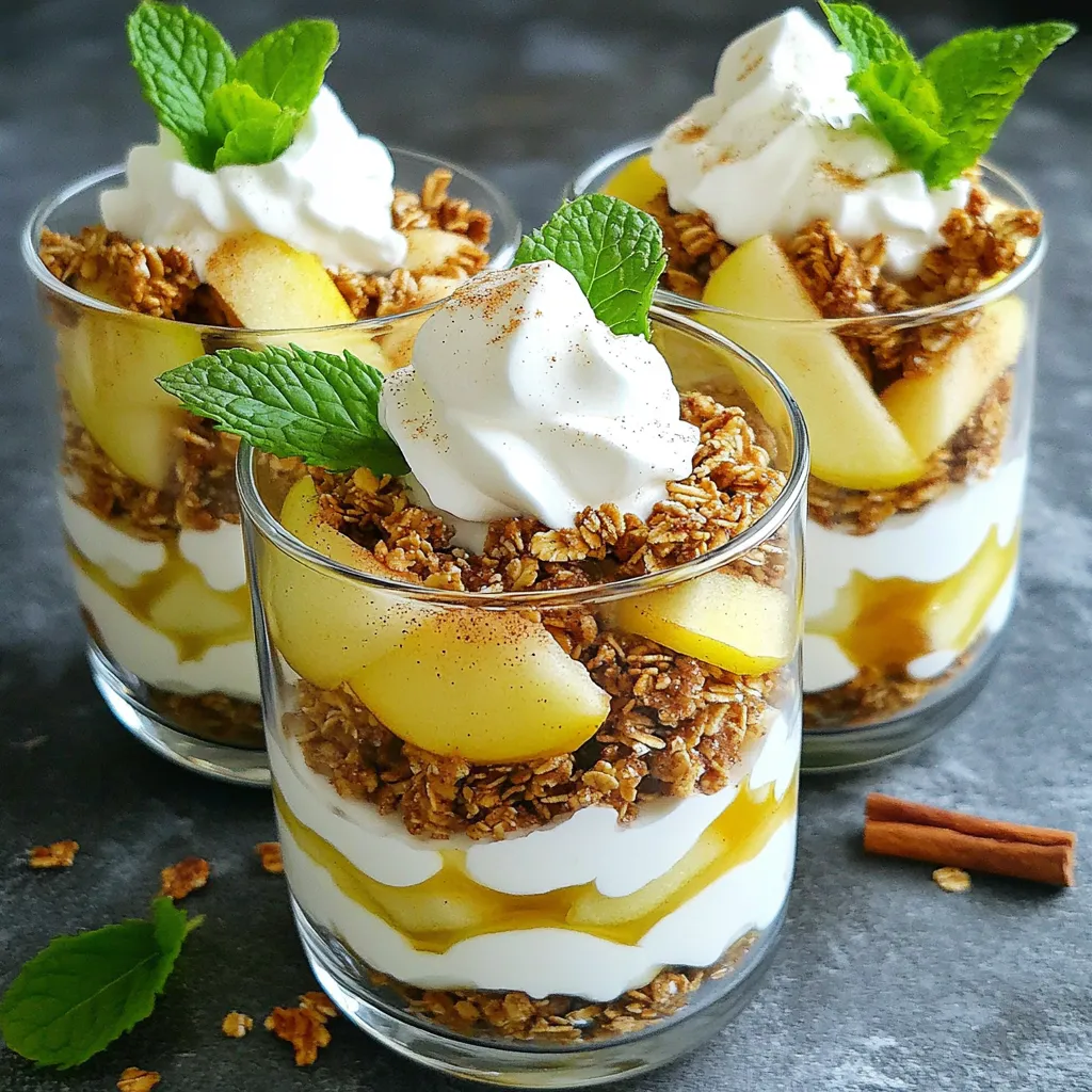 Für die Zimt-Apfel-Pie-Parfaits brauchst du: - 4 mittelgroße Äpfel, geschält, entkernt und gewürfelt - 1 Esslöffel Zitronensaft - 2 Teelöffel gemahlener Zimt - 1/4 Tasse brauner Zucker - 1 Esslöffel Butter - 1 Tasse Granola - 2 Tassen Vanillejoghurt - 1/2 Tasse Schlagsahne (optional) - Eine Prise Muskatnuss (optional) - Frische Minzblätter zur Garnierung Ich empfehle, frische Äpfel zu verwenden. Sie bringen den besten Geschmack. Du kannst Sorten wie Granny Smith oder Braeburn nehmen. Diese Äpfel haben die perfekte Mischung aus Süße und Säure. Die Säure hilft, die Süße des Zuckers auszugleichen. Frische Äpfel behalten auch ihre Form beim Kochen. Das macht deine Parfaits ansprechend. Für vegane Parfaits kannst du die Butter durch Kokosöl ersetzen. Statt Vanillejoghurt kannst du pflanzlichen Joghurt verwenden. Achte darauf, dass er ohne Zuckerzusatz ist. Für glutenfreie Versionen wähle glutenfreies Granola. So kannst du sicher sein, dass deine Parfaits für alle geeignet sind. Diese Anpassungen machen das Rezept vielseitig und inklusiv. Zuerst wähle vier mittelgroße Äpfel aus. Du kannst verschiedene Sorten verwenden. Ich empfehle süße Äpfel wie Gala oder Fuji. Schäle die Äpfel, entferne die Kerne und schneide sie in kleine Würfel. Das macht das Kochen einfacher und schneller. Gib die gewürfelten Äpfel in eine Schüssel. Füge einen Esslöffel Zitronensaft hinzu. Dies verhindert, dass die Äpfel braun werden. Nehme einen mittelgroßen Topf und schmelze einen Esslöffel Butter bei mittlerer Hitze. Wenn die Butter geschmolzen ist, füge die gewürfelten Äpfel hinzu. Streue zwei Teelöffel gemahlenen Zimt und 1/4 Tasse braunen Zucker darüber. Rühre alles gut um. Koche die Mischung für etwa 5 bis 7 Minuten. Die Äpfel sollten zart sein, aber ihre Form behalten. Nimm den Topf vom Herd und lass die Mischung leicht abkühlen. Jetzt geht es ans Schichten! Nimm Serviergläser oder Schalen. Beginne mit einer Schicht von 1/4 Tasse Vanillejoghurt am Boden. Darauf kommt eine Schicht der Apfelmischung, etwa 1/4 der Mischung. Dann füge eine Schicht Granola hinzu, etwa 2 Esslöffel. Wiederhole die Schichten, bis die Gläser voll sind. Beende mit einer letzten Schicht Joghurt. Wenn du magst, gib einen Klecks Schlagsahne darauf. Eine Prise Muskatnuss oben drauf bringt tollen Geschmack. Vergiss nicht, mit frischen Minzblättern zu garnieren. Sie bringen Farbe und Frische! Um die beste Apfelmischung zu machen, wähle frische, knackige Äpfel. Sorten wie Granny Smith oder Honeycrisp sind ideal. Sie bieten einen tollen Geschmack und die richtige Textur. Schneide die Äpfel in gleich große Stücke. Das hilft beim gleichmäßigen Kochen. Füge den Zitronensaft gleich zu Beginn hinzu. So bleiben die Äpfel frisch und schön. Koche die Mischung nur kurz, etwa 5 bis 7 Minuten. Die Äpfel sollten weich sein, aber nicht matschig. Ein Hauch Muskatnuss hebt den Geschmack hervor, ist aber optional. Für eine schöne Präsentation nutze klare Gläser. Schichte die Zutaten sorgfältig. Beginne mit Joghurt, gefolgt von der Apfelmischung und Granola. Wiederhole dies, bis das Glas voll ist. Beende mit einer Schicht Joghurt. Ein Klecks Schlagsahne macht das Dessert besonders festlich. Garniere mit frischen Minzblättern für Farbe und Frische. Achte darauf, die Schichten klar sichtbar zu lassen. So sieht es nicht nur gut aus, sondern schmeckt auch besser! Wenn du kein Granola magst, gibt es viele Alternativen. Probiere zerdrückte Kekse oder Haferflocken. Du kannst auch Nüsse verwenden, für mehr Crunch. Kokosflocken sind eine süße Option. Wenn du eine glutenfreie Variante möchtest, achte auf glutenfreies Granola. So bleibt dein Dessert lecker und für alle geeignet. {{image_4}} Wenn du Vanillejoghurt nicht magst, probiere griechischen Joghurt. Er ist dicker und hat einen tollen Geschmack. Du kannst auch ungesüßten Joghurt nehmen. Das gibt dir mehr Kontrolle über die Süße. Eine weitere Option ist Kokosjoghurt für einen tropischen Twist. Dieser bringt einen neuen, frischen Geschmack. Du kannst die Gewürze anpassen, um verschiedene Aromen zu erzielen. Füge etwas Ingwer für mehr Schärfe hinzu. Eine Prise Nelken bringt einen warmen, würzigen Geschmack. Wenn du etwas Süßes magst, probiere Honig oder Ahornsirup. Das verstärkt das Aroma der Äpfel. Für den Herbst kannst du Kürbispüree hinzufügen. Das gibt den Parfaits eine schöne Farbe und einen herbstlichen Geschmack. Im Sommer probiere frische Beeren wie Himbeeren oder Erdbeeren. Sie bringen Frische und eine leichte Süße. Im Winter sind kandierte Nüsse eine tolle Ergänzung, da sie crunch und Geschmack bieten. Bewahre die Zimt-Apfel-Pie-Parfaits im Kühlschrank auf. Nutze dafür einen luftdichten Behälter. So bleiben sie frisch und lecker. Du kannst sie bis zu drei Tage aufbewahren. Achte darauf, die Schichten nicht zu vermischen. Halte Joghurt und Granola getrennt, wenn du länger aufbewahren möchtest. Die Haltbarkeit der Parfaits hängt von den Zutaten ab. Ohne Schlagsahne halten die Parfaits länger. Mit Schlagsahne sind sie nur ein bis zwei Tage gut. Die Äpfel bleiben frisch, wenn sie richtig gelagert werden. Achte darauf, dass die Mischung stets kühl bleibt. Bereite die Apfelmischung im Voraus zu. Du kannst sie einen Tag vorher kochen und im Kühlschrank lagern. Baue die Parfaits erst kurz vor dem Servieren zusammen. So bleibt das Granola knusprig. Du kannst auch die Joghurt-Schichten im Voraus machen. Das spart Zeit und macht das Servieren einfacher. Die Zimt-Apfel-Pie-Parfaits sind schnell gemacht. Die gesamte Zeit beträgt etwa 25 Minuten. Die Vorbereitung der Äpfel braucht etwa 10 Minuten. Das Kochen der Apfelmischung dauert 5 bis 7 Minuten. Das Schichten der Zutaten dauert auch nur etwa 10 Minuten. So kannst du in kurzer Zeit ein leckeres Dessert zaubern. Ja, du kannst die Parfaits einfrieren, aber es ist nicht ideal. Das Granola wird weich, wenn es eingefroren ist. Um die beste Textur zu erhalten, friere die Apfelmischung und das Joghurt getrennt ein. Wenn du sie servieren möchtest, tau die Mischung einfach auf und schichte sie frisch mit Granola. Für diese Parfaits empfehle ich süße und knackige Äpfel. Sorten wie Gala, Fuji oder Honeycrisp sind ideal. Sie haben die perfekte Balance zwischen Süße und Säure. Diese Äpfel behalten auch beim Kochen ihre Form. So bleibt die Textur deiner Parfaits angenehm und lecker. Diese Anleitung hilft dir, leckere Zimt-Apfel-Pie-Parfaits zuzubereiten. Wir haben die Zutaten, von frischen Äpfeln bis zu veganen Optionen, betrachtet. Du hast gelernt, wie du die Äpfel vorbereitest und die Parfaits schichtest. Unsere Tipps geben dir das nötige Wissen, um die perfekte Apfelmischung zu erstellen. Du kannst auch Variationen ausprobieren, etwa andere Joghurt-Alternativen. Denke daran, die Parfaits richtig zu lagern, damit sie frisch bleiben. Egal, ob du sie gleich isst oder aufbewahrst, diese Parfaits sind immer ein Hit. Viel Spaß beim Ausprobieren!