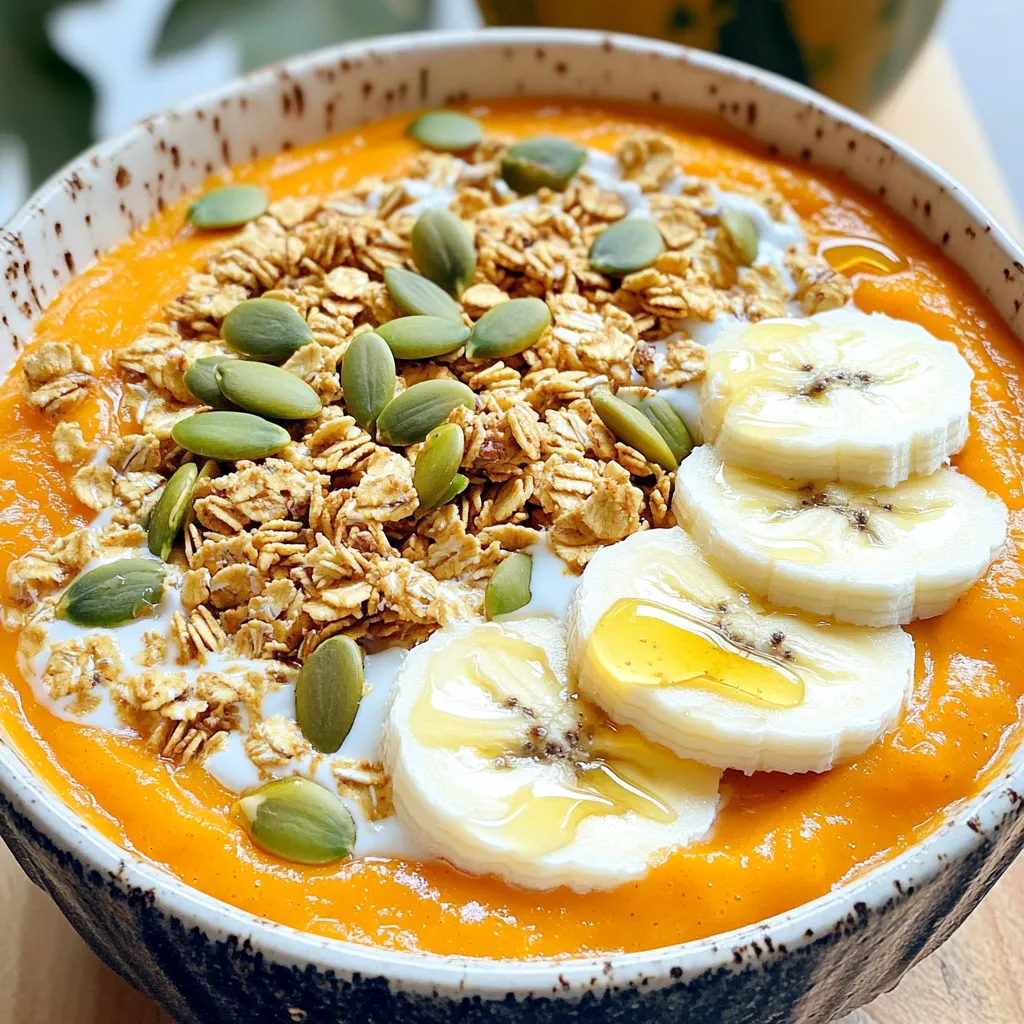 Für die Kürbis-Power-Smoothie-Bowl benötigst du: - 1 Tasse passierte Kürbis - 1 gefrorene Banane - 1/2 Tasse griechischer Joghurt - 1 Tasse Mandelmilch (oder andere Milch nach Wahl) - 1 Messlöffel Vanille-Protein-Pulver - 1 Esslöffel Mandelbutter - 1 Teelöffel Kürbiskreation (Pumpkin Spice) - 1 Esslöffel Chiasamen - Toppings: Granola, Bananenscheiben, Kürbiskerne und ein Schuss Honig Eine Portion dieser Smoothie-Bowl ist voll von Nährstoffen. - Kalorien: Etwa 300 kcal - Eiweiß: Ca. 20 g - Fett: Rund 10 g - Kohlenhydrate: Ungefähr 40 g - Ballaststoffe: Ca. 7 g Diese Bowl gibt dir Energie und hilft, deinen Hunger zu stillen. Kürbis enthält viel Vitamin A und Ballaststoffe. Für die beste Smoothie-Bowl wähle frische Zutaten. - Kürbis: Achte darauf, dass er fest und ohne Flecken ist. - Banane: Sie sollte reif, aber nicht überreif sein. - Joghurt: Wähle griechischen Joghurt mit hohem Eiweißgehalt. - Mandelmilch: Achte auf ungesüßte Optionen, um Zucker zu sparen. - Chiasamen: Diese sollten frisch und knusprig sein. Frische Zutaten machen deine Bowl nicht nur gesünder, sondern auch leckerer. Um deine Kürbis-Power-Smoothie-Bowl zu machen, folge diesen Schritten: 1. Nimm eine große Schüssel und füge 1 Tasse passierten Kürbis hinzu. 2. Füge die gefrorene Banane hinzu. Sie gibt Süße und eine cremige Textur. 3. Gib 1/2 Tasse griechischen Joghurt dazu. Er sorgt für einen guten Eiweißschub. 4. Gieße 1 Tasse Mandelmilch hinein. Du kannst auch andere Milch verwenden, wenn du magst. 5. Füge 1 Messlöffel Vanille-Protein-Pulver hinzu. Es verstärkt den Geschmack und den Proteingehalt. 6. Gib 1 Esslöffel Mandelbutter dazu. Sie bringt gesunde Fette und einen tollen Geschmack. 7. Streue 1 Teelöffel Kürbiskreation hinein. Das gibt den typischen Kürbisgeschmack. 8. Füge 1 Esslöffel Chiasamen hinzu. Sie sind eine gute Quelle für Ballaststoffe. 9. Mixe alles auf hoher Stufe, bis die Mischung glatt ist. Um das beste Ergebnis zu erzielen, beachte diese Tipps: - Beginne mit der Flüssigkeit. So können die Klingen leichter arbeiten. - Verwende einen starken Mixer. Das sorgt für eine schöne, cremige Textur. - Mixe in kurzen Intervallen. So behältst du die Kontrolle über die Konsistenz. - Wenn der Mixer stottert, halte an und schüttle ihn leicht. Das hilft, die Zutaten gleichmäßig zu vermischen. - Füge nach Bedarf mehr Mandelmilch hinzu. Das macht die Mischung dünner, wenn du das wünschst. Die Konsistenz deiner Smoothie-Bowl ist wichtig. Hier sind einige Ideen, wie du sie anpassen kannst: - Für eine dickere Bowl, füge mehr gefrorene Banane oder Joghurt hinzu. - Wenn du eine dünnere Konsistenz magst, gib mehr Mandelmilch dazu. - Experimentiere mit der Menge an Chiasamen. Sie quellen und machen die Mischung dicker. - Du kannst auch die Menge an passierten Kürbis erhöhen. Das gibt mehr Geschmack und dickt die Mischung an. Mit diesen Schritten und Tipps machst du eine leckere und gesunde Kürbis-Power-Smoothie-Bowl! Um die perfekte Smoothie-Bowl zu machen, wähle frische und reife Zutaten. Ich empfehle, passierten Kürbis und gefrorene Bananen zu verwenden. Diese Zutaten sorgen für eine cremige Textur und den besten Geschmack. Mixe alles gut, bis keine Klumpen mehr da sind. Wenn es zu dick ist, füge mehr Mandelmilch hinzu. Gieße den Smoothie vorsichtig in eine Schüssel. Dekoriere die Oberfläche mit Granola, Bananenscheiben und Kürbiskernen. Ein Schuss Honig macht die Bowl noch besser. Ein häufiger Fehler ist, zu viel Flüssigkeit hinzuzufügen. Das macht die Bowl dünn und weniger sättigend. Ein anderer Fehler ist, die Bowl nicht gut genug zu mixen. Klumpige Konsistenzen sind nicht angenehm. Achte darauf, deine Toppings nicht zu überladen. Zu viele Toppings können die Bowl unübersichtlich machen. Halte es einfach und lecker. Für diese Smoothie-Bowl brauchst du einige Werkzeuge. Ein leistungsstarker Mixer ist wichtig, um eine glatte Mischung zu erzielen. Eine Schüssel ist nötig, um die Bowl zu servieren. Verwende einen Löffel, um die Zutaten zu genießen. Ein Spatel kann helfen, alles aus dem Mixer zu bekommen. Wenn du möchtest, kannst du auch einen Messlöffel für das Proteinpulver nutzen. {{image_4}} Du kannst viele Arten von Proteinpulver verwenden. Wenn Vanille nicht dein Favorit ist, probiere Schokolade. Es gibt auch pflanzliche Optionen, wie Erbsen- oder Reisprotein. Diese Sorten geben deinem Smoothie einen anderen Geschmack und machen ihn einzigartig. Die Toppings machen deine Bowl spannend. Du kannst Granola für Crunch verwenden. Bananenscheiben passen gut dazu und geben süßen Geschmack. Kürbiskerne fügen einen nussigen Biss hinzu. Honig bringt die Süße, die viele mögen. Du kannst auch Kokosraspeln oder Beeren hinzufügen, um mehr Farbe und Geschmack zu erhalten. Für eine vegane Version verwende pflanzlichen Joghurt und pflanzliches Proteinpulver. Mandelmilch ist bereits laktosefrei, was gut ist. Du kannst auch Hafermilch oder Sojamilch nutzen. Diese Optionen sind gesund und lecker. So bleibt die Bowl für alle Genüsse offen. Um deine Kürbis-Power-Smoothie-Bowl frisch zu halten, lagere sie in einem luftdichten Behälter. So bleibt der Geschmack und die Textur erhalten. Stelle sicher, dass der Behälter gut verschlossen ist. Dies hilft, das Eindringen von Luft zu verhindern. Im Kühlschrank hält die Smoothie-Bowl bis zu zwei Tage. Achte darauf, sie vor dem Servieren gut umzurühren. Manchmal trennt sich die Mischung. Wenn das passiert, füge einfach einen Schuss Mandelmilch hinzu. Das bringt die Cremigkeit zurück. Wenn du Reste hast, kannst du die Smoothie-Bowl auch einfrieren. Gieße sie in einen gefrierfesten Behälter. Lass etwas Platz, da sich die Mischung beim Gefrieren ausdehnt. Du kannst die Bowl bis zu einem Monat einfrieren. Zum Essen einfach über Nacht im Kühlschrank auftauen lassen. Mixe sie dann kurz auf, um die Frische wiederherzustellen. Eine Kürbis-Power-Smoothie-Bowl ist sehr gesund. Sie enthält viele Nährstoffe. Kürbis ist reich an Vitaminen, besonders Vitamin A. Dies hilft deinem Immunsystem. Die Banane liefert Kalium und Energie. Griechischer Joghurt bietet viel Protein. Das Mandelbutter gibt gesunde Fette und Ballaststoffe. Chiasamen sind eine tolle Quelle für Omega-3-Fettsäuren. Diese Zutaten zusammen machen die Bowl nahrhaft und lecker. Ja, du kannst andere Früchte hinzufügen! Beeren wie Erdbeeren oder Blaubeeren passen gut. Auch Mango oder Ananas sind lecker. Sie bringen fruchtige Süße in die Bowl. Probiere, was dir schmeckt. Achte darauf, die Konsistenz zu prüfen. Wenn du mehr Früchte hinzufügst, kann es dicker werden. Füge mehr Mandelmilch hinzu, wenn nötig. Das Rezept ergibt zwei Portionen. Jede Portion ist groß genug für einen Snack oder ein Frühstück. Du kannst die Portionen leicht anpassen. Verdopple die Zutaten für mehr Portionen oder teile sie für weniger. So kannst du die Bowl nach deinem Bedarf zubereiten. Die Smoothie-Bowl ist einfach und lecker. Wir haben die Zutaten, die richtige Zubereitung und wichtige Tipps betrachtet. Frische Zutaten machen den Unterschied. Du kannst viele Variationen ausprobieren, um deinen Geschmack zu treffen. Das richtige Zubehör hilft dir, Fehler zu vermeiden. Denke daran, wie lange du deine Smoothie-Bowl lagern kannst. Jetzt bist du bereit, deine eigene Kreation zu machen! Viel Spaß beim Mixen!