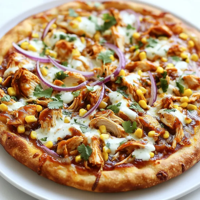 Um eine leckere BBQ Ranch Chicken Pizza zu machen, brauchst du: - 1 Packung fertiger Pizzateig - 1 Tasse gekochtes, gezupftes Hähnchen - ½ Tasse BBQ-Sauce (am besten eine rauchige) - ½ Tasse Ranch-Dressing - 1 Tasse geriebener Mozzarella-Käse - ½ Tasse rote Zwiebel, dünn geschnitten - ½ Tasse Maiskörner (frisch oder aus der Dose) - ¼ Tasse frischer Koriander, gehackt (zum Garnieren) - 1 Teelöffel Olivenöl - Salz und Pfeffer nach Geschmack Die Qualität deiner Zutaten macht einen großen Unterschied. Verwende frisches Hähnchen, das gut gewürzt ist. Achte darauf, eine BBQ-Sauce zu wählen, die dir wirklich schmeckt. Eine rauchige Sauce bringt tollen Geschmack. Für den Käse ist Mozzarella ideal, weil er gut schmilzt. Frische Zwiebeln geben der Pizza einen tollen Crunch. Wenn du frisches Gemüse verwenden kannst, dann tu es! Das macht die Pizza noch leckerer. Für diese Pizza benötigst du einige wichtige Geräte: - Ein Backblech oder einen Pizzastein - Eine Schüssel zum Mischen - Ein Nudelholz, um den Teig auszurollen - Ein scharfes Messer für das Gemüse - Ein Teelöffel zum Messen Mit diesen Geräten und Zutaten bist du bereit, deine BBQ Ranch Chicken Pizza zu machen. {{ingredient_image_2}} Heize deinen Ofen auf 245°C vor. Diese hohe Temperatur macht die Kruste schön knusprig. Nimm den Pizzateig aus der Packung. Rolle ihn auf einer bemehlten Fläche aus. Ziel ist ein Durchmesser von etwa 30 cm. Lege den ausgerollten Teig auf einen Pizzastein oder ein Backblech. In einer großen Schüssel vermischt du das gezupfte Hähnchen. Füge die BBQ-Sauce hinzu. Rühre gut um, bis das Hähnchen gleichmäßig mit der Sauce bedeckt ist. Diese Mischung sorgt für viel Geschmack. Verteile das Ranch-Dressing auf dem Pizzateig. Dann kommt die BBQ-Hähnchen-Mischung darauf. Streue den geriebenen Mozzarella-Käse gleichmäßig darüber. Jetzt kommen die roten Zwiebeln und der Mais. Diese Zutaten geben der Pizza zusätzlichen Crunch und Frische. Beträufle die Pizza leicht mit Olivenöl. Würze sie mit Salz und Pfeffer nach Geschmack. Backe die Pizza 12 bis 15 Minuten. Achte darauf, dass die Kruste goldbraun wird. Der Käse sollte blubbern und schmelzen. Nach dem Backen lasse die Pizza kurz ruhen. Dann schneide sie in Stücke. Garniere sie mit frischem Koriander. Jetzt ist deine BBQ Ranch Chicken Pizza bereit zum Genießen! Um eine perfekte Pizzakruste zu bekommen, ist das Backen bei hoher Hitze wichtig. Heize deinen Ofen auf 245°C (475°F) vor. Dies hilft, die Kruste knusprig zu machen. Rolle deinen Pizzateig gleichmäßig aus. Achte darauf, dass der Teig nicht zu dick ist. Eine Dicke von etwa 1 cm ist ideal. Lege den Teig auf einen Pizzastein oder ein Backblech. So kann die Hitze gut zirkulieren. Ein häufiger Fehler ist, zu viel Belag auf die Pizza zu geben. Dies kann die Kruste weich machen. Halte den Belag in Maßen. Ein weiteres Problem ist die falsche Ofentemperatur. Wenn der Ofen nicht heiß genug ist, wird die Pizza nicht gut. Überprüfe immer die Temperatur, bevor du die Pizza backst. Lass die Pizza auch ruhen, bevor du sie schneidest. So bleiben alle Säfte drin. Für die beste Geschmackserfahrung serviere die Pizza heiß. Schneide sie in gleichmäßige Stücke. Garniere die Pizza mit frischem Koriander, um Geschmack und Farbe hinzuzufügen. Du kannst auch etwas extra BBQ-Sauce zum Dippen anbieten. Dies gibt einen zusätzlichen Kick. Serviere die Pizza mit einem kalten Getränk, wie Limonade oder Bier. So wird das Essen noch besser. Pro Tips Wähle die richtige BBQ-Sauce: Eine rauchige BBQ-Sauce verleiht der Pizza einen intensiven Geschmack. Probiere verschiedene Sorten, um den perfekten für deinen Gaumen zu finden. Knusprige Kruste: Um eine besonders knusprige Kruste zu erreichen, heize deinen Ofen rechtzeitig vor und verwende einen Pizzastein, falls vorhanden. Frische Zutaten: Verwende frische Zutaten wie Mais und Koriander für mehr Geschmack und Textur. Sie machen einen großen Unterschied im Endergebnis. Variiere die Käsesorten: Experimentiere mit verschiedenen Käsesorten wie Cheddar oder Gouda, um der Pizza eine zusätzliche Geschmackstiefe zu verleihen. {{image_4}} Für eine vegetarische BBQ Ranch Pizza kannst du das Hähnchen durch gegrilltes Gemüse ersetzen. Verwende Zucchini, Paprika und Champignons. Diese Gemüse geben Geschmack und Textur. Vermische das Gemüse mit BBQ-Sauce, um den gleichen köstlichen Geschmack zu erreichen. Die restlichen Zutaten bleiben gleich. So bleibt die Pizza lecker und für alle geeignet. Wenn du es scharf magst, füge Jalapeños oder scharfe Sauce hinzu. Du kannst frisch geschnittene Jalapeños auf die Pizza legen, bevor du sie backst. Alternativ kannst du die BBQ-Sauce mit etwas scharfer Sauce mischen. Dies gibt einen tollen Kick und hebt den Geschmack hervor. Achte darauf, die Schärfe nach deinem Geschmack zu dosieren. Wenn du nach Alternativen suchst, probiere eine Chipotle-Sauce statt BBQ-Sauce. Diese gibt einen rauchigen, würzigen Geschmack. Für das Ranch-Dressing kannst du Joghurt oder Avocado verwenden. Diese Optionen sind gesünder und bringen neue Aromen. Experimentiere mit verschiedenen Saucen, um deine eigene perfekte Kombination zu finden. Um übrig gebliebene Pizza gut zu lagern, lege sie in einen luftdichten Behälter. Du kannst auch Alufolie verwenden, um die Stücke zu wickeln. Achte darauf, dass die Pizza vollständig abgekühlt ist, bevor du sie lagerst. So bleibt die Kruste knusprig. Stelle den Behälter in den Kühlschrank. So bleibt die Pizza frisch und lecker. Um die Pizza aufzuwärmen, nutze am besten den Ofen. Heize ihn auf 180°C vor. Lege die Pizza auf ein Backblech und backe sie für etwa 10 Minuten. So wird die Kruste wieder knusprig. Du kannst auch eine Pfanne verwenden. Erwärme die Pizza bei mittlerer Hitze. Decke die Pfanne mit einem Deckel ab. So bleibt der Käse schön schmelzig. Die Zutaten für BBQ Ranch Chicken Pizza haben unterschiedliche Haltbarkeiten. Gekochtes Hähnchen hält sich im Kühlschrank etwa drei bis vier Tage. BBQ-Sauce und Ranch-Dressing sind meist länger haltbar, oft bis zu zwei Wochen. Achte darauf, die Haltbarkeitsdaten auf den Verpackungen zu prüfen. So kannst du sicherstellen, dass alles frisch ist, wenn du die Pizza zubereitest. Du kannst BBQ Ranch Chicken Pizza in vielen Pizzerien finden. Große Ketten wie Domino's und Pizza Hut bieten sie an. Viele lokale Restaurants haben auch ihre eigene Version. Suche einfach in deiner Nähe nach "BBQ Ranch Chicken Pizza". Du kannst auch Online-Apps nutzen, um deine Bestellung aufzugeben. Ja, du kannst diese Pizza im Voraus zubereiten. Bereite den Pizzateig und die BBQ-Hähnchen-Mischung vor. Lege alles in den Kühlschrank. Wenn du bereit bist zu essen, backe die Pizza einfach im vorgeheizten Ofen. So sparst du Zeit und kannst die Pizza schnell genießen. BBQ Ranch Chicken Pizza kann gesund sein, wenn du die richtigen Zutaten wählst. Nutze frisches Hähnchen und weniger Käse. Du kannst auch Vollkorn-Pizzateig wählen. Achte darauf, die Menge der BBQ-Sauce und des Ranch-Dressings zu reduzieren. So bleibt der Geschmack, ohne zu viele Kalorien. Die BBQ Ranch Chicken Pizza ist einfach zuzubereiten und macht Spaß. Wir haben die besten Zutaten besprochen und Tipps für die Zubereitung gegeben. Mit ein paar Tricks erhält man die perfekte Pizzakruste. Zudem könnt ihr Variationen ausprobieren und die Pizza nach eurem Geschmack anpassen. Zu guter Letzt haben wir erklärt, wie man die Pizza richtig lagert. Jetzt seid ihr bereit, köstliche BBQ Ranch Chicken Pizza zu genießen! Viel Spaß beim Kochen und Essen!