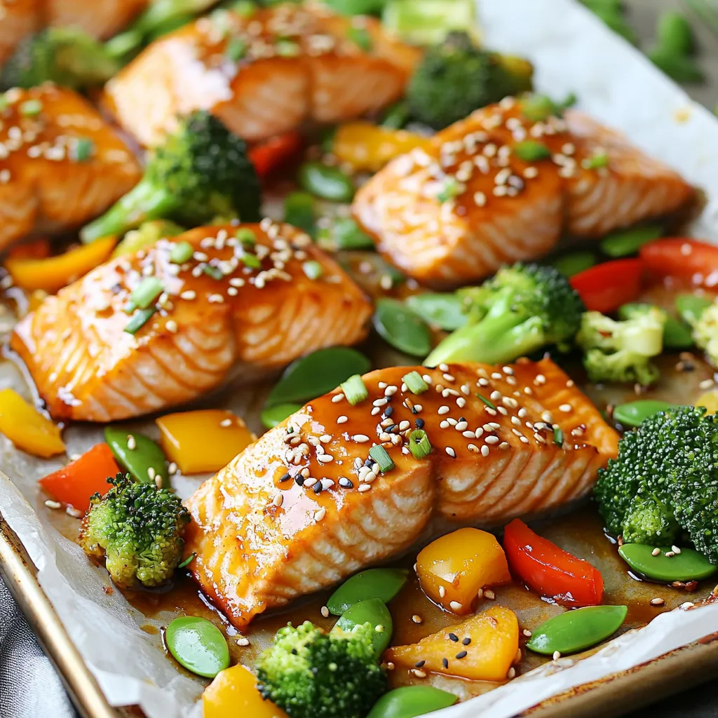 Für dieses leckere Gericht brauchen wir einige Hauptzutaten: - 4 Lachsfilets - 3 Esslöffel Teriyaki-Sauce - 2 Esslöffel Olivenöl - 2 Teelöffel geriebener Ingwer - 2 Knoblauchzehen, gehackt - Salz und Pfeffer nach Geschmack Diese Zutaten sind einfach zu finden. Der Lachs bringt gesunde Fette und einen tollen Geschmack. Die Teriyaki-Sauce sorgt für eine süßliche Note. Das richtige Gemüse macht das Gericht bunt und gesund. Ich empfehle: - 2 Tassen Brokkoliröschen - 1 Tasse bunte Paprika, in Streifen geschnitten - 1 Tasse Zuckerschoten Brokkoli bringt eine tolle Textur und viele Nährstoffe. Die Paprika sorgt für Farbe und Süße. Zuckerschoten geben einen knackigen Biss. Die Teriyaki-Sauce ist das Herzstück dieses Rezepts. Hier sind die Zutaten: - Teriyaki-Sauce - Geriebener Ingwer - Gehackter Knoblauch - Salz und Pfeffer Die Kombination dieser Gewürze bringt viel Geschmack. Wenn Sie möchten, können Sie auch etwas Honig hinzufügen, um die Süße zu verstärken. Die Sauce macht die Zutaten saftig und lecker. {{ingredient_image_2}} Heize deinen Ofen auf 200°C vor. Das ist wichtig für die perfekte Garstufe. Nimm ein großes Backblech und lege es mit Backpapier aus. Das macht die Reinigung einfacher. Bereite alle Zutaten vor, damit du schnell arbeiten kannst. Lege die Lachsfilets auf das Blech. Streue Salz und Pfeffer darüber. In einer kleinen Schüssel vermische Teriyaki-Sauce, Olivenöl, Ingwer und Knoblauch. Diese Mischung bestreichst du dann großzügig auf den Lachs. Lass die Aromen einziehen. Nimm eine große Schüssel und füge Brokkoli, Paprika und Zuckerschoten hinzu. Gieße etwas Olivenöl darüber. Würze das Gemüse mit Salz und Pfeffer. Mische alles gut durch, sodass das Gemüse gleichmäßig beschichtet ist. Lege das Gemüse um die Lachsfilets auf dem Blech. Schiebe das Blech in den Ofen und backe es für 15 bis 20 Minuten. Der Lachs ist perfekt, wenn er leicht mit einer Gabel zerfällt. Achte darauf, dass das Gemüse knackig bleibt. Nehme das Blech heraus und garniere mit Sesamsamen und Frühlingszwiebeln, bevor du servierst. Um den Lachs perfekt zuzubereiten, achte auf die Garzeit. Backe ihn für 15 bis 20 Minuten. Die Innentemperatur sollte 60°C betragen. Überprüfe mit einer Gabel, ob er sich leicht zerpflücken lässt. Ein weiterer Tipp ist, die Hautseite nach unten zu legen. So bleibt der Lachs saftig. Du kannst das Gemüse nach deinem Geschmack variieren. Probiere zum Beispiel grüne Bohnen oder Karotten. Auch Zucchini passt gut. Wenn du eine scharfe Note magst, füge Chili hinzu. Das Gemüse sollte bunt sein, um viele Vitamine zu liefern. Die Teriyaki-Sauce gibt dem Gericht Geschmack. Du kannst sie auch als Marinade nutzen. Lass den Lachs mindestens 30 Minuten marinieren, um den Geschmack zu intensivieren. Für mehr Tiefe kannst du etwas Honig oder Sojasauce hinzufügen. Achte darauf, die gesamte Mischung gut zu verteilen. So wird alles gleichmäßig gewürzt. Pro Tipps Frischer Lachs: Verwenden Sie frische Lachsfilets für den besten Geschmack und die beste Textur. Tiefgekühlter Lachs kann auch verwendet werden, sollte aber vollständig aufgetaut sein. Gemüsevariation: Variieren Sie das Gemüse nach Saison oder Geschmack. Karotten, Zucchini oder grüne Bohnen passen ebenfalls gut zu diesem Gericht. Teriyaki-Sauce anpassen: Für einen intensiveren Geschmack können Sie die Teriyaki-Sauce selbst machen und nach Belieben mit Honig oder Chili anpassen. Garnitur: Sesamsamen und Frühlingszwiebeln verleihen dem Gericht nicht nur Geschmack, sondern auch eine schöne Präsentation. Experimentieren Sie mit anderen Kräutern wie Koriander oder Petersilie. {{image_4}} Um dem Blechpfannen-Teriyaki-Lachs eine asiatische Note zu geben, füge frische Zutaten hinzu. Probiere, etwas Limettensaft oder Chili für Schärfe hinzuzufügen. Auch Ananasstücke passen gut und bringen Süße. Koriander und Minze machen das Gericht frisch. Du kannst die Teriyaki-Sauce auch mit Sojasauce mischen, um den Umami-Geschmack zu verstärken. Wenn du Abwechslung magst, probiere andere Fische. Forelle oder Kabeljau sind tolle Alternativen. Diese Fische haben einen milden Geschmack. Achte darauf, die Garzeit anzupassen. Dünnere Filets brauchen weniger Zeit im Ofen. Du kannst auch Garnelen verwenden; sie kochen schnell und nehmen die Aromen gut auf. Für eine vegane Version tausche den Lachs gegen Tofu aus. Wähle festen Tofu und schneide ihn in Würfel. Mariniere den Tofu in der Teriyaki-Sauce, genau wie den Lachs. Das Gemüse bleibt gleich, aber du kannst auch Karotten oder Auberginen hinzufügen. Diese Mischung ist gesund und voller Geschmack. Um Ihre Reste frisch zu halten, legen Sie den Lachs und das Gemüse in einen luftdichten Behälter. Stellen Sie sicher, dass alles gut abgedeckt ist. So bleibt der Geschmack erhalten. Lassen Sie das Gericht zuerst auf Raumtemperatur abkühlen, bevor Sie es lagern. Zum Erwärmen nehmen Sie die Reste aus dem Kühlschrank. Stellen Sie den Ofen auf 180°C ein. Legen Sie die Reste auf ein Backblech und decken Sie sie mit Aluminiumfolie ab. Backen Sie sie für etwa 10-15 Minuten. So bleibt der Lachs saftig und das Gemüse knackig. Im Kühlschrank hält sich Ihr Blechpfannen-Teriyaki-Lachs für 2-3 Tage. Wenn Sie die Reste länger aufbewahren möchten, können Sie sie im Gefrierfach lagern. Dort bleiben sie bis zu 3 Monate frisch. Vergessen Sie nicht, die Reste in Portionen zu verpacken, um das Auftauen zu erleichtern. Backen Sie den Lachs für 15 bis 20 Minuten. Der Lachs ist fertig, wenn er sich leicht mit einer Gabel zerpflücken lässt. Achten Sie darauf, ihn nicht zu lange zu backen, sonst wird er trocken. Ja, Sie können die Teriyaki-Sauce selbst herstellen. Mischen Sie Sojasauce, Honig, Sesamöl und geriebenen Ingwer. Kochen Sie es leicht, um die Aromen zu vereinen. Das gibt Ihrer Sauce einen frischen Geschmack. Zu diesem Gericht passen Reis oder Quinoa sehr gut. Auch ein frischer Salat oder gedünstetes Gemüse sind tolle Beilagen. Diese Optionen ergänzen den Lachs und die Sauce perfekt. Ja, Sie können auch andere Fische wie Forelle oder Kabeljau verwenden. Für eine pflanzliche Option können Sie Tofu in der gleichen Marinade verwenden. Beide Alternativen schmecken köstlich und passen gut zum Gemüse. Um Teriyaki-Lachs in der Blechpfanne zuzubereiten, brauchst du einige Hauptzutaten. Die richtige Auswahl von Gemüse und die Teriyaki-Sauce sind entscheidend. Folge der Schritt-für-Schritt-Anleitung, um den Lachs perfekt zu marinieren und zu garen. Denke an die Tipps, um Variationen auszuprobieren, etwa mit Tofu oder verschiedenen Fischen. Richtig gelagerte Reste halten länger. Mit diesen Informationen kannst du dein Gericht immer wieder neu gestalten. Probiere es aus und entdecke, wie lecker und einfach es ist!