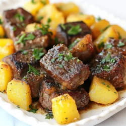 - 450 g Rinderfilet, in mundgerechte Würfel geschnitten - 2 Tassen Babykartoffeln, halbiert - 4 Esslöffel ungesalzene Butter - 4 Knoblauchzehen, fein gehackt - 1 Teelöffel frischer Rosmarin, fein gehackt - 1 Teelöffel frischer Thymian, fein gehackt - Salz und Pfeffer nach Geschmack - 1 Esslöffel Olivenöl - Frische Petersilie, zum Garnieren gehackt Die Hauptzutaten sind wichtig für den Geschmack. Rinderfilet gibt dem Gericht eine saftige Basis. Die Babykartoffeln fügen eine schöne Textur hinzu. Knoblauch bringt ein tolles Aroma. Rosmarin und Thymian geben dem Gericht frische Noten. Salzen und pfeffern Sie nach Belieben. - Benötigte Kochutensilien: großer Topf, große Pfanne, Sieb, Kochlöffel - Empfohlene Pfannen und Töpfe: Antihaft-Pfanne oder Gusseisen Für die Zubereitung brauchen Sie einige Utensilien. Ein großer Topf kocht die Kartoffeln schnell. Eine große Pfanne brät das Steak und die Kartoffeln. Antihaft-Pfannen verhindern das Ankleben. Gusseisenpfannen halten die Wärme gut. So gelingen die Steak Bites und Kartoffeln perfekt. {{ingredient_image_2}} Zuerst schneiden wir die Zutaten. Nimm 450 g Rinderfilet und schneide es in kleine Würfel. Dann nimm 2 Tassen Babykartoffeln und teile sie in der Mitte. Halte den Knoblauch bereit. Du brauchst 4 Zehen, die du fein hackst. Frischer Rosmarin und Thymian sind wichtig, also hacke jeweils 1 Teelöffel davon. Koche die Babykartoffeln in einem großen Topf. Bring 1,5 Liter gesalzenes Wasser zum Kochen. Füge die Kartoffeln hinzu und koche sie 10 bis 12 Minuten. Sie sind gar, wenn eine Gabel leicht hineingeht. Gieße sie ab und lege sie beiseite. Erhitze eine große Pfanne auf mittlere bis hohe Hitze. Gib 1 Esslöffel Olivenöl in die Pfanne. Sobald das Öl heiß ist, füge die Steakwürfel hinzu. Würze sie mit Salz und Pfeffer. Brate die Stücke 3 bis 4 Minuten lang. Wende sie oft, bis sie schön braun sind. Nimm das Steak aus der Pfanne und stelle es beiseite. In der gleichen Pfanne fügst du 2 Esslöffel ungesalzene Butter hinzu. Lass die Butter schmelzen, dann kommen die Kartoffeln hinein. Brate sie 5 bis 7 Minuten, bis sie goldbraun und knusprig sind. Vergiss nicht, sie mit Salz und Pfeffer zu würzen. Reduziere die Hitze auf mittel-niedrig. Gib die restlichen 2 Esslöffel Butter in die Pfanne. Wenn die Butter schmilzt, füge den gehackten Knoblauch, Rosmarin und Thymian hinzu. Koche alles für 1 bis 2 Minuten, bis der Duft angenehm ist. Gib die Steakbissen zurück in die Pfanne. Schwenke sie in der Knoblauchbutter-Mischung. Lass alles für etwa 2 Minuten kochen, damit die Aromen sich gut vermischen. Serviere die Steakbissen und Kartoffeln heiß. Dekoriere sie mit frischer, gehackter Petersilie. Um die besten Knoblauchbutter Steak Bites und Kartoffeln zu machen, folge diesen Tipps: - Wähle frisches Rinderfilet. Es schmeckt besser und bleibt zart. - Koche die Kartoffeln nicht zu lange. Sie sollten weich, aber nicht matschig sein. - Würze das Steak gut, aber übertreibe es nicht. Zu viel Salz kann den Geschmack ruinieren. - Achte darauf, die Steakbissen nicht zu lange zu braten. Drei bis vier Minuten reichen meist aus. Die Präsentation macht viel aus. Hier sind einige Ideen: - Verwende eine große, flache Platte. So kommen die Farben besser zur Geltung. - Garniere das Gericht mit frischer Petersilie. Das sieht frisch und einladend aus. - Ergänze das Gericht mit Zitronenscheiben. Sie bringen einen frischen Farbkontrast. - Serviere die Steakbissen und Kartoffeln warm. So schmecken sie am besten. Hier sind einige leckere Beilagen und Getränke: - Ein frischer grüner Salat passt gut dazu. Er bringt Frische ins Gericht. - Gegrilltes Gemüse ergänzt die Aromen sehr schön. - Ein einfaches Baguette ist perfekt, um die Knoblauchbutter aufzutunken. - Für Getränke empfehle ich einen Rotwein. Er harmoniert gut mit dem Fleisch. Pro Tipps Rinderfilet richtig wählen: Wählen Sie ein Rinderfilet von hoher Qualität, um zarte und saftige Steakbissen zu garantieren. Kartoffeln gleichmäßig schneiden: Stellen Sie sicher, dass die Babykartoffeln gleichmäßig halbiert sind, damit sie gleichmäßig garen und knusprig werden. Knoblauch nicht verbrennen: Fügen Sie den Knoblauch erst am Ende der Garzeit hinzu, um zu vermeiden, dass er bitter wird. Frische Kräuter verwenden: Verwenden Sie frische Kräuter wie Rosmarin und Thymian für ein intensiveres Aroma und Geschmacksprofil. {{image_4}} Um einen mediterranen Geschmack zu erzielen, können Sie Oliven oder Feta hinzufügen. Diese Zutaten geben dem Gericht eine frische Note. Fügen Sie zum Beispiel kalamata Oliven hinzu, um die Aromen zu bereichern. Zerbröselter Feta verleiht einen cremigen, salzigen Kick. Mischen Sie diese Zutaten einfach mit den Steakbissen und Kartoffeln, bevor Sie servieren. Wenn Sie eine vegetarische Option suchen, können Sie das Rinderfilet durch pflanzliche Alternativen ersetzen. Tofu oder Seitan eignen sich gut als Ersatz. Schneiden Sie diese in Würfel und braten Sie sie wie das Steak. Dies macht das Gericht lecker und zugänglich für alle. Sie können auch mehr Gemüse wie Zucchini oder Paprika hinzufügen, um das Gericht zu erweitern. Experimentieren Sie mit verschiedenen Gewürzen, um neue Geschmackserlebnisse zu schaffen. Versuchen Sie Paprika für ein rauchiges Aroma. Kreuzkümmel bringt eine erdige Note. Für eine scharfe Variante fügen Sie etwas Cayennepfeffer hinzu. Diese Gewürze können Sie einfach während des Kochens hinzufügen, um den Geschmack Ihrer Steakbissen und Kartoffeln zu intensivieren. Um deine Knoblauchbutter Steak Bites und Kartoffeln frisch zu halten, lagere die Reste im Kühlschrank. Benutze einen luftdichten Behälter. Achte darauf, dass die Speisen abgekühlt sind, bevor du sie verpackst. So vermeidest du Kondenswasser und hältst die Textur der Kartoffeln besser. Wenn du die Reste aufwärmen möchtest, gibt es ein paar gute Methoden. Du kannst sie in einer Pfanne bei mittlerer Hitze aufwärmen. Füge etwas Butter oder Öl hinzu, damit sie nicht austrocknen. Eine andere Methode ist die Mikrowelle. Decke die Reste mit einem feuchten Tuch ab, um Dampf zu erzeugen. So bleiben die Steakbissen saftig. Dieses Gericht kann bis zu drei Tage im Kühlschrank aufbewahrt werden. Achte darauf, die Reste gut zu lagern. Wenn du die Steak Bites länger aufbewahren möchtest, kannst du sie auch einfrieren. In einem luftdichten Behälter halten sie sich im Gefrierfach etwa drei Monate. Die Zubereitung dauert etwa 15 Minuten, und die gesamte Kochzeit ist 30 Minuten. Du kannst in dieser Zeit die Kartoffeln kochen und das Steak braten. Es ist einfach und schnell. Perfekt für ein schnelles Abendessen! Ja, gefrorenes Rinderfilet ist möglich. Du solltest es jedoch zuerst vollständig auftauen. Am besten über Nacht im Kühlschrank auftauen lassen. So bleibt das Fleisch zart und saftig. Verwende es dann wie frisches Fleisch in deinem Rezept. Zu Knoblauchbutter Steak Bites passen viele Beilagen gut. Salate oder gedünstetes Gemüse sind beliebt. Auch Reis oder Brot sind tolle Optionen. Sie helfen, die leckere Knoblauchbutter aufzunehmen. Überlege, frische Kräuter für mehr Geschmack hinzuzufügen. Diese Anleitung zeigt, wie du ein köstliches Gericht mit Rinderfilet und Babykartoffeln zubereitest. Die Schritt-für-Schritt-Anleitung führt dich durch die Vorbereitung, das Kochen und das Anrichten. Du lernst auch Tipps, um dein Steak perfekt zu braten und die Kartoffeln knusprig zu machen. Variiere das Rezept nach Lust und Laune oder bewahre Reste richtig auf. Probiere es aus, und beeindrucke deine Gäste mit einem leckeren Essen!