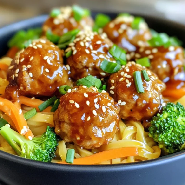 Für die Teriyaki-Fleischbällchen-Nudeln brauchst du einige Hauptzutaten. Sie sind einfach zu finden und machen das Gericht lecker. Hier sind die Zutaten: - 450 g gemahlenes Hähnchen oder Truthahn - 60 g Semmelbrösel - 60 g Frühlingszwiebeln, fein gehackt - 2 Knoblauchzehen, fein gehackt - 1 Esslöffel frischer Ingwer, gerieben - 2 Esslöffel Sojasauce - 1 Esslöffel Sesamöl - 1 Esslöffel Honig - 1/4 Teelöffel schwarzer Pfeffer - 225 g Eiernudeln oder Reisnudeln Diese Zutaten bilden die Basis für das Gericht. Du kannst das gemahlene Fleisch nach deinem Geschmack wählen. Gewürze sind wichtig für den Geschmack. Hier sind die speziellen Gewürze und Öle, die du brauchst: - 1 Esslöffel Sesamöl - 2 Esslöffel Sojasauce - 1 Esslöffel Honig - 1/4 Teelöffel schwarzer Pfeffer Sesamöl gibt einen nussigen Geschmack. Sojasauce bringt Umami und Tiefe. Honig fügt eine süße Note hinzu. So entsteht ein tolles Gleichgewicht. Gemüse macht das Gericht bunt und gesund. Hier sind die Gemüse-Zutaten, die du brauchst: - 150 g Brokkoliröschen - 1 Möhre, in feine Streifen geschnitten Brokkoli und Karotten sind knackig und bringen Farbe. Sie passen perfekt zu den Fleischbällchen. Du kannst auch anderes Gemüse verwenden, das du magst. {{ingredient_image_2}} Zuerst heizen Sie den Ofen auf 200°C vor. Das ist wichtig für die Fleischbällchen. Nehmen Sie ein Backblech und legen Sie es mit Backpapier aus. So kleben die Fleischbällchen nicht fest. Es ist einfach und spart Zeit beim Aufräumen. In einer großen Schüssel mischen Sie das gemahlene Hähnchen oder Truthahn mit den Semmelbröseln. Fügen Sie die Hälfte der gehackten Frühlingszwiebeln, den Knoblauch, den Ingwer, die Sojasauce, das Sesamöl, den Honig und den Pfeffer hinzu. Mischen Sie alles gut, aber nicht zu lange. Formen Sie kleine Bällchen, etwa 2,5 cm groß. Legen Sie sie auf das Backblech. Backen Sie die Fleischbällchen für 15 bis 20 Minuten. Sie sind fertig, wenn sie goldbraun sind. Während die Fleischbällchen backen, kochen Sie die Eiernudeln oder Reisnudeln. Befolgen Sie die Anweisungen auf der Verpackung. Lassen Sie die Nudeln abtropfen und stellen Sie sie beiseite. In einer großen Pfanne erhitzen Sie einen Teelöffel Sesamöl. Fügen Sie die Brokkoliröschen und die Möhrenstreifen hinzu. Braten Sie das Gemüse 3 bis 4 Minuten an. Es sollte zart, aber knackig sein. Dann geben Sie die Nudeln in die Pfanne mit dem Gemüse und fügen die gebackenen Fleischbällchen hinzu. Mischen Sie alles gut und erwärmen Sie es. Um perfekte Teriyaki Fleischbällchen zu machen, sollten einige Dinge beachtet werden. Wählen Sie frisches Hackfleisch, um den besten Geschmack zu erzielen. Achten Sie darauf, die Mischung nicht zu lange zu kneten, um zähe Bällchen zu vermeiden. Die Größe der Bällchen ist wichtig. Sie sollten etwa 2,5 cm groß sein. So garen sie gleichmäßig. Backen Sie die Fleischbällchen bei 200°C für 15-20 Minuten. Überprüfen Sie, ob sie goldbraun sind und gut durchgegart. Das Anrichten macht Spaß! Beginnen Sie mit einer großzügigen Portion Nudeln auf dem Teller. Fügen Sie dann die Fleischbällchen hinzu, damit sie gut sichtbar sind. Garniert mit frischen Frühlingszwiebeln und Sesamsamen, sieht das Gericht toll aus. Denken Sie daran, die Fleischbällchen gleichmäßig über die Nudeln zu verteilen. Ein Spritzer Sojasauce kann das Aroma verstärken. Ein häufiger Fehler ist das Überkochen der Nudeln. Achten Sie darauf, die Anleitung auf der Verpackung zu befolgen. Wenn die Fleischbällchen trocken sind, haben Sie sie wahrscheinlich zu lange gebacken. Überprüfen Sie die Garzeit und die Temperatur. Wenn das Gemüse zu weich wird, stellen Sie sicher, dass Sie es nur kurz anbraten. So bleibt es knackig und frisch. Pro Tipps Fleischbällchen gleichmäßig formen: Achten Sie darauf, dass alle Fleischbällchen die gleiche Größe haben, damit sie gleichmäßig garen. Gemüse knackig halten: Braten Sie das Gemüse nur kurz an, damit es seine Farbe und Knackigkeit behält. Sojasauce anpassen: Passen Sie die Menge der Sojasauce nach Ihrem Geschmack an, um die gewünschte Salzigkeit zu erreichen. Variationen ausprobieren: Fügen Sie zusätzliches Gemüse wie Paprika oder Zucchini hinzu, um das Gericht abwechslungsreicher zu gestalten. {{image_4}} Wenn du nach Abwechslung suchst, nutze verschiedene Proteinquellen. Du kannst Rinderhack oder Tofu verwenden. Tofu ist eine großartige Option für eine vegane Variante. Achte darauf, den Tofu gut zu pressen, damit er die Gewürze aufnimmt. Auch gemahlene Pilze eignen sich gut. Sie geben den Fleischbällchen einen herzhaften Geschmack. Gemüse macht dein Gericht bunter und gesünder. Du kannst auch Paprika, Zucchini oder Erbsen hinzufügen. Diese Gemüsesorten bringen frische Aromen und Farben. Schneide das Gemüse in kleine Stücke, damit es schnell gar wird. Experimentiere mit dem Gemüse, das du magst oder gerade zur Hand hast. Für mehr Geschmack kannst du die Sojasauce variieren. Probiere Tamari für eine glutenfreie Option. Füge Chili- oder Knoblauchpulver hinzu, wenn du es schärfer magst. Eine Prise Limettensaft gibt einen tollen frischen Kick. Du kannst auch frisch gehackte Kräuter verwenden, wie Koriander oder Basilikum, um das Gericht zu verfeinern. Bewahre die übrig gebliebenen Teriyaki Fleischbällchen Nudeln in einem luftdichten Behälter auf. So bleiben sie frisch. Diese Nudeln halten sich gut für 3 bis 4 Tage im Kühlschrank. Stelle sicher, dass das Gericht vollständig abgekühlt ist, bevor du es hineinlegst. Das hilft, Kondenswasser zu vermeiden. Wenn du Fleischbällchen für später aufbewahren willst, friere sie ein. Lege die gebackenen Fleischbällchen auf ein Backblech und friere sie für etwa 2 Stunden ein. Danach kannst du sie in einen gefriergeeigneten Beutel umfüllen. So bleiben sie bis zu 3 Monate frisch. Wenn du bereit bist zu essen, taue sie im Kühlschrank auf. Um die Nudeln und Fleischbällchen aufzuwärmen, kannst du die Mikrowelle oder eine Pfanne verwenden. Mikrowelle: Stelle die Nudeln in eine Schüssel, füge etwas Wasser hinzu und decke sie ab. Erhitze sie für 1-2 Minuten. Pfanne: Erhitze etwas Sesamöl in einer Pfanne, füge die Nudeln und Fleischbällchen hinzu, und brate alles für 3-5 Minuten. So bleiben die Aromen frisch und lecker. Die Fleischbällchen sind im Kühlschrank etwa drei bis vier Tage haltbar. Achte darauf, sie in einem luftdichten Behälter zu lagern. So bleiben sie frisch und lecker. Wenn du sie länger aufbewahren möchtest, kannst du sie einfrieren. Im Gefrierfach halten sie bis zu drei Monate. Achte darauf, sie gut einzupacken, um Gefrierbrand zu vermeiden. Ja, du kannst diese Nudeln mit verschiedenen Saucen genießen. Sojasauce eignet sich gut, sowie Teriyaki-Sauce für mehr Geschmack. Du kannst auch Erdnuss- oder süß-saure Sauce ausprobieren. Sei kreativ! Jede Sauce bringt einen neuen Twist in dein Gericht. Kombiniere die Saucen nach deinem Geschmack und entdecke neue Aromen. Teriyaki stammt aus Japan. Der Name bedeutet „gegrillt“ oder „gebraten“. Ursprünglich wurde es mit Fisch, dann mit Fleisch und Gemüse verwendet. Die Marinade besteht oft aus Sojasauce, Mirin und Zucker. Diese Zutaten sorgen für den süßen und salzigen Geschmack. Teriyaki hat sich weltweit verbreitet und wird nun in vielen Küchen verwendet. Teriyaki-Fleischbällchen-Nudeln sind einfach und lecker. Wir haben die besten Zutaten und Schritt-für-Schritt-Anleitungen behandelt. Du hast gelernt, wie du die Fleischbällchen zubereitest und welche Tipps hilfreich sind. Variationen eröffnen neue Geschmackserlebnisse. Auch die Lagerung und Aufwärmung sind einfach. Prüfe immer die Zutaten und folge den Anleitungen genau. So werden deine Gerichte köstlich! Viel Spaß beim Kochen und Experimentieren!