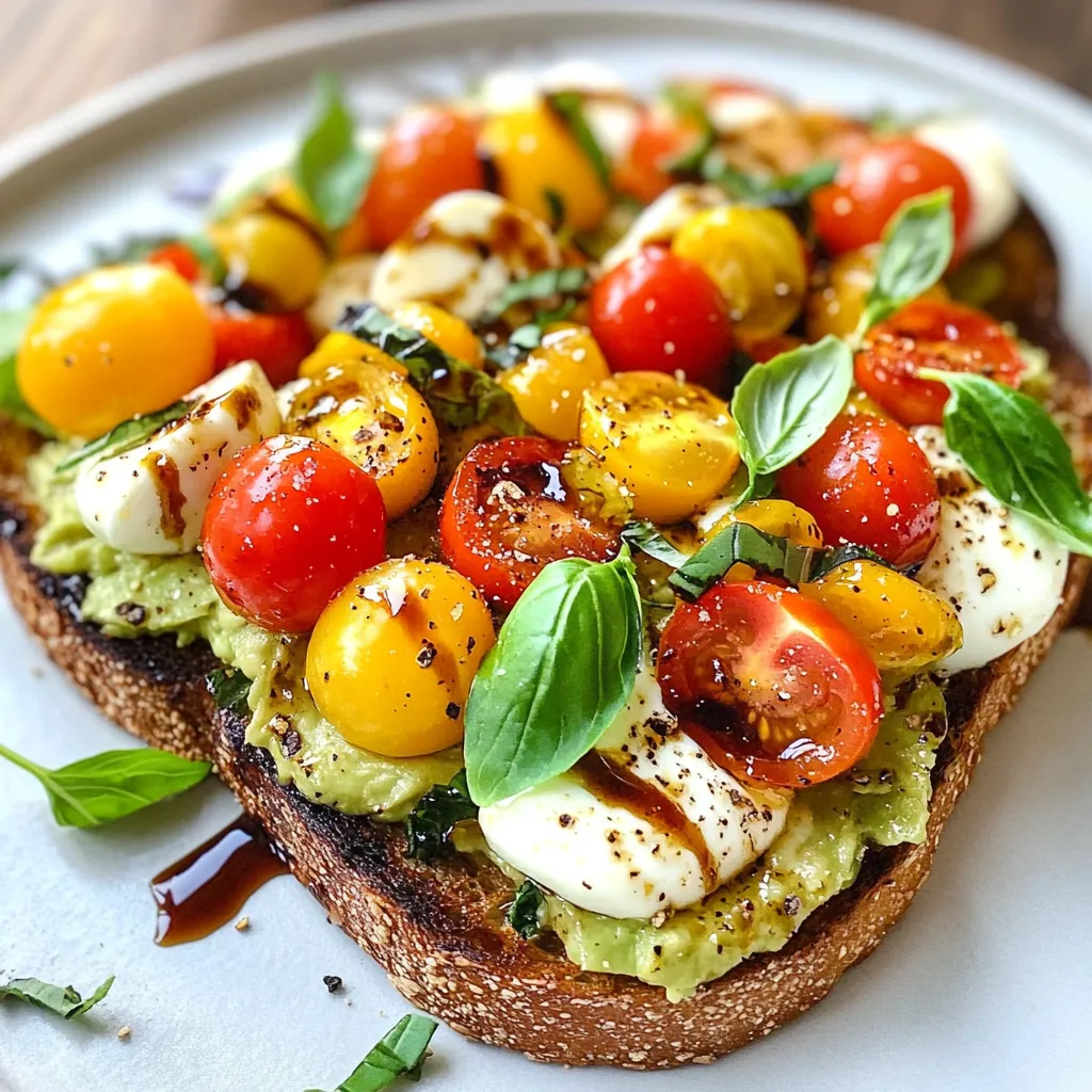 Für einen köstlichen Avocado Caprese Toast brauchen Sie frische Zutaten. Hier sind die Hauptzutaten: - 2 reife Avocados - 1 Tasse Kirschtomaten, halbiert - 1 Tasse frische Mozzarellakugeln (Bocconcini) - 1 Handvoll frische Basilikumblätter - 2 Esslöffel Balsamico-Glasur - 1 Esslöffel natives Olivenöl extra - Salz und Pfeffer nach Geschmack - 4 Scheiben Sauerteig- oder Vollkornbrot Für den besten Toast empfehle ich Sauerteig- oder Vollkornbrot. Sauerteig hat einen tollen Geschmack und eine knusprige Textur. Vollkornbrot ist herzhaft und nahrhaft. Beide Sorten bieten eine gute Basis für die cremige Avocado und die frischen Zutaten. Sie können auch Ciabatta oder Focaccia verwenden, wenn Sie etwas Abwechslung wollen. Wählen Sie reife Avocados für den besten Geschmack. Sie sollten leicht auf Druck nachgeben, aber nicht matschig sein. Achten Sie auf eine gleichmäßige grüne Farbe. Vermeiden Sie braune Flecken, da diese auf Überreife hindeuten. Wenn Sie keine reifen Avocados finden, legen Sie sie in eine Papiertüte. So reifen sie schneller. {{ingredient_image_2}} Zuerst nimmst du vier Scheiben Sauerteig- oder Vollkornbrot. Lege sie in den Toaster. Du möchtest, dass sie goldbraun und knusprig sind. Das dauert etwa 3 bis 5 Minuten. Warte, bis du den perfekten Crunch hörst. Das geröstete Brot hält die Zutaten frisch und macht dein Gericht lecker. Jetzt kommen die Avocados. Halbiere zwei reife Avocados und entferne den Kern. Löffle das Fruchtfleisch in eine Schüssel. Nimm eine Gabel und zerdrücke die Avocado. Lass einige Stücke für die Textur. Füge dann Salz und Pfeffer hinzu. Rühre gut um. Die Avocado ist jetzt cremig und bereit für dein Toast. In einer anderen Schüssel nimm eine Tasse halbierte Kirschtomaten und eine Tasse Mozzarellakugeln. Füge eine Handvoll frische Basilikumblätter hinzu. Zerrisse die Blätter in kleine Stücke. Beträufle die Mischung mit einem Esslöffel Olivenöl. Würze sie mit einer Prise Salz und Pfeffer. Mische alles sanft. So verteilen sich die Aromen gut. Wenn das Brot fertig ist, nimm eine Scheibe. Verteile eine dicke Schicht der Avocado darauf. Dann kommt die Tomaten-Mozzarella-Mischung oben drauf. Achte darauf, dass alles gleichmäßig verteilt ist. Zum Schluss träufle zwei Esslöffel Balsamico-Glasur darüber. Der süße und pikante Geschmack macht dein Toast perfekt. Serviere es sofort, solange es warm ist. Um die perfekte Avocado-Konsistenz zu erreichen, wählen Sie reife Früchte. Drücken Sie leicht auf die Schale. Sie sollte sanft nachgeben. Schneiden Sie die Avocado auf und entfernen Sie den Kern. Mit einer Gabel zerdrücken Sie das Fruchtfleisch. Lassen Sie einige Stücke für Textur. Fügen Sie Salz und Pfeffer hinzu. So schmeckt es besser. Es gibt viele leckere Varianten des Avocado Caprese Toasts. Sie können andere Käsesorten verwenden, wie Feta oder Ziegenkäse. Fügen Sie auch verschiedene Gemüsesorten hinzu, wie Radieschen oder Gurken. Für mehr Geschmack können Sie Oliven oder Kapern hinzufügen. Wenn Sie es schärfer mögen, streuen Sie Chiliflocken darüber. Ein ansprechender Serviervorschlag macht den Toast noch leckerer. Servieren Sie den Toast auf einem schönen Holzteller. Garnieren Sie ihn mit frischen Basilikumblättern. Ein Spritzer Balsamico-Glasur obenauf sieht toll aus. Für einen besonderen Akzent können Sie einige Chiliflocken darüberstreuen. So wird Ihr Gericht zum Hingucker! Pro Tipps Avocado richtig auswählen: Achten Sie darauf, reife Avocados zu verwenden, die leicht nachgeben, wenn Sie sie sanft drücken. Unreife Avocados benötigen Zeit, um nachzureifen, während überreife Avocados braune Stellen aufweisen können. Brot für den perfekten Crunch: Um sicherzustellen, dass Ihr Brot knusprig bleibt, toasten Sie es frisch und verwenden Sie eine dickere Scheibe, um die Fülle der Beläge zu tragen. Balsamico-Glasur selbst machen: Wenn Sie Zeit haben, können Sie Balsamico-Glasur selbst herstellen, indem Sie Balsamico-Essig auf niedriger Hitze reduzieren, bis er dick und sirupartig ist. Das verleiht Ihrem Toast einen intensiveren Geschmack. Variationen ausprobieren: Fügen Sie andere Zutaten wie Radieschen, geröstete Pinienkerne oder sogar ein pochiertes Ei hinzu, um neue Geschmacksrichtungen und Texturen zu entdecken. {{image_4}} Wenn Sie einen veganen Avocado Caprese Toast machen möchten, gibt es tolle Optionen. Anstelle von Mozzarella können Sie Cashewkäse verwenden. Dieser ist cremig und lecker. Eine andere Option ist veganer Feta. Er hat eine ähnliche Textur und gibt dem Gericht einen salzigen Geschmack. Sie können auch Tofu verwenden. Weichen Sie ihn in Gewürzen ein, um mehr Geschmack zu bekommen. Um den Toast noch besser zu machen, fügen Sie Toppings hinzu. Röstete Pinienkerne bringen einen nussigen Geschmack. Chili-Flocken geben einen kleinen Kick. Für eine süßere Note können Sie Feigen oder Honig verwenden. Auch Oliven passen gut dazu. Sie bringen einen salzigen und herzhaften Geschmack. Scheiben von Radieschen sorgen für ein frisches Aroma. Experimentieren Sie mit verschiedenen Toppings, um Ihren perfekten Toast zu finden. Wenn Sie glutenfrei essen, gibt es viele Brotalternativen. Verwenden Sie glutenfreies Brot, das Sie in vielen Läden finden. Auch Reisbrote sind eine gute Wahl. Sie sind leicht und haben eine angenehme Textur. Eine weitere Option ist, Gemüse wie Zucchini oder Süßkartoffeln zu verwenden. Diese können Sie grillen oder backen. Sie bieten eine gesunde Basis für Ihre Zutaten und sind glutenfrei. Wenn Sie Reste von Ihrem Avocado Caprese Toast haben, lagern Sie diese in einem luftdichten Behälter. Legen Sie den Toast mit einer Schicht Frischhaltefolie ab. So bleibt er frischer. Vermeiden Sie, die frischen Zutaten zu lange zu lagern, da sie schnell verderben. Die frischen Zutaten sind der Schlüssel zu diesem Rezept. Lagern Sie die Avocados ungeschnitten bei Raumtemperatur. Kirschtomaten sollten ebenfalls an einem kühlen Ort gelagert werden, aber nicht im Kühlschrank. Mozzarella-Kugeln bleiben am besten in ihrer Flüssigkeit. Basilikum bewahren Sie am besten in einem Glas Wasser, wie einen Blumenstrauß. Die Haltbarkeit der Avocados beträgt etwa drei bis fünf Tage. Kirschtomaten halten sich etwa eine Woche. Mozzarella sollte innerhalb von drei bis fünf Tagen nach dem Öffnen verbraucht werden. Fertiger Toast schmeckt am besten frisch, kann aber bis zu zwei Tage im Kühlschrank aufbewahrt werden. Bei längerem Lagern verlieren die Zutaten ihren Geschmack und ihre Textur. Avocado Caprese Toast schmeckt am besten frisch. Wenn du Reste hast, bewahre sie in einem luftdichten Behälter auf. So bleiben sie bis zu zwei Tage frisch. Die Avocado kann jedoch schnell braun werden. Um dies zu verhindern, streue etwas Zitronensaft über die Avocado. Dies hilft, die Farbe zu erhalten. Ja, du kannst das Rezept leicht anpassen. Verdopple einfach die Zutaten für mehr Portionen. Bei größeren Mengen achte darauf, dass du genug Platz auf deinem Grill oder Toaster hast. Du kannst auch die Menge der Zutaten nach deinem Geschmack anpassen. Füge mehr Tomaten oder Basilikum hinzu, wenn du magst. Zu Avocado Caprese Toast passen viele Getränke gut. Ein frischer Orangensaft ist eine tolle Wahl. Auch ein leichter Weißwein passt gut dazu. Wenn du es lieber alkoholfrei magst, probiere ein spritziges Wasser mit Zitrone. Diese Getränke ergänzen die Aromen des Toasts perfekt. Der Avocado Caprese Toast ist einfach und lecker. Wir haben die Hauptzutaten wie Avocado, Tomaten und Käse besprochen. Dann habe ich erklärt, wie man den Toast zubereitet und Tipps gegeben, um das Beste aus Ihren Zutaten herauszuholen. Variationen wie vegane Alternativen und glutenfreies Brot bringen Vielfalt. Denken Sie daran, die Reste richtig zu lagern, damit nichts vergeudet wird. Mit diesen Tipps und Tricks können Sie diesen Snack immer wieder frisch genießen. Jetzt sind Sie bereit, in die Küche zu gehen!