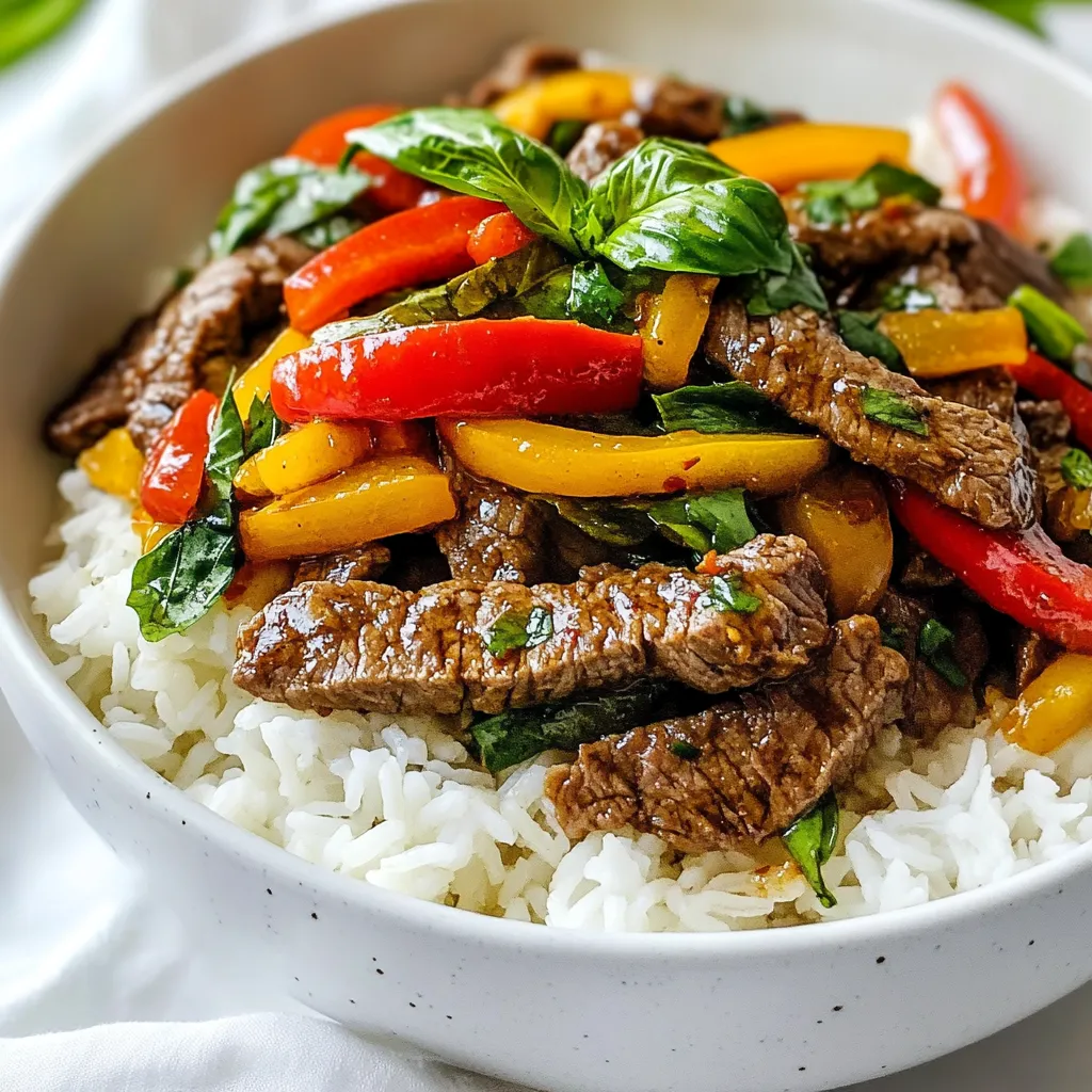 - 450g Rinderflankensteak, dünn gegen die Faser geschnitten - 1 Esslöffel Pflanzenöl - 4 Knoblauchzehen, fein gehackt - 2-3 thailändische Vogelaugen-Chilis, fein gehackt (nach Geschmack anpassen) - 1 Paprika (nach Wahl), in Streifen geschnitten - 1 Tasse frische Thai-Basilikumblätter Die Hauptzutaten sind wichtig für den gesamten Geschmack. Das Rinderflankensteak gibt dir eine zarte Textur. Die Vogelaugen-Chilis bringen die Schärfe und das Aroma. Die frischen Thai-Basilikumblätter sorgen für einen tollen Duft und Geschmack. - 2 Esslöffel Sojasauce - 1 Esslöffel Austernsauce (oder eine vegetarische Alternative) - 1 Esslöffel Fischsauce (oder Sojasauce für die vegetarische Option) - 1 Esslöffel brauner Zucker - 1 Esslöffel Limettensaft Diese Saucen und Gewürze sind der Schlüssel zur Marinade. Sie geben dem Rindfleisch einen reichen und komplexen Geschmack. Der braune Zucker hilft, die Aromen zu balancieren. Der Limettensaft bringt eine frische Note. - Gekochter Jasminreis Jasminreis ist die perfekte Beilage. Er nimmt die Saucen gut auf und ergänzt die Aromen des Gerichts. Du kannst auch frisches Gemüse oder einen einfachen Salat dazu servieren, um das Essen abzurunden. {{ingredient_image_2}} Zuerst musst du das Rindfleisch vorbereiten. Schneide das Rinderflankensteak dünn gegen die Faser. Das macht es zart. Dann mische in einer Schüssel die Sojasauce, Austernsauce, Fischsauce, braunen Zucker und Limettensaft. Gib das geschnittene Fleisch dazu. Rühre gut um, damit die Marinade das Fleisch umhüllt. Lass das Fleisch mindestens 15 bis 30 Minuten marinieren. So nimmt es die Aromen auf. Jetzt wird es spannend! Erhitze in einer großen Pfanne oder einem Wok das Pflanzenöl bei mittelhoher Hitze. Sobald das Öl heiß ist, füge den fein gehackten Knoblauch und die Chilis hinzu. Rühre schnell um. So vermeidest du, dass sie anbrennen. Brate sie für etwa 30 Sekunden, bis sie aromatisch sind. Der Duft wird köstlich sein! Erhöhe die Hitze auf hoch. Gib das marinierte Rindfleisch in die Pfanne. Brate es 3 bis 5 Minuten lang, bis es braun ist. Achte darauf, dass es gut durchgegart ist. Jetzt füge die geschnittene Paprika hinzu. Brate alles nochmal 2 bis 3 Minuten. Die Paprika soll leicht zart, aber knusprig bleiben. Das gibt dem Gericht eine schöne Textur. Nimm die Pfanne vom Herd und gib die frischen Thai-Basilikumblätter dazu. Rühre gut um, bis das Basilikum welkt. Das gibt dem Gericht einen frischen Geschmack. Serviere das Würzige Thai-Basilikum-Rindfleisch heiß über dem gekochten Jasminreis. Achte darauf, dass alles gut vermischt ist. So schmeckt es am besten! Um das Rindfleisch perfekt zuzubereiten, wählen Sie frisches Flankensteak. Schneiden Sie es dünn gegen die Faser. Dies macht das Fleisch zart. Marinieren Sie das Rindfleisch mindestens 15 Minuten. Die Marinade hilft, die Aromen gut aufzunehmen. Verwenden Sie eine große Pfanne oder einen Wok. Erhitzen Sie das Öl gut, bevor Sie das Fleisch hinzufügen. So braten Sie es gleichmäßig und schnell. Die Schärfe hängt ganz von Ihnen ab! Verwenden Sie 2-3 thailändische Vogelaugen-Chilis für einen guten Kick. Wenn Sie es milder mögen, nehmen Sie weniger Chilis. Sie können auch die Chilis ganz weglassen. Fügen Sie stattdessen etwas mehr Knoblauch hinzu. So bleibt der Geschmack intensiv, ohne zu scharf zu sein. Frische Kräuter sind der Schlüssel! Thai-Basilikum gibt diesem Gericht seinen einzigartigen Geschmack. Fügen Sie die Basilikumblätter am Ende hinzu. So bleiben sie frisch und aromatisch. Sie können auch andere Kräuter ausprobieren, wie Koriander oder Minze, aber der klassische Geschmack kommt vom Thai-Basilikum. Pro Tipps Rindfleisch schneiden: Schneiden Sie das Rindfleisch immer gegen die Faser, um zartes Fleisch zu erhalten. Chili anpassen: Passen Sie die Menge der Vogelaugen-Chilis nach Ihrem persönlichen Schärfewunsch an. Basilikum frisch hinzufügen: Fügen Sie das Thai-Basilikum kurz vor dem Servieren hinzu, damit es sein Aroma behält. Reis vorbereiten: Kochen Sie den Jasminreis im Voraus, damit er perfekt zum Gericht passt. {{image_4}} Für eine vegetarische oder vegane Variante können Sie Tofu oder Tempeh nutzen. Diese Optionen nehmen die Marinade gut auf und bieten einen schönen Biss. Schneiden Sie den Tofu in kleine Würfel und marinieren Sie ihn wie das Rindfleisch. Braten Sie ihn in der Pfanne knusprig an. Das gibt diesem Gericht eine tolle Textur und Geschmack. Wenn Sie kein Rindfleisch mögen, probieren Sie Hähnchen oder Schweinefleisch. Diese Fleischsorten passen gut zu den gleichen Aromen. Schneiden Sie das Fleisch in dünne Stücke und folgen Sie der gleichen Zubereitung. Eine weitere Möglichkeit sind Garnelen, die nur kurz angebraten werden sollten, um zart zu bleiben. Fügen Sie saisonales Gemüse hinzu, um mehr Farbe und Nährstoffe zu erhalten. Zum Beispiel: - Brokkoli - Zucchini - Karotten Diese Gemüsesorten können Sie in Streifen schneiden und zusammen mit der Paprika in die Pfanne geben. Sie bringen frische Aromen in das Gericht und machen es noch gesünder. Experimentieren Sie mit verschiedenen Gemüsesorten, um Ihre eigene Note zu finden! Bewahren Sie Reste in einem luftdichten Behälter auf. Lassen Sie das Gericht auf Raumtemperatur abkühlen. Decken Sie es gut zu, um den Geschmack zu erhalten. So bleibt das Aroma frisch. Um das Gericht wieder aufzuwärmen, nutzen Sie eine Pfanne. Erhitzen Sie es bei mittlerer Hitze. Fügen Sie etwas Wasser oder Brühe hinzu, um es saftig zu halten. Rühren Sie regelmäßig um, damit es gleichmäßig warm wird. Im Kühlschrank bleibt das Thai-Basilikum-Rindfleisch bis zu drei Tage frisch. Im Gefrierschrank kann es bis zu drei Monate aufbewahrt werden. Achten Sie darauf, es gut zu verpacken, um Gefrierbrand zu vermeiden. Würziges Thai-Basilikum-Rindfleisch hat eine angenehme Schärfe. Die thailändischen Vogelaugen-Chilis geben dem Gericht Kick. Du kannst die Menge der Chilis anpassen. Wenn du es milder magst, reduziere die Anzahl. Für mehr Schärfe, füge einfach mehr Chilis hinzu. Es ist ganz nach deinem Geschmack. Ja, du kannst das Gericht im Voraus zubereiten. Marinieren kannst du das Rindfleisch bis zu einem Tag vorher. Das macht das Fleisch zarter und geschmackvoller. Wenn du es kochst, lagere die Reste im Kühlschrank. So bleibt es frisch und lecker. Du kannst die Reste auch einfrieren, um sie später zu genießen. Zu Würzigem Thai-Basilikum-Rindfleisch passt Jasminreis sehr gut. Der Reis nimmt die Saucen auf und ergänzt die Aromen. Du kannst auch gedämpftes Gemüse oder einen frischen Salat dazu servieren. Ein Gurkensalat mit Limette gibt einen frischen Kontrast. Diese Beilagen machen das Essen noch besser. Würziges Thai-Basilikum-Rindfleisch ist ein leckeres Gericht, das viel Freude macht. Du hast die wichtigen Zutaten, die Zubereitung und die besten Tipps kennengelernt. Denke daran, das Rindfleisch gut zu marinieren und die Schärfe nach deinem Geschmack anzupassen. Ob vegetarisch oder mit frischem Gemüse, es gibt viele Möglichkeiten. Nun kannst du dein Gericht gut aufbewahren und aufwärmen. Viel Spaß beim Kochen und Genießen!