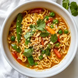 Um würzige Erdnuss-Ramen zuzubereiten, benötigen Sie folgende Zutaten: - 200 g Ramen-Nudeln - 3 Tassen Gemüsebrühe - 60 ml cremige Erdnussbutter - 2 Esslöffel Sojasauce - 1 Esslöffel Sesamöl - 1 Esslöffel Sriracha (nach Geschmack anpassen) - 1 Esslöffel Limettensaft - 1 Tasse Zuckerschoten, frisch und geputzt - 1 rote Paprika, in dünne Scheiben geschnitten - 1 Karotte, in feine Julienne geschnitten - 2 Frühlingszwiebeln, in Ringe geschnitten - Gehackter Koriander als Garnitur - Zerdrückte Erdnüsse zum Bestreuen Frische Zutaten machen einen großen Unterschied. Wählen Sie knackige Zuckerschoten und festes Gemüse. Achten Sie auf die Erdnussbutter. Sie sollte cremig sein und keine Zusatzstoffe enthalten. Sojasauce sollte dunkel und salzig sein. Hochwertige Brühe verbessert den Geschmack enorm. Wenn Sie Allergien haben, können Sie einige Zutaten ersetzen. Nutzen Sie glutenfreie Sojasauce, um die Ramen glutenfrei zu machen. Für Erdnussallergiker ist Mandelbutter eine gute Wahl. Statt Sesamöl können Sie Sonnenblumenöl verwenden. Experimentieren Sie mit den Zutaten, um eine sichere und schmackhafte Variante zu finden. {{ingredient_image_2}} Zuerst kochen Sie die Ramen-Nudeln. Folgen Sie dabei den Anweisungen auf der Packung. Meist dauert es nur wenige Minuten. Nehmen Sie die Nudeln nach dem Kochen ab. Lassen Sie sie gut abtropfen und stellen Sie sie beiseite. Jetzt machen wir die Sauce. Nehmen Sie einen mittelgroßen Topf und geben Sie die Gemüsebrühe hinein. Stellen Sie die Hitze auf mittlere Stufe und bringen Sie die Brühe zum Kochen. Fügen Sie die cremige Erdnussbutter, Sojasauce, Sesamöl, Sriracha und Limettensaft hinzu. Rühren Sie alles gut um, bis die Mischung glatt ist. Fügen Sie nun das frische Gemüse hinzu. Geben Sie die Zuckerschoten, die rote Paprika und die Karotten in den Topf. Lassen Sie die Mischung 3 bis 4 Minuten kochen. Das Gemüse sollte zart sein, aber noch Biss haben. Jetzt kommen die Ramen-Nudeln dazu. Rühren Sie vorsichtig, bis alles gut vermischt ist. Erhitzen Sie das Gericht für weitere 1 bis 2 Minuten. Servieren Sie die würzigen Erdnuss-Ramen in Schalen. Garnieren Sie mit Frühlingszwiebeln, Koriander und zerdrückten Erdnüssen. Um die Ramen schön cremig zu halten, ist die richtige Erdnussbutter wichtig. Verwenden Sie cremige Erdnussbutter, die gut schmilzt. Achten Sie darauf, sie gut mit der Brühe zu vermischen. Das sorgt für eine glatte, reichhaltige Sauce. Wenn die Sauce zu dick wird, fügen Sie etwas mehr Gemüsebrühe hinzu. So bleibt sie geschmeidig und lecker. Sriracha ist ein großartiges Gewürz, um die Schärfe zu steuern. Beginnen Sie mit einem Esslöffel und probieren Sie die Sauce. Fügen Sie mehr hinzu, wenn Sie es schärfer mögen. Denken Sie daran, dass die Schärfe beim Kochen leicht abnimmt. So können Sie die perfekte Balance finden. Viel Spaß beim Experimentieren mit verschiedenen Schärfegraden! Für die perfekte Sauce ist die Mischung der Zutaten entscheidend. Rühren Sie die Erdnussbutter gut ein, bis sie sich vollständig aufgelöst hat. Achten Sie darauf, dass die Brühe kocht, bevor Sie die anderen Zutaten hinzufügen. Das hilft, die Aromen gut zu verbinden. Wenn die Sauce zu dünn ist, lassen Sie sie einfach länger köcheln. So wird sie dicker und reichhaltiger. Pro Tipps Ramen-Nudeln nicht überkochen: Achten Sie darauf, die Nudeln al dente zu kochen, damit sie nicht matschig werden, wenn sie in die Brühe gegeben werden. Sriracha anpassen: Passen Sie die Menge an Sriracha nach Ihrem persönlichen Schärfewunsch an, um das Gericht mild oder scharf zu gestalten. Frisches Gemüse verwenden: Verwenden Sie frisches Gemüse, um den Geschmack und die Textur des Gerichts zu verbessern, und variieren Sie je nach Saison. Garnitur nicht vergessen: Garnieren Sie die Ramen mit frischem Koriander und zerdrückten Erdnüssen für zusätzlichen Geschmack und Crunch. {{image_4}} Für eine vegetarische oder vegane Version der würzigen Erdnuss-Ramen, ersetze die Hühnerbrühe durch Gemüsebrühe. Verwende auch eine pflanzliche Erdnussbutter ohne tierische Produkte. Du kannst die Sriracha auch in einer veganen Variante finden. Diese Anpassungen machen das Gericht leicht und schmackhaft. Wenn du mehr Protein willst, füge Tofu oder Hähnchen hinzu. Mariniere den Tofu in Sojasauce und brate ihn leicht an. Für Hähnchen, koche es in Stücke geschnitten und mische es mit den Nudeln. Beide Optionen geben dir mehr Geschmack und Sättigung. Das Gemüse in deinem Gericht ist sehr flexibel. Probiere Brokkoli, Paprika oder Spinat. Du kannst auch Zucchini oder Pilze nutzen. Diese Gemüsesorten bringen verschiedene Aromen und Texturen. Experimentiere mit der Menge, die du magst, um dein persönliches Rezept zu kreieren. Um die Ramen frisch zu halten, bewahre sie in einem luftdichten Behälter auf. Lass die Nudeln und die Sauce getrennt, damit die Nudeln nicht matschig werden. Du kannst auch nur die Ramen-Nudeln kochen und die Sauce separat aufbewahren. Das hält die Textur besser. Um die Ramen aufzuwärmen, nimm sie aus dem Kühlschrank. Gib die Nudeln in einen Topf mit etwas Wasser oder Brühe. Erhitze sie bei mittlerer Hitze. Rühre die Sauce ein, sobald die Nudeln warm sind. Alternativ kannst du die Ramen auch in der Mikrowelle aufwärmen. Verwende eine Schüssel und decke sie ab, um Spritzer zu vermeiden. Die Ramen sind im Kühlschrank etwa drei Tage haltbar. Wenn du sie länger aufbewahren möchtest, friere sie ein. So bleiben sie bis zu drei Monate frisch. Achte darauf, die Sauce und die Nudeln getrennt einzufrieren. So schmecken sie nach dem Auftauen besser. Zu würzigen Erdnuss-Ramen passen einige tolle Beilagen. Sie können gebratene Tofu-Würfel oder einen einfachen Gurkensalat machen. Auch gedämpftes Gemüse wie Brokkoli ist eine gute Wahl. Ein frischer, knackiger Salat mit Limettendressing passt perfekt. Für etwas Süßes könnten Sie Mango oder Ananas hinzufügen. Diese Beilagen ergänzen den Geschmack der Ramen und bringen frische Aromen ins Spiel. Ja, Sie können andere Nudeln verwenden. Reisnudeln oder Udon-Nudeln sind gute Alternativen. Sie bringen einen eigenen Geschmack mit und machen das Gericht interessant. Denken Sie daran, die Kochzeit zu beachten. Jede Nudel hat ihre eigene Zeit, um perfekt zu werden. Wenn Sie glutenfreie Optionen suchen, sind Reisnudeln eine tolle Wahl. So können Sie das Rezept an Ihre Vorlieben anpassen. Die Zutaten in würzigen Erdnuss-Ramen bieten viele Vorteile. Erdnussbutter enthält gesunde Fette und Eiweiß. Gemüse wie Zuckerschoten und Paprika sind reich an Vitaminen. Diese Nahrungsmittel fördern Ihre Gesundheit und stärken das Immunsystem. Limettensaft bringt Vitamin C und hilft bei der Verdauung. Sriracha sorgt nicht nur für Schärfe, sondern kann auch den Stoffwechsel ankurbeln. Diese Ramen sind also nicht nur lecker, sondern auch nahrhaft! Würzige Erdnuss-Ramen sind einfach und schmackhaft. Wir haben hochwertige Zutaten für leckere Resultate erklärt. Die Schritt-für-Schritt-Anleitung macht es leicht, die Ramen zuzubereiten. Tipps helfen dir, die perfekte Konsistenz und Schärfe zu finden. Variationen bieten viele Möglichkeiten für jeden Geschmack. Schließlich sind die Lagerungshinweise nützlich für Resteverwertung. Mit diesen Informationen kannst du köstliche Ramen selbst zubereiten. Viel Spaß beim Kochen!