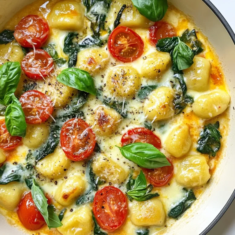 Für dieses Gericht brauchst du einige einfache Zutaten. Hier sind die Hauptbestandteile: - 450 g Kartoffelgnocchi (aus dem Supermarkt oder selbstgemacht) - 2 Esslöffel Olivenöl - 3 Knoblauchzehen, fein gehackt - 1 kleine Zwiebel, gewürfelt - 1 Dose (400 g) gewürfelte Tomaten, un drained - 240 ml Gemüsebrühe - 2 Tassen frischer Spinat - 120 ml Schlagsahne - 1 Teelöffel getrockneter Oregano - ½ Teelöffel rote Pfefferflocken (nach Geschmack) - Salz und schwarzer Pfeffer nach Bedarf - 100 g frisch geriebener Parmesan - Frische Basilikumblätter zur Dekoration Du kannst das Gericht anpassen. Hier sind einige Ideen für nahrhafte Ergänzungen: - Füge einige Champignons oder Paprika hinzu. Das gibt mehr Geschmack und Farbe. - Verwende Zucchini oder Brokkoli für mehr Gemüse. Diese passen gut zu den Gnocchi. - Statt Schlagsahne kannst du auch Kokosmilch nehmen. Das macht das Gericht vegan. Die richtigen Gewürze machen dein Gnocchi besonders. Hier sind einige Tipps: - Verwende frische Kräuter wie Basilikum oder Thymian. Diese geben einen tollen Duft. - Für mehr Schärfe, erhöhe die Menge der roten Pfefferflocken. Achte darauf, es nicht zu übertreiben. - Ein Spritzer Zitronensaft am Ende gibt Frische. Das hebt den Geschmack hervor. Mit diesen Zutaten und Tipps zauberst du ein leckeres Ein-Pfannen-Toskanisches Gnocchi. Es ist einfach, schnell und voller Geschmack! {{ingredient_image_2}} Um deine Ein-Pfannen-Toskanisches Gnocchi zu machen, beginne mit den Zutaten. Du brauchst: - 450 g Kartoffelgnocchi - 2 Esslöffel Olivenöl - 3 Knoblauchzehen - 1 kleine Zwiebel - 1 Dose gewürfelte Tomaten - 240 ml Gemüsebrühe - 2 Tassen frischer Spinat - 120 ml Schlagsahne - 1 Teelöffel getrockneter Oregano - ½ Teelöffel rote Pfefferflocken - Salz und schwarzer Pfeffer - 100 g frisch geriebener Parmesan - Frische Basilikumblätter Schneide die Zwiebel in kleine Würfel und hacke den Knoblauch fein. Diese Schritte sind wichtig für den Geschmack. Halte die Zutaten bereit, um schnell zu arbeiten. Erhitze das Olivenöl in einer großen Pfanne bei mittlerer Hitze. Füge die Zwiebel hinzu und brate sie. Nach 3-4 Minuten sollte sie glasig sein. Dann kommt der Knoblauch dazu. Koche ihn für eine Minute. Achte darauf, dass er nicht verbrennt. Das gibt einen bitteren Geschmack. Jetzt gib die gewürfelten Tomaten, Gemüsebrühe, Oregano, Pfefferflocken, Salz und Pfeffer hinein. Lass die Mischung köcheln. Sobald es kocht, füge die Gnocchi hinzu. Rühre vorsichtig um, damit sie in der Flüssigkeit schwimmen. Decke die Pfanne ab und lasse es 5-7 Minuten köcheln. Rühre zwischendurch um, bis die Gnocchi zart sind. Reduziere die Hitze auf niedrig. Mische den frischen Spinat und die Schlagsahne unter. Warte 2-3 Minuten, bis der Spinat verwelkt. Dann streue den geriebenen Parmesan darüber. Rühre gründlich um, bis der Käse geschmolzen ist. Überprüfe die Würze und passe sie nach Bedarf an. Nimm die Pfanne vom Herd. Garniere das Gericht mit frischen Basilikumblättern. Serviere es heiß in tiefen Tellern. Ein Spritzer Olivenöl obenauf macht es besonders lecker. Ein häufiger Fehler ist, die Zwiebel zu lange zu braten. Sie wird dann zu weich. Brate die Zwiebel nur bis sie glasig ist. Achte darauf, dass der Knoblauch nicht anbrennt. Wenn er brennt, wird er bitter. Ein weiterer Fehler ist, die Flüssigkeit nicht genug köcheln zu lassen. So werden die Gnocchi nicht zart. Lass die Mischung gut köcheln, bevor du die Gnocchi hinzufügst. Für die ideale Konsistenz der Gnocchi ist die richtige Kochzeit wichtig. Koche sie nicht zu lange. Halte dich an die 5-7 Minuten Kochzeit. Wenn sie gar sind, werden sie weich aber nicht matschig. Mische den Spinat und die Schlagsahne gut unter. Das macht die Sauce cremig und lecker. Serviere das Gnocchi-Gericht sofort nach dem Kochen. Es schmeckt am besten frisch. Wenn du es länger stehen lässt, werden die Gnocchi fest. Garnieren mit frischen Basilikumblättern macht es ansprechend. Für einen schönen Look, träufle etwas Olivenöl darüber. So bleibt das Gericht auch optisch ansprechend. Pro Tipps Gnocchi vor dem Kochen anbraten: Brate die Gnocchi in der Pfanne für ein paar Minuten, bevor du die Flüssigkeit hinzufügst. Das verleiht ihnen eine schöne goldene Farbe und einen zusätzlichen Geschmack. Frischer Spinat: Verwende frischen Spinat für das beste Aroma und die beste Textur. Tiefkühlspinat kann wässrig sein und das Gericht verwässern. Variiere die Gewürze: Experimentiere mit verschiedenen Kräutern und Gewürzen wie Thymian oder Rosmarin, um dem Gericht eine persönliche Note zu verleihen. Parmesan frisch reiben: Reibe den Parmesan frisch, um den besten Geschmack und die beste Schmelzfähigkeit zu erzielen. Vorgefertigter geriebener Käse enthält oft Zusatzstoffe, die den Geschmack beeinträchtigen können. {{image_4}} Du kannst dieses Gericht leicht vegetarisch oder vegan machen. Verwende einfach pflanzliche Sahne anstelle von Schlagsahne. Soja- oder Hafercreme sind gute Optionen. Für den Käse nimm vegane Alternativen zu Parmesan. Das Gericht bleibt lecker und cremig. Um mehr Protein hinzuzufügen, kannst du Kichererbsen oder Linsen verwenden. Diese sind nahrhaft und passen gut zu Gnocchi. Eine andere Möglichkeit ist, gebratene Tofuwürfel hinzuzufügen. Sie geben einen tollen Geschmack und eine gute Textur. Du kannst auch saisonales Gemüse nutzen. Zucchini, Paprika oder Brokkoli passen gut. Füge das Gemüse einfach zur Zwiebel und dem Knoblauch hinzu. Lass es kurz anbraten, bevor du die Tomaten hinzufügst. So bekommst du ein buntes und nahrhaftes Gericht. Um übrig gebliebenes Gnocchi zu lagern, fülle es in einen luftdichten Behälter. Du kannst es bis zu drei Tage im Kühlschrank aufbewahren. Achte darauf, dass die Gnocchi gut abgekühlt sind, bevor du sie hineinlegst. So bleibt ihre Textur besser erhalten. Wenn du das Gnocchi länger aufbewahren möchtest, friere es ein. Du kannst die Gnocchi nach dem Kochen oder ungekocht einfrieren. Lege die Gnocchi in eine einzelne Schicht auf ein Backblech. Friere sie für etwa 1 bis 2 Stunden ein. Danach kannst du sie in einen gefrierfesten Beutel umfüllen und bis zu drei Monate aufbewahren. Um das Gnocchi wieder zu erhitzen, gibt es verschiedene Methoden. Du kannst es in der Mikrowelle oder in einer Pfanne machen. Für die Mikrowelle, stelle die Gnocchi in einen mikrowellengeeigneten Behälter. Füge einen Esslöffel Wasser hinzu und decke ihn ab. Erhitze es in Intervallen von 30 Sekunden, bis es warm ist. In einer Pfanne erhitzt du etwas Öl und gibst die Gnocchi hinzu. Rühre gelegentlich um, bis sie durchgewärmt sind. So bleibt der Geschmack frisch und lecker. Die Zubereitung von Ein-Pfannen-Toskanischem Gnocchi dauert insgesamt etwa 20 Minuten. Die Vorbereitungszeit beträgt etwa 10 Minuten. Das Kochen selbst geht schnell. Ich finde es toll, wie schnell man ein köstliches Gericht zaubern kann. Ja, du kannst frische Gnocchi verwenden. Frische Gnocchi haben oft eine weichere Textur und kochen schneller. Achte darauf, die Kochzeit zu reduzieren. Das sorgt dafür, dass sie nicht zerfallen. Zu Ein-Pfannen-Toskanischem Gnocchi passen viele Beilagen. Ein frischer grüner Salat ist eine gute Wahl. Auch knuspriges Brot eignet sich hervorragend, um die Soße aufzusaugen. Wenn du es herzhaft magst, probiere gegrilltes Gemüse dazu. Das Ein-Pfannen-Toskanische Gnocchi ist einfach und lecker. Wir haben die Hauptzutaten, die Zubereitung, und einige Tricks besprochen. Du kannst auch verschiedene Variationen ausprobieren, um deiner Meinung nach das beste Gericht zuzubereiten. Denke daran, übrig gebliebene Gnocchi gut zu lagern. Experimentiere mit dem Rezept und passe es nach deinem Geschmack an. Gute Küche ist kreativ und macht Spaß!