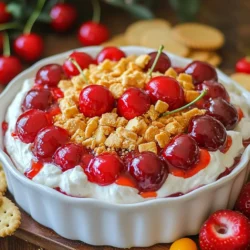 Für deinen Kirsche-Käsekuchen-Dip brauchst du folgende Dinge: - 225 g Frischkäse, weich - 125 g Puderzucker - 1 Teelöffel Vanilleextrakt - 240 ml Schlagsahne (Cool Whip) - 120 g Kirschkuchenfüllung - 30 g zerbröselte Graham-Cracker - Frische Kirschen zur Garnitur (optional) - Graham-Cracker oder Obstscheiben zum Servieren Diese Zutaten machen den Dip cremig und süß. Der Frischkäse gibt die Basis, während Puderzucker und Vanilleextrakt für den Geschmack sorgen. Die Schlagsahne sorgt für eine luftige Textur. Wenn du Frischkäse kaufst, wähle eine Marke, die frisch und cremig ist. Achte darauf, dass der Frischkäse nicht zu fest ist. Er sollte leicht zu verrühren sein. Für die Sahne ist Cool Whip eine gute Wahl. Es ist einfach und schmeckt gut. Du kannst auch frische Sahne verwenden. Schlage sie einfach selbst auf. Achte darauf, dass sie gut kalt ist. Das macht den Dip noch leckerer. Wenn du keine Graham-Cracker magst, gibt es tolle Alternativen. Du kannst Kekse wie Digestive-Biscuits oder sogar Schokoladenkekse verwenden. Sie bringen einen anderen Geschmack, der gut zu den Kirschen passt. Obstscheiben sind auch eine gute Idee. Äpfel oder Birnen passen gut. Sie sind frisch und sorgen für einen schönen Kontrast. {{ingredient_image_2}} Zuerst brauchst du einen großen Rührschüssel. Nimm 225 g weichen Frischkäse und gib ihn hinein. Mit einem elektrischen Mixer schlage den Käse glatt und cremig. Das dauert ein paar Minuten. Füge dann 125 g Puderzucker und 1 Teelöffel Vanilleextrakt hinzu. Mixe alles gut, bis die Masse gleichmäßig ist. Jetzt kommt der beste Teil: 240 ml Schlagsahne. Hebe sie vorsichtig unter die Käsemasse. So wird der Dip leicht und fluffig. Jetzt ist es Zeit, den Dip zu schichten. Nimm eine Servierschale und gib die Hälfte der Frischkäsemasse hinein. Verteile sie gleichmäßig und streiche sie glatt. Darauf kommt die Kirschkuchenfüllung. Verwende 120 g und verteile sie gleichmäßig über die erste Schicht. Danach kommt der Rest der Frischkäsemasse. Verteile ihn sorgfältig, damit die Schichten schön aussehen. Für den Extra-Crunch streue 30 g zerbröselte Graham-Cracker oben drauf. Nun musst du den Dip kühlen. Stelle die Schale für mindestens 30 Minuten in den Kühlschrank. So können sich die Aromen gut verbinden. Wenn du bereit bist, ihn zu servieren, stelle eine Auswahl an Graham-Crackern und frischen Obstscheiben daneben. Du kannst auch frische Kirschen zur Garnitur nutzen. Diese Details machen den Dip noch ansprechender. Um den Dip noch cremiger zu machen, verwenden Sie weichen Frischkäse. Lassen Sie den Frischkäse vor der Zubereitung auf Raumtemperatur kommen. Das macht es einfacher, ihn glatt zu schlagen. Fügen Sie die Schlagsahne langsam hinzu. Heben Sie sie vorsichtig unter, um die Luftigkeit zu bewahren. Diese Schritte helfen, die perfekte Konsistenz zu erreichen. Ein häufiger Fehler ist, die Zutaten zu schnell zu mischen. Nehmen Sie sich Zeit und mischen Sie alles gut. Achten Sie darauf, dass der Puderzucker gleichmäßig verteilt ist. Wenn Sie die Schlagsahne zu stark rühren, wird der Dip schwer und verliert seine fluffige Textur. Vermeiden Sie auch, den Dip zu lange im Kühlschrank zu lassen. Eine halbe Stunde reicht aus, um die Aromen zu verbinden. Die Garnitur macht viel aus! Verwenden Sie frische Kirschen oder einen leichten Schokoladensirup. Zerbröselte Graham-Cracker bringen einen tollen Crunch. Wenn Sie Obstscheiben als Beilage servieren, wählen Sie bunte Sorten. Diese Farben machen den Dip noch ansprechender. Pro Tipps Frischkäse auf Zimmertemperatur: Stellen Sie sicher, dass der Frischkäse weich und bei Zimmertemperatur ist, damit er sich leichter vermischen lässt und eine cremigere Textur entsteht. Variieren Sie die Fruchtfüllung: Experimentieren Sie mit anderen Fruchtfüllungen wie Erdbeeren oder Heidelbeeren, um den Dip nach Ihrem Geschmack anzupassen. Für zusätzlichen Crunch: Fügen Sie gehackte Nüsse oder Schokoladenstückchen zu den zerbröselten Graham-Crackern hinzu, um eine interessante Textur und zusätzlichen Geschmack zu erhalten. Vorbereitung im Voraus: Bereiten Sie den Dip einen Tag im Voraus zu und lassen Sie ihn über Nacht im Kühlschrank ruhen, damit sich die Aromen besser entfalten können. {{image_4}} Du kannst verschiedene Obstfüllungen für deinen Dip nutzen. Probiere Erdbeeren, Pfirsiche oder Himbeeren. Diese Früchte bringen neue Geschmäcker. Sie passen gut zu Frischkäse und Sahne. Du kannst auch gemischte Früchte verwenden. Das gibt deinem Dip eine bunte Note. Für eine vegane Version kannst du pflanzlichen Frischkäse nehmen. Diese Produkte sind oft cremig und lecker. Nutze auch Kokoscreme anstelle von Schlagsahne. Dadurch bleibt die Konsistenz leicht und fluffig. Achte darauf, dass deine Zutaten laktosefrei sind, wenn du Laktose vermeidest. So kannst du alle Genussmomente erleben, ohne auf Geschmack zu verzichten. Serviere deinen Dip kreativ! Nutze eine große Schüssel oder kleine Gläser. Du kannst Obstscheiben wie Äpfel oder Birnen dazu legen. Graham-Cracker sind eine tolle Basis, um den Dip zu genießen. Du kannst auch Kekse oder Brezeln verwenden. Denk daran, frische Kirschen oder einen Schokoladensirup als Garnitur zu nutzen. So sieht dein Dip noch schöner aus! Lagern Sie den Kirsche-Käsekuchen-Dip in einem luftdichten Behälter. So bleibt er frisch. Achten Sie darauf, dass der Behälter gut verschlossen ist. Das verhindert, dass Luft eindringt und den Dip austrocknet. Wenn Sie den Dip in eine Schüssel geben, decken Sie ihn fest mit Frischhaltefolie ab. Im Kühlschrank hält der Dip bis zu fünf Tage. Wenn Sie ihn länger aufbewahren, kann der Geschmack nachlassen. Es ist besser, ihn frisch zu genießen. Achten Sie darauf, vor dem Servieren zu prüfen, ob der Dip noch gut riecht und aussieht. Wenn etwas nicht stimmt, werfen Sie ihn besser weg. Resten können Sie kreativ nutzen. Fügen Sie den Dip zu Pancakes oder Waffeln hinzu. Er eignet sich auch hervorragend als Füllung für Desserts. Oder Sie verwenden ihn als Aufstrich auf Brot oder Crackern. So machen Sie das Beste aus jedem Bissen! Du kannst den Dip bis zu zwei Tage im Voraus machen. Das gibt den Aromen Zeit, sich gut zu vermischen. Stelle sicher, dass du ihn gut abdeckst, damit er frisch bleibt. Kühlung ist wichtig, also lagere ihn im Kühlschrank. Ja, frische Kirschen sind eine tolle Wahl! Sie bringen einen frischen Geschmack. Du kannst sie klein schneiden und direkt in die Käsemasse geben. Die frischen Kirschen geben einen tollen Kontrast zur cremigen Textur des Dips. Dieser Dip passt gut zu vielen Snacks. Du kannst ihn mit Graham-Crackern, Obstscheiben oder sogar Keksen servieren. Auch salzige Snacks wie Brezeln sind eine gute Wahl. Die Kombination aus süß und salzig macht es besonders lecker! Der Kirsche-Käsekuchen-Dip ist ein einfacher und leckerer Genuss. Wir haben die besten Zutaten und Tipps behandelt, um ihn perfekt zuzubereiten. Du weißt jetzt, wie du cremige Schichten anrichten und ihn schön präsentieren kannst. Vergiss nicht, die Aufbewahrungstipps zu beachten, damit du keinen Rest verschwenden musst. Du kannst auch mit verschiedenen Obstfüllungen und veganen Varianten experimentieren. Mach diesen Dip bei deinem nächsten Treffen und beeindrucke deine Gäste!