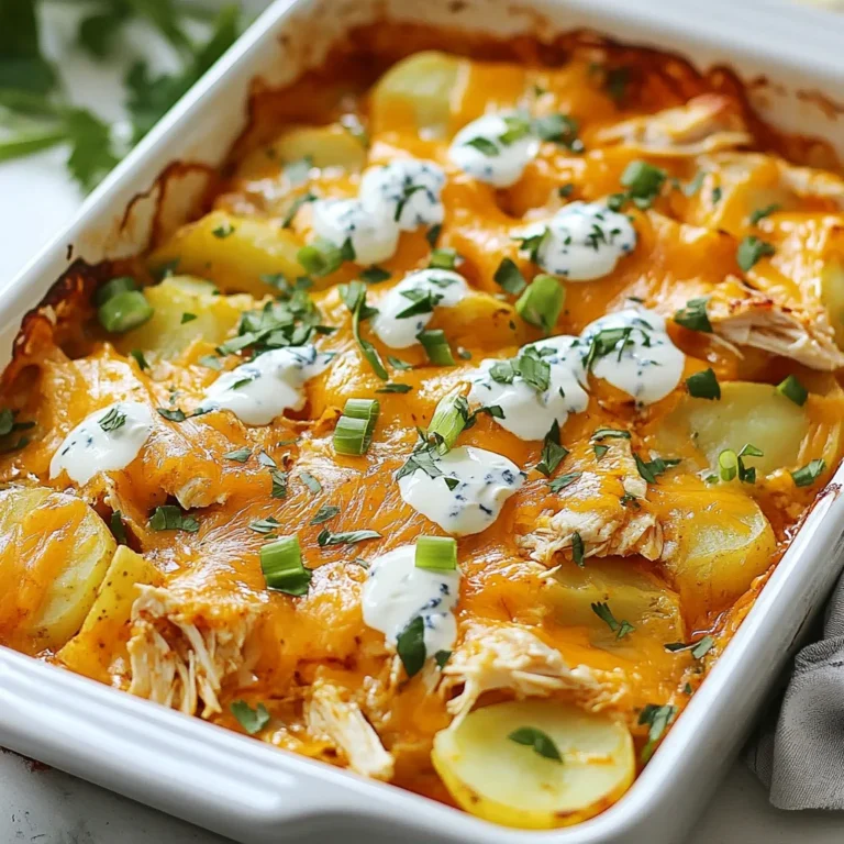 Für die Buffalo Chicken Potato Bake brauchst du: - 4 mittelgroße Russet-Kartoffeln, gewürfelt - 2 Tassen gekochtes Hühnchen, zerrupft - 1/2 Tasse Buffalo-Sauce (nach Geschmack anpassen) - 1 Tasse Cheddar-Käse, gerieben - 1/2 Tasse Blauschimmelkäse-Brösel - 1/2 Tasse saure Sahne - 1/4 Tasse Frühlingszwiebeln, in Scheiben geschnitten - 2 Esslöffel Olivenöl - Salz und Pfeffer nach Geschmack - Frische Petersilie zum Garnieren Diese Zutaten sind einfach zu finden. Sie bringen den tollen Geschmack in dein Gericht. Hilfreiches Zubehör macht das Kochen leichter. Hier sind einige Vorschläge: - Ein großer Topf für die Kartoffeln - Eine Rührschüssel für das Hühnchen - Eine große Auflaufform für das Backen - Ein Schneidebrett und ein scharfes Messer Mit diesem Zubehör bist du gut ausgerüstet. So wird die Zubereitung schneller und einfacher. Zusätzlich zu den Hauptzutaten kannst du noch mehr Geschmack hinzufügen. Probiere diese Gewürze und Saucen aus: - Paprikapulver für einen rauchigen Geschmack - Knoblauchpulver für mehr Tiefe - Frisch gehackte Kräuter wie Thymian oder Oregano - Extra Buffalo-Sauce für mehr Schärfe Diese Optionen passen gut zu deinem Gericht. Sie geben dir die Möglichkeit, das Rezept nach deinem Geschmack zu ändern. {{ingredient_image_2}} Heize deinen Ofen auf 200°C vor. Das sorgt dafür, dass dein Auflauf gleichmäßig gart. In einem großen Topf bringst du Wasser zum Kochen. Füge eine Prise Salz hinzu. Wenn das Wasser kocht, gib die gewürfelten Kartoffeln hinein. Koche die Kartoffeln für etwa 10 bis 12 Minuten. Sie sollten weich sein, wenn du sie mit einer Gabel anstichst. Gieße die Kartoffeln ab und stelle sie beiseite. Nimm eine große Rührschüssel. Füge das zerrupfte Hühnchen hinzu. Gieße die Buffalo-Sauce darüber. Rühre alles gut um, bis das Hühnchen gleichmäßig mit der Sauce bedeckt ist. Du kannst die Menge der Sauce nach deinem Geschmack anpassen. Wenn du es schärfer magst, füge mehr hinzu. Nimm eine große Auflaufform und verteile das Olivenöl gleichmäßig darin. Lege die gekochten Kartoffeln in die Form. Würze sie mit Salz und Pfeffer. Jetzt kommt die Buffalo-Hühnchen-Mischung darauf. Verteile sie gleichmäßig. Streue den geriebenen Cheddar-Käse und die Blauschimmelkäse-Brösel darüber. Das wird köstlich schmelzen. Schiebe die Form in den vorgeheizten Ofen. Backe alles für 20 bis 25 Minuten. Der Käse sollte goldbraun und sprudelnd sein. Nimm den Auflauf heraus und lass ihn etwa 5 Minuten abkühlen. Träufle die saure Sahne darüber. Dekoriere das Gericht mit den geschnittenen Frühlingszwiebeln und frischer Petersilie. Jetzt ist dein Buffalo Chicken Potato Bake bereit zum Servieren! Um die besten Kartoffeln zu bekommen, wähle Russet-Kartoffeln. Sie haben die richtige Stärke. Koche die gewürfelten Kartoffeln für 10-12 Minuten in Salzwasser. Sie sollten weich, aber nicht matschig sein. Nach dem Abgießen solltest du sie gut abtropfen lassen. So bleiben sie beim Backen knusprig. Ein kleiner Trick: Füge etwas Öl zu den Kartoffeln hinzu, bevor du sie in die Auflaufform gibst. Das hilft, eine schöne Kruste zu bilden. Käse macht alles besser! Cheddar gibt einen kräftigen und würzigen Geschmack. Blauschimmelkäse bringt eine tolle Cremigkeit und einen scharfen Kick. Wenn du etwas Mildes willst, kann Mozzarella auch gut passen. Probiere auch Gouda oder Monterey Jack. Denke daran, dass die Käsemenge den Geschmack stark beeinflusst. Mehr Käse bedeutet mehr Geschmack, aber auch mehr Fett. Finde die richtige Balance für deinen Geschmack. Die Garnierung macht das Gericht lebendig! Frische Petersilie bringt Farbe und Frische. Frühlingszwiebeln geben einen schönen Crunch und eine leichte Schärfe. Du kannst auch etwas gehackte Paprika oder Oliven hinzufügen. Ein Spritzer frischer Limette kann den Geschmack aufpeppen. Serviere die Buffalo Chicken Potato Bake direkt aus der Auflaufform. Das sieht rustikal und einladend aus. Vergiss nicht, etwas Buffalo-Sauce an die Seite zu stellen. So können deine Gäste nach Belieben nachwürzen. Pro Tipps Würze die Kartoffeln: Füge den gewürfelten Kartoffeln vor dem Backen etwas Knoblauchpulver oder Paprika hinzu, um zusätzlichen Geschmack zu erzeugen. Variiere die Käsesorten: Experimentiere mit verschiedenen Käsesorten wie Monterey Jack oder Gouda für eine neue Geschmackskombination. Schichte kreativ: Für eine ansprechendere Präsentation kannst du die Zutaten in Schichten anordnen, anstatt sie einfach zu vermischen. Buffalo-Sauce nach Geschmack: Die Menge der Buffalo-Sauce kann je nach gewünschter Schärfe angepasst werden, also taste dich langsam heran. {{image_4}} Um die Buffalo Chicken Potato Bake vegetarisch zu machen, ersetze das Hühnchen. Du kannst gekochte Kichererbsen oder Tofu verwenden. Beide Optionen bringen viel Protein. Mische sie mit Buffalo-Sauce, um den gleichen Geschmack zu erzielen. Verwende auch geräucherten Käse für zusätzlichen Geschmack. Du wirst überrascht sein, wie lecker diese Version ist! Die Schärfe der Buffalo-Sauce ist wichtig. Du kannst sie nach deinem Geschmack anpassen. Für weniger Schärfe, verwende weniger Sauce oder mische sie mit etwas Frischkäse. Wenn du mehr Schärfe willst, füge scharfe Paprika oder Chili hinzu. Schmecke die Mischung immer ab, um sicherzustellen, dass sie dir gefällt. So kontrollierst du die Schärfe ganz einfach. Für die perfekte Mahlzeit, serviere Beilagen, die gut dazu passen. Ein frischer grüner Salat bringt Farbe und Frische. Auch Karotten- und Selleriesticks sind toll. Sie passen gut zur Schärfe des Auflaufs. Eine Portion Guacamole oder Dip macht das Essen noch besser. Diese Beilagen runden das Gericht ab und machen es noch leckerer! Du kannst die Reste der Buffalo Chicken Potato Bake einfach lagern. Lass das Gericht zuerst abkühlen. Danach packe die Reste in einen luftdichten Behälter. Achte darauf, dass keine Luft eindringt. So bleibt der Geschmack frisch. Du kannst das Gericht bis zu drei Tage im Kühlschrank aufbewahren. Um die Buffalo Chicken Potato Bake wieder aufzuwärmen, nutze den Ofen. Heize den Ofen auf 180°C vor. Lege die Reste in eine Auflaufform. Decke die Form mit Aluminiumfolie ab. So wird das Gericht gleichmäßig warm und bleibt saftig. Backe es für etwa 15-20 Minuten. Überprüfe, ob der Käse wieder schön schmilzt. Im Kühlschrank bleibt die Buffalo Chicken Potato Bake drei Tage frisch. Wenn du sie länger aufbewahren möchtest, friere sie ein. In einem luftdichten Behälter hält sie sich bis zu drei Monate im Gefrierfach. Beim Auftauen ist es am besten, die Reste über Nacht im Kühlschrank zu lassen. So bleibt die Qualität am besten erhalten. Um Buffalo-Sauce selbst zu machen, brauchst du wenige Zutaten. Mische 1/2 Tasse scharfe Sauce, 1/4 Tasse Butter und einen Spritzer Zitronensaft. Erhitze alles in einem kleinen Topf. Rühre gut um, bis die Mischung gleichmäßig ist. Du kannst die Schärfe nach deinem Geschmack anpassen. Magst du es schärfer? Füge einfach mehr scharfe Sauce hinzu! Ja, dieses Rezept ist glutenfrei, wenn du glutenfreie Buffalo-Sauce verwendest. Die anderen Zutaten wie Kartoffeln, Hühnchen, Käse und saure Sahne sind von Natur aus glutenfrei. Achte beim Kauf der Sauce darauf, dass sie kein Gluten enthält. So kannst du sicher genießen! Ja, du kannst das Hühnchen im Voraus zubereiten. Koche und zerrupfe das Hühnchen einen Tag vorher. Lagere es in einem luftdichten Behälter im Kühlschrank. Wenn du bereit bist, das Gericht zu backen, vermenge das Hühnchen einfach mit der Buffalo-Sauce. So sparst du Zeit und kannst das Rezept schneller umsetzen! In diesem Artikel haben wir die wichtigsten Zutaten und Schritte für ein köstliches Buffalo Chicken Potato Bake vorgestellt. Du hast Tipps für perfekte Kartoffeln und spannende Variationen kennengelernt. Denke auch an die Aufbewahrung der Reste, damit alles frisch bleibt. Experimentiere mit Gewürzen und Beilagen, um das Gericht ganz nach deinem Geschmack zu gestalten. Diese einfache Anleitung wird dir helfen, ein leckeres Gericht zu zaubern. Viel Spaß beim Ausprobieren und Genießen!