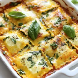 Für diesen leckeren Auflauf brauchst du: - 340 g Käse-Ravioli (frisch oder tiefgefroren) - 2 Tassen frischer Spinat, grob gehackt - 250 g Ricotta-Käse - 100 g geriebener Mozzarella-Käse - 50 g geriebener Parmesan-Käse - 240 ml Marinara-Sauce - 1/2 TL Knoblauchpulver - 1/2 TL Zwiebelpulver - 1/2 TL rote Pfefferflocken (optional) - Salz und Pfeffer nach Geschmack - Olivenöl zum Beträufeln - Frische Basilikumblätter zur Dekoration Wenn du frische Ravioli wählst, achte darauf, dass sie fest und nicht matschig sind. Sie sollten gut gefüllt sein. Frische Ravioli kochen schnell, normalerweise nur wenige Minuten. Tiefgefrorene Ravioli sind praktisch und können direkt in kochendes Wasser. Sie brauchen etwas mehr Zeit, etwa 3-4 Minuten, bis sie weich sind. Beide Optionen schmecken gut, also wähle, was du magst. Für den besten Geschmack sind hochwertige Käsesorten wichtig. Ricotta-Käse sollte frisch und cremig sein. Mozzarella gibt dem Gericht einen tollen Schmelz. Parmesan bringt einen kräftigen Geschmack. Du kannst auch andere Käsesorten ausprobieren, wie Gouda oder Fontina, um neue Geschmäcker zu entdecken. Achte darauf, geriebenen Käse zu verwenden, da er sich besser verteilt und schneller schmilzt. {{ingredient_image_2}} Heize deinen Ofen auf 190°C vor. Wenn du frische Ravioli verwendest, koche sie gemäß der Verpackung. Die Ravioli sollten al dente sein. Bei tiefgefrorenen Ravioli koche sie 3-4 Minuten. Sie sollten weich, aber nicht zerfallen. Gieße die Ravioli ab und stelle sie beiseite. Nimm eine große Schüssel. Gib den grob gehackten Spinat hinein. Füge den Ricotta-Käse hinzu. Streue das Knoblauchpulver und das Zwiebelpulver darüber. Würze mit Salz und Pfeffer. Mische alles gut. Die Füllung soll gleichmäßig und cremig sein. Greife eine gefettete Auflaufform. Verteile eine dünne Schicht Marinara-Sauce am Boden. Lege die Hälfte der gekochten Ravioli darauf. Dann kommt die Hälfte der Spinatfüllung. Streue die Hälfte des Mozzarella und Parmesan darüber. Wiederhole die Schichten mit den restlichen Ravioli und Füllung. Bedecke das Ganze mit der restlichen Marinara-Sauce. Streue den restlichen Käse oben drauf. Wenn du magst, füge rote Pfefferflocken hinzu. Träufle etwas Olivenöl über das Gericht. Decke die Form mit Aluminiumfolie ab. Backe den Auflauf 20 Minuten. Dann nimm die Folie ab und backe weitere 10-15 Minuten. Der Käse sollte sprudelnd und goldbraun sein. Lass den Auflauf einige Minuten abkühlen. Garniere ihn mit frischen Basilikumblättern. Um die beste Käsekruste zu erreichen, verwenden Sie frischen Mozzarella und Parmesan. Diese Käsesorten schmelzen gut und bilden eine goldene, knusprige Schicht. Streuen Sie die Käsesorten gleichmäßig über die Schichten, damit sie gut schmelzen. Ein kleiner Trick: Fügen Sie etwas Olivenöl über den Käse hinzu. Das macht die Kruste noch knuspriger. Frischer Spinat hat einen helleren Geschmack und mehr Textur. Wenn Sie frischen Spinat verwenden, waschen Sie ihn gründlich und hacken Sie ihn grob. Gefrorener Spinat ist praktisch und bereits vorgekocht. Lassen Sie ihn auftauen und drücken Sie das Wasser gut aus, bevor Sie ihn verwenden. Beide Optionen sind lecker, also wählen Sie, was Ihnen besser gefällt! Für eine vegetarische Version verwenden Sie einfach die Zutaten wie im Rezept. Achten Sie darauf, dass die Ravioli auch vegetarisch sind. Für eine glutenfreie Version wählen Sie glutenfreie Ravioli. Es gibt viele Marken, die diese anbieten. Achten Sie beim Kauf auf die Zutatenliste. So können Sie alle den köstlichen Auflauf genießen! Pro Tipps Frische Zutaten verwenden: Verwenden Sie frischen Spinat und Qualitätskäse für den besten Geschmack und eine cremige Textur. Ravioli nicht überkochen: Achten Sie darauf, die Ravioli nur bis al dente zu kochen, da sie beim Backen weiter garen. Verschiedene Käsesorten ausprobieren: Experimentieren Sie mit verschiedenen Käsesorten wie Feta oder Gouda, um neue Geschmacksrichtungen zu entdecken. Vor dem Servieren ruhen lassen: Lassen Sie den Auflauf nach dem Backen einige Minuten ruhen, damit sich die Aromen setzen können und der Auflauf leichter zu schneiden ist. {{image_4}} Um den cremigen Ricotta-Spinat-Ravioli-Auflauf noch leckerer zu machen, können Sie zusätzliche Zutaten hinzufügen. Pilze sind eine großartige Wahl, da sie einen herzhaften Geschmack bringen. Sie können frische Champignons oder sogar Portobello-Pilze verwenden. Schneiden Sie die Pilze in Scheiben und braten Sie sie kurz an, bevor Sie sie in den Auflauf geben. Eine weitere leckere Option sind Artischockenherzen. Diese geben dem Gericht eine besondere Note. Sie können eingelegte oder frische Artischocken verwenden. Fügen Sie sie einfach zur Spinatfüllung hinzu. Diese Zutaten verleihen dem Gericht mehr Textur und Geschmack. Wenn Sie die Marinara-Sauce ändern möchten, probieren Sie eine einfache Sahnesauce. Eine Mischung aus Sahne und etwas Parmesan sorgt für einen reichhaltigen Geschmack. Fügen Sie auch etwas Zitronensaft hinzu, um Frische zu bringen. Eine andere Option ist die Verwendung von Pesto. Pesto verleiht dem Auflauf ein sehr aromatisches Profil. Es passt perfekt zu Spinat und Ricotta. Sie können auch eine rote Sauce auf Tomatenbasis verwenden, um einen anderen Geschmack zu erzielen. Die Wahl der Gewürze kann den Auflauf stark verändern. Versuchen Sie, italienische Kräuter wie Oregano oder Thymian hinzuzufügen. Diese Kräuter bringen einen klassischen Geschmack in Ihr Gericht. Für eine würzige Note können Sie auch Paprika oder Cayennepfeffer verwenden. Diese bringen etwas Schärfe mit sich. Frische Kräuter wie Basilikum oder Petersilie sind ebenfalls tolle Ergänzungen. Streuen Sie sie vor dem Servieren über den Auflauf für mehr Frische und Aroma. Um den Auflauf richtig zu lagern, lassen Sie ihn zuerst abkühlen. Verwenden Sie einen luftdichten Behälter. Lagern Sie den Auflauf im Kühlschrank. Er bleibt dort bis zu drei Tage frisch. Achten Sie darauf, die Oberfläche gut abzudecken, um Austrocknen zu vermeiden. Wenn Sie den Auflauf aufwärmen, nutzen Sie den Ofen. Heizen Sie ihn auf 180°C vor. Decken Sie den Auflauf mit Aluminiumfolie ab. So bleibt die Feuchtigkeit erhalten. Backen Sie ihn etwa 20 Minuten lang, bis er heiß ist. Sie können auch die Mikrowelle verwenden, aber der Ofen gibt bessere Ergebnisse. Um Reste einzufrieren, schneiden Sie den Auflauf in Portionen. Wickeln Sie jede Portion in Frischhaltefolie. Legen Sie die Portionen in einen gefrierfesten Behälter oder einen Beutel. Beschriften Sie den Behälter mit Datum und Inhalt. So bleibt der Auflauf bis zu drei Monate haltbar. Zum Auftauen legen Sie ihn einfach über Nacht in den Kühlschrank. Der Auflauf braucht insgesamt etwa 50 Minuten. Die Vorbereitungszeit ist 15 Minuten. Das Backen dauert 35 Minuten. Währenddessen wird der Käse schön goldbraun. Es ist wichtig, den Auflauf nach dem Backen etwas abkühlen zu lassen. So kann er sich setzen und ist einfacher zu schneiden. Ja, du kannst andere Füllungen verwenden! Du könntest Ravioli mit Pilzen, Käse oder sogar Fleisch nehmen. Jede Füllung bringt ihren eigenen Geschmack. Achte darauf, die Füllungen gut mit dem Spinat und Ricotta zu kombinieren. So bleibt das Gericht lecker und cremig. Du kannst frischen Salat oder geröstetes Brot servieren. Ein einfacher grüner Salat passt gut dazu. Das Brot hilft, die köstliche Sauce aufzutunken. Du kannst auch einen leichten Weißwein dazu genießen. So wird das Essen noch besser! Dieser Artikel hat Ihnen gezeigt, wie Sie einen leckeren Rezept für Ravioli-Auflauf zubereiten können. Sie haben gelernt, welche Zutaten am besten sind, und wie Sie diese Schritt für Schritt kombinieren. Außerdem gab es Tipps für unterschiedliche Variationen und Lagerung. Das Wichtigste ist, dass Sie Spaß beim Kochen haben. Experimentieren Sie mit Zutaten und finden Sie Ihre beste Mischung. Genießen Sie jeden Bissen und freuen Sie sich auf das nächste Mal.