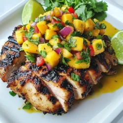 Für dieses leckere Gericht benötigen Sie: - 4 Hähnchenschenkel, ohne Knochen und Haut - 2 reife Mangos, gewürfelt - 1 kleine rote Zwiebel, fein gehackt - 1 rote Paprika, gewürfelt - 1 Jalapeño, entkernt und fein gehackt (nach Geschmack anpassen) - 1/4 Tasse frischer Koriander, gehackt - 2 Esslöffel Limettensaft - 1 Esslöffel Olivenöl - 1 Teelöffel gemahlener Kreuzkümmel - Salz und Pfeffer nach Geschmack Die wichtigsten Zutaten sind Hähnchen und Mangos. Das Hähnchen gibt das Protein und die Mangos bringen Süße. Außerdem brauchen wir Zwiebeln für den Geschmack und Paprika für Farbe. Jalapeños fügen Schärfe hinzu. Koriander bringt Frische und Limettensaft sorgt für Säure. Kreuzkümmel rundet das Gericht ab. Diese Zutaten machen das Gericht zu einem Genuss. Achten Sie beim Einkaufen auf die Qualität der Zutaten. Wählen Sie reife Mangos. Sie sollten leicht drücken, aber nicht matschig sein. Frische Zwiebeln sollten fest und ohne Flecken sein. Wählen Sie Paprika mit glatter Haut. Die Jalapeños sollten fest und grün sein. Frischer Koriander sollte hellgrün und knackig sein. Kaufen Sie Olivenöl von guter Qualität für den besten Geschmack. {{ingredient_image_2}} Heize deinen Grill oder die Grillpfanne auf mittelhohe Hitze vor. Stelle sicher, dass die Grillfläche sauber ist. Ein sauberer Grill sorgt für gute Grillmarkierungen und verhindert, dass das Hähnchen kleben bleibt. Wenn du eine Grillpfanne verwendest, füge etwas Öl hinzu, um das Ankleben zu vermeiden. Nimm die Hähnchenschenkel und lege sie in eine Schüssel. Mische in einer kleinen Schüssel das Olivenöl, gemahlenen Kreuzkümmel, Salz und Pfeffer. Reibe diese Mischung gleichmäßig auf die Hähnchenschenkel. Lass sie mindestens 10 Minuten marinieren. So ziehen die Aromen gut ein. Lege die Hähnchenschenkel auf den Grill. Grill sie etwa 6–7 Minuten auf jeder Seite. Prüfe die Innentemperatur mit einem Fleischthermometer. Sie sollte 165°F (75°C) erreichen. Nimm das Hähnchen nach dem Grillen vom Grill und lass es ein paar Minuten ruhen. Während das Hähnchen ruht, bereite die Mangosalsa vor. Kombiniere in einer mittelgroßen Schüssel die gewürfelten Mangos, rote Zwiebel, rote Paprika, Jalapeño, Koriander und Limettensaft. Rühre vorsichtig um. Schmecke die Salsa mit einer Prise Salz ab. Schneide die gegrillten Hähnchenschenkel in Scheiben. Serviere sie auf einem Teller, großzügig mit der Mangosalsa garniert. Um Hähnchen perfekt zu grillen, heize deinen Grill auf mittelhohe Hitze vor. Reibe die Hähnchenschenkel mit einer Mischung aus Olivenöl, Kreuzkümmel, Salz und Pfeffer ein. Das gibt Geschmack und hilft, das Hähnchen saftig zu halten. Grill die Hähnchenschenkel für 6–7 Minuten pro Seite. Überprüfe die Innentemperatur. Sie sollte 165°F (75°C) erreichen. Lass das Hähnchen nach dem Grillen ruhen. So bleibt der Saft im Fleisch. Die Mangosalsa ist sehr anpassbar. Wenn du es schärfer magst, füge mehr Jalapeño hinzu. Für eine fruchtige Note, probiere Ananas oder Paprika. Füge auch andere Kräuter hinzu, wie Minze oder Petersilie. Der Limettensaft bringt Frische. Verwende mehr oder weniger, je nach Vorliebe. Probiere die Salsa und passe sie deinem Geschmack an. Das macht das Gericht einzigartig. Zu Mango Salsa Chicken passen viele Beilagen. Reis ist einfach und lecker. Quinoa ist eine gesunde Option. Du kannst auch Tortillas oder Salat servieren. Für ein frisches Gefühl, bereite einen grünen Salat mit Avocado und Limette zu. Ein fruchtiger Couscous-Salat ergänzt die Aromen gut. Diese Beilagen machen dein Essen bunt und reichhaltig. Pro Tipps Hähnchen marinieren: Lassen Sie das Hähnchen mindestens 30 Minuten in der Gewürzmischung marinieren, um die Aromen zu intensivieren. Mangos auswählen: Wählen Sie reife, saftige Mangos für die Salsa, um den besten Geschmack und die optimale Süße zu erzielen. Temperatur überprüfen: Nutzen Sie ein Fleischthermometer, um sicherzustellen, dass das Hähnchen die sichere Innentemperatur von 165°F (75°C) erreicht hat. Salsa anpassen: Passen Sie die Schärfe der Salsa an, indem Sie mehr oder weniger Jalapeño verwenden, je nach Vorliebe und gewünschtem Schärfegrad. {{image_4}} Für die Mangosalsa können Sie viele Zutaten verwenden. Wenn Sie keinen Koriander mögen, probieren Sie Petersilie. Für mehr Frische können Sie auch Limettenzesten hinzufügen. Wenn Sie es schärfer wollen, fügen Sie mehr Jalapeño hinzu. Paprika gibt Farbe und Süße. Versuchen Sie auch Ananas oder Papaya für eine andere Fruchtnote. Sie können das Hähnchen auch im Ofen zubereiten. Heizen Sie den Ofen auf 200 Grad Celsius vor. Legen Sie die Hähnchenschenkel in eine Auflaufform. Reiben Sie sie mit der Gewürzmischung ein. Backen Sie das Hähnchen 25 bis 30 Minuten. Überprüfen Sie die Temperatur, bis sie 75 Grad Celsius erreicht. Die Mangosalsa bleibt gleich. Marinaden sind wichtig für den Geschmack. Eine einfache Marinade besteht aus Olivenöl, Limettensaft und Gewürzen. Versuchen Sie auch Joghurt für eine cremige Marinade. Kombinieren Sie Sojasauce, Knoblauch und Ingwer für einen asiatischen Touch. Lassen Sie das Hähnchen mindestens eine Stunde marinieren. So wird das Fleisch zart und voller Geschmack. Wenn du Hähnchen übrig hast, lass es zuerst abkühlen. Danach lege es in einen luftdichten Behälter. So bleibt das Fleisch frisch. Du kannst das Hähnchen auch in Portionen aufteilen. Auf diese Weise hast du schnell eine Mahlzeit bereit. Richtig gelagertes Hähnchen hält sich im Kühlschrank bis zu drei Tage. Die Mangosalsa solltest du ebenfalls in einem luftdichten Behälter aufbewahren. Achte darauf, dass die Salsa gut abgedeckt ist. So bleibt sie frisch und lecker. Im Kühlschrank ist die Salsa bis zu zwei Tage haltbar. Wenn du die Salsa länger aufbewahren möchtest, friere sie ein. Frische Zutaten sind wichtig für den Geschmack. Mangos sind etwa eine Woche haltbar, wenn du sie im Kühlschrank lagerst. Die rote Zwiebel und die Jalapeños halten sich länger, bis zu zwei Wochen. Verwende frische Kräuter, um die beste Qualität zu haben. Koriander sollte innerhalb von fünf Tagen verbraucht werden. Um die Schärfe deiner Salsa zu ändern, achte auf die Jalapeños. Wenn du es milder magst, entferne alle Kerne. Möchtest du mehr Schärfe, benutze mehr Jalapeños oder auch andere scharfe Chilis. Du kannst auch frische oder getrocknete Chiliflocken hinzufügen. Probiere einfach, bis es dir gefällt. Ja, gefrorene Mangos sind eine gute Wahl. Sie sind oft reif und süß, was gut für die Salsa ist. Achte darauf, sie vorher aufzutauen. So kannst du sie leichter schneiden und mischen. Frische Mangos sind ideal, aber gefrorene sind eine tolle Alternative. Wenn du das Hähnchen im Ofen zubereitest, heize ihn auf 190 °C vor. Lege das Hähnchen in eine Auflaufform und backe es etwa 25–30 Minuten. Die Innentemperatur sollte 75 °C erreichen. Verwende ein Fleischthermometer zur genauen Messung. So gelingt dir das Hähnchen perfekt. In diesem Blogbeitrag haben wir Schritt für Schritt gelernt, wie man Hähnchenschenkel grillt und Mangosalsa zubereitet. Wir haben die besten Zutaten entdeckt, Tipps für frische Zutaten erhalten und wertvolle Tricks zum Grillen geteilt. Variationen und Lagerung waren ebenfalls wichtig. Schließlich kannst du die Schärfe der Salsa anpassen und auch gefrorene Mangos verwenden. Ich hoffe, du probierst diese Rezepte aus und genießt die leckeren Ergebnisse!