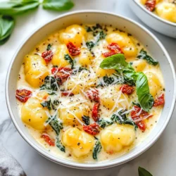 - 1 Packung (500 g) Gnocchi - 1 Tasse getrocknete Tomaten, grob gehackt - 1 Tasse Sahne - 1 Tasse frischer Spinat, grob gehackt Die Hauptzutaten sind einfach und gut zu finden. Gnocchi sind weich und passen gut zur Sahnesoße. Getrocknete Tomaten geben viel Geschmack. Frischer Spinat bringt Farbe und Nährstoffe. Sahne macht alles schön cremig. - 1 kleine Zwiebel, fein gehackt - 2 Knoblauchzehen, gehackt - 1/2 Tasse frisch geriebener Parmesan - 2 Esslöffel Olivenöl - Salz und Pfeffer nach Geschmack Die weiteren Zutaten sind wichtig für den Geschmack. Zwiebel und Knoblauch geben ein tolles Aroma. Parmesan macht die Soße noch reichhaltiger. Olivenöl sorgt für die richtige Bräunung. Mit Salz und Pfeffer rundest du alles ab. Jede Zutat spielt eine große Rolle. Wenn du sie alle zusammenbringst, entsteht ein leckeres Gericht. So einfach kann es sein, Gnocchi zu einem Festmahl zu machen! {{ingredient_image_2}} Um die Gnocchi perfekt zu kochen, bringen Sie einen großen Topf mit gesalzenem Wasser zum Kochen. Geben Sie die Gnocchi hinein. Kochen Sie sie, bis sie an die Oberfläche schwimmen. Das zeigt, dass sie fertig sind. Gießen Sie die Gnocchi dann in ein Sieb ab. Lassen Sie sie gut abtropfen, damit sie nicht wässrig werden. Erhitzen Sie 2 Esslöffel Olivenöl in einer großen Pfanne bei mittlerer Hitze. Fügen Sie die fein gehackte Zwiebel hinzu. Braten Sie sie für etwa 3-4 Minuten an, bis sie weich ist. Dann kommt der gehackte Knoblauch dazu. Braten Sie den Knoblauch für eine weitere Minute an. So entfalten sich die Aromen gut. Achten Sie darauf, dass der Knoblauch nicht verbrennt, da er sonst bitter wird. Jetzt fügen Sie die grob gehackten getrockneten Tomaten hinzu. Rühren Sie sie für 2 Minuten mit. So verbinden sich die Aromen gut. Gießen Sie nun die Sahne in die Pfanne. Lassen Sie die Mischung bei schwacher Hitze 4-5 Minuten köcheln. Rühren Sie dabei gelegentlich um, bis die Soße leicht eindickt. Dann geben Sie den grob gehackten Spinat in die Soße. Kochen Sie weiter, bis der Spinat zusammengefallen ist. Rühren Sie den frisch geriebenen Parmesan ein, bis er geschmolzen ist. Schmecken Sie mit Salz und Pfeffer ab. - Auswahl der besten Gnocchi: Wählen Sie frische oder gefrorene Gnocchi. Achten Sie darauf, dass sie weich und leicht sind. Die besten Gnocchi haben eine glatte Oberfläche. - Tipps für die Textur: Kochen Sie die Gnocchi nicht zu lange. Wenn sie an die Oberfläche schwimmen, sind sie fertig. So bleiben sie weich und fluffig. - Alternative Zutaten: Sie können auch getrocknete Pilze oder Artischocken verwenden. Diese sorgen für neuen Geschmack und Vielfalt. - Anpassungen für verschiedene Geschmäcker: Fügen Sie Chili für Schärfe oder Kapern für einen salzigen Kick hinzu. Experimentieren Sie mit Kräutern wie Oregano oder Thymian. - Ideen für die Präsentation: Servieren Sie die Gnocchi in tiefen Tellern. Garnieren Sie mit frisch geriebenem Parmesan und Basilikum. Das sieht frisch und einladend aus. - Beilagenempfehlungen: Ein einfacher grüner Salat passt gut dazu. Auch knuspriges Brot eignet sich hervorragend zum Eintunken in die Soße. Pro Tipps Gnocchi richtig kochen: Achten Sie darauf, die Gnocchi nur in leicht sprudelndem Wasser zu kochen, um ein Zerfallen zu vermeiden. Sobald sie an die Oberfläche schwimmen, sind sie fertig. Sahne nicht überhitzen: Lassen Sie die Sahne bei niedriger Hitze köcheln, um ein Gerinnen zu verhindern. So bleibt die Sauce schön cremig. Frische Kräuter verwenden: Garnieren Sie das Gericht mit frischem Basilikum kurz vor dem Servieren, damit die Aromen optimal zur Geltung kommen. Variationen ausprobieren: Fügen Sie zusätzliches Gemüse wie Zucchini oder Pilze hinzu, um das Gericht abwechslungsreicher und gesünder zu gestalten. {{image_4}} Wenn du eine pflanzliche Version der cremigen Gnocchi möchtest, gibt es tolle Optionen. Du kannst pflanzliche Sahne verwenden. Diese ist oft aus Soja oder Hafer. Für den Käse empfehle ich, veganen Parmesan zu nutzen. Achte darauf, dass der Käse gut schmilzt, um die cremige Textur zu erhalten. So bleibt der Geschmack lecker und die Gnocchi bleiben schön cremig. Für Fleischliebhaber gibt es viele Möglichkeiten. Du kannst gebratenes Hähnchen hinzufügen. Einfach das Hähnchen in Würfel schneiden und anbraten, bevor du die Zwiebel hinzufügst. Speck ist auch eine tolle Ergänzung. Er gibt einen rauchigen Geschmack. Brate den Speck zuerst an, und nimm ihn dann heraus, bevor du die anderen Zutaten hinzufügst. So bleibt der Speck knusprig und bringt einen tollen Crunch. Wenn du Gluten vermeiden musst, gibt es eine gute Lösung: glutenfreie Gnocchi. Diese sind oft aus Kartoffeln oder Reis gemacht. Achte darauf, die Kochanleitung auf der Packung zu lesen. Sie können sich in der Kochzeit unterscheiden. So bleiben die Gnocchi weich und lecker. Du wirst den Unterschied kaum merken! Lagere die cremigen Gnocchi in einem luftdichten Behälter im Kühlschrank. So bleiben sie frisch. Stelle sicher, dass die Gnocchi vollständig abgekühlt sind, bevor du sie in den Kühlschrank gibst. Diese Methode erhält den Geschmack und die Textur. Die Gnocchi sind im Kühlschrank bis zu drei Tage haltbar. Um die Gnocchi einzufrieren, lasse sie zuerst abkühlen. Teile sie in Portionen auf und lege sie in einen gefrierfesten Beutel. Drücke die Luft heraus, bevor du den Beutel schließt. So bleiben sie bis zu drei Monate frisch. Zum Auftauen lege die Gnocchi einfach über Nacht in den Kühlschrank. Du kannst sie auch direkt in eine Pfanne mit Soße geben. So erwärmen sie sich beim Kochen. Die Haltbarkeit der Gnocchi hängt von der Lagerung ab. Im Kühlschrank sind sie drei Tage gut. Im Gefrierfach bleiben sie bis zu drei Monate frisch. Achte auf Anzeichen von Verderb. Wenn die Gnocchi einen seltsamen Geruch haben oder die Textur sich verändert, entsorge sie. Die Zubereitung dieser cremigen Gnocchi dauert nur 10 Minuten. Die Gesamtzeit, inklusive Kochen und Anrichten, beträgt etwa 25 Minuten. Das macht dieses Gericht perfekt für ein schnelles Abendessen. Sie können in wenigen Schritten eine köstliche Mahlzeit zubereiten. Ja, Sie können frische Tomaten verwenden. Schneiden Sie die frischen Tomaten klein und braten Sie sie zusammen mit der Zwiebel und dem Knoblauch an. Diese frischen Tomaten geben einen anderen Geschmack, sind aber auch sehr lecker. Sie brauchen etwa 2-3 frische Tomaten, um die Menge der getrockneten Tomaten zu ersetzen. Achten Sie darauf, die Flüssigkeit der frischen Tomaten zu reduzieren, damit die Soße nicht zu wässrig wird. Das Rezept ergibt etwa 4 Portionen. Wenn Sie mehr Gäste haben oder einfach mehr essen möchten, können Sie die Menge einfach verdoppeln. Es ist einfach, die Zutaten zu skalieren. Achten Sie darauf, die Kochzeit nicht zu verändern, wenn Sie die Mengen erhöhen. So bleibt das Gericht immer lecker und frisch. Diese Anleitung zeigt, wie man cremige Gnocchi mit getrockneten Tomaten zubereitet. Wir haben die wichtigsten Zutaten und ihre Vorteile behandelt. Außerdem gibt es Tipps für perfekte Gnocchi und Soßenversionen. Du kannst auch mit verschiedenen Geschmäckern spielen, um dein Gericht anzupassen. Die Lagerung und Haltbarkeit der Gnocchi sind ebenfalls wichtig. Probiere die Variationen aus, um mehr Abwechslung in deine Küche zu bringen. Kochen macht Spaß, also lass deiner Kreativität freien Lauf und genieße jede Mahlzeit!