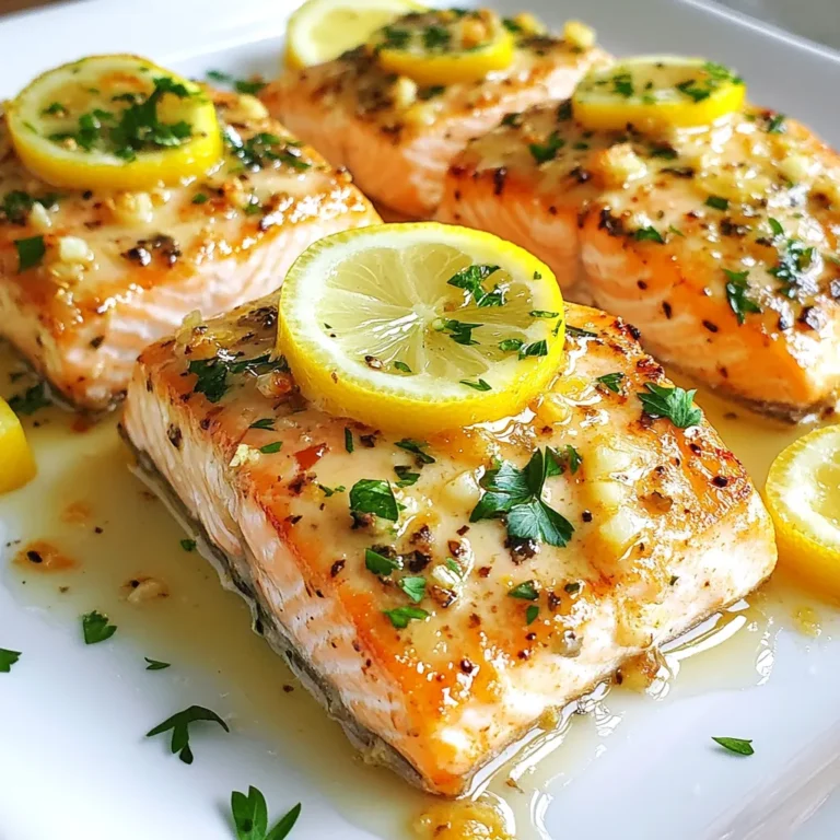 - 4 Lachsfilets - 4 Esslöffel ungesalzene Butter - 4 Knoblauchzehen - Saft und Schale von 2 Zitronen - Salz und Pfeffer - Frische Petersilie und Zitronenscheiben In diesem Rezept sind die Zutaten einfach und frisch. Lachsfilets sind die Hauptzutat. Sie geben dem Gericht den köstlichen Geschmack. Ich empfehle, frischen Lachs zu wählen. Die ungesalzene Butter macht die Knoblauchbutter reichhaltig. Knoblauch verleiht dem Gericht ein intensives Aroma. Achte darauf, ihn fein zu hacken. Die Zitronen bringen Frische und Säure. Nutze den Saft und die Schale für den besten Geschmack. Die Gewürze sind einfach: Salz und Pfeffer. Diese helfen, den Geschmack des Lachses zu verstärken. Die frische Petersilie sieht nicht nur gut aus, sondern schmeckt auch lecker. Zitronenscheiben sind perfekt zum Servieren. Sie machen das Gericht ansprechend und frisch. Für zusätzliche Schärfe kannst du rote Pfefferflocken hinzufügen. So bekommst du eine spannende Note. Die Zutaten sind leicht zu finden. Bereite alles vor, bevor du mit dem Kochen beginnst. So geht es schneller und einfacher. {{ingredient_image_2}} Zuerst tupfen Sie die Lachsfilets mit einem Papiertuch trocken. Dies hilft, die Haut knusprig zu machen. Würzen Sie dann die Filets auf beiden Seiten mit Salz und Pfeffer. Dies sorgt für einen guten Geschmack. Nehmen Sie einen kleinen Topf und schmelzen Sie die Butter bei mittlerer Hitze. Fügen Sie die fein gehackten Knoblauchzehen hinzu und braten Sie sie für etwa 1-2 Minuten an. Rühren Sie gut um, damit der Knoblauch nicht anbrennt. Wenn der Knoblauch duftet, geben Sie den Zitronensaft und die Zitronenschale dazu. Diese Frische hebt den Geschmack des Lachs hervor. Heizen Sie eine große Pfanne bei mittlerer bis hoher Hitze vor. Sobald die Pfanne heiß ist, geben Sie einen Esslöffel der Knoblauchbutter hinein. Legen Sie die Lachsfilets mit der Hautseite nach unten in die Pfanne. Lassen Sie die Filets für 4-5 Minuten braten, ohne sie zu bewegen. So wird die Haut schön knusprig. Jetzt ist es Zeit, den Lachs vorsichtig zu wenden. Verwenden Sie eine Spachtel, um ihn zu drehen. Gießen Sie die restliche Knoblauchbutter-Sauce über die Filets. Lassen Sie den Lachs für weitere 4-5 Minuten garen. Der Lachs sollte nun durchgegart sein und sich leicht mit einer Gabel zerteilen lassen. Übertragen Sie die Lachsfilets auf eine Servierplatte. Beträufeln Sie sie mit der restlichen Knoblauchbutter aus der Pfanne. Garnieren Sie die Filets mit gehackter Petersilie und frischen Zitronenscheiben. Das sieht nicht nur gut aus, sondern schmeckt auch fantastisch! - Empfohlene Garzeiten für Lachs: Lachs braucht etwa 4-5 Minuten auf jeder Seite bei mittlerer Hitze. Wenn du die Hautseite zuerst anbrätst, wird der Lachs schön knusprig. - Wie erkennt man, ob der Lachs durchgegart ist?: Du kannst testen, ob der Lachs gar ist, indem du ihn mit einer Gabel anstichst. Wenn er sich leicht zerteilen lässt, ist er perfekt. - Tipps, um verbrannten Knoblauch zu vermeiden: Achte darauf, die Hitze nicht zu hoch zu stellen. Knoblauch sollte bei mittlerer Hitze angebraten werden. Rühre ihn ständig, damit er gleichmäßig bräunt. Wenn er zu dunkel wird, wird er bitter. - Weitere Ideen für Kräuter und Gewürze: Neben Petersilie kannst du frischen Dill oder Basilikum verwenden. Auch ein Hauch von Thymian ergänzt den Geschmack gut. Für einen besonderen Kick kannst du auch etwas geriebenen Parmesan darüber streuen. Pro Tipps Frische Zutaten verwenden: Verwenden Sie frischen Lachs und frische Zitronen, um den besten Geschmack zu erzielen. Knoblauch nicht anbrennen lassen: Achten Sie darauf, den Knoblauch bei mittlerer Hitze zu braten, damit er nicht bitter wird. Hautseite zuerst braten: Braten Sie die Lachsfilets mit der Hautseite nach unten, um ein knuspriges Ergebnis zu erzielen. Mit Kräutern variieren: Experimentieren Sie mit verschiedenen Kräutern wie Dill oder Thymian für zusätzliche Aromen. {{image_4}} Um dem Knoblauchbutter Zitronenlachs eine scharfe Note zu geben, füge einfach rote Pfefferflocken hinzu. Diese kleinen Flöckchen bringen einen tollen Kick. Du kannst die Menge nach deinem Geschmack anpassen. Ein bisschen mehr sorgt für mehr Hitze. Achte darauf, die Flöckchen erst beim Mischen mit der Zitronenbutter hinzuzufügen. So bleiben sie knusprig und frisch. Für eine mediterrane Note kannst du Oliven oder Kapern in die Mischung einfügen. Diese Zutaten bringen einen tollen Geschmack und machen das Gericht bunter. Schwarze Oliven oder grüne Kapern passen wunderbar. Sie geben dem Gericht eine salzige Tiefe. Probiere, sie kurz in der Knoblauchbutter zu erwärmen, bevor du den Lachs hinzufügst. So entfalten sie ihr volles Aroma. Beilagen sind wichtig, um den Lachs zu ergänzen. Hier sind einige Ideen: - Geröstetes Gemüse: Zucchini, Paprika oder Karotten passen gut. - Reis: Ein einfacher Basmatireis harmoniert super mit dem Lachs. - Salat: Ein frischer grüner Salat bringt eine leichte Note. - Kartoffeln: Knusprige Ofenkartoffeln sind immer eine gute Wahl. Diese Beilagen machen dein Essen bunt und lecker. Sie passen perfekt zu dem aromatischen Lachsgericht. Um deinen Knoblauchbutter Zitronenlachs frisch zu halten, stelle ihn in den Kühlschrank. Lege die Lachsfilets in einen luftdichten Behälter. So bleiben sie bis zu drei Tage frisch. Wenn du mehr Zeit brauchst, friere die Lachsfilets ein. Wickele sie gut in Frischhaltefolie und lege sie in einen Gefrierbeutel. So bleiben sie bis zu drei Monate haltbar. Achte darauf, die Lachsfilets vollständig abkühlen zu lassen, bevor du sie in den Kühlschrank oder Gefrierschrank legst. Hast du Reste von deinem Lachs? Keine Sorge, es gibt viele leckere Möglichkeiten, sie zu nutzen. Du kannst den Lachs in Salate geben. Zerflücke ihn einfach und mische ihn mit frischen Blättern. Eine andere Idee ist ein Lachs-Sandwich. Lege die Reste auf frisches Brot mit etwas Frischkäse und Petersilie. Auch Pasta mit Lachs ist eine tolle Wahl. Mische die Lachsreste mit gekochter Pasta und einer leichten Sauce. Wenn du deinen Lachs wieder aufwärmen möchtest, nutze die Mikrowelle oder die Pfanne. Für die Mikrowelle lege die Lachsfilets auf einen Teller und decke sie mit einem feuchten Tuch ab. Erwärme ihn in kurzen Abständen von 30 Sekunden. So bleibt der Lachs saftig. Für die Pfanne erhitze sie bei niedriger Temperatur mit etwas Butter oder Olivenöl. Wende den Lachs vorsichtig, damit er nicht zerfällt. In wenigen Minuten ist der Lachs wieder warm und lecker. Wenn du keinen Lachs hast, probiere stattdessen Forelle oder Makrele. Diese Fische sind ähnlich und behalten den Geschmack gut. Du kannst auch Hähnchenbrust verwenden. Achte darauf, die Garzeit anzupassen, da Hähnchen länger braucht. Für eine vegetarische Option nutze Tofu oder Auberginen. Diese Alternativen nehmen die Knoblauchbutter gut auf. Die Zubereitung dauert insgesamt etwa 20 Minuten. Die Vorbereitung benötigt nur 10 Minuten. Während dieser Zeit kannst du die Lachsfilets würzen und die Knoblauchbutter zubereiten. Das Kochen selbst dauert 10 Minuten. Achte darauf, den Lachs nicht zu überkochen, damit er saftig bleibt. Dieses Rezept ergibt vier Portionen. Jedes Lachsfilet wiegt etwa 170 Gramm. Es ist perfekt für eine kleine Familie oder ein gemeinsames Abendessen mit Freunden. Du kannst die Menge einfach verdoppeln, wenn du mehr Gäste hast. Zusammenfassend enthält dieser Blog-Beitrag alle wichtigen Details, um köstlichen Knoblauch Butter Zitronenlachs zuzubereiten. Wir haben die Zutaten, eine klare Schritt-für-Schritt-Anleitung sowie nützliche Tipps zur Zubereitung und Aufbewahrung behandelt. Experimentieren Sie mit Variationen für mehr Geschmack. Dieser Lachs ist einfach, schnell und lecker. Genießen Sie das Kochen und überraschen Sie Ihre Familie oder Freunde mit Ihrem Können. Der selbstgemachte Lachs wird jedem gefallen!