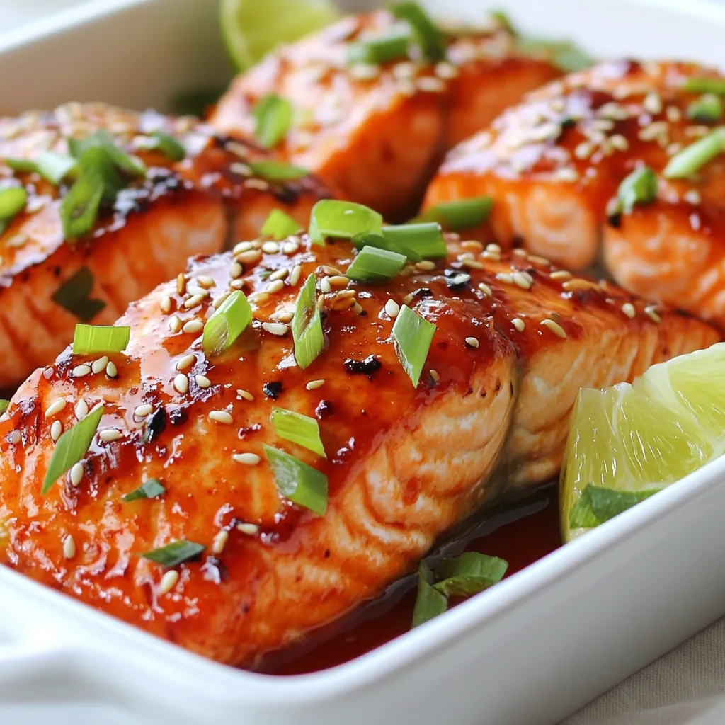 Für den Honig-Sriracha-Lachs brauchst du folgende Zutaten: - 4 Lachsfilets (je 170 g) - 60 ml Honig - 30 ml Sriracha-Sauce - 30 ml Sojasauce (oder Tamari für glutenfreies Rezept) - 15 ml frischer Limettensaft - 2 Knoblauchzehen, fein gehackt - 5 g frisch geriebener Ingwer - Salz und Pfeffer nach Geschmack - 2 Esslöffel Sesamsamen (zum Garnieren) - 2 Frühlingszwiebeln, gehackt (zum Garnieren) - Limettenschnitze (zum Servieren) Die Mengen sind wichtig für den besten Geschmack. - Lachsfilets: Wähle frische, dicke Stücke. Sie bleiben saftig. - Honig: Er gibt Süße und hilft der Marinade, am Lachs zu haften. - Sriracha: Sie bringt die Schärfe. Du kannst die Menge nach deinem Geschmack anpassen. - Sojasauce: Sie fügt Umami hinzu. Tamari ist eine gute glutenfreie Option. - Limettensaft: Er bringt Frische. Nutze frische Limetten für den besten Geschmack. - Knoblauch und Ingwer: Sie geben Tiefe und Aroma. Frisch ist immer besser. Beim Kauf von Lachs gibt es einige Tipps: - Farbe: Suche nach leuchtend rotem oder rosa Lachs. Die Farbe zeigt Frische. - Geruch: Frischer Lachs riecht leicht nach Meer, nicht fischig. - Textur: Drücke leicht auf das Filet. Es sollte fest und elastisch sein. - Haut: Wenn möglich, wähle Lachs mit Haut. Sie schützt das Filet beim Kochen. - Herkunft: Achte auf nachhaltige Quellen. Das ist gut für die Umwelt und die Qualität. Diese Zutaten und Tipps machen deinen Honig-Sriracha-Lachs besonders lecker. {{ingredient_image_2}} Um die Marinade zu machen, nimm eine kleine Schüssel. Füge 60 ml Honig, 30 ml Sriracha-Sauce, 30 ml Sojasauce und 15 ml frischen Limettensaft hinzu. Hacke zwei Knoblauchzehen fein und füge sie dazu. Reibe 5 g frischen Ingwer und mische alles gut. Rühre, bis die Marinade glatt ist. Sie sollte süß, scharf und leicht salzig sein. Lege die Lachsfilets in eine flache Schüssel. Gieße die Hälfte der Marinade gleichmäßig über die Filets. Decke die Schüssel ab und stelle sie für mindestens 30 Minuten in den Kühlschrank. Wenn du mehr Geschmack willst, lasse den Lachs zwei Stunden marinieren. Je länger der Lachs mariniert, desto intensiver wird der Geschmack. Heize deinen Ofen auf 200°C vor. Nimm den Lachs aus der Marinade und lege ihn mit der Hautseite nach unten auf ein mit Backpapier ausgelegtes Blech. Gieße die restliche Marinade gleichmäßig über den Lachs. Backe den Lachs 12 bis 15 Minuten. Er ist fertig, wenn er leicht mit einer Gabel zerfällt und eine Innentemperatur von 63°C erreicht hat. Ein häufiger Fehler ist, dass man den Lachs nicht lange genug mariniert. Ich empfehle, ihn mindestens 30 Minuten im Kühlschrank zu lassen. So zieht die Marinade gut ein. Achte darauf, die Hautseite beim Backen nach unten zu legen. So bleibt der Lachs saftig und zart. Das Backpapier verhindert das Ankleben und erleichtert die Reinigung. Die Sriracha-Sauce kann sehr scharf sein. Wenn du es milder magst, benutze weniger Sriracha oder mische sie mit etwas Ketchup. Für mehr Süße kannst du mehr Honig hinzufügen. Probiere es aus, um die perfekte Balance zu finden. Jeder hat einen anderen Geschmack. Passe die Marinade nach deinen Vorlieben an. Der Lachs sollte bei 63°C (145°F) perfekt gegart sein. Ein einfacher Test ist, mit einer Gabel vorsichtig in das Filet zu stechen. Wenn es sich leicht zerteilen lässt, ist es fertig. Zu lange backen macht den Lachs trocken. Du willst, dass er saftig bleibt. Achte auf die Garzeit von 12-15 Minuten im Ofen. Pro Tipps Marinieren für mehr Geschmack: Lassen Sie den Lachs idealerweise 2 Stunden in der Marinade, um den Geschmack zu intensivieren. Backofentemperatur überprüfen: Stellen Sie sicher, dass Ihr Ofen richtig vorgeheizt ist, um ein gleichmäßiges Garen des Lachses zu gewährleisten. Variationen ausprobieren: Experimentieren Sie mit anderen scharfen Saucen oder Honigsorten, um den Geschmack nach Ihren Vorlieben zu verändern. Garnitur für den letzten Schliff: Fügen Sie frische Kräuter wie Koriander oder Petersilie hinzu, um dem Gericht eine zusätzliche Frische zu verleihen. {{image_4}} Wenn du glutenfrei kochen möchtest, tausche die Sojasauce gegen Tamari. Tamari hat einen ähnlichen Geschmack, ist jedoch glutenfrei. Du erhältst trotzdem den süßen und scharfen Geschmack der Marinade. Achte darauf, dass alle anderen Zutaten ebenfalls glutenfrei sind. So bleibt dein Gericht lecker und sicher für alle. Für eine vegane Option kannst du Tofu verwenden. Wähle festen Tofu, der gut die Marinade aufnimmt. Schneide den Tofu in dicke Scheiben und mariniere ihn wie im Rezept beschrieben. Backe ihn dann im Ofen, bis er goldbraun ist. Der Tofu wird so die Aromen gut tragen und bietet eine tolle Textur. Du kannst auch andere Fische ausprobieren. Forelle oder Kabeljau passen gut zu dieser Marinade. Wenn du Gemüse verwenden möchtest, nimm z. B. Zucchini oder Paprika. Diese kannst du in Stücke schneiden und mit der Marinade beträufeln. Backe sie im Ofen, bis sie zart sind. So bleibst du flexibel und nutzt die Saisonvorteile. Um die Reste des Honig-Sriracha-Lachs frisch zu halten, lege sie in einen luftdichten Behälter. Stelle sicher, dass der Lachs vollständig abgekühlt ist, bevor du ihn verpackst. So vermeidest du, dass sich Feuchtigkeit bildet, die das Fleisch trocken macht. Du kannst die Reste bis zu drei Tage im Kühlschrank aufbewahren. Um gefrorenen Lachs aufzuwärmen, nimm ihn aus dem Gefrierfach und lasse ihn im Kühlschrank über Nacht auftauen. Wenn du es eilig hast, lege den Lachs in kaltes Wasser. Achte darauf, den Lachs nicht zu lange im Wasser zu lassen. Heize dann den Ofen auf 180°C vor. Lege den Lachs auf ein Backblech und backe ihn für 10-12 Minuten. So bleibt er saftig und lecker. Die Zutaten für den Honig-Sriracha-Lachs haben unterschiedliche Haltbarkeiten. Honig kann fast unbegrenzt halten, während frischer Ingwer und Knoblauch etwa eine Woche im Kühlschrank frisch bleiben. Sriracha-Sauce und Sojasauce sind ebenfalls lange haltbar, wenn sie kühl und dunkel gelagert werden. Der fertige Lachs sollte, wie bereits erwähnt, innerhalb von drei Tagen gegessen werden, um den besten Geschmack zu gewährleisten. Um die Marinade für andere Fische anzupassen, bleib bei den gleichen Grundzutaten. Du kannst jedoch die Menge der Sriracha für schärfere Fische erhöhen. Für milde Fische wie Kabeljau kannst du weniger Sriracha verwenden. Achte darauf, die Marinierzeit zu verkürzen, wenn der Fisch dünner ist. Für Forelle oder Makrele kannst du etwas mehr Honig hinzufügen, um die Aromen zu balancieren. Ja, du kannst den Lachs auch auf dem Grill zubereiten. Heize den Grill auf mittlere Hitze vor. Lege die Lachsfilets direkt auf den Grillrost oder nutze eine Grillplatte. Achte darauf, die Hautseite nach unten zu grillen. Das Grillen dauert etwa 6-8 Minuten pro Seite. Überprüfe die Innentemperatur, um sicherzustellen, dass sie 63°C erreicht hat. Zu Honig-Sriracha-Lachs passen viele Beilagen gut. Hier sind einige Vorschläge: - Gedämpftes Gemüse wie Brokkoli oder Karotten - Reis oder Quinoa für eine sättigende Basis - Ein frischer Salat mit Limettendressing - Süßkartoffelpüree für eine süße Note - Gebratene Zucchini oder Paprika für zusätzlichen Geschmack Diese Beilagen ergänzen die Aromen des Lachses perfekt und machen das Gericht noch leckerer. Dieser Blogbeitrag gab Ihnen wichtige Tipps zur Zubereitung von Lachs. Sie lernten, welche Zutaten und Mengen besten Geschmack bieten. Die Schritt-für-Schritt-Anleitung mostró Ihnen, wie man Lachs perfekt mariniert und backt. Zudem gab es nützliche Tipps, um häufige Fehler zu vermeiden und die Schärfe und Süße anzupassen. Denken Sie daran, kreative Variationen auszuprobieren, wie glutenfreie Alternativen. Lagern Sie Reste richtig, um die Haltbarkeit zu sichern. Genießen Sie die Zubereitung von leckerem Lachs!