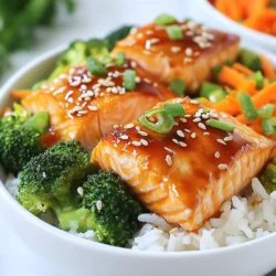 - 2 Lachsfilets (ca. 170 g jeweils) - 60 ml Sojasauce (niedriger Natriumgehalt) - 2 Esslöffel Honig Die Hauptzutaten sind wichtig, um den einzigartigen Geschmack der Teriyaki-Sauce zu erreichen. Der Lachs bringt eine zarte Textur mit. Sojasauce gibt dem Gericht die salzige Note. Der Honig sorgt für eine süße Balance. - 1 Esslöffel Reisessig - 1 Esslöffel Sesamöl - 2 Teelöffel frischer Ingwer, gerieben Reisessig fügt eine sanfte Säure hinzu, die die Aromen hebt. Sesamöl bietet einen nussigen Geschmack, der die Sauce ergänzt. Frischer Ingwer bringt einen würzigen Kick, der das Gericht lebendiger macht. - 1 Tasse gedämpfte Brokkoliröschen - 1/2 Tasse geraspelte Karotten - 1/4 Tasse Frühlingszwiebeln, gehackt - 1 Esslöffel Sesamsamen (zum Garnieren) Gemüse macht die Bowls bunt und gesund. Brokkoli ist reich an Vitaminen und Karotten bringen Süße. Frühlingszwiebeln verleihen Frische. Sesamsamen sorgen für einen knusprigen Abschluss, der das Essen aufregend macht. {{ingredient_image_2}} Um den Lachs perfekt zu machen, starten wir mit der Marinade. In einer kleinen Schüssel mischen wir: - 60 ml Sojasauce - 2 Esslöffel Honig - 1 Esslöffel Reisessig - 1 Esslöffel Sesamöl - 2 Teelöffel geriebenen Ingwer - 1 fein gehackte Knoblauchzehe Diese Mischung gibt dem Lachs viel Geschmack. Danach legen wir die Lachsfilets in eine flache Schüssel. Gießen Sie die Hälfte der Marinade gleichmäßig über die Filets. Lassen Sie den Lachs mindestens 20 Minuten ziehen. So wird er saftig und aromatisch. Jetzt heizen wir den Ofen auf 200 °C vor und legen ein Backblech mit Backpapier aus. Die marinierten Lachsfilets legen wir auf das Backblech. Backen Sie die Filets 15 bis 20 Minuten lang. Der Lachs ist fertig, wenn er sich leicht mit einer Gabel zerteilen lässt. Während der Lachs im Ofen ist, können wir den Reis und das Gemüse vorbereiten. Kochen Sie 2 Tassen Jasminreis. Wenn der Reis fertig ist, lockern Sie ihn mit einer Gabel auf. Für das Gemüse nehmen wir 1 Tasse Brokkoliröschen und ½ Tasse geraspelte Karotten. Dämpfen Sie das Gemüse, bis es zart, aber noch knackig ist. Das Gemüse bringt Farbe und Vitamine in unsere Schalen. - Welcher Lachs ist am besten geeignet? Für Teriyaki-Lachs sind frische Lachsfilets ideal. Wildlachs hat einen tollen Geschmack. Zuchtlachs ist oft günstiger und gleichmäßig zubereitet. Achte auf die Farbe. Ein tiefes Orange zeigt gute Qualität. - Anzeichen für den richtigen Gargrad Der Lachs sollte sich leicht mit einer Gabel zerteilen lassen. Bei 15-20 Minuten im Ofen ist er perfekt. Wenn er opak und durchgegart ist, ist er bereit zum Servieren. - Alternativen zu Jasminreis Du kannst Basmatireis oder Vollkornreis verwenden. Beide haben ihren eigenen Geschmack. Sie passen gut zur Teriyaki-Sauce und dem Lachs. - Reis richtig auflockern Verwende eine Gabel, um den gekochten Reis aufzulockern. Das sorgt für eine bessere Textur. So bleibt der Reis locker und leicht. - Variationen von Teriyaki-Sauce Du kannst die Sauce mit verschiedenen Zutaten anpassen. Füge Ananassaft für Süße hinzu oder Chili für Schärfe. So kreierst du deinen eigenen Geschmack. - Süße und Schärfe anpassen Magst du es süßer? Erhöhe den Honig. Für mehr Schärfe, füge etwas Sriracha oder Cayennepfeffer hinzu. Experimentiere, um die perfekte Balance zu finden. Pro Tipps Frische Zutaten verwenden: Achten Sie darauf, frischen Lachs und frisches Gemüse zu verwenden, um den besten Geschmack und die beste Textur zu erzielen. Marinade anpassen: Experimentieren Sie mit der Marinade, indem Sie zusätzliche Gewürze oder Zutaten wie Chili oder Limette hinzufügen, um dem Gericht eine individuelle Note zu verleihen. Reis perfekt zubereiten: Lassen Sie den Jasminreis nach dem Kochen einige Minuten ruhen, damit er die feuchte Hitze aufnehmen kann und lockerer wird. Garnierung nicht vergessen: Das Hinzufügen von frischen Kräutern oder Nüssen als Garnierung kann nicht nur das Aussehen, sondern auch den Geschmack der Bowls erheblich verbessern. {{image_4}} Möchtest du eine andere Proteinquelle? Tofu ist eine tolle Option. Es nimmt die Teriyaki-Sauce gut auf. Schneide den Tofu in Würfel und mariniere ihn wie den Lachs. Du kannst auch Hühnchen verwenden. Hähnchenbrust passt gut zu diesem Gericht. Es ist einfach und schnell zuzubereiten. Für Meeresfrüchte kannst du Garnelen oder Thunfisch verwenden. Achte darauf, die Garzeit anzupassen. Die Gemüsesorten sind flexibel. Du kannst Brokkoli, Karotten oder Paprika nutzen. Auch Zucchini oder Spinat sind lecker. Saisonales Gemüse ist besonders frisch. Im Frühling sind Spargel und Erbsen gut. Im Herbst bieten sich Kürbis und Rosenkohl an. Experimentiere mit verschiedenen Kombinationen, um neue Geschmäcker zu entdecken. Zusätzliche Beilagen machen die Schalen noch besser. Probiere edamame oder eine kleine Schale Miso-Suppe. Reisnudeln sind auch eine tolle Ergänzung. Du kannst die Bowls mit frischen Kräutern oder Nüssen garnieren. Serviere die Schalen in schönen Schalen oder auf Tellern. Das macht das Essen noch schöner und einladender. Um die Teriyaki-Lachs Rice Bowls frisch zu halten, lagere die Reste sicher. - Kühlschranklagerung: Lege die Reste in einen luftdichten Behälter. So bleiben die Aromen frisch. Im Kühlschrank halten sich die Bowls bis zu drei Tage. Wenn du den Reis und das Gemüse getrennt lagerst, bleibt alles besser. - Gefrieren von Bowls: Du kannst die Bowls auch einfrieren. Verwende gefriergeeignete Behälter. So bleiben sie bis zu drei Monate genießbar. Achte darauf, die Marinade separat zu lagern. Dies hilft, die Textur zu bewahren. - Wie lange sind die Reste haltbar? Im Kühlschrank sind die Reste bis zu drei Tage haltbar. Im Gefrierschrank kannst du sie bis zu drei Monate lagern. - Tipps zur Wiedererwärmung: Erwärme den Lachs vorsichtig in der Mikrowelle. Stelle die Leistung niedrig ein, um ein Austrocknen zu vermeiden. Du kannst auch den Ofen nutzen. Erwärme die Bowls bei 180 °C für etwa 10 Minuten. Achte darauf, die Reste gleichmäßig zu erwärmen. So bleibt der Geschmack frisch und lecker. Um Teriyaki-Sauce selbst zu machen, brauchst du ein paar einfache Zutaten: - 60 ml Sojasauce (niedriger Natriumgehalt) - 2 Esslöffel Honig - 1 Esslöffel Reisessig - 1 Esslöffel Sesamöl - 2 Teelöffel frischer Ingwer, gerieben - 1 Knoblauchzehe, fein gehackt Mische die Sojasauce, den Honig, den Reisessig, das Sesamöl, den Ingwer und den Knoblauch in einer kleinen Schüssel. Rühre alles gut um, bis sich der Honig auflöst. Das war's! Du hast jetzt eine leckere Teriyaki-Sauce. Ja, du kannst die Marinade im Voraus zubereiten. Lagere sie in einem luftdichten Behälter im Kühlschrank. Sie bleibt frisch für etwa eine Woche. Das spart Zeit, wenn du die Bowls zubereitest. Du kannst die Marinade auch für andere Rezepte verwenden. Wenn du keinen Lachs hast, probiere diese Alternativen: - Hähnchenbrust - Tofu - Garnelen Diese Optionen passen gut zur Teriyaki-Sauce. Sie sind einfach zuzubereiten und schmecken köstlich in der Bowl. Achte darauf, die Garzeiten anzupassen. Teriyaki-Lachs ist einfach und lecker. Wir haben die Hauptzutaten wie Lachs, Sojasauce und Honig besprochen. Dann fand man die richtige Marinade und bereitete das Gemüse und den Reis vor. Tipps helfen, den perfekten Lachs zu garen und auch die Marinade zu variieren. Denke an Alternativen wie Tofu oder Meeresfrüchte. Reste lassen sich gut lagern und wieder aufwärmen. Jetzt bist du bereit, dein Teriyaki-Gericht zu genießen! Probiere es aus und lass deine Familie beeindruckt sein!
