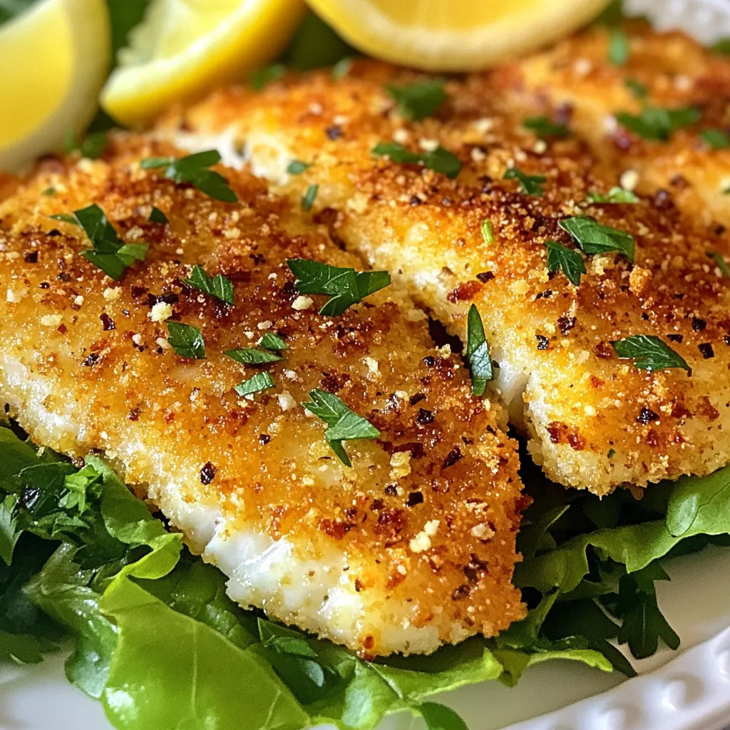 Für die perfekte Parmesan-Kruste brauchen Sie: - 4 Tilapia-Filets - 1 Tasse Panko-Brösel - ½ Tasse geriebener Parmesan-Käse - 1 Teelöffel Knoblauchpulver - 1 Teelöffel getrockneter Oregano - ½ Teelöffel Salz - ½ Teelöffel schwarzer Pfeffer - 2 große Eier - ½ Tasse Weizenmehl Diese Zutaten sorgen für einen tollen Geschmack. Der Parmesan gibt der Kruste einen würzigen Kick. Panko-Brösel machen sie schön knusprig. Um das Gericht zu vervollständigen, empfehle ich: - Frische Petersilie, gehackt (zum Garnieren) - Zitronenspalten (zum Servieren) Die frische Petersilie bringt Farbe und Geschmack. Zitronenspalten geben einen frischen, spritzigen Akzent. Crispy Parmesan Crusted Tilapia ist nicht nur lecker, sondern auch gesund. Hier sind einige Nährwertinformationen pro Portion: - Kalorien: ca. 350 - Protein: ca. 40 g - Kohlenhydrate: ca. 30 g - Fett: ca. 15 g Diese Werte können je nach Zutaten variieren. Tilapia ist ein magerer Fisch und eine gute Proteinquelle. {{ingredient_image_2}} Heize deinen Ofen auf 200°C (400°F) vor. Dies hilft, die Tilapia knusprig zu machen. Lege ein Backblech mit Backpapier aus. Alternativ kannst du es leicht einfetten. So bleibt der Fisch nicht kleben und die Reinigung ist einfach. Nimm eine flache Schüssel und vermische die Panko-Brösel, den geriebenen Parmesan, das Knoblauchpulver, den Oregano, das Salz und den schwarzen Pfeffer gut. Diese Mischung sorgt für den tollen Geschmack. In einer anderen Schüssel lege das Weizenmehl bereit. In einer dritten Schüssel schlag die Eier auf und verquirle sie mit einer Gabel. Die Mischung muss gut vermischt sein, damit die Panade perfekt haftet. Nimm jedes Tilapia-Filet und wälze es zuerst im Mehl. Klopfe das überschüssige Mehl ab. Dann tauche das bemehlte Filet in die verquirlten Eier. Lass das überschüssige Ei abtropfen. Jetzt wälze das Filet in der Panko-Parmesan-Mischung. Drücke die Mischung leicht an, damit sie gut haftet. Wiederhole diesen Schritt mit allen Filets. Lege die panierten Filets auf das Backblech. Backe die Filets 12-15 Minuten, bis die Kruste goldbraun ist. Der Fisch sollte leicht mit einer Gabel auseinanderfallen. Lass die Filets kurz abkühlen und garnier sie mit frischer Petersilie. Serviere sie mit Zitronenspalten für einen frischen Akzent. Um die beste Kruste zu bekommen, nutze Panko-Brösel. Sie sind leichter und knuspriger als normale Brösel. Mische die Panko-Brösel mit geriebenem Parmesan und Gewürzen in einer Schüssel. Diese Mischung sorgt für zusätzlichen Geschmack und Textur. Wälze das Tilapia-Filet zuerst im Mehl. So bleibt die Panade besser haften. Tauche es dann in die Eier. Die Eier helfen, die Kruste festzuhalten. Ein häufiger Fehler ist, die Tilapia-Filets nicht richtig zu panieren. Achte darauf, dass du das Filet gleichmäßig mit der Kruste bedeckst. Drücke die Mischung gut an, damit sie haften bleibt. Ein weiterer Fehler ist, den Ofen nicht vorzuheizen. Dies kann die Garzeit und die Knusprigkeit beeinträchtigen. Backe die Filets nur so lange, bis sie goldbraun sind. Überbacke sie nicht, sonst werden sie trocken. Frische Petersilie bringt Farbe und Geschmack. Hacke sie fein und streue sie über die fertigen Filets. Zitronenspalten sind ebenfalls wichtig. Sie geben dem Fisch einen frischen, saftigen Geschmack. Du kannst auch einige Kirschtomaten oder Oliven auf den Teller legen. Das sieht schön aus und schmeckt lecker. Pro Tipps Frische Zutaten: Verwenden Sie frische Tilapia-Filets für den besten Geschmack und die beste Textur. Tiefgefrorene Filets können auch verwendet werden, sollten aber vollständig aufgetaut und gut abgetrocknet sein. Kruste anpassen: Experimentieren Sie mit anderen Käsearten oder Kräutern, um die Kruste nach Ihrem Geschmack zu variieren. Feta oder Cheddar können interessante Alternativen zum Parmesan sein. Ofen vorheizen: Stellen Sie sicher, dass der Ofen vollständig vorgeheizt ist, bevor Sie die Filets hineingeben. Dies sorgt für eine gleichmäßige und knusprige Kruste. Serviervorschläge: Servieren Sie die Tilapia-Filets mit einer Beilage aus gedünstetem Gemüse oder einem frischen Salat, um eine ausgewogene Mahlzeit zu schaffen. {{image_4}} Um die Aromen zu erweitern, können Sie mediterrane Zutaten hinzufügen. Zum Beispiel, mischen Sie getrocknete Tomaten oder schwarze Oliven in die Panade. Diese Zutaten bringen einen tollen Geschmack. Sie können auch frische Kräuter wie Basilikum oder Thymian verwenden. Diese Kräuter geben dem Fisch ein frisches Aroma. Experimentieren Sie mit verschiedenen Zutaten, um Ihren eigenen Twist zu schaffen. Tilapia ist großartig, aber Sie können auch andere Fische verwenden. Zum Beispiel sind Kabeljau oder Heilbutt ebenfalls gute Optionen. Beide Fische haben einen milden Geschmack und eine feste Textur. Passen Sie die Backzeit an, wenn Sie einen anderen Fisch verwenden. Achten Sie darauf, dass der Fisch leicht mit einer Gabel auseinanderfällt, um sicherzustellen, dass er gar ist. Für eine glutenfreie Version können Sie glutenfreie Brösel verwenden. Diese sind in den meisten Geschäften erhältlich. Ersetzen Sie das Weizenmehl durch Mandelmehl oder Kokosmehl. Diese Mehle sind ebenfalls glutenfrei und geben dem Fisch eine knusprige Kruste. Seien Sie kreativ und probieren Sie verschiedene glutenfreie Optionen aus. So bleibt das Gericht lecker und für viele Menschen geeignet. Wenn Sie Reste von der krossen Parmesan-Kruste Tilapia haben, bewahren Sie diese in einem luftdichten Behälter auf. Diese sollten im Kühlschrank gelagert werden. Sie bleiben so für bis zu zwei Tage frisch. Achten Sie darauf, die Filets nicht zu lange im Kühlschrank zu lassen. Der Geschmack wird durch die Zeit im Kühlschrank beeinträchtigt. Um die Tilapia-Filets einzufrieren, lassen Sie diese zuerst vollständig abkühlen. Wickeln Sie die Filets dann fest in Frischhaltefolie. Legen Sie sie in einen gefrierfesten Behälter oder einen Gefrierbeutel. So bleiben sie bis zu drei Monate haltbar. Wenn Sie bereit sind, sie zu genießen, lassen Sie die Filets über Nacht im Kühlschrank auftauen. Um die Reste oder gefrorenen Filets wieder aufzuwärmen, nutzen Sie den Ofen für das beste Ergebnis. Heizen Sie den Ofen auf 180°C vor. Legen Sie die Filets auf ein Backblech und backen Sie sie etwa 10 Minuten lang. So wird die Kruste wieder schön knusprig. Vermeiden Sie die Mikrowelle, da diese die Kruste weich macht und den Fisch gummiartig werden lässt. Die Zubereitung dauert etwa 15 Minuten. Das Backen im Ofen nimmt 12 bis 15 Minuten in Anspruch. Insgesamt kommen wir auf eine Gesamtzeit von 30 Minuten. So schnell haben Sie ein leckeres Gericht auf dem Tisch! Ja, Sie können die Tilapia-Filets im Voraus vorbereiten. Panieren Sie die Filets und legen Sie sie auf ein Backblech. Decken Sie das Blech dann ab und stellen Sie es in den Kühlschrank. So sparen Sie Zeit, wenn Gäste kommen oder wenn Sie einfach nur schnell essen möchten. Crispy Parmesan Crusted Tilapia passt hervorragend zu vielen Beilagen. Hier sind einige Ideen: - Grüner Salat mit einem leichten Dressing - Gedämpftes Gemüse wie Brokkoli oder grüne Bohnen - Reis oder Quinoa für eine sättigende Beilage - Knusprige Kartoffeln oder Pommes für einen besonderen Crunch Mit diesen Beilagen wird Ihr Gericht noch schmackhafter! Die Parmesan-Kruste für Tilapia ist einfach und lecker. Du hast die Zutaten kennengelernt, die Vorbereitung verstanden und die Schritte zur Zubereitung erlernt. Tipps helfen dir, die perfekte Kruste zu erzielen und Fehler zu vermeiden. Variationen, wie mediterrane Zutaten oder glutenfreie Optionen, erweitern deine Möglichkeiten. Außerdem weißt du, wie du Reste richtig lagerst. Nutze dieses Wissen, um deine Mahlzeiten zu verbessern und kreativ zu kochen. Viel Spaß beim Ausprobieren!