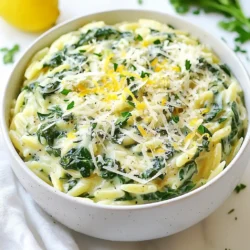 Für cremigen Spinat-Orzo braucht man einige einfache, frische Zutaten. Hier sind die Hauptzutaten, die du benötigst: - 1 Tasse Orzo-Pasta - 2 Tassen frischer Spinat, grob gehackt - 1 Tasse Gemüsebrühe - 1 Tasse Schlagcreme - 1/2 Tasse geriebener Parmesan-Käse - 1/4 Tasse Frischkäse - 2 Esslöffel Olivenöl - 3 Knoblauchzehen, fein gehackt - 1/2 Teelöffel Zwiebelpulver - Salz und Pfeffer nach Geschmack - Schale von 1 Zitrone (abgerieben) - Frische Petersilie, gehackt (zur Dekoration) Diese Zutaten geben dem Gericht einen tollen Geschmack und eine cremige Textur. Manchmal hast du vielleicht nicht alle Zutaten zur Hand. Hier sind einige Alternativen, die du verwenden kannst: - Ersetze die Orzo-Pasta durch Reis oder Couscous. - Nutze gefrorenen Spinat, wenn frischer nicht verfügbar ist. - Statt Schlagcreme kannst du auch Kokosmilch für eine vegane Option verwenden. - Parmesan-Käse kann durch einen anderen Hartkäse ersetzt werden. - Verwende statt Frischkäse eine pflanzliche Creme für eine vegane Version. Diese Alternativen helfen dir, das Gericht nach deinem Geschmack anzupassen. Cremiger Spinat-Orzo ist nicht nur lecker, sondern auch gesund. Hier sind einige Nährstoffe und Vorteile: - Spinat ist reich an Eisen und Vitaminen. Er stärkt das Immunsystem. - Orzo-Pasta liefert dir wichtige Kohlenhydrate für Energie. - Olivenöl enthält gesunde Fette, die gut für das Herz sind. - Parmesan gibt Calcium und Protein für starke Knochen. Das Gericht bietet eine ausgewogene Kombination aus Nährstoffen. Es ist eine nährstoffreiche Mahlzeit, die gut für dich ist. {{ingredient_image_2}} Zuerst bringst du einen mittelgroßen Topf mit Wasser zum Kochen. Das Wasser sollte gut sprudeln. Füge dann die Orzo-Pasta hinzu. Koche die Pasta für etwa 8 bis 10 Minuten. Sie sollte al dente sein, also weich, aber noch mit etwas Biss. Wenn die Orzo-Pasta fertig ist, gieße sie ab und stelle sie beiseite. Nimm denselben Topf und erhitze das Olivenöl bei mittlerer Hitze. Gib den fein gehackten Knoblauch hinzu und sautier ihn für etwa eine Minute. Du wirst den tollen Duft des Knoblauchs spüren! Dann füge den grob gehackten Spinat hinzu. Lass ihn für 2 bis 3 Minuten kochen, bis er zusammengefallen und zart ist. Jetzt kommt der spannende Teil! Gieße die Gemüsebrühe und die Schlagcreme in den Topf. Rühre alles gut um und lass die Mischung sanft köcheln. Die Aromen werden sich wunderbar verbinden. Danach gib die gekochte Orzo-Pasta zurück in den Topf. Füge den geriebenen Parmesan und den Frischkäse hinzu. Rühre alles um, bis es schön cremig ist. Würze die Mischung mit Zwiebelpulver, Salz, Pfeffer und der Zitronenschale. Lass das Ganze weitere 2 bis 3 Minuten köcheln, bis alles gut warm ist. Jetzt sieht es schon köstlich aus! Nimm den Topf vom Herd und serviere die Speise sofort. Garniere sie mit frischer, gehackter Petersilie für einen schönen Farbklecks. Guten Appetit! Um die perfekte Konsistenz für deinen Spinat-Orzo zu erreichen, achte darauf, die Orzo-Pasta al dente zu kochen. Das bedeutet, sie sollte weich, aber noch bissfest sein. Nach dem Kochen, spüle die Pasta nicht ab. So bleibt die Stärke, die hilft, die Sauce zu binden. Wenn die Mischung zu dick wird, füge mehr Gemüsebrühe hinzu, um sie cremiger zu machen. Ein häufiger Fehler ist, die Orzo-Pasta zu lange zu kochen. Das macht sie matschig. Achte darauf, die Zeit auf der Verpackung zu beachten. Ein weiterer Fehler ist, nicht genug Salz in das Kochwasser zu geben. Das hilft, den Geschmack der Pasta zu verbessern. Vermeide auch, die Zutaten zu schnell hinzuzufügen. Lass den Spinat gut zusammenfallen, bevor du die Brühe und die Schlagcreme hinzufügst. Um deinen Spinat-Orzo noch besser zu machen, kannst du verschiedene Ergänzungen ausprobieren. Füge gebratene Hähnchenstücke oder Garnelen hinzu, um mehr Protein zu bekommen. Du kannst auch geröstete Pinienkerne oder Walnüsse für eine knackige Textur einstreuen. Frische Kräuter wie Basilikum oder Thymian bringen zusätzlichen Geschmack. Experimentiere mit verschiedenen Käsesorten, wie Feta oder Gouda, für neue Aromen. Pro Tipps Verwenden Sie frischen Spinat: Frischer Spinat hat einen intensiveren Geschmack und eine bessere Textur als gefrorener Spinat. Achten Sie darauf, ihn gut zu waschen und grob zu hacken, bevor Sie ihn hinzufügen. Käse variieren: Experimentieren Sie mit verschiedenen Käsesorten wie Pecorino oder Feta, um dem Gericht eine neue Geschmacksnote zu verleihen. Würzen anpassen: Probieren Sie verschiedene Gewürze wie Muskatnuss oder Chili-Flocken aus, um die Aromen des Gerichts zu intensivieren und einen persönlichen Touch hinzuzufügen. Für eine leichtere Variante: Ersetzen Sie die Schlagcreme durch griechischen Joghurt oder eine pflanzliche Alternative, um das Gericht leichter und gesünder zu gestalten. {{image_4}} Um mehr Protein in deinen cremigen Spinat-Orzo zu bringen, füge Hähnchen oder Garnelen hinzu. Gekochtes Hähnchen passt gut. Du kannst es klein schneiden und nach dem Spinat in die Sauce geben. Garnelen sind schnell zu machen. Brate sie einfach in etwas Olivenöl, bis sie rosa sind. Füge sie dann in die Mischung. So wird das Gericht nährstoffreicher und sättigender. Für eine vegetarische Version lasse den Parmesan und den Frischkäse weg. Du kannst stattdessen Nusskäse oder Hefeflocken verwenden. Diese geben einen ähnlichen Geschmack. Wenn du es vegan machen willst, ersetze die Schlagcreme durch Kokoscreme oder eine pflanzliche Sahne. Achte darauf, dass alle anderen Zutaten auch vegan sind. Diese Anpassungen machen das Gericht für alle zugänglich. Um deinen Spinat-Orzo aufregender zu machen, experimentiere mit verschiedenen Kräutern und Gewürzen. Thymian oder Oregano passen gut dazu. Du kannst auch frische Kräuter wie Basilikum oder Dill verwenden. Ein Spritzer Zitrone bringt Frische. Wenn du es würziger magst, füge eine Prise rote Paprika oder Cayennepfeffer hinzu. Diese kleinen Änderungen geben dem Gericht eine ganz neue Note und machen es besonders lecker. Um Reste von cremigem Spinat-Orzo gut zu lagern, nutzen Sie einen luftdichten Behälter. Lassen Sie das Gericht zuerst auf Raumtemperatur abkühlen. Füllen Sie dann den Behälter und schließen Sie ihn gut. So bleibt der Geschmack frisch. Cremiger Spinat-Orzo hält sich im Kühlschrank bis zu drei Tage. Achten Sie darauf, ihn gut abzudecken. Bei richtiger Lagerung bleibt die Qualität erhalten. Nach drei Tagen kann die Textur und der Geschmack leiden. Um den Spinat-Orzo aufzuwärmen, geben Sie ihn in einen Topf. Fügen Sie einen Schuss Gemüsebrühe hinzu, um die Cremigkeit wiederherzustellen. Erhitzen Sie ihn bei mittlerer Hitze und rühren Sie gut um. Für das Einfrieren teilen Sie den Orzo in Portionen auf. Verwenden Sie Gefrierbeutel oder Behälter. So können Sie ihn bis zu zwei Monate aufbewahren. Zum Auftauen legen Sie ihn einfach über Nacht in den Kühlschrank. Um Orzo al dente zu kochen, bringe ich einen großen Topf mit Wasser zum Kochen. Ich füge dann die Orzo-Pasta hinzu und koche sie für etwa 8 bis 10 Minuten. Es ist wichtig, die Pasta während des Kochens zu probieren. Sie sollte weich, aber noch bissfest sein. Nach dem Kochen gieße ich die Pasta ab und lasse sie kurz ruhen. Ja, gefrorener Spinat ist eine gute Option. Ich empfehle, ihn vorher aufzutauen und gut auszupressen. So entferne ich überschüssiges Wasser. Dies hilft, das Gericht nicht zu wässrig zu machen. Gefrorener Spinat hat zwar eine andere Textur, bleibt aber nährstoffreich und schmackhaft. Cremiger Spinat-Orzo passt gut zu vielen Beilagen. Ich serviere oft einen frischen grünen Salat dazu. Gegrilltes Hähnchen oder Garnelen ergänzen die Pasta wunderbar. Auch geröstetes Gemüse bringt Farbe und Geschmack auf den Teller. So wird jede Mahlzeit noch interessanter und abwechslungsreicher. Cremiger Spinat-Orzo ist ein einfaches und leckeres Gericht. Wir haben die Hauptzutaten, Nährstoffe und Alternativen besprochen. Du hast auch eine Schritt-für-Schritt-Anleitung erhalten, um die Pasta und Sauce perfekt zuzubereiten. Ich habe dir Tipps gegeben, um häufige Fehler zu vermeiden, und wie du das Gericht variieren kannst. Die Aufbewahrung von Resten ist ebenfalls wichtig. Jetzt weißt du, wie du cremigen Spinat-Orzo einfach genießen kannst – allein oder mit Beilagen. Viel Spaß beim Kochen!