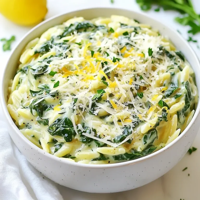 Für cremigen Spinat-Orzo braucht man einige einfache, frische Zutaten. Hier sind die Hauptzutaten, die du benötigst: - 1 Tasse Orzo-Pasta - 2 Tassen frischer Spinat, grob gehackt - 1 Tasse Gemüsebrühe - 1 Tasse Schlagcreme - 1/2 Tasse geriebener Parmesan-Käse - 1/4 Tasse Frischkäse - 2 Esslöffel Olivenöl - 3 Knoblauchzehen, fein gehackt - 1/2 Teelöffel Zwiebelpulver - Salz und Pfeffer nach Geschmack - Schale von 1 Zitrone (abgerieben) - Frische Petersilie, gehackt (zur Dekoration) Diese Zutaten geben dem Gericht einen tollen Geschmack und eine cremige Textur. Manchmal hast du vielleicht nicht alle Zutaten zur Hand. Hier sind einige Alternativen, die du verwenden kannst: - Ersetze die Orzo-Pasta durch Reis oder Couscous. - Nutze gefrorenen Spinat, wenn frischer nicht verfügbar ist. - Statt Schlagcreme kannst du auch Kokosmilch für eine vegane Option verwenden. - Parmesan-Käse kann durch einen anderen Hartkäse ersetzt werden. - Verwende statt Frischkäse eine pflanzliche Creme für eine vegane Version. Diese Alternativen helfen dir, das Gericht nach deinem Geschmack anzupassen. Cremiger Spinat-Orzo ist nicht nur lecker, sondern auch gesund. Hier sind einige Nährstoffe und Vorteile: - Spinat ist reich an Eisen und Vitaminen. Er stärkt das Immunsystem. - Orzo-Pasta liefert dir wichtige Kohlenhydrate für Energie. - Olivenöl enthält gesunde Fette, die gut für das Herz sind. - Parmesan gibt Calcium und Protein für starke Knochen. Das Gericht bietet eine ausgewogene Kombination aus Nährstoffen. Es ist eine nährstoffreiche Mahlzeit, die gut für dich ist. {{ingredient_image_2}} Zuerst bringst du einen mittelgroßen Topf mit Wasser zum Kochen. Das Wasser sollte gut sprudeln. Füge dann die Orzo-Pasta hinzu. Koche die Pasta für etwa 8 bis 10 Minuten. Sie sollte al dente sein, also weich, aber noch mit etwas Biss. Wenn die Orzo-Pasta fertig ist, gieße sie ab und stelle sie beiseite. Nimm denselben Topf und erhitze das Olivenöl bei mittlerer Hitze. Gib den fein gehackten Knoblauch hinzu und sautier ihn für etwa eine Minute. Du wirst den tollen Duft des Knoblauchs spüren! Dann füge den grob gehackten Spinat hinzu. Lass ihn für 2 bis 3 Minuten kochen, bis er zusammengefallen und zart ist. Jetzt kommt der spannende Teil! Gieße die Gemüsebrühe und die Schlagcreme in den Topf. Rühre alles gut um und lass die Mischung sanft köcheln. Die Aromen werden sich wunderbar verbinden. Danach gib die gekochte Orzo-Pasta zurück in den Topf. Füge den geriebenen Parmesan und den Frischkäse hinzu. Rühre alles um, bis es schön cremig ist. Würze die Mischung mit Zwiebelpulver, Salz, Pfeffer und der Zitronenschale. Lass das Ganze weitere 2 bis 3 Minuten köcheln, bis alles gut warm ist. Jetzt sieht es schon köstlich aus! Nimm den Topf vom Herd und serviere die Speise sofort. Garniere sie mit frischer, gehackter Petersilie für einen schönen Farbklecks. Guten Appetit! Um die perfekte Konsistenz für deinen Spinat-Orzo zu erreichen, achte darauf, die Orzo-Pasta al dente zu kochen. Das bedeutet, sie sollte weich, aber noch bissfest sein. Nach dem Kochen, spüle die Pasta nicht ab. So bleibt die Stärke, die hilft, die Sauce zu binden. Wenn die Mischung zu dick wird, füge mehr Gemüsebrühe hinzu, um sie cremiger zu machen. Ein häufiger Fehler ist, die Orzo-Pasta zu lange zu kochen. Das macht sie matschig. Achte darauf, die Zeit auf der Verpackung zu beachten. Ein weiterer Fehler ist, nicht genug Salz in das Kochwasser zu geben. Das hilft, den Geschmack der Pasta zu verbessern. Vermeide auch, die Zutaten zu schnell hinzuzufügen. Lass den Spinat gut zusammenfallen, bevor du die Brühe und die Schlagcreme hinzufügst. Um deinen Spinat-Orzo noch besser zu machen, kannst du verschiedene Ergänzungen ausprobieren. Füge gebratene Hähnchenstücke oder Garnelen hinzu, um mehr Protein zu bekommen. Du kannst auch geröstete Pinienkerne oder Walnüsse für eine knackige Textur einstreuen. Frische Kräuter wie Basilikum oder Thymian bringen zusätzlichen Geschmack. Experimentiere mit verschiedenen Käsesorten, wie Feta oder Gouda, für neue Aromen. Pro Tipps Verwenden Sie frischen Spinat: Frischer Spinat hat einen intensiveren Geschmack und eine bessere Textur als gefrorener Spinat. Achten Sie darauf, ihn gut zu waschen und grob zu hacken, bevor Sie ihn hinzufügen. Käse variieren: Experimentieren Sie mit verschiedenen Käsesorten wie Pecorino oder Feta, um dem Gericht eine neue Geschmacksnote zu verleihen. Würzen anpassen: Probieren Sie verschiedene Gewürze wie Muskatnuss oder Chili-Flocken aus, um die Aromen des Gerichts zu intensivieren und einen persönlichen Touch hinzuzufügen. Für eine leichtere Variante: Ersetzen Sie die Schlagcreme durch griechischen Joghurt oder eine pflanzliche Alternative, um das Gericht leichter und gesünder zu gestalten. {{image_4}} Um mehr Protein in deinen cremigen Spinat-Orzo zu bringen, füge Hähnchen oder Garnelen hinzu. Gekochtes Hähnchen passt gut. Du kannst es klein schneiden und nach dem Spinat in die Sauce geben. Garnelen sind schnell zu machen. Brate sie einfach in etwas Olivenöl, bis sie rosa sind. Füge sie dann in die Mischung. So wird das Gericht nährstoffreicher und sättigender. Für eine vegetarische Version lasse den Parmesan und den Frischkäse weg. Du kannst stattdessen Nusskäse oder Hefeflocken verwenden. Diese geben einen ähnlichen Geschmack. Wenn du es vegan machen willst, ersetze die Schlagcreme durch Kokoscreme oder eine pflanzliche Sahne. Achte darauf, dass alle anderen Zutaten auch vegan sind. Diese Anpassungen machen das Gericht für alle zugänglich. Um deinen Spinat-Orzo aufregender zu machen, experimentiere mit verschiedenen Kräutern und Gewürzen. Thymian oder Oregano passen gut dazu. Du kannst auch frische Kräuter wie Basilikum oder Dill verwenden. Ein Spritzer Zitrone bringt Frische. Wenn du es würziger magst, füge eine Prise rote Paprika oder Cayennepfeffer hinzu. Diese kleinen Änderungen geben dem Gericht eine ganz neue Note und machen es besonders lecker. Um Reste von cremigem Spinat-Orzo gut zu lagern, nutzen Sie einen luftdichten Behälter. Lassen Sie das Gericht zuerst auf Raumtemperatur abkühlen. Füllen Sie dann den Behälter und schließen Sie ihn gut. So bleibt der Geschmack frisch. Cremiger Spinat-Orzo hält sich im Kühlschrank bis zu drei Tage. Achten Sie darauf, ihn gut abzudecken. Bei richtiger Lagerung bleibt die Qualität erhalten. Nach drei Tagen kann die Textur und der Geschmack leiden. Um den Spinat-Orzo aufzuwärmen, geben Sie ihn in einen Topf. Fügen Sie einen Schuss Gemüsebrühe hinzu, um die Cremigkeit wiederherzustellen. Erhitzen Sie ihn bei mittlerer Hitze und rühren Sie gut um. Für das Einfrieren teilen Sie den Orzo in Portionen auf. Verwenden Sie Gefrierbeutel oder Behälter. So können Sie ihn bis zu zwei Monate aufbewahren. Zum Auftauen legen Sie ihn einfach über Nacht in den Kühlschrank. Um Orzo al dente zu kochen, bringe ich einen großen Topf mit Wasser zum Kochen. Ich füge dann die Orzo-Pasta hinzu und koche sie für etwa 8 bis 10 Minuten. Es ist wichtig, die Pasta während des Kochens zu probieren. Sie sollte weich, aber noch bissfest sein. Nach dem Kochen gieße ich die Pasta ab und lasse sie kurz ruhen. Ja, gefrorener Spinat ist eine gute Option. Ich empfehle, ihn vorher aufzutauen und gut auszupressen. So entferne ich überschüssiges Wasser. Dies hilft, das Gericht nicht zu wässrig zu machen. Gefrorener Spinat hat zwar eine andere Textur, bleibt aber nährstoffreich und schmackhaft. Cremiger Spinat-Orzo passt gut zu vielen Beilagen. Ich serviere oft einen frischen grünen Salat dazu. Gegrilltes Hähnchen oder Garnelen ergänzen die Pasta wunderbar. Auch geröstetes Gemüse bringt Farbe und Geschmack auf den Teller. So wird jede Mahlzeit noch interessanter und abwechslungsreicher. Cremiger Spinat-Orzo ist ein einfaches und leckeres Gericht. Wir haben die Hauptzutaten, Nährstoffe und Alternativen besprochen. Du hast auch eine Schritt-für-Schritt-Anleitung erhalten, um die Pasta und Sauce perfekt zuzubereiten. Ich habe dir Tipps gegeben, um häufige Fehler zu vermeiden, und wie du das Gericht variieren kannst. Die Aufbewahrung von Resten ist ebenfalls wichtig. Jetzt weißt du, wie du cremigen Spinat-Orzo einfach genießen kannst – allein oder mit Beilagen. Viel Spaß beim Kochen!