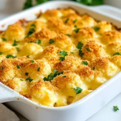 Für diesen Käse Blumenkohl Auflauf benötigst du frische, einfache Zutaten. Hier ist eine Liste: - 1 großer Kopf Blumenkohl, in Röschen zerteilt - 2 Esslöffel Olivenöl - 1 Tasse Sahne - 1 Tasse geriebener scharfer Cheddar-Käse - 1 Tasse geriebener Gruyère-Käse - 1/2 Tasse geriebener Parmesan-Käse Blumenkohl ist die Hauptzutat. Er bringt eine tolle Textur. Die verschiedenen Käsesorten geben Geschmack und Cremigkeit. Die richtigen Gewürze machen den Auflauf besonders. Hier sind die Gewürze: - 1 Teelöffel Knoblauchpulver - 1 Teelöffel Zwiebelpulver - Salz und Pfeffer nach Geschmack - 1/2 Teelöffel Dijon-Senf - 1/4 Teelöffel Muskatnuss (frisch gerieben, wenn möglich) Knoblauchpulver und Zwiebelpulver fügen Tiefe hinzu. Senf und Muskatnuss bringen einen feinen Geschmack. Für mehr Crunch kannst du folgende Zutaten hinzufügen: - 1/4 Tasse Semmelbrösel (optional als Topping) - Frische Petersilie, gehackt (zum Garnieren) Die Semmelbrösel sorgen für eine knusprige Kruste. Petersilie bringt Frische und Farbe. {{ingredient_image_2}} Heize deinen Ofen auf 190°C vor. Das ist wichtig, um den Auflauf gleichmäßig zu backen. Fette eine mittelgroße Auflaufform mit etwas Olivenöl ein. So bleibt der Auflauf beim Backen nicht kleben und wird schön goldbraun. Nimm einen großen Topf und fülle ihn mit Wasser. Füge Salz hinzu und bringe das Wasser zum Kochen. Sobald es kocht, füge die Blumenkohlröschen hinzu. Blanchiere sie für etwa 3-4 Minuten. Sie sollen zart, aber noch bissfest bleiben. Danach gieße das Wasser ab und stelle den Blumenkohl beiseite. Nimm einen mittelgroßen Topf und stelle ihn bei mittlerer Hitze auf den Herd. Gieße die Sahne hinein und füge Knoblauchpulver, Zwiebelpulver, Salz, Pfeffer, Dijon-Senf und Muskatnuss hinzu. Rühre alles gut zusammen, bis es heiß ist. Füge dann langsam den Cheddar- und Gruyère-Käse hinzu. Rühre weiter, bis der Käse geschmolzen und die Soße schön cremig ist. Verteile die blanchierten Blumenkohlröschen gleichmäßig in der vorbereiteten Auflaufform. Gieße die Käsesoße über den Blumenkohl, sodass alle Stücke gut bedeckt sind. Wenn du magst, streue Semmelbrösel obenauf für einen zusätzlichen Crunch. Zum Schluss füge den geriebenen Parmesan gleichmäßig über das Gericht hinzu. Jetzt ist es Zeit, den Auflauf zu backen! Stelle die Auflaufform in den vorgeheizten Ofen und backe ihn für 25-30 Minuten. Die Oberseite sollte goldbraun und blubbernd sein. Nimm den Auflauf aus dem Ofen und lasse ihn etwa 5 Minuten ruhen. Garniere ihn dann mit frisch gehackter Petersilie, bevor du ihn servierst. Um die Käsesoße wirklich cremig zu machen, gibt es einige Geheimtipps. Zuerst solltest du die Sahne leicht erhitzen, bevor du sie zu den Käsesorten gibst. So schmilzt der Käse besser. Du kannst auch Frischkäse oder Crème fraîche hinzufügen. Diese Zutaten machen die Soße noch reichhaltiger. Vergiss nicht, die Käsesorten gut zu mischen, damit sich die Aromen verbinden. Blanchieren ist ein wichtiger Schritt für den Blumenkohl. Koche Wasser in einem großen Topf und füge Salz hinzu. Die Blumenkohlröschen sollten nur 3-4 Minuten kochen. So bleiben sie bissfest und frisch. Halte ein Eisbad bereit, um den Kochprozess zu stoppen. Das gibt dem Blumenkohl eine schöne Farbe und Textur. Ein gut blanchierter Blumenkohl hat einen besseren Geschmack im Auflauf. Frische Kräuter bringen viel Geschmack in deinen Auflauf. Petersilie ist eine tolle Wahl, um den Blumenkohl zu garnieren. Du kannst auch Thymian oder Schnittlauch verwenden. Diese Kräuter machen das Gericht lebendiger. Füge sie in die Käsesoße oder gleich vor dem Servieren hinzu. So hebt ihr den Geschmack und die Frische. Pro Tipps Blumenkohl richtig blanchieren: Achte darauf, den Blumenkohl nicht zu lange zu blanchieren, damit er seine Bissfestigkeit behält und nicht zu weich wird. Käsevariation: Du kannst verschiedene Käsesorten ausprobieren, wie zum Beispiel Gouda oder Mozzarella, um unterschiedliche Geschmäcker zu erzielen. Semmelbrösel anpassen: Verwende Panko-Semmelbrösel für zusätzlichen Crunch oder mische sie mit etwas Parmesan für extra Geschmack. Ruhen lassen: Lass den Auflauf nach dem Backen etwas ruhen, bevor du ihn servierst, damit sich die Aromen setzen können. {{image_4}} Du kannst eine vegane Version des Käse Blumenkohl Auflaufs machen. Verwende anstelle von Sahne pflanzliche Milch wie Mandel- oder Hafermilch. Nutze vegane Käsesorten aus Nüssen oder Soja. Diese sind oft cremig und schmelzen gut. So bleibt der Geschmack lecker und die Textur gut. Füge verschiedene Gemüsesorten hinzu, um den Auflauf bunter zu machen. Du kannst Brokkoli, Karotten oder Paprika verwenden. Diese geben nicht nur Farbe, sondern auch mehr Nährstoffe. Schneide das Gemüse klein und blanchiere es kurz, bevor du es mit dem Blumenkohl mischst. So bleibt der Auflauf knackig und gesund. Probiere unterschiedliche Käsesorten für deinen Auflauf. Feta ist eine tolle Wahl, die einen salzigen Kick gibt. Gouda oder Mozzarella sorgen für eine milde, cremige Note. Mische diese Käse mit dem Cheddar und Gruyère für viel Geschmack. Experimentiere und finde deine Lieblingskombination. Nach dem Genießen des Käse Blumenkohl Auflaufs bleiben oft leckere Reste. Lass das Gericht zuerst abkühlen. Stelle es dann in einen luftdichten Behälter. So bleibt der Geschmack frisch. Du kannst die Reste bis zu drei Tage im Kühlschrank lagern. Achte darauf, die Reste nicht länger als nötig stehen zu lassen. Um den Auflauf wieder aufzuwärmen, heize deinen Ofen auf 180°C vor. Platziere den Auflauf in einer Auflaufform. Decke ihn mit Alufolie ab, um ein Austrocknen zu verhindern. Backe ihn etwa 15 bis 20 Minuten, bis er durchgehend heiß ist. Du kannst auch die Mikrowelle verwenden. Achte jedoch darauf, den Auflauf gleichmäßig zu erwärmen. Im Kühlschrank bleibt der Käse Blumenkohl Auflauf etwa drei Tage frisch. Wenn du ihn länger aufbewahren möchtest, friere ihn ein. In einem luftdichten Behälter hält er bis zu drei Monate im Gefrierschrank. Denke daran, ihn vor dem Einfrieren gut abzukühlen. So bleibt die Textur und der Geschmack erhalten. Der Käse Blumenkohl Auflauf braucht etwa 25 bis 30 Minuten im Ofen. Die Oberseite sollte goldbraun und blubbernd sein. Pass auf, dass du ihn nicht zu lange backst, damit er nicht austrocknet. Ja, du kannst andere Gemüsesorten hinzufügen. Brokkoli, Karotten oder Erbsen passen gut dazu. Diese Gemüse bringen mehr Farben und Nährstoffe in das Gericht. Achte darauf, die Gemüse vorher leicht zu blanchieren, damit sie weich sind. Wenn du keine Sahne verwenden möchtest, probiere Milch oder pflanzliche Milchalternativen. Du kannst auch Joghurt verwenden, um die Käsesoße cremig zu machen. Achte darauf, die Menge anzupassen, damit die Konsistenz stimmt. Ja, der Auflauf eignet sich gut für Meal Prep. Du kannst ihn im Voraus zubereiten und im Kühlschrank aufbewahren. Einfach aufwärmen, wenn du bereit bist, ihn zu genießen. Du kannst verschiedene Käsesorten ausprobieren. Gouda, Mozzarella oder Feta bringen neue Geschmäcker. Mische die Käsesorten nach deinem Geschmack. Das macht den Auflauf noch spannender! Der Käse Blumenkohl Auflauf ist einfach zuzubereiten und lecker. Wir haben die Hauptzutaten, Gewürze und verschiedene Optionen besprochen. In der Schritt-für-Schritt-Anleitung lernst du, wie du diesen Auflauf perfekt zubereitest. Tipps wie die Verwendung frischer Kräuter und andere Käsesorten machen es einfacher, kreativ zu werden. Du kannst Reste gut lagern und sie später wieder aufwärmen. Denk daran, dass dieser Auflauf auch eine großartige Wahl für Meal Prep ist. Probier es aus und genieße die Vielseitigkeit!