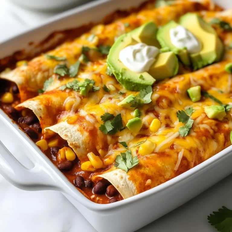 Um köstliche Käsebohnen-Enchiladas zu machen, benötigen Sie: - 2 Tassen schwarze Bohnen, abgespült und abgetropft - 1 Tasse Maiskörner (frisch oder gefroren) - 1 Tasse geriebener Käse (Cheddar, Monterey Jack oder eine Mischung) - 8 Maistortillas - 2 Tassen Enchiladasauce (fertig gekauft oder selbstgemacht) - Olivenöl zum Bestreichen - Salz und Pfeffer nach Geschmack Diese Zutaten bieten eine gute Basis. Die schwarzen Bohnen geben Ihnen Protein und Ballaststoffe. Der Käse sorgt für den cremigen Geschmack, den wir alle lieben. Die richtigen Gewürze machen den Unterschied. Für Käsebohnen-Enchiladas verwenden wir: - 1 Teelöffel Kreuzkümmelpulver - 1 Teelöffel Chilipulver - 1/2 Teelöffel Knoblauchpulver - 1/4 Tasse frischer Koriander, gehackt (optional) Kreuzkümmel und Chilipulver bringen Wärme und Tiefe. Knoblauchpulver verleiht ein tolles Aroma. Frischer Koriander gibt einen frischen, lebhaften Geschmack. Ein schöner Teller macht das Essen noch besser. Für die Garnierung können Sie hinzufügen: - Geschnittene Avocado - Saure Sahne Diese Zutaten sind nicht notwendig, aber sie machen das Gericht schöner und leckerer. Die Avocado bringt Cremigkeit, während die saure Sahne einen tollen Kontrast bietet. {{ingredient_image_2}} Heize deinen Ofen auf 190°C (375°F) vor. Das sorgt dafür, dass die Enchiladas gleichmäßig garen. Bereite eine Auflaufform vor, indem du eine kleine Menge Enchiladasauce auf den Boden gibst. Das verhindert, dass die Enchiladas anhaften. In einer großen Rührschüssel mische die schwarzen Bohnen, den Mais und die Hälfte des geriebenen Käses. Füge Kreuzkümmel, Chilipulver, Knoblauchpulver und optional Koriander hinzu. Würze die Mischung mit Salz und Pfeffer. Rühre alles gut um, bis alles gut vermischt ist. Erhitze eine trockene Pfanne auf mittlerer Hitze. Lege die Maistortillas für etwa 30 Sekunden auf jede Seite, um sie geschmeidig zu machen. Nimm eine Tortilla und gib etwa 1/4 Tasse der Füllung in die Mitte. Rolle die Tortilla fest auf und lege sie mit der Naht nach unten in die Auflaufform. Wiederhole diesen Schritt mit den restlichen Tortillas. Gieße die verbleibende Enchiladasauce gleichmäßig über die gefüllten Tortillas. Streue den restlichen geriebenen Käse darüber. Bestreiche die Oberseite leicht mit Olivenöl und decke die Form mit Alufolie ab. Backe die Enchiladas für 20 Minuten. Entferne die Folie und backe sie für weitere 10-15 Minuten, bis der Käse sprudelnd und leicht goldbraun ist. Lass die Enchiladas einige Minuten abkühlen, bevor du sie servierst. Für die Füllung sind die schwarzen Bohnen und der Mais die Stars. Ich empfehle, die Bohnen gut abzuspülen und abtropfen zu lassen. Das sorgt für einen frischen Geschmack. Fügen Sie etwas Kreuzkümmel und Chilipulver hinzu, um den Geschmack zu intensivieren. Diese Gewürze machen einen großen Unterschied. Wenn Sie frischen Koriander verwenden, geben Sie ihn am Ende hinzu. So bleibt der Geschmack frisch und lebendig. Um ein Ankleben zu vermeiden, verteilen Sie zuerst etwas Enchiladasauce auf dem Boden der Auflaufform. Das hilft sehr. Außerdem sollten Sie die Tortillas vor dem Füllen leicht erwärmen. Das macht sie geschmeidiger und einfacher zu rollen. So bleiben sie auch schön ganz. Wenn Sie die Tortillas richtig behandeln, wird die Zubereitung viel einfacher. Servieren Sie die Enchiladas heiß aus dem Ofen. Ich mag es, sie mit geschnittener Avocado und einem Klecks saurer Sahne zu garnieren. Das sieht nicht nur toll aus, sondern schmeckt auch lecker. Ein bisschen frischer Koriander darüber gibt ein schönes Aroma. Ihre Gäste werden begeistert sein! Denken Sie daran, die Enchiladas vor dem Servieren etwas abkühlen zu lassen. So können Sie sich nicht verbrennen und genießen das Essen mehr. Pro Tipps Tortillas richtig aufwärmen: Erwärmen Sie die Maistortillas in einer trockenen Pfanne, um sie geschmeidig zu machen, damit sie sich leichter rollen lassen, ohne zu reißen. Gewürze anpassen: Passen Sie die Gewürze nach Ihrem Geschmack an, indem Sie mehr Chilipulver hinzufügen, wenn Sie es schärfer mögen, oder frische Kräuter für mehr Geschmack verwenden. Vorbereitung der Enchiladas: Sie können die Enchiladas im Voraus zubereiten und im Kühlschrank aufbewahren. Backen Sie sie kurz vor dem Servieren, um sie frisch und heiß zu genießen. Serviervorschläge: Garnieren Sie die Enchiladas vor dem Servieren mit frischem Koriander, geschnittener Avocado oder einem Klecks saurer Sahne für zusätzliche Frische und Geschmack. {{image_4}} Käsebohnen-Enchiladas sind schon vegetarisch, aber du kannst sie noch besser machen. Füge frisches Gemüse hinzu, wie Paprika, Zucchini oder Spinat. Diese Optionen bringen Farbe und zusätzlichen Geschmack. Du kannst auch schwarze Bohnen durch andere Bohnen ersetzen, wie Pinto-Bohnen oder Kidneybohnen. Das gibt dir mehr Vielfalt. Wenn du mehr Geschmack willst, probiere diese Füllungen: - Gebratene Zwiebeln - Gegrillte Chilischoten - Avocado - Frischkäse Diese Zutaten geben den Enchiladas eine neue Note. Du kannst auch verschiedene Käsesorten verwenden. Mischungen aus Cheddar, Gouda und Monterey Jack sind lecker und schmelzen gut. Für eine glutenfreie Variante verwende spezielle Maistortillas. Diese sind oft in Supermärkten erhältlich. Achte darauf, dass die Enchiladasauce ebenfalls glutenfrei ist. Viele Marken bieten glutenfreie Optionen an. So kannst du die Enchiladas ohne Sorge genießen. Um Reste von Käsebohnen-Enchiladas frisch zu halten, lege sie in einen luftdichten Behälter. Stelle sicher, dass der Behälter gut verschlossen ist. So bleiben die Enchiladas für bis zu drei Tage im Kühlschrank essbar. Wenn du die Enchiladas länger aufbewahren möchtest, friere sie ein. Lege die gefüllten und ungebackenen Enchiladas in eine gefriergeeignete Form. Decke sie gut mit Folie ab. Sie können bis zu drei Monate im Gefrierfach bleiben. Achte darauf, sie vor dem Backen vollständig aufzutauen. Zum Aufwärmen der Enchiladas, heize deinen Ofen auf 180°C vor. Lege die Enchiladas in eine Auflaufform und decke sie mit Folie ab. Backe sie für etwa 15 bis 20 Minuten, bis sie warm sind. Du kannst auch die Mikrowelle nutzen, aber das Backen gibt ihnen eine bessere Textur. Die Zubereitung der Käsebohnen-Enchiladas dauert etwa 15 Minuten. Die Backzeit beträgt 30 bis 35 Minuten. Insgesamt sind es also rund 45 Minuten bis zum ersten Biss. Für Enchiladas empfehle ich Cheddar oder Monterey Jack. Diese Käsesorten schmelzen gut und geben tollen Geschmack. Eine Mischung aus beiden sorgt für eine interessante Note. Ja, du kannst die Enchiladas vegan machen. Verwende einfach pflanzlichen Käse und lasse die saure Sahne weg. Ersetze die Butter mit Öl und achte darauf, dass die Tortillas vegan sind. Die beste Enchiladasauce macht man aus Tomaten, Zwiebeln und Gewürzen. Koche die Zutaten zusammen und püriere sie, bis die Sauce glatt ist. Füge etwas Brühe oder Wasser hinzu, um die gewünschte Konsistenz zu erreichen. In diesem Artikel haben wir die besten Zutaten für Käsebohnen-Enchiladas entdeckt. Wir haben eine einfache Schritt-für-Schritt-Anleitung für die Zubereitung erstellt. Tipps und Tricks helfen dir, perfekte Enchiladas zu machen. Du kannst kreative Variationen ausprobieren und deine Reste richtig lagern. Zusammenfassend lässt sich sagen, dass diese Enchiladas einfach und lecker sind. Experimentiere mit den Zutaten und finde deinen eigenen Stil!