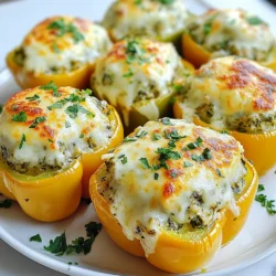 Für dieses Gericht benötigst du frische und leckere Zutaten. Hier sind die Hauptzutaten: - 4 große Paprika (in jeder gewünschten Farbe) - 1 Tasse tiefgekühlter Spinat, aufgetaut und gut abgetropft - 1 Tasse Artischockenherzen, gehackt - 1 Tasse Frischkäse, weich - 1/2 Tasse Sauerrahm - 1 Tasse geriebener Mozzarella-Käse, plus extra zum Bestreuen - 1/4 Tasse geriebener Parmesan-Käse - 2 Knoblauchzehen, fein gehackt - 1 Teelöffel Zitronensaft - Salz und Pfeffer nach Geschmack - Frische Petersilie, gehackt zur Garnierung Diese Zutaten bringen viel Geschmack und eine tolle Textur in dein Gericht. Zusätzlich zu den Hauptzutaten kannst du auch einige weitere Zutaten verwenden. Zum Beispiel: - Zwiebeln: Sie geben mehr Süße und Tiefe. - Chili-Flocken: Für eine scharfe Note, falls du es würzig magst. - Olivenöl: Für ein wenig gesunde Fette und Geschmack. Diese Zutaten können die Nährwerte verbessern und das Gericht interessanter machen. Die Auswahl der Paprika macht Spaß und beeinflusst den Geschmack. Du kannst rote, grüne, gelbe oder orange Paprika verwenden. Jede Farbe hat ihren eigenen Geschmack: - Rote Paprika: Süß und mild. - Grüne Paprika: Etwas bitterer, hat mehr Biss. - Gelbe und orange Paprika: Süß und fruchtig. Wähle die Farben, die dir am besten gefallen. Das sorgt für ein schönes Aussehen und mehr Freude beim Essen. {{ingredient_image_2}} Zuerst heize ich meinen Ofen auf 190°C vor. Dann nehme ich die Paprika und schneide die Spitzen ab. Ich entferne die Kerne und die inneren Membranen. Jetzt stelle ich die Paprika aufrecht in eine Auflaufform. Diese Schritte sind wichtig, damit die Paprika gut gefüllt werden können. In einer großen Schüssel kombiniere ich den aufgetauten Spinat mit den gehackten Artischockenherzen. Ich füge den weichen Frischkäse und den Sauerrahm hinzu. Der geriebene Mozzarella und der Parmesan kommen auch dazu. Ich hacke zwei Knoblauchzehen fein und mische sie hinein. Zum Schluss gebe ich einen Teelöffel Zitronensaft hinzu. Jetzt schmecke ich die Mischung mit Salz und Pfeffer ab. Es ist wichtig, dass alles gut vermischt ist. Jetzt löffele ich die Füllung vorsichtig in jede Paprika. Ich drücke die Mischung leicht an, damit sie gut gefüllt ist. Dann streue ich etwas zusätzlichen Mozzarella obenauf. In der Auflaufform gebe ich etwa 60 ml Wasser hinzu. Das erzeugt Dampf und macht die Paprika zart. Ich decke die Form mit Aluminiumfolie ab und backe sie 30 Minuten. Danach entferne ich die Folie und backe sie 10-15 Minuten weiter. Ich achte darauf, dass der Käse sprudelnd und goldbraun wird. Nach dem Backen lasse ich die Paprika kurz abkühlen und garniere sie mit frischer Petersilie. Um die beste Füllung für die Spinatr-Artischocken gefüllte Paprika zu machen, achte auf die richtige Konsistenz. Der Frischkäse sollte weich sein. So lässt sich alles gut mischen. Verwende auch gut abgetropften Spinat und Artischocken. Zu viel Flüssigkeit macht die Füllung matschig. Schmecke die Mischung mit Salz und Pfeffer ab. Ein Spritzer Zitronensaft bringt Frische. Das macht die Füllung lecker und ausgewogen. Fülle die Paprika fest, aber nicht zu fest. So bleibt die Füllung beim Backen schön saftig. Du kannst die gefüllten Paprika leicht im Voraus zubereiten. Mache die Füllung am Abend vorher. Fülle die Paprika und stelle sie in den Kühlschrank. Am nächsten Tag brauchst du sie nur noch backen. Dies spart Zeit und macht das Kochen einfacher. Wenn du die Paprika direkt backen willst, heize den Ofen gut vor. Das sorgt dafür, dass die Paprika gleichmäßig garen. Denk daran, etwas Wasser in die Form zu geben. Das hilft, die Paprika zart zu halten. Die gefüllten Paprika sind schon sehr nahrhaft. Du kannst sie aber mit einfachen Beilagen ergänzen. Ein frischer Salat passt gut dazu. Auch knuspriges Brot ist eine gute Wahl. Wenn du etwas Herzhaftes magst, probiere gebratene Kartoffeln oder Reis. Diese Beilagen machen deine Mahlzeit rund und sättigend. Vergiss nicht, die Paprika mit frischer Petersilie zu garnieren. Das sieht nicht nur schön aus, sondern bringt auch frischen Geschmack. Pro Tipps Paprika auswählen: Wählen Sie frische, feste Paprika ohne Druckstellen aus, um die besten Ergebnisse zu erzielen. Spinat gut abtropfen: Stellen Sie sicher, dass der Spinat gut abgetropft ist, um eine wässrige Füllung zu vermeiden. Variation der Käse: Experimentieren Sie mit verschiedenen Käsesorten wie Feta oder Gouda für zusätzliche Geschmacksrichtungen. Vorbereitung der Paprika: Blanchieren Sie die Paprika kurz in kochendem Wasser, um sie weicher zu machen und die Backzeit zu verkürzen. {{image_4}} Wenn Sie eine vegetarische Variante machen möchten, gibt es viele Optionen. Ersetzen Sie die Artischocken durch gewürfelte Zucchini oder Pilze. Diese Zutaten geben Textur und einen leckeren Geschmack. Außerdem können Sie Kichererbsen hinzufügen. Sie liefern gesunde Ballaststoffe und Protein. Möchten Sie mehr Protein in Ihre Füllung? Fügen Sie gekochte Hühnchenstücke oder Tofu hinzu. Diese Zutaten machen das Gericht nahrhafter. Achten Sie darauf, die Stücke klein zu schneiden, damit sie gut in die Paprika passen. Außerdem können Sie Quinoa oder Linsen einmischen. Diese Optionen sind gesund und sättigend. Um den Geschmack zu verbessern, spielen Gewürze eine große Rolle. Fügen Sie etwas Paprika oder Kreuzkümmel hinzu. Diese Gewürze bringen einen neuen Geschmack. Auch frische Kräuter wie Basilikum oder Oregano geben Frische. Experimentieren Sie mit verschiedenen Kombinationen. So finden Sie den perfekten Geschmack für Ihre gefüllten Paprika. Wenn Sie Reste von den Spinatr-Artischocken gefüllten Paprika haben, bewahren Sie diese gut auf. Lassen Sie die Paprika zuerst abkühlen. Dann legen Sie sie in einen luftdichten Behälter. So bleiben die Aromen frisch. Lagern Sie die gefüllten Paprika im Kühlschrank. Sie halten sich dort bis zu drei Tage. Achten Sie darauf, die Reste nicht zu lange stehen zu lassen. Das Einfrieren ist eine tolle Option. Wenn Sie die gefüllten Paprika bereits gekocht haben, lassen Sie sie abkühlen. Wickeln Sie jede Paprika in Frischhaltefolie oder Aluminiumfolie. Legen Sie die eingewickelten Paprika in einen Gefrierbeutel. So sparen Sie Platz und vermeiden Gefrierbrand. Sie können die gefüllten Paprika bis zu drei Monate einfrieren. Wenn Sie sie essen möchten, tauen Sie sie im Kühlschrank auf. Um die gefüllten Paprika aufzuwärmen, heizen Sie den Ofen auf 180°C vor. Legen Sie die Paprika in eine Auflaufform. Decken Sie die Form mit Aluminiumfolie ab, damit sie nicht austrocknen. Backen Sie sie für etwa 20 Minuten, bis sie warm sind. Sie können die Paprika auch in der Mikrowelle aufwärmen. Stellen Sie die Mikrowelle auf hohe Stufe und erhitzen Sie sie in Intervallen von 1-2 Minuten. So bleiben die Füllung und der Käse lecker und schmelzend. Ja, frischer Spinat ist eine tolle Wahl. Du musst ihn aber vorher blanchieren. Blanchiere den Spinat, bis er weich ist. Lass ihn dann gut abtropfen und hacke ihn klein. So bekommst du einen frischen Geschmack in deinen gefüllten Paprika. Die gefüllten Paprika brauchen insgesamt etwa 40 bis 45 Minuten im Ofen. Zuerst backst du sie 30 Minuten mit Folie. Danach nimmst du die Folie ab und backst sie weitere 10 bis 15 Minuten. So wird der Käse oben schön goldbraun und die Paprika werden zart. Ja, du kannst die Paprika auch grillen! Bereite die Füllung wie gewohnt vor. Grill die gefüllten Paprika dann auf mittlerer Hitze. Drehe sie regelmäßig, bis sie weich sind und der Käse schmilzt. Das gibt ein tolles rauchiges Aroma und macht das Gericht noch schmackhafter. Spinartischocken gefüllte Paprika sind einfach zuzubereiten und lecker. Wir haben die wichtigsten Zutaten und deren Vorteile besprochen. Außerdem habe ich eine Schritt-für-Schritt-Anleitung gegeben, die dir hilft, perfekte gefüllte Paprika zu machen. Tipps zum Vorbereiten und Variationen runden das Thema ab. Denke an die Lagerungshinweise, um Reste frisch zu halten. Du kannst kreativ werden und deine eigenen Ideen einbringen. Das macht das Rezept zu deinem eigenen! Guten Appetit!