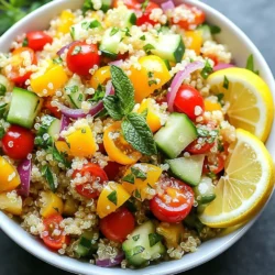 Um einen leckeren Zitronen-Kräuter-Quinoa-Salat zuzubereiten, benötigst du: - 1 Tasse Quinoa, gründlich gewaschen - 2 Tassen Gemüsebrühe oder Wasser - 1 Tasse Kirschtomaten, halbiert - 1 Gurke, gewürfelt - 1 Paprika (jede Farbe), gewürfelt - 1/4 rote Zwiebel, fein gehackt - 1/4 Tasse frische Petersilie, gehackt - 1/4 Tasse frische Minzblätter, gehackt - Saft von 1 Zitrone - 3 Esslöffel Olivenöl - Salz und Pfeffer nach Geschmack Verwende frische und hochwertige Zutaten. Achte darauf, dass die Quinoa gut gewaschen ist. Dies entfernt Bitterstoffe. Die Gemüsebrühe sorgt für mehr Geschmack. Wähle reife und saftige Kirschtomaten. Die Gurke und Paprika sollten knackig sein. Frische Kräuter bringen den besten Geschmack. Falls du keine Quinoa hast, kannst du Bulgur oder Couscous probieren. Statt Kirschtomaten kannst du auch normale Tomaten nutzen. Paprika kann durch Karotten ersetzt werden. Neben Petersilie und Minze sind auch Basilikum oder Dill lecker. Verwende Limettensaft, wenn du keinen Zitronensaft hast. {{ingredient_image_2}} Um die Quinoa zuzubereiten, beginne mit einer Tasse Quinoa. Es ist wichtig, die Quinoa gut zu waschen. Das entfernt Bitterstoffe. Gib dann die gewaschene Quinoa in einen mittelgroßen Topf. Füge zwei Tassen Gemüsebrühe oder Wasser hinzu. Bring die Mischung zum Kochen. Reduziere die Hitze dann auf niedrig. Decke den Topf ab und lasse die Quinoa etwa 15 Minuten köcheln. Sie sollte fluffig sein und die gesamte Flüssigkeit aufgesogen haben. Nimm den Topf vom Herd und lasse die Quinoa für fünf Minuten ruhen. Lockere sie vorsichtig mit einer Gabel auf und lasse sie abkühlen. Während die Quinoa abkühlt, bereite das Gemüse vor. Halbiere eine Tasse Kirschtomaten. Das gibt süßen Geschmack. Würfle eine Gurke und eine Paprika. Eine Paprika in jeder Farbe sorgt für mehr Farbe im Salat. Hacke eine viertel rote Zwiebel fein. Für frische Aromen hacke auch eine viertel Tasse frische Petersilie und eine viertel Tasse Minzblätter. Das gibt dem Salat einen tollen Duft. In einer großen Schüssel kombinierst du die abgekühlte Quinoa mit dem Gemüse. Füge die Kirschtomaten, Gurke, Paprika, rote Zwiebel, Petersilie und Minze hinzu. In einer kleinen Schüssel mischst du den Saft von einer Zitrone, drei Esslöffel Olivenöl, Salz und Pfeffer. Rühre alles gut durch. Gieße das Dressing über den Quinoa-Salat. Mische vorsichtig, damit alle Zutaten gut überzogen sind. Schmecke den Salat ab und passe die Gewürze an. Lasse den Salat mindestens 30 Minuten im Kühlschrank ziehen. So verbinden sich die Aromen und machen den Salat noch besser. Quinoa ist einfach zuzubereiten, wenn du einige Tipps beachtest. Zuerst wasche die Quinoa gut. Das entfernt Bitterstoffe. Koche sie in Gemüsebrühe für mehr Geschmack. Verwende das richtige Verhältnis. Zwei Tassen Flüssigkeit für eine Tasse Quinoa sind ideal. Lass die Quinoa nach dem Kochen ruhen. So wird sie fluffig und locker. Um den Geschmack zu verfeinern, probiere frische Kräuter. Petersilie und Minze bringen Frische. Eine Prise Chili oder Knoblauch kann auch lecker sein. Das Dressing mit Zitronensaft und Olivenöl ist einfach, aber wirkungsvoll. Schmecke es ab und passe es an. Ein wenig mehr Salz oder Pfeffer kann den Unterschied machen. Präsentiere den Salat in einer großen Schüssel. Das sieht schön aus und lädt zum Teilen ein. Garniere mit frischer Petersilie oder Minze. Zitronenscheiben an der Seite geben extra Farbe. Stelle den Salat vor dem Servieren in den Kühlschrank. So ziehen die Aromen gut durch und der Salat bleibt frisch. Pro Tipps Quinoa richtig kochen: Achte darauf, die Quinoa gründlich zu waschen, um Bitterstoffe zu entfernen. Dies verbessert den Geschmack des Salats erheblich. Frisches Gemüse verwenden: Nutze frisches, saisonales Gemüse für den besten Geschmack und die beste Textur. Das steigert die Frische des Salats. Dressings im Voraus zubereiten: Bereite das Dressing im Voraus zu und lasse es einige Minuten ruhen, damit sich die Aromen entfalten können, bevor du es über den Salat gießt. Salat ziehen lassen: Lass den Salat mindestens 30 Minuten im Kühlschrank ziehen, damit sich die Aromen gut verbinden und intensiver werden. {{image_4}} Du kannst viele Zutaten hinzufügen, um den Salat zu variieren. Zum Beispiel: - Feta-Käse für einen cremigen Geschmack - Avocado für mehr gesunde Fette - Schwarze Bohnen für zusätzlichen Proteingehalt - Nüsse wie Mandeln oder Walnüsse für einen Crunch Diese Zutaten verleihen dem Salat neue Texturen und Aromen. Sei kreativ und finde heraus, was dir am besten schmeckt. Wenn du spezielle Diäten befolgst, kannst du den Salat leicht anpassen. Für Veganer: - Lass den Feta-Käse weg oder verwende eine pflanzliche Alternative. Für glutenfreie Optionen: - Quinoa ist von Natur aus glutenfrei. Du kannst auch Reis oder Buchweizen verwenden. Falls du eine Low-Carb-Diät machst: - Ersetze die Kirschtomaten durch Radieschen oder Zucchini. Diese Anpassungen machen den Salat für jeden geeignet. Der Zitronen-Kräuter-Quinoa-Salat kann das ganze Jahr über genossen werden. Im Frühling: - Füge frische Erbsen oder Spargel hinzu. Im Sommer: - Verwende reife Pfirsiche oder Melonen für eine süße Note. Im Herbst: - Probiere geröstete Kürbiswürfel oder Cranberries. Im Winter: - Füge Rote Bete oder geröstete Karotten hinzu. Saisonale Zutaten bringen frische Farben und Geschmäcker in dein Gericht. Um deinen Zitronen-Kräuter-Quinoa-Salat frisch zu halten, gib ihn in einen luftdichten Behälter. Stelle sicher, dass der Behälter gut verschlossen ist, um Luft und Feuchtigkeit fernzuhalten. So bleiben die Zutaten knackig und geschmackvoll. Du kannst den Salat auch in kleinere Portionen aufteilen, um ihn leichter zu lagern. Der Salat hält sich gut im Kühlschrank für etwa 3 bis 5 Tage. Achte darauf, ihn vor dem Verzehr gut durchzumischen. Wenn du einen frischen Geschmack möchtest, füge etwas Zitronensaft oder Olivenöl hinzu, bevor du ihn servierst. In der Regel isst man diesen Salat kalt. Wenn du ihn dennoch erwärmen möchtest, mache das vorsichtig. Erwärme ihn in der Mikrowelle für 30 Sekunden bis 1 Minute. Rühre dabei gut um, damit er gleichmäßig warm wird. Achte darauf, dass das Gemüse nicht matschig wird. Um einen Zitronen-Kräuter-Quinoa-Salat zu machen, folge diesen Schritten: 1. Wasche 1 Tasse Quinoa gut. 2. Koche die Quinoa in 2 Tassen Gemüsebrühe oder Wasser. 3. Reduziere die Hitze und decke den Topf ab. 4. Lasse die Quinoa 15 Minuten köcheln. 5. Nimm den Topf vom Herd und lasse die Quinoa 5 Minuten ruhen. 6. Lockere die Quinoa mit einer Gabel auf und lasse sie abkühlen. 7. Bereite das Gemüse vor: Halbiere 1 Tasse Kirschtomaten, würfle 1 Gurke und 1 Paprika. 8. Hacke 1/4 rote Zwiebel, 1/4 Tasse Petersilie und 1/4 Tasse Minze. 9. Mische die abgekühlte Quinoa mit dem Gemüse in einer großen Schüssel. 10. Mische Zitronensaft, 3 Esslöffel Olivenöl, Salz und Pfeffer in einer kleinen Schüssel. 11. Gieße das Dressing über den Salat und vermenge alles gut. 12. Lasse den Salat 30 Minuten im Kühlschrank ziehen. Quinoa ist sehr gesund. Es enthält viel Protein und ist glutenfrei. - Quinoa hat alle neun wichtigen Aminosäuren. - Es ist reich an Ballaststoffen, die gut für die Verdauung sind. - Quinoa enthält viele Vitamine und Mineralien. - Es ist gut für das Herz und hilft, den Blutzucker zu regulieren. Dank dieser Vorteile kann Quinoa Teil einer gesunden Ernährung sein. Ja, du kannst das Rezept im Voraus zubereiten. Der Salat schmeckt sogar besser, wenn er eine Zeit lang zieht. - Bereite die Quinoa und das Gemüse vorher vor. - Mische alles zusammen und lasse es im Kühlschrank. - Der Salat bleibt bis zu drei Tage frisch. Das spart Zeit und macht das Essen einfach. Quinoa ist vielseitig und einfach zuzubereiten. Wir haben die besten Zutaten und Tipps geteilt. Achte auf die Qualität der Zutaten für den besten Geschmack. Mit unseren Schritt-für-Schritt-Anleitungen gelingt dir jeder Salat. Variiere nach Lust und Laune mit saisonalen Zutaten. Richtig gelagert, bleibt dein Gericht frisch und lecker. Nutze unsere FAQs, um Fragen schnell zu klären. Experimentiere und finde deinen perfekten Quinoa-Salat. So machst du jedes Essen besonders und gesund.
