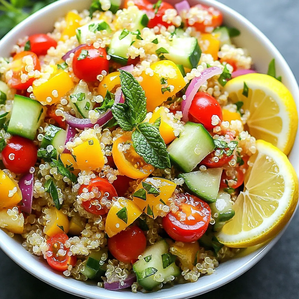 Um einen leckeren Zitronen-Kräuter-Quinoa-Salat zuzubereiten, benötigst du: - 1 Tasse Quinoa, gründlich gewaschen - 2 Tassen Gemüsebrühe oder Wasser - 1 Tasse Kirschtomaten, halbiert - 1 Gurke, gewürfelt - 1 Paprika (jede Farbe), gewürfelt - 1/4 rote Zwiebel, fein gehackt - 1/4 Tasse frische Petersilie, gehackt - 1/4 Tasse frische Minzblätter, gehackt - Saft von 1 Zitrone - 3 Esslöffel Olivenöl - Salz und Pfeffer nach Geschmack Verwende frische und hochwertige Zutaten. Achte darauf, dass die Quinoa gut gewaschen ist. Dies entfernt Bitterstoffe. Die Gemüsebrühe sorgt für mehr Geschmack. Wähle reife und saftige Kirschtomaten. Die Gurke und Paprika sollten knackig sein. Frische Kräuter bringen den besten Geschmack. Falls du keine Quinoa hast, kannst du Bulgur oder Couscous probieren. Statt Kirschtomaten kannst du auch normale Tomaten nutzen. Paprika kann durch Karotten ersetzt werden. Neben Petersilie und Minze sind auch Basilikum oder Dill lecker. Verwende Limettensaft, wenn du keinen Zitronensaft hast. {{ingredient_image_2}} Um die Quinoa zuzubereiten, beginne mit einer Tasse Quinoa. Es ist wichtig, die Quinoa gut zu waschen. Das entfernt Bitterstoffe. Gib dann die gewaschene Quinoa in einen mittelgroßen Topf. Füge zwei Tassen Gemüsebrühe oder Wasser hinzu. Bring die Mischung zum Kochen. Reduziere die Hitze dann auf niedrig. Decke den Topf ab und lasse die Quinoa etwa 15 Minuten köcheln. Sie sollte fluffig sein und die gesamte Flüssigkeit aufgesogen haben. Nimm den Topf vom Herd und lasse die Quinoa für fünf Minuten ruhen. Lockere sie vorsichtig mit einer Gabel auf und lasse sie abkühlen. Während die Quinoa abkühlt, bereite das Gemüse vor. Halbiere eine Tasse Kirschtomaten. Das gibt süßen Geschmack. Würfle eine Gurke und eine Paprika. Eine Paprika in jeder Farbe sorgt für mehr Farbe im Salat. Hacke eine viertel rote Zwiebel fein. Für frische Aromen hacke auch eine viertel Tasse frische Petersilie und eine viertel Tasse Minzblätter. Das gibt dem Salat einen tollen Duft. In einer großen Schüssel kombinierst du die abgekühlte Quinoa mit dem Gemüse. Füge die Kirschtomaten, Gurke, Paprika, rote Zwiebel, Petersilie und Minze hinzu. In einer kleinen Schüssel mischst du den Saft von einer Zitrone, drei Esslöffel Olivenöl, Salz und Pfeffer. Rühre alles gut durch. Gieße das Dressing über den Quinoa-Salat. Mische vorsichtig, damit alle Zutaten gut überzogen sind. Schmecke den Salat ab und passe die Gewürze an. Lasse den Salat mindestens 30 Minuten im Kühlschrank ziehen. So verbinden sich die Aromen und machen den Salat noch besser. Quinoa ist einfach zuzubereiten, wenn du einige Tipps beachtest. Zuerst wasche die Quinoa gut. Das entfernt Bitterstoffe. Koche sie in Gemüsebrühe für mehr Geschmack. Verwende das richtige Verhältnis. Zwei Tassen Flüssigkeit für eine Tasse Quinoa sind ideal. Lass die Quinoa nach dem Kochen ruhen. So wird sie fluffig und locker. Um den Geschmack zu verfeinern, probiere frische Kräuter. Petersilie und Minze bringen Frische. Eine Prise Chili oder Knoblauch kann auch lecker sein. Das Dressing mit Zitronensaft und Olivenöl ist einfach, aber wirkungsvoll. Schmecke es ab und passe es an. Ein wenig mehr Salz oder Pfeffer kann den Unterschied machen. Präsentiere den Salat in einer großen Schüssel. Das sieht schön aus und lädt zum Teilen ein. Garniere mit frischer Petersilie oder Minze. Zitronenscheiben an der Seite geben extra Farbe. Stelle den Salat vor dem Servieren in den Kühlschrank. So ziehen die Aromen gut durch und der Salat bleibt frisch. Pro Tipps Quinoa richtig kochen: Achte darauf, die Quinoa gründlich zu waschen, um Bitterstoffe zu entfernen. Dies verbessert den Geschmack des Salats erheblich. Frisches Gemüse verwenden: Nutze frisches, saisonales Gemüse für den besten Geschmack und die beste Textur. Das steigert die Frische des Salats. Dressings im Voraus zubereiten: Bereite das Dressing im Voraus zu und lasse es einige Minuten ruhen, damit sich die Aromen entfalten können, bevor du es über den Salat gießt. Salat ziehen lassen: Lass den Salat mindestens 30 Minuten im Kühlschrank ziehen, damit sich die Aromen gut verbinden und intensiver werden. {{image_4}} Du kannst viele Zutaten hinzufügen, um den Salat zu variieren. Zum Beispiel: - Feta-Käse für einen cremigen Geschmack - Avocado für mehr gesunde Fette - Schwarze Bohnen für zusätzlichen Proteingehalt - Nüsse wie Mandeln oder Walnüsse für einen Crunch Diese Zutaten verleihen dem Salat neue Texturen und Aromen. Sei kreativ und finde heraus, was dir am besten schmeckt. Wenn du spezielle Diäten befolgst, kannst du den Salat leicht anpassen. Für Veganer: - Lass den Feta-Käse weg oder verwende eine pflanzliche Alternative. Für glutenfreie Optionen: - Quinoa ist von Natur aus glutenfrei. Du kannst auch Reis oder Buchweizen verwenden. Falls du eine Low-Carb-Diät machst: - Ersetze die Kirschtomaten durch Radieschen oder Zucchini. Diese Anpassungen machen den Salat für jeden geeignet. Der Zitronen-Kräuter-Quinoa-Salat kann das ganze Jahr über genossen werden. Im Frühling: - Füge frische Erbsen oder Spargel hinzu. Im Sommer: - Verwende reife Pfirsiche oder Melonen für eine süße Note. Im Herbst: - Probiere geröstete Kürbiswürfel oder Cranberries. Im Winter: - Füge Rote Bete oder geröstete Karotten hinzu. Saisonale Zutaten bringen frische Farben und Geschmäcker in dein Gericht. Um deinen Zitronen-Kräuter-Quinoa-Salat frisch zu halten, gib ihn in einen luftdichten Behälter. Stelle sicher, dass der Behälter gut verschlossen ist, um Luft und Feuchtigkeit fernzuhalten. So bleiben die Zutaten knackig und geschmackvoll. Du kannst den Salat auch in kleinere Portionen aufteilen, um ihn leichter zu lagern. Der Salat hält sich gut im Kühlschrank für etwa 3 bis 5 Tage. Achte darauf, ihn vor dem Verzehr gut durchzumischen. Wenn du einen frischen Geschmack möchtest, füge etwas Zitronensaft oder Olivenöl hinzu, bevor du ihn servierst. In der Regel isst man diesen Salat kalt. Wenn du ihn dennoch erwärmen möchtest, mache das vorsichtig. Erwärme ihn in der Mikrowelle für 30 Sekunden bis 1 Minute. Rühre dabei gut um, damit er gleichmäßig warm wird. Achte darauf, dass das Gemüse nicht matschig wird. Um einen Zitronen-Kräuter-Quinoa-Salat zu machen, folge diesen Schritten: 1. Wasche 1 Tasse Quinoa gut. 2. Koche die Quinoa in 2 Tassen Gemüsebrühe oder Wasser. 3. Reduziere die Hitze und decke den Topf ab. 4. Lasse die Quinoa 15 Minuten köcheln. 5. Nimm den Topf vom Herd und lasse die Quinoa 5 Minuten ruhen. 6. Lockere die Quinoa mit einer Gabel auf und lasse sie abkühlen. 7. Bereite das Gemüse vor: Halbiere 1 Tasse Kirschtomaten, würfle 1 Gurke und 1 Paprika. 8. Hacke 1/4 rote Zwiebel, 1/4 Tasse Petersilie und 1/4 Tasse Minze. 9. Mische die abgekühlte Quinoa mit dem Gemüse in einer großen Schüssel. 10. Mische Zitronensaft, 3 Esslöffel Olivenöl, Salz und Pfeffer in einer kleinen Schüssel. 11. Gieße das Dressing über den Salat und vermenge alles gut. 12. Lasse den Salat 30 Minuten im Kühlschrank ziehen. Quinoa ist sehr gesund. Es enthält viel Protein und ist glutenfrei. - Quinoa hat alle neun wichtigen Aminosäuren. - Es ist reich an Ballaststoffen, die gut für die Verdauung sind. - Quinoa enthält viele Vitamine und Mineralien. - Es ist gut für das Herz und hilft, den Blutzucker zu regulieren. Dank dieser Vorteile kann Quinoa Teil einer gesunden Ernährung sein. Ja, du kannst das Rezept im Voraus zubereiten. Der Salat schmeckt sogar besser, wenn er eine Zeit lang zieht. - Bereite die Quinoa und das Gemüse vorher vor. - Mische alles zusammen und lasse es im Kühlschrank. - Der Salat bleibt bis zu drei Tage frisch. Das spart Zeit und macht das Essen einfach. Quinoa ist vielseitig und einfach zuzubereiten. Wir haben die besten Zutaten und Tipps geteilt. Achte auf die Qualität der Zutaten für den besten Geschmack. Mit unseren Schritt-für-Schritt-Anleitungen gelingt dir jeder Salat. Variiere nach Lust und Laune mit saisonalen Zutaten. Richtig gelagert, bleibt dein Gericht frisch und lecker. Nutze unsere FAQs, um Fragen schnell zu klären. Experimentiere und finde deinen perfekten Quinoa-Salat. So machst du jedes Essen besonders und gesund.