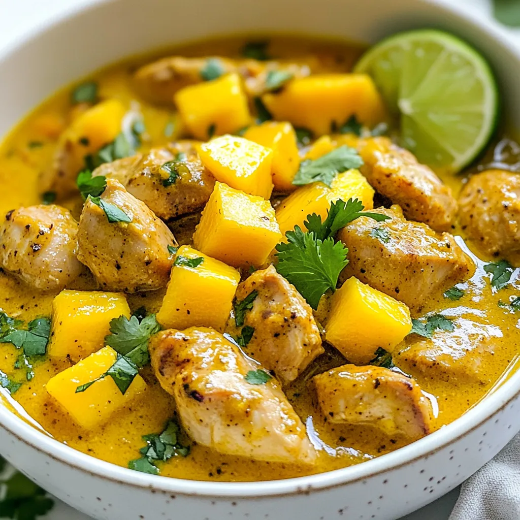 Für ein köstliches Mango Chicken Curry brauchst du: - 450g Hähnchenschenkel ohne Knochen, in Stücke geschnitten - 1 reife Mango, geschält und gewürfelt - 1 große Zwiebel, fein gehackt - 3 Knoblauchzehen, fein gehackt - 2 cm Ingwer, gerieben - 1 Dose Kokosmilch (400 ml) - 2 Esslöffel Curry-Pulver - 1 Teelöffel Kurkuma-Pulver - 1 Teelöffel Garam Masala - 2 Esslöffel Pflanzenöl - Salz und Pfeffer nach Geschmack - Frischer Koriander zur Garnierung - 1 Limette, in Spalten geschnitten, zum Servieren Diese Zutaten geben deinem Curry die perfekte Mischung aus Geschmack und Textur. Die Gewürze sind das Herzstück jedes Currys. Curry-Pulver bringt Tiefe und Farbe. Kurkuma gibt eine schöne goldene Farbe und hilft auch bei der Gesundheit. Garam Masala fügt eine warme und würzige Note hinzu. Diese Gewürze harmonieren wunderbar mit der süßen Mango. Sie machen das Gericht nicht nur lecker, sondern auch sehr aromatisch. Wähle eine Mango, die leicht weich ist, wenn du sie drückst. Die Haut sollte eine schöne, gleichmäßige Farbe haben. Achte darauf, dass keine dunklen Flecken oder Druckstellen vorhanden sind. Eine reife Mango hat einen süßen Duft. Diese Frucht bringt Frische und Süße in dein Curry. Wenn du keine reife Mango findest, kannst du auch gefrorene Mangostücke verwenden. Sie sind eine gute Alternative. {{ingredient_image_2}} Erhitze das Pflanzenöl in einer großen Pfanne bei mittlerer Hitze. Füge die gehackte Zwiebel hinzu und brate sie für etwa fünf Minuten an, bis sie glasig ist. Dies hilft, die Süße der Zwiebel zu entfalten. Jetzt kommt der Knoblauch und der Ingwer. Rühre sie für eine Minute ein, bis sie duften. Dann gib die Hähnchenstücke in die Pfanne. Würze sie mit Salz und Pfeffer. Brate das Hähnchen für fünf bis sieben Minuten an, bis es goldbraun ist. Dies gibt dem Gericht eine schöne Farbe und Textur. Streue das Curry-Pulver, Kurkuma und Garam Masala über das Hähnchen. Rühre alles gut um, damit die Gewürze das Hähnchen gleichmäßig umhüllen. Jetzt ist es Zeit für die Kokosmilch und die gewürfelte Mango. Gib beides in die Pfanne und vermische alles gut. Lass das Curry leicht simmern und reduziere die Hitze. Lasse es 15 bis 20 Minuten köcheln, damit sich die Aromen verbinden. Prüfe die Konsistenz. Wenn das Curry zu dick ist, füge einen Schuss Wasser hinzu. Abschmecken und nach Bedarf nachwürzen. Ein häufiger Fehler ist das Überkochen des Hähnchens. Achte darauf, es nicht zu lange zu braten. Hähnchen sollte saftig bleiben. Ein weiteres Problem ist, die Gewürze nicht richtig einzuarbeiten. Streue sie gleichmäßig über das Hähnchen und rühre gut um. So entfalten sie ihr volles Aroma. Die richtige Konsistenz ist wichtig für ein gutes Curry. Wenn es zu dick ist, füge einfach einen Schuss Wasser hinzu. Lass das Curry sanft köcheln, damit sich die Aromen gut verbinden. Wenn du es zu flüssig findest, lass es länger kochen, um die Soße etwas einzuweichen. Wenn du keine frische Mango hast, kannst du auch Mango-Püree verwenden. Das gibt dir den gleichen süßen Geschmack. Bei Allergien gegen Kokosnuss kannst du Mandelmilch oder Sojamilch verwenden. Diese Optionen sind ebenfalls lecker. Wenn du keine speziellen Gewürze hast, probiere einfach eine fertige Currymischung. Pro Tipps Frische Mango auswählen: Achten Sie darauf, eine reife und süße Mango zu wählen, um den besten Geschmack zu erzielen. Eine leicht weiche Mango ist ideal. Das Hähnchen marinieren: Marinieren Sie die Hähnchenstücke für mindestens 30 Minuten in Gewürzen, um die Aromen zu intensivieren. Kokosmilch nicht überhitzen: Achten Sie darauf, die Kokosmilch nicht zu stark zu kochen, da sie sonst gerinnen kann. Sanftes Simmern ist der Schlüssel. Variationen ausprobieren: Fügen Sie zusätzliches Gemüse wie Paprika oder Zucchini hinzu, um das Gericht noch nahrhafter zu machen. {{image_4}} Du kannst Mango Chicken Curry leicht vegetarisch oder vegan machen. Ersetze das Hähnchen durch Tofu oder Kichererbsen. Tofu sollte gut gewürzt und goldbraun gebraten werden. Kichererbsen aus der Dose sind praktisch und geben eine gute Textur. Du kannst auch Gemüse wie Zucchini oder Paprika hinzufügen. Diese Optionen bringen neue Aromen und machen das Gericht nahrhaft. Das Curry kann auch variieren, je nach deinem Geschmack. Füge mehr Curry-Pulver für mehr Schärfe hinzu. Außerdem kannst du andere Gewürze wie Kreuzkümmel oder Chili verwenden. Für eine süßere Note, probiere Zimt oder Anis. Mische die Gewürze nach deinem Wunsch. So wird das Gericht immer wieder neu und spannend. Serviere das Curry mit Basmati-Reis oder Naan-Brot. Diese Beilagen nehmen die köstliche Sauce auf. Du kannst auch einen frischen Salat dazu reichen. Ein Gurkensalat wirkt erfrischend und balanciert die Aromen. Limettenspalten sind ebenfalls eine tolle Ergänzung, um dem Gericht einen zusätzlichen Kick zu verleihen. Lagere dein Mango Chicken Curry in einem luftdichten Behälter. Lass das Curry zuerst abkühlen. Nach dem Abkühlen kannst du den Behälter schließen. Bewahre es im Kühlschrank auf. So bleibt es frisch und lecker. Um das Curry wieder zu erwärmen, kannst du es in einer Pfanne oder der Mikrowelle erhitzen. In der Pfanne erwärmst du es bei mittlerer Hitze. Rühre oft um, damit es gleichmäßig warm wird. In der Mikrowelle kannst du es in kurzen Intervallen erhitzen. Überprüfe die Temperatur nach jedem Intervall. Im Kühlschrank hält sich das Curry etwa 3 bis 4 Tage. Achte darauf, es gut zu verschließen. Für eine längere Haltbarkeit kannst du das Curry einfrieren. Im Gefrierschrank bleibt es bis zu 3 Monate frisch. Stelle sicher, dass es in einem gefrierfesten Behälter ist. So bleibt der Geschmack und die Textur erhalten. Wenn dein Curry zu scharf ist, gibt es einfache Lösungen. Du kannst mehr Kokosmilch hinzufügen. Das macht das Curry milder. Auch ein Löffel Zucker kann helfen. Zucker gleicht die Schärfe aus. Eine weitere Option ist, etwas Joghurt einzurühren. Joghurt bringt Cremigkeit und lindert die Schärfe. Ja, du kannst gefrorenes Hähnchen verwenden. Achte darauf, das Hähnchen vorher gut aufzutauen. So garen die Stücke gleichmäßig. Wenn du gefrorenes Hähnchen direkt in die Pfanne gibst, wird das Curry wässrig. Es ist besser, das Hähnchen vor der Zubereitung zu tauen. Ja, Mango Chicken Curry eignet sich hervorragend für Meal Prep. Es lässt sich gut aufbewahren und schmeckt am nächsten Tag noch besser. Du kannst es in luftdichten Behältern im Kühlschrank lagern. So hast du ein schnelles Mittagessen oder Abendessen bereit. Erhitze es einfach in der Mikrowelle oder auf dem Herd. Das Mango Chicken Curry ist einfach und lecker. Wir haben die besten Zutaten und Gewürze besprochen. Außerdem gab es Tipps zur Zubereitung und häufigen Fehlern. Variationen wie vegetarische Optionen fügen Vielfalt hinzu. Die Aufbewahrungsinformationen zeigen, wie du Reste richtig lagerst. Es ist ein Gericht, das bei jedem Anlass gut ankommt. Experimentiere und finde deinen eigenen Stil. Du wirst es lieben, dein Curry zu kochen.
