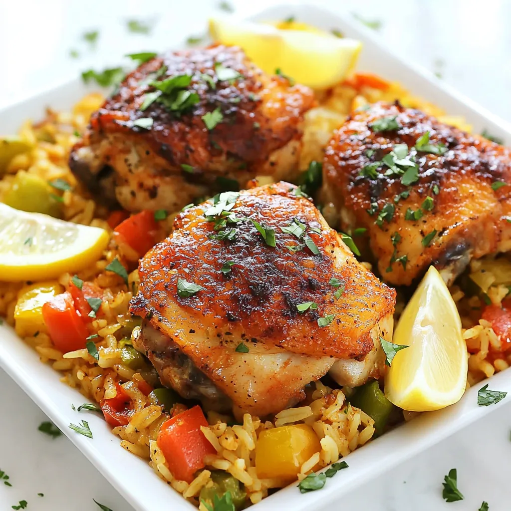 - 4 Hähnchenschenkel, mit Haut und Knochen - 1 Tasse Langkornreis - 1 Dose (400 g) gehackte Tomaten mit Saft - 1 mittelgroße Zwiebel, fein gehackt - 1 rote Paprika, gewürfelt - 1 grüne Paprika, gewürfelt - 3 Knoblauchzehen, gehackt Die Hauptzutaten sind einfach zu finden. Hähnchenschenkel geben viel Geschmack. Langkornreis macht das Gericht schön sättigend. Die Paprika und Zwiebel bringen Farbe und Süße. Die gehackten Tomaten fügen Frische hinzu. Knoblauch sorgt für einen tollen Duft. - 1 Teelöffel geräucherter Paprika - 1 Teelöffel getrockneter Oregano - 1/2 Teelöffel Safranfäden (optional) - Salz, Pfeffer nach Geschmack - 1 Esslöffel Olivenöl Die Gewürze sind der Schlüssel zu einem tollen Geschmack. Geräucherter Paprika gibt ein rauchiges Aroma. Oregano fügt eine Kräuternote hinzu. Safran ist teuer, macht das Gericht aber besonders. Olivenöl hilft, alles gut zu braten. - Frische Petersilie, gehackt - Zitronenschnitze Garnierungen machen das Gericht noch schöner und frischer. Petersilie bringt Farbe und einen frischen Geschmack. Zitronenschnitze helfen, das Essen aufzuhellen. Sie geben einen tollen Kick. {{ingredient_image_2}} Zuerst würze die Hähnchenschenkel. Verwende Salz, Pfeffer und geräucherten Paprika. Dies gibt dem Hähnchen einen tollen Geschmack. Erhitze dann das Olivenöl in einer großen Pfanne. Warte bis das Öl heiß ist, bevor du das Hähnchen hineinlegst. Brate das Hähnchen mit der Hautseite nach unten für 5 bis 7 Minuten. Es sollte goldbraun sein. Wende das Hähnchen und brate es für 3 bis 4 Minuten. Nimm das Hähnchen aus der Pfanne und stelle es beiseite. Reduziere die Hitze auf mittel. Jetzt ist es Zeit für das Gemüse. Gib die gehackte Zwiebel und gewürfelte Paprika in die Pfanne. Dünste alles für etwa 5 Minuten. Die Zwiebeln sollten glasig sein. Jetzt füge den gehackten Knoblauch hinzu. Koche es für eine weitere Minute. Der Duft wird fantastisch sein! Nimm den Langkornreis und rühre ihn in die Pfanne. Röste den Reis für 2 Minuten. Dies gibt dem Reis einen nussigen Geschmack. Füge nun die gehackten Tomaten mit ihrem Saft in die Pfanne. Gieße die Hühnerbrühe dazu. Füge auch den getrockneten Oregano und die optionalen Safranfäden hinzu. Lass die Mischung aufkochen. Lege die angebratenen Hähnchenschenkel auf die Reismischung. Die Hautseite sollte nach oben zeigen. Decke die Pfanne ab und senke die Hitze auf niedrig. Lass alles 25 bis 30 Minuten köcheln. Der Reis sollte zart sein und die Flüssigkeit aufgesogen haben. Nach dem Garen lockere den Reis mit einer Gabel. Lass das Gericht 5 Minuten ruhen, bevor du es servierst. Um das Hähnchen saftig zu halten, ist das richtige Anbraten wichtig. Beginne mit Hähnchenschenkeln, die du gut mit Salz, Pfeffer und geräuchertem Paprika würzt. Brate die Hähnchenschenkel in heißem Olivenöl an. Das sorgt für einen tollen Geschmack und eine schöne Farbe. Achte darauf, die Hautseite zuerst zu braten. Das gibt Geschmack ab und hält das Fleisch saftig. Der Reis braucht die richtige Menge Flüssigkeit. Ein Verhältnis von 1 Teil Reis zu 2 Teilen Brühe funktioniert gut. Verwende Hühnerbrühe anstelle von Wasser. So wird der Reis viel geschmackvoller. Röste den Reis leicht an, bevor du die Flüssigkeit hinzufügst. Das bringt den vollen Geschmack heraus. Sei kreativ mit den Gewürzen. Du kannst Oregano, Safran und sogar Chili hinzufügen, wenn du es schärfer magst. Probiere verschiedene Kombinationen aus. So passt du den Geschmack an deine Vorlieben an. Eine Prise frischer Kräuter am Ende bringt Frische. Pro Tipps Hähnchen marinieren: Marinieren Sie die Hähnchenschenkel mindestens 30 Minuten vor dem Braten, um den Geschmack zu intensivieren. Reis abspülen: Spülen Sie den Reis vor dem Kochen gründlich ab, um überschüssige Stärke zu entfernen und ein klebriges Ergebnis zu vermeiden. Gemüse variieren: Fügen Sie zusätzliches Gemüse wie Zucchini oder Erbsen hinzu, um das Gericht noch bunter und nahrhafter zu gestalten. Ruhen lassen: Lassen Sie das Gericht nach dem Kochen für 5-10 Minuten ruhen, damit sich die Aromen besser entfalten können. {{image_4}} Du kannst das Hähnchen ganz einfach durch Tofu ersetzen. Wähle festen Tofu. Schneide ihn in Würfel und brate ihn an. So erhält der Tofu eine schöne Farbe. Verwende auch Gemüsebrühe anstelle von Hühnerbrühe. Das gibt deinem Gericht viel Geschmack. Du kannst auch Gemüse wie Zucchini oder Karotten hinzufügen. Das macht dein Gericht noch bunter und gesünder. Füge Erbsen oder Bohnen hinzu, um mehr Textur zu bekommen. Sie sind gesund und lecker. Du kannst auch verschiedene Paprika-Sorten nutzen. Eine gelbe oder orange Paprika bringt mehr Farbe ins Spiel. Das Auge isst mit! Du kannst auch etwas Spinat oder Brokkoli hinzufügen. Diese Zutaten machen das Gericht nahrhafter und interessanter. Wenn du es scharf magst, füge Chili hinzu. Das gibt deinem Gericht einen schönen Kick. Experimentiere auch mit Kräutern wie Thymian oder Basilikum. Diese Kräuter bringen frische Aromen. Du kannst auch Kreuzkümmel probieren. Er gibt dem Gericht einen besonderen Geschmack. Sei kreativ und finde deine Lieblingsgewürze! Bewahre die Reste in luftdichten Behältern auf. So bleibt das Gericht frisch. Es hält sich bis zu drei Tage im Kühlschrank. Stelle sicher, dass die Reste gut abgekühlt sind, bevor du sie einfüllst. So vermeidest du Kondenswasser im Behälter. Wenn du die Reste länger aufbewahren möchtest, friere sie ein. Achte darauf, dass die Reste in geeigneten Behältern sind. Verwende gefrierfreundliche Beutel oder Behälter. Du kannst das Gericht bis zu drei Monate einfrieren. Zum Auftauen lege die Reste einfach über Nacht in den Kühlschrank. So bleiben der Geschmack und die Textur besser erhalten. Um das Gericht wieder warm zu machen, nutze die Pfanne oder die Mikrowelle. Wenn du die Pfanne benutzt, füge etwas Hühnerbrühe oder Wasser hinzu. Das sorgt für mehr Geschmack und Feuchtigkeit. In der Mikrowelle erhitze das Gericht in kurzen Abständen und rühre zwischendurch um. So wird das Essen gleichmäßig warm. Die Zubereitung dauert etwa 15 Minuten. Die Kochzeit beträgt rund 30 Minuten. Insgesamt brauchst du etwa 50 Minuten für dieses Gericht. Ja, du kannst das Rezept nach deinem Geschmack anpassen. Du kannst zum Beispiel das Huhn durch Tofu ersetzen. Auch das Gemüse kannst du variieren. Füge einfach dein Lieblingsgemüse hinzu, wie Zucchini oder Erbsen. Ja, dieses Rezept ist glutenfrei. Achte jedoch darauf, dass die Brühe und die anderen Zutaten ebenfalls glutenfrei sind. So kannst du sicher sein, dass du ein sicheres Gericht hast. Um den Reis fluffiger zu machen, spüle ihn vor dem Kochen ab. Dies entfernt überschüssige Stärke. Koche den Reis in genügend Brühe für zusätzlichen Geschmack. Lass ihn nach dem Kochen etwas ruhen und lockere ihn mit einer Gabel auf. Das Ein-Pfannen Spanisches Hühnchen mit Reis ist einfach zuzubereiten und lecker. Wir haben die Hauptzutaten, die Schritte und viele nützliche Tipps behandelt. Experimentieren Sie mit Gewürzen und Variationen, um Ihr Gericht zu personalisieren. Denken Sie daran, die Reste richtig zu lagern und aufzuwärmen. So bleibt es frisch und schmackhaft. Kochen macht Spaß und bringt Abwechslung auf den Tisch! Probieren Sie es aus und genießen Sie Ihr leckeres Essen!